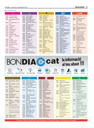 dilluns 21 de GENER de 2013                                                                                                                   televisió 15
PROGRAMACIÓ


06.00	 Noticias 24 horas.             06.00	    TVE es música.                06.00	   Notícies 3/24.             06.00	   Mic. (ST)                  07.00	 El zapping de Surfe-
                                      06.30	    That’s English.               08.00	   Els matins.                06.30	   Eliot Kid. (ST)                   ros.
06.30	 Telediario matinal.
                                      07.00	    Documental.                   13.05	   Rex. (ST)                  07.20	   Wickie, el viking. (ST)    08.30	 Lo sabe, no lo sabe.
09.00	 Los desayunos de TVE.          09.00	    El escarabajo verde.                                              07.50	   Doraemon. (ST)             09.30	 Caso abierto.
                                                                              14.00	   Telenotícies      comar-   08.40	   El petit Nicolas. (ST)
        (ST)                          09.30	    Aquí hay trabajo.                      ques.                                                          	      Joven prodigio.
                                                                                                                  09.00	   Mic. (ST)
10.15	 La mañana de La 1.             10.05	    La aventura del saber.        14.20	   El medi ambient. (ST)      09.40	   Els barrufets. (ST)        	      Alas.
                                                (ST)                                                              10.55	   Els misteris de l’Alfred   	      Fiebre por la lotería.
        (ST)                                                                  	        Tectònica de plaques: el
                                      11.00	    Documental. (ST)                                                           Ericó. (ST)                12.30	 Las mañanas de Cua-
14.05	 L’informatiu.                                                                   trencaclosques geològic.   11.20	   La classe dels titans.
                                      12.00	    Para todos La 2.                                                                                             tro.
                                      13.50	    Miradas 2.                    14.30	   Telenotícies migdia.                (ST)                       14.00	 Noticias Cuatro. (ST)
14.30	 Corazón.
                                      14.05	    Documental.                            (ST)                       12.05	   Gasp! (ST)                 14.50	 Deportes Cuatro. (ST)
15.00	 Telediario. (ST)                                                       15.40	   Cuines. (ST)               12.40	   La Betty atòmica. (ST)
                                      15.35	    Saber y ganar. (ST)                                                                                   15.45	 Castle.
16.05	 L’informatiu.                                                          15.50	   La Riera. (ST) (N)         13.29	   La lliga dels supermal-
                                      16.05	    Grandes documenta-                                                         vats. (ST)                 	      Bailando con la muerte.
16.15	 El tiempo.                               les.                          16.30	   Divendres. (ST)            14.05	   Fanboy i Chum Chum.        	      Amores que matan.
                                      18.00	    Docufilia.                    18.10	   Joséphine. (ST)            15.00	   Un drama total d’illa.     	      Un hombre de familia.
16.30	 Herederos. (ST)
                                      19.00	    El arca de Noé. (ST)          19.55	   Espai Terra. (ST)          15.40	   One piece. (ST)            18.20	 Te vas a enterar.
17.40	 Amores       verdaderos.       19.30	    Para todos La 2.              20.20	   El gran dictat. (ST)       16.30	   El xai Shaun.              20.00	 Noticias Cuatro.
        (ST)                          20.00	    L’informatiu.                                                     17.00	   Mic.                       21.00	 Deportes Cuatro.
                                                                              21.00	   Telenotícies     vespre.   17.40	   Una mà de contes.
18.30	 + Gente.                       20.30	    Cims.                                  (ST)                                                           21.30	 Lo sabe, no lo sabe.
                                                                                                                  17.55	   Papawa.
                                      21.00 	   Docufilia. (ST)               21.50	   Crackòvia. (ST)            18.15	   L’abella Maia.             22.30	 Mentes criminales.
21.00	 Telediario 2. (ST)             22.00	    Cinefilia.                                                                                            	      La lección.
                                                                              22.30	   Polseres      vermelles.   18.55	   Mofeta Kung Fu.
22.15	 El tiempo. (ST)                	         La joven del agua.                                                19.30	   Info K. (ST)               	      Heathride manor.
                                                                                       (ST) (N)
22.30	 Gran reserva. (ST)             23.50	    La 2 Noticias.                                                    19.45	   Rekkit, el conill màgic.   	      El intermediario.
                                                                              23.20	   Àgora.                     20.30	   Tom i Jerry. (ST)
                                      00.20	    El cine de La 2.                                                                                      	      El artista.
23.45	 Cinema.                        	         Una hora en su vida.          00.25	   TR3S.                      20.55	   Bola de drac Z Kai.        	      Más zorro.
	       Hotel Rwanda.                 01.40	    Los conciertos de Ra-         00.35	   Pel·lícula.                21.20	   La Riera. (ST)             02.30	 Ciudades del pecado
                                                                              	        La novena porta.           22.00	   Bestiari il·lustrat.
01.45	 La noche en 24 hores.                    dio 3.                                                            23.00	   Ànima. (ST)                	      Seattle.
                                      02.10	    Cine.                         02.40	   Divendres. (ST)            23.55	   Sputnik.                   02.45	 Puro Cuatro.
03.20 	 TVE es música.                                                        04.05	   Ritmes & Blues a l’es-
                                      	         Cuchillos de fuego.                                               00.50	   Explorar. (ST)             04.00	 Shopping.
05.30	 Noticias 24 h.                 03.45	    El escarabajo verde.                   tudi.                      01.45	   Extres. (ST)               05.15	 Puro Cuatro.




    BONDIA                                                                                    cat                               la informació
                                                                                                                                al teu abast !!!
                                                                                                                                23
                        Apunts d’Or




06.30	 Informativos Telecin-          06.00	    Minutos musicales.            00.00	   Televenda.                 07.45	 Al rojo vivo.                07.00	   Martial law.
       co.                            06.15	    Noticias de la mañana.        00.30	   Bonus music.               09.30	 Crímenes imperfectos.        08.15	   8 al dia matí.
                                      08.55	    Espejo público.               07.00	   Cafeïna (red.)                    (ST)                         08.45	   Equip de reporters.
08.55	 El programa de Ana                                                     08.00	   Club Banyetes.
                                      12.00	    Karlos Arguiñano en                                               10.45	 Informe criminal. (ST)       09.10	   Televenda.
       Rosa.                                                                  08.15	   Info Noguera.
                                                tu cocina. (ST)                                                   12.25	 Al rojo vivo.                11.10	   Misterios en la cárcel.
12.45	 Mujeres y hombres y                                                    09.00	   Lleida al dia.
                                      12.30	    La ruleta de la suerte.
       viceversa.                                                             10.30	   Cafeïna (red.)             	      Espai presentat per An-      12.45	   Martial law.
                                                (ST)                          11.30	   La 7mana.
14.30	 De buena ley.                                                                                                     tonio G. Ferreras.           13.30	   Arucitys.
                                      14.00	    Los Simpson. (ST)             12.00	   Especial Fira Oli.         14.00	 laSexta/noticias. (ST)       	        Amb Alfons Arús.
15.00	 Informativos Telecin-          	         El peor episodio de la his-   12.30	   7 dies.
                                                toria.                        13.30	   Aula emprenedora.          14.55	 laSexta deportes. (ST)       16.30	   La pel·lícula.
       co. (ST)
                                      	         Hasta lueguito cerebrito.     14.00	   Notícies migdia.           15.35	 Bones.                       	        La verdad sobre Jane.
16.00	 Sálvame diario.
                                      15.00	    Antena 3 Noticias 1.          14.45	   Aran tv.                   	      La becaria en la incinera-            Amb Stockard Chan-
20.00	 Pasapalabra.                                                           15.00	   Cafeïna.
                                      15.45	    Deportes.                                                                dora.                                 ning, Ellen Muth, Kelly
21.00	 Informativos Telecin-                                                  16.00	   Notícies migdia.
                                      16.00	    Tu tiempo con Roberto                                             	      El chico de la cápsula del            Rowan, Jenny O’Hara.
       co.                                                                    16.50	   La conquesta de l’ai-
                                                Brasero.                                                                 tiempo.                      18.00	   Martial law.
22.00	 Salami,       huevones,                                                         gua.
                                      16.15	    Amar es para siempre.         17.00	   Gaudeix la festa.          	      El caballero del tablero.    18.50	   8 al dia.
       mandangas y tomas              17.15	    El secreto de Puente          17.30	   L’observatori econò-       18.05	 Más vale tarde.              	        Amb Josep Cuní.
       falsas.                                  Viejo. (ST)                            mic.                       20.00	 laSexta noticias. (ST)       22.15	   Gran Cinema.
22.30	 La que se avecina.             18.45	    Ahora caigo.                  18.00	   El flaix.                  21.00	 laSexta deportes.            	        El mariachi. Amb Carlos
	      Una eco-finca, un obús y       19.45	    Atrapa un millón. (ST)        18.30	   Club Banyetes.
                                                                              18.45	   L’última troballa.         21.30	 El intermedio.                        Gallardo, Peter Mar-
       una inseminación satáni-       21.00	    Antena 3 Noticias 2.
                                                                              19.15	   Aran tv.                   22.25	 El mentalista.                        quardt, Consuelo Gó-
                                      21.30	    Deportes.
       ca.                                                                    19.30	   Esports en xarxa.          	      Contienda de sangre.                  mez, Jaime de Hoyos.
                                      21.40	    La previsión de las 9.
	      Un tiburón, un desahucio                                               20.00	   Notícies vespre.           	      Secretaria roja.             23.45	   Pel·lícula.
                                      21.45	    El hormiguero 3.0.
       y las gambas del apocalip-                                             20.45	   El temps.                  	      Más valioso que un rubí.
                                      22.40	    Tu cara me suena.                                                                                     	        El código esmeralda. Amb
                                                                              20.50	   Lliure i directe.
       sis.                           00.45	    Vaya casas.                   21.00	   Escenaris.                 	      Lanzando fuego.                       Ed Harris, Helmut Ber-
02.00	 Premier casino.                02.00	    Ganing casino.                21.30	   Lleida al dia.             	      De color de rosa.                     ger, Horst Buchholz.
05.00	 Fusión sonora.                 05.00	    Minuts musicals.              23.00	   Al cap del dia.            02.15	 Astro TV.                    01.20	   Clips.


                          (E) Estéreo // (D) Dual // (VOS) Versió original subtitulada // (ST) Subtítol al Teletext // (N) Comentaris per invidents
 