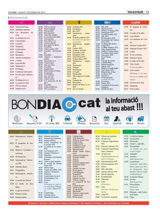 dijous 7 de febrer de 2013                                                                                                                     televisió 15
PROGRAMACIÓ


06.00	 Noticias 24 horas.                06.00	    TVE es música.             06.00	    Notícies 3/24.              06.00	   Mic. (ST)                  07.00	 El zapping de Surfe-
                                         06.30	    That’s English.            08.00	    Els matins.                 06.30	   Eliot Kid. (ST)
06.30	 Telediario matinal.                                                                                                                                        ros.
                                         07.00	    Documental.                13.05	    Rex. (ST)                   07.23	   Wickie, el viking. (ST)
09.00	 Los     desayunos        de       09.00	    Ruta Quetzal.              14.00	    Telenotícies      comar-    07.50	   Doraemon. (ST)             08.45	 Lo sabe, no lo sabe.
                                         09.30	    Aquí hay trabajo.                                                08.42	   El petit Nicolas. (ST)
       TVE.                                                                             ques.
                                         10.05	    La aventura del saber.                                           09.00	   Mic. (ST)                  09.45	 Caso abierto.
10.15	 La mañana de La 1.                                                     14.20	    El medi ambient. (ST)       09.40	   Els barrufets. (ST)
                                         11.00	    Documental.                	         Els remeis dels pescadors                                       12.30	 Las mañanas de Cua-
14.00	 L’informatiu.                     12.00	    Para todos La 2.                                                 10.55	   Els misteris de l’Alfred
                                                                                        2: la ciència.                       Ericó. (ST)                          tro.
14.30	 Corazón.                          13.40	    Cámara abierta.
                                                                              14.30	    Telenotícies migdia.        11.20	   La classe dels titans.
                                         13.55	    Jose made in Spain.                                              12.07	   Gasp! (ST)                 14.00	 Noticias Cuatro. (ST)
15.00	 Telediario.                       14.45	    Docufilia.                           (ST)
                                                                              15.40	    Cuines. (ST)                12.45	   La Betty atòmica. (ST)
16.05	 L’informatiu.                     15.35	    Saber y ganar. (ST)                                              13.30	   Lliga supermalvats.        14.50	 Deportes Cuatro. (ST)
                                         16.05	    Grandes documenta-         15.50	    La Riera. (ST) (N)
16.15	 El tiempo.                                                                                                   14.08	   Fanboy i Chum Chum.        15.45	 Castle.
                                                   les.                       16.35	    Divendres. (ST)             14.55	   Un drama total, acció!.
16.30	 Herederos.                        18.00	    Docufilia.                 18.15	    Joséphine. (ST)             15.40	   One piece. (ST)            18.20	 Te vas a enterar.
                                         19.00	    América e Indonesia        19.57	    Espai Terra. (ST)           16.30	   El xai Shaun.
17.40	 Amores verdaderos.                                                                                                                               20.00	 Noticias Cuatro.
                                                   mítica.                    20.20	    El gran dictat. (ST)        17.00	   Mic.
18.30	 + Gente.                          19.30	    Para todos La 2.           21.00	    Telenotícies     vespre.    17.48	   Una mà de contes.          21.00	 Lo sabe, no lo sabe.
19.00 	 Copa del Rei                     20.00	    L’informatiu.                        (ST)                        18.00	   L’abella Maia.
                                         20.30	    Tinc una idea.                                                   18.50	   Mofeta Kung Fu.            22.30	 Cine Cuatro.
21.00	 Telediario 2.                                                          21.50	    Veterinaris.
                                         21.00 	   Docufilia.                                                       19.30	   Info K. (ST)               	         Ni una sola palabra.
                                                                              22.25	    Polònia.                    19.44	   Rekkit, el conill màgic.
22.15	 El Tiempo.                        21.55	    Imaginantes.               23.05	    Hawthorne.
                                         22.00	    Bienvenidos al Norte.                                            20.30	   Tom i Jerry. (ST)          00.30	 Cine Cuatro.
22.30	 Cuéntame cómo pasó.                                                    23.50	    Lost girl.                  20.55	   Bola de drac Z Kai.
                                         23.45	    En portada.                                                                                          	         Millenium 1: Los hom-
23.50	 Un país para comérse-                                                  00.43	    Psychovillr.                21.20	   La Riera. (ST)
                                         00.30	    La 2 Noticias.                                                   22.00	   Cinema 3.
                                         01.00	    Días de cine.              01.12	    The League of Gentle-                                                     bres que no amaban a las
       lo.                                                                              men.                        22.35	   El documental.
                                         02.00	    Somos cortos.                                                    	        La samba dins meu.                   mujeres.
00.30	 El debate de La 1.                02.40	    Los conciertos de Ra-      01.41 	   Comedy Inc.
                                                                                                                    23.28	   La sonora.
02.00	 La noche en 24 H.                           dio 3.                     02.02	    Divendres.                  23.56	   Extres. (ST)               03.00	 La línea de la vida.
                                         03.10	    Docufilia.                 03.32	    Ritmes & Blues a l’es-      00.51	   La història de les mate-
03.35 	 TVE es música.                                                                                                                                  04.00	 Shopping.
                                         03.55	    Zoom tendencias.                     tudi.                                màtiques.
05.30	 Noticias 24 h.                    04.10	    TVE es música.             05.32	    Jazz a l’estudi.            01.49	   Retalls de món.            05.15	 Puro Cuatro.




 BONDIA                                                                                        cat                                la informació
                                                                                                                                  al teu abast !!!
                                                                                                                                  23
                        Apunts d’Or




06.30	 Informativos Telecin-             06.00	    Minutos musicales.         07.00	    Cafeïna (red.)              06.00	 laSexta en concierto.        07.10	    La doctora Quinn.
                                         06.15	    Noticias de la mañana.     08.00	    Club Banyetes.              07.45	 Al rojo vivo.                07.55	    8 al dia matí.
       co.                               08.55	    Espejo público.            08.15	    Notícies vespre (red.)
                                                                              09.00	    Lleida al dia.              09.30	 Crímenes imperfectos.        08.55	    Televenda.
08.55	 El programa de Ana                12.00	    Karlos Arguiñano en
                                                   tu cocina. (ST)            10.30	    Cafeïna (red.)                     (ST)                         10.55	    Casats i... amb fills.
       Rosa.                                                                  11.30	    Tendències (red.)           10.45	 Informe criminal. (ST)       11.25	    Documental.
                                         12.30	    La ruleta de la suerte.
                                                                              12.00	    Gentilisis (red.)
                                                   (ST)                       12.30	    Mirades (red.)              11.30	 Crímenes imperfectos:        	         Los faraones que cons-
12.45	 Mujeres y hombres y
                                         14.00	    Los Simpson. (ST)          12.50	    Debat Lleida Activa                ricos y famosos.                       truyeron Egipto.
       viceversa.                        15.00	    Antena 3 Noticias 1.                 (red.)                      12.30	 Al rojo vivo.                12.15 	   Colombo.
                                         15.45	    Deportes.                  13.30	    Univers de formació.
14.30	 De buena ley.                     16.00	    Tu tiempo con Roberto      14.00	    Notícies migdia.            	      Espai presentat per An-      13.30	    Arucitys.
                                                   Brasero.                   14.45	    Aran tv.                           tonio G. Ferreras.           	         Amb Alfons Arús.
15.00	 Informativos Telecin-                                                  15.00	    Cafeïna.
                                         16.15	    Amar es para siempre.                                            14.00	 laSexta/noticias. (ST)       16.30	    La pel·lícula.
       co. (ST)                          17.30	    El secreto de Puente       16.00	    Notícies migdia (red.)
                                                                              16.45	    Farmàcies (red.)            15.00	 laSexta deportes. (ST)       	         Fragmemts. Amb Sílvia
                                                   Viejo. (ST)
16.00	 Sálvame diario.                                                        17.00	    Promo.                      15.35	 Bones.                                 Munt, Chete Lera, Bru-
                                         18.45	    Ahora caigo.               17.30	    Gaudeix la festa.
                                         19.45	    Atrapa un millón. (ST)                                           18.05	 Más vale tarde.                        no Bergonzoni, Ivan
20.15	 Pasapalabra.                                                           18.00	    De tee green.
                                         21.00	    Antena 3 Noticias 2.       18.30	    Club Banyetes.              20.00	 laSexta noticias. (ST)                 Morales, Marina Gatell
21.00	 Informativos Telecin-             21.30	    Deportes.                  18.45	    Fórmula Pi.                 21.00	 laSexta deportes.                      i Eulàlia Ramon.
                                         21.40	    La previsión de las 9.     19.15	    Aran tv (red.)              21.30	 El intermedio.               18.10	    La doctora Quinn.
       co.
                                         21.45	    El hormiguero 3.0.         19.30	    Esports en xarxa.
                                                                              20.00	    Notícies vespre.            22.25	 Filmaniac.                   19.10	    8 al dia.
22.00	 La noche por dentro.              22.40	    El barco.
                                         00.00	    Cine.                      20.50	    La conquesta de l’ai-       22.30	 Cine.                        	         Amb Josep Cuní.
22.30	 La    noche      de    José       	         El fantasma de High Ri-              gua.                        	      El Patrullero.               22.15	    Prison Break.
                                                                              21.00	    Central de neu.
       Mota.                                       ver. Amb Beau Bridges,                                           00.15	 Cine.                        	         Orientación.
                                                                              21.30	    Lleida al dia.
                                                   J.T. Ginnis, Miguel Fer-   23.00	    Al cap del dia.             	      Mad Max. Salvajes de au-     	         Fuego / Agua.
23.45	 La que se avecina.                          rer.                       00.00	    Televenda.
                                         01.30	    Canal bingo.                                                            topista.	                    00.35	    Misteris... amb Sebas-
02.00	 Premier casino.                                                        00.30	    Notícies vespre (red.)
                                         04.45	    Ganing casino.             01.15	    Cafeïna (red.)              02.00	 Astro TV.                              tià d’Arbó.
05.00	 Fusión sonora.                    05.00	    Minutos musicales.         02.00	    Bonus music.                06.00	 La Sexta en concierto.       01.35	    Clips.


                             (E) Estéreo // (D) Dual // (VOS) Versió original subtitulada // (ST) Subtítol al Teletext // (N) Comentaris per invidents
 