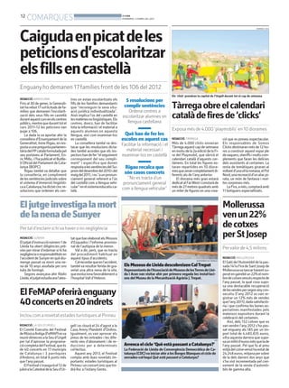 12
     COMARQUES                                                                BONDIA
                                                                              DIVENDRES, 5 D’ABRIL DEL 2013




Caigudaenpicatdeles
                                                                                                                                                                                  DOMÈNEC CAUS




peticionsd’escolaritzar
elsfillsencastellà
Enguany ho demanen 17 famílies front de les 106 del 2012
                                                                                                               Els ‘click’ prendran la capital de l’Urgell durant tot el cap de setmana
REDACCIÓ. BARCELONA                     tres on estan escolaritzats els         5 resolucions per
Fins al 30 de gener, la Generali-
tat ha rebut 17 sol·licituds de fa-
mílies que demanen l’escolarit-
                                        fills de les famílies demandants
                                        que “reconeguin la seva situ-
                                        ació jurídica individualitzada”.
                                                                               complir sentències
                                                                                  Ordena centres a
                                                                                                               Tàrrega obre el calendari
zació dels seus fills en castellà
durant aquest curs en els centres
                                        Això implica l’ús del castellà en
                                        les matèries no lingüístiques. Els
                                                                              escolaritzar alumnes en
                                                                                 llengua castellana
                                                                                                               català de fires de ‘clicks’
públics, mentre que durant tot el       centres, doncs, han de facilitar
curs 2011-12 les peticions van          tota la informació i el material a
pujar a 106.                            aquests alumnes en aquesta                                             Exposa més de 4.000 ‘playmobils’ en 10 diorames
    La dada la va aportar ahir la       llengua, així com examinar-los         Què han de fer les
consellera d’Ensenyament de la          en castellà.                          escoles en aquest cas            REDACCIÓ. TÀRREGA                          ció que es preveu espectacular.
Generalitat, Irene Rigau, en res-           La consellera també va des-       Facilitar la informació i el     Més de 4.000 clicks envairan               Els responsables de Somos
posta a una pregunta parlamen-          tacar que les resolucions dicta-                                       Tàrrega aquest cap de setmana              Clicks destinaran més de 12 ho-
tària del PPcatalà formulada pel        des també acorden que els ins-          material necessari i           en motiu de la 2a edició de la Fi-         res a construir aquest espai ple
seu portaveu al Parlament, En-          pectors han de fer “el seguiment      examinar-los en castellà         ra del Playmobil, que obrirà el            devaquers, sheriffs i molts com-
ric Millo, i l’ha publicat el Butlle-   corresponent del seu compli-                                           calendari català d’aquests cer-            plements que faran les delícies
tí Oficial del Parlament de Cata-       ment” i especifica que donen                                           tàmens. En total les figures es-           dels assistents al certamen. La
lunya (BOPC).                           resposta a les sentències del Su-       Rigau recalca que              taran repartides en 10 diora-              resta de temàtiques giraran al
    Rigau també va detallar que         prem del desembre del 2010 i del                                       mes que seran completament di-             voltant d’unavil·la romana, el Pol
la conselleria, en compliment           maig del 2011, i no “a un pronun-
                                                                                són casos concrets             ferents als de l’any anterior.             Nord, una recreació d’un atac pi-
de les sentències judicials sobre       ciament general referent a l’ús          “No es tracta d’un               El diorama més gran estarà              rata, un món de fantasia i mol-
el sistema d’immersió lingüísti-        del castellà com a llengua vehi-       pronunciament general           dedicat al FarWest i constarà de           tes sorpreses més.
ca a Catalunya, ha dictat cinc re-      cular” en el sistema educatiu ca-     com a llengua vehicular”         més de 27 metres quadrats amb                 La Fira, a més, comptarà amb
solucions que ordenen als cen-          talà.                                                                  un miler de figures en una crea-           11 botiguers especialitzats.



El jutge investiga la mort                                                                                                                                Mollerussa
de la nena de Sunyer                                                                                                                                      ven un 22%
Per tal d’esclarir si hi va haver o no negligència
                                                                                                                                                          de cotxes
REDACCIÓ. SUNYER                        tat que han elaborat els Mossos
                                                                                                                                                          per St Josep
El jutjat d’instrucció número 1 de      d’Esquadra i l’informe provisio-
Lleida ha obert diligències prè-        nal de l’autòpsia de la menor.
                                                                                                                                                          Per valor de 4,5 milions
vies per mirar d’esbrinar si hi ha         Val a dir, però, que es tracta
negligència o responsabilitats en       del procediment habitual en
l’accident de Sunyer en què diu-        aquest tipus d’accidents.                                                                                         REDACCIÓ. MOLLERUSSA
                                                                                                                                  AJUNTAMENT DE TÀRREGA
menge passat va morir una ne-              Cal recordar que en l’accident,                                                                                El Saló de l’Automòbil de la pas-
na de 10 anys aixafada per uns          també va resultar ferida de gra-       Els Museus de Lleida descobreixen Cal Trepat                               sada 141a Fira de Sant Josep de
tubs de formigó.                        vetat una altra nena de la vila,       Representants de l’Associació de Museus de lesTerres de Llei-              Mollerussa va tancar havent su-
    Segons avançava ahir Ràdio          que evoluciona favorablement a         da i Aran van visitar ahir per primera vegada les instal·laci-             perat en gairebé un 22% el nom-
Lleida, el jutjat estudia ara l’ates-   l’hospital Vall d’Hebron.              ons del Museu de la Mecanització Agrària J. Trepat.                        bre de cotxesvenuts respecte de
                                                                                                                                                          l’any passat, la qual cosa supo-
                                                                                                                                                          sa una destacable recuperació

El FeMAPoferirà enguany                                                                                                                                   de lesvendes per segon anycon-
                                                                                                                                                          secutiu (l’any 2012 es van re-
                                                                                                                                                          gistrar un 12% més de vendes
40 concerts en 20 indrets                                                                                                                                 que l’any2011), dada satisfactò-
                                                                                                                                                          ria i que confirma les bones ex-
                                                                                                                                                          pectatives manifestades pels
Inclou com a novetat estades turístiques al Pirineu                                                                                                       mateixos expositors durant la
                                                                                                                                                          celebració del certamen.
                                                                                                                                                             Així, dels 152 cotxes que es
REDACCIÓ. LA SEU D’URGELL               gell i es clourà el 24 d’agost a la                                                                               van vendre l’any 2012 s’ha pas-
El Comitè Executiu del Festival         Casa Areny Plandolit d’Ordino.                                                                                    sat enguany als 185 per un im-
de Música Antiga (FeMAP) esva           Igualment, es van aprovar els                                                                                     port total de 4.485.835 euros,
reunir dimecres a la Seu d’Urgell       preus de les entrades i les dife-                                                                                 xifra aquesta darrera que supo-
per tal d’aprovar la programa-          rents vies d’abonament i de re-                                                                             CDC
                                                                                                                                                          sa un milió d’euros més que la de
ció completa del Festival, que és       duccions per a determinats             Arrenca el cicle ‘Què està passant a Catalunya?’                           l’any passat. Pel que fa al preu
de 40 concerts en 17 municipis          col·lectius.                           La Federació de Lleida de Convergència Democràtica de Ca-                  mitjà del cotxevenut ha estat de
de Catalunya i 3 parròquies                Aquest any 2013, el Festival        talunya (CDC) va iniciar ahir a les Borges Blanques el cicle de            24.248 euros, mitjana per sobre
d’Andorra, en total 6 punts més         compta amb dues novetats im-           xerrades-col·loqui Què està passant a Catalunya?                           de la dels darrers dos anys que
que l’any passat.                       portants: estades turístiques al                                                                                  s’ha vist incrementada pel crei-
    El Festival s’inaugurà el 12 de     Pirineu i un concert únic que tin-                                                                                xement de la venda d’automò-
juliol a la Catedral de la Seu d’Ur-    drà lloc a l’estany Gento.                                                                                        bils de gamma alta.
 