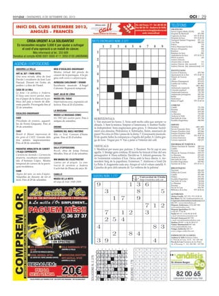 oci 29DivenDres, 6 De setembre Del 2013
URGÈNCIES
Servei Urgent Mèdic (SUM) 116
Hospital de Meritxell 871 000
Urgències (la Seu) 973 35 29 42
Hospital (la Seu) 973 35 00 50
Transport Sanitari Programat 871 116
Creu Roja 808 225
Policia 110
Policia Municipal (la Seu) 092
Mossos d’Esquadra 088
Bombers 118
Bombers (la Seu) 085
Ambulància (la Seu) 973 35 33 35
FEDA (avaries) 145
Andorra Telecom:
(Avaries/Aten. al client) 115
Andorra Telecom (Inf. nacional) 111
Andorra Telecom (Inf. internacional) 119
INSTITUCIONS
Govern d’Andorra 875 700
Ajuntament de la Seu 973 35 00 10
Tràmits de Govern 150
CASS 870 870
Oficina d’Immigració 872 072
Cambra de Comerç 809 292
Trànsit 1802 1802
Ambaixada espanyola 800 030
Consolat espanyol 800 080
Ambaixada francesa 736 700
Ambaixada portuguesa 805 305
Batllia 870 730
Sindicatura 877 877
Bisbat d’Urgell 973 35 00 54
COMUNS
Canillo 751 036
Encamp 873 200
Ordino 878 100
La Massana 736 900
Andorra la Vella 873 100
Sant Julià de Lòria 871 700
Escaldes-Engordany 890 890
SERVEIS
Mobilitat 1802 1802
Serveis Funeraris Sixto 807 180
Pompes Fúnebres And. 822 466
Pompes Fúnebres Valls 866 632
Correus (la Seu) 973 35 07 24
Correus francesos 820 408
Correus espanyols 820 257
INFORMACIÓ TURÍSTICA
Oficina Nacional de Turisme 820 214
Canillo 751 090
Encamp 731 000
Oficina de Turisme d’Ordino 878 173
La Massana 835 693
Andorra la Vella 873 103
Sant Julià de Lòria 744 045
Escaldes-Engordany 820 963
Turisme de la Seu 973 35 15 11
BIBLIOTEQUES
Nacional 826 445
Pública de Govern 828 750
Canillo 851 888
Ordino 878 136
Escaldes-Engordany 890 890
Sant Julià de Lòria 744 044
La Massana 736 910
Encamp 732 704
Pas de la Casa 856 787
Biblioteca de la Seu 973 36 06 66
AUTOBUSOS
Alsina Graells 827 379 / 973 35 00 20
Bus Blues 362 324 / busblues@andorra.ad
CooperativaInterurbanaAndorrana,S.A.
806 555 / www.interurbana.ad
Hispano Andorrana (+376) 807 000
www.andorrabus.com
Hispano Igualadina 803 789 /
(+34) 977 77 06 98
Nadal 805 151 / (+34) 902 40 50 40
e-mail: info@autocarsnadal.com
Novatel (Autocars) 803 789
e-mail: novatel@andorrabybus.com
Starbus 820 907 / (+34) 96 349 67 67
Viatjes Montmantell 807 444
www.andorralleida.com
Viatges Soldevila 828 117
www.viatges-soldevila.com
FARMÀCIES DE GUÀRDIA
Andorra la Vella Farmàcia Valira
C/ Prat de la Creu, 15-25 - Tel.: 829 160
Pas de la Casa Farmàcia de les Pistes
Av. d’Encamp, 9 - Tel.: 856 580 - 347 958
TELÈFONS
CRIDA URGENT A LA SOLIDARITAT
Es necessiten recaptar 3.000 € per ajudar a sufragar
el cost d’una operació a un malalt de càncer.
Més informació al tel.: 355 689
Donatius al compte AD98 0001 0000 4111 3950 0100 (ANDBANK)
SOLuciONSN.2.376
SOLuciONS1.776
SudOku NÚM. 1.777
MOTS ENcrEuaTS NÚM. 2.377
agENda i ExpOSiciONS
ANDORRA LA VELLA
ART AL SET / PARK HOTEL
Una nova mirada, obra de José
Duván i escultures de José Luis
Pascual. Durant tot l’estiu als
jardins i a dins de l’hotel.
CASA DE LA VALL
La dona i la política a Andorra.
El llarg camí envers paritat, mos-
tra el paper de la dona en la po-
lítica del país a través de dife-
rents panells. Prorrogada fins al
22 de setembre.
ESCALDES-ENGORDANY
CAEE
Pinzellades de romànic, aquarel-
les de Fermí Ginjaume. Fins al
28 de setembre.
CAEE
Renoir & Manet, impressions de
dos genis al CAEE. Gravats dels
dos artistes impressionistes.
Fins al 28 de setembre.
PASSATGE ARNALDETA DE CAbOET
I PLAçA COPRíNCEPS
Carmencita dormida i Carmencita
despierta, escultures monumen-
tals d’Antonio López. Mostra
temporal als carrers de la parrò-
quia escaldenca.
CIAm
Aigües del món, un món d’aigües.
Ampolles de disseny de tot el
món. Fins al 29 de setembre.
WEb D’ESCALDES-ENGORDANY
Mostra virtual del procés de
creació de la parròquia. A la pà-
gina web www.e-e.ad/parroquia.
AVINGUDA CARLEmANY / VIVAND
Escultures musicals d’Àngel
Calvente. Exposició temporal.
SANT JULIÀ DE LÒRIA
mUSEU DEL TAbAC
Hiperrealisme avui, exposició col·
lectiva. Fins al 20 d’octubre.
LA mASSANA
mUSEU LA mASSANA CÒmIC
Els TBO dels nostres pares. Fins a
mitjans de setembre.
ORDINO
CARRERS DEL NUCLI HISTÒRIC
Bike vs Trial. Concurs d’Insta-
gram. Fins al 20 d’octubre.
ENCAmP
SALA D’EXPOSICIONS
Recull, obra de Josep Freixas
Miralles. Fins al 13 de setembre.
mW mUSEU DE L’ELECTRICITAT
Camins per al progrés. La cons-
trucció de carreteres a Andorra.
L’activitat de Fhasa als anys 30.
CANILLO
mUSEU DE LA mOTO
60 anys de trial. 1949-2009.
 