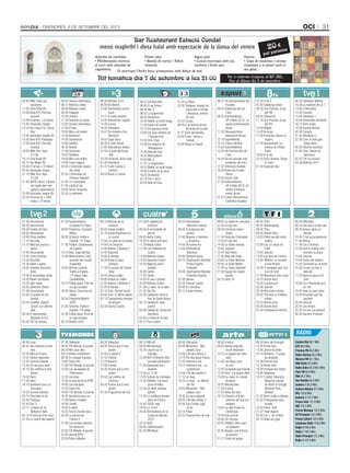 oci 31DivenDres, 6 De setembre Del 2013
Aperitiu de marhaba:
• Miniborqueta moruna
al curri amb amanida de
cogombres.
Primer plat:
• Bastela de marisc i fideus
orientals.
Segon plat:
• Cuscús marroquí amb xai,
verdures i fruits secs.
Postres:
• Copa de maduixes i taronja
trossejada a la menta amb el
seu gelat.
Bar Restaurant Estació Condal
menú maghribi i dieta halal amb espectacle de la dansa del ventre
Per a reserves truqueu al 817 383,
fins al dijous dia 5 de setembre.
20 €
per persona
Te marroquí l’herba bona acompanyat amb dolços de mel.
Nit temàtica dia 7 de setembre a les 21.00
Cadena Dial 88.1 MHz
R7P 89.0 MHz
Pròxima FM 89.5 MHz
Ràdio TeleTaxi 90.2 MHz
Màxima FM 92.1 MHz
M80 Ràdio 92.6 MHz
Ràdio Valira 93.3/98.9 MHz
Flaix FM 93.8 MHz
RNA 94.2 MHz
Ona Rambla 95.0 MHz
Andorra 1 96.0 MHz
Andorra Música 97.0 MHz
NRJ 100.6 MHz
Andorra 7 101.5 MHz
France Inter 101.8 MHz
SER 102.3 MHz
France Musique 102.6 MHz
40 Principals 103.3 MHz
France Culture 104.0 MHz
Catalunya Ràdio 104.6 MHz
Ràdio 4 106.0 MHz
Ràdio 1 106.8 MHz
Ràdio Principat 107.5 MHz
Ràdio 3 107.9 MHz
RàDIO
08.00 RNA: Obert per
vacances
11.00 Club Piolet (R)
12.00 Àrea ATV: Fórmula
musical
13.40 El temps + El trànsit
13.45 Informatiu migdia
14.10 Ara i Aquí 2.0: Cesca
Ros
14.40 Informatiu migdia (R)
15.05 Àrea ATV: Paisatges
17.00 Àrea ATV: Fórmula
musical
18.50 RNA: Ara i Aquí
2.0 (R)
19.15 Club Piolet (R)
20.15 Top Motor (R)
20.40 El temps + El trànsit
20.45 Informatiu vespre
21.15 RNA: Ara i Aquí
2.0 (R)
21.40 (URTI) Litoral: Carnets
de routes des navi-
gateurs explorateurs
22.05 Informatiu vespre (R)
22.35 Fórmula nit + Infor-
matiu + El temps
06.00 Notícies 3/24
08.00 Els Matins
14.00 Telenotícies comar-
ques
14.17 El medi ambient
14.30 Telenotícies migdia
15.40 Cuines
16.35 Divendres
18.47 Els misteris d’en
Murdoch
19.52 Espai Terra
20.20 El Gran Dictat
21.00 Telenotícies vespre
21.50 La gran pel·lícula:
Salt
23.35 Pel·lícula: Arma fatal
01.35 Divendres
03.15 Fusió i swing a
l’estudi
04.00 Blues a l’estudi
21.20 La Riera
22.05 Thalassa: Invasió de
serps pitó a Florida
i Bricbarca, somnis
de mar
22.53 Cronos
00.43 A la recerca de les
fórmules de la vida
01.27 Gent del planeta
03.02 Fusió i swing a
l’estudi
03.46 Blues a l’estudi
06.47 Els Barrufets
08.00 El xai Shaun
08.28 Mic 3
08.53 La Supermots
09.35 Doraemon
10.45 Rekkit, el conill màgic
11.25 Espies de veritat
12.10 Els germans Kratt
13.00 Els nous misteris de
l’Scooby-Doo
13.50 Shin Chan
14.39 Els pingüins de
Madagascar
15.28 Bola de Drac
16.20 Marsupilami
16.50 Mic 3
17.27 La Supermots
18.10 Rekkit, el conill màgic
18.50 El llibre de la selva
19.25 Doraemon
20.18 Tom i Jerry
20.55 Bola de Drac
08.31 Els submarinistes del
Yucatan
09.24 Catalunya des de
l’aire
09.55 Automobilisme.
GP d’Itàlia 2013: 1a
sessió entrenaments
lliures
11.35 Discovery Atlas:
descobrint Rússia
12.19 ExperiMental
13.10 L’Àsia culinària
13.55 Automobilisme
15.35 Els Pirineus des de
l’aire
16.54 Els 60 animals més
perillosos del món
17.52 Entranyes bestials
18.40 Rutes per Euskal
Herria
19.30 Esport Club
21.30 Automobilisme.
GP d’Itàlia 2013: 2a
sessió d’entrena-
ments lliures
22.23 Futbol internacional:
Colòmbia-Equador
07.20 8 de 8
07.50 Catalunya blues
08.20 Sue Thomas, el ojo
del FBI
09.05 Televenda
11.10 Sue Thomas, el ojo
del FBI
12.00 Migdia
14.00 Arucitys
17.00 Pel·lícula: Dame un
respiro
17.25 Secuestrado: La
historia de Tiffany
Rubin
19.00 8 al dia
22.30 Gran cinema: Tango
& Cash
01.30 Especial clips
08.00 Serveis informatius
08.15 Notícies Lleida
09.00 Notícies Lleida
09.30 Indagare
10.30 Univers
11.30 Territoris en xarxa
12.00 Serveis informatius
12.30 El flaix
13.00 Mira com ballen
13.30 Aventura’t
14.30 Scriptorium
15.00 Cafeïna
16.30 Revival
17.00 Socarrats
18.00 Solidària
19.00 Mira com ballen
19.58 Caixa màgica
20.00 L’informatiu vespre
de Lleida
20.30 L’informatiu de
Pirineus Televisió
21.00 10 comarques
21.30 Lleida al dia
23.00 Sector empresa
23.30 La setmana
06.30 Telediario Matinal
10.05 La mañana de La 1
14.00 L’informatiu
14.30 Corazón
15.00 Telediario 1
16.00 Informativo territorial
16.15 Entre todos
18.30 España directo
20.30 Corazón
21.00 Telediario 2
22.30 Cine: A todo gas:
Tokyo Race
00.05 Informe Semanal
01.00 Cine: Almas sin
descanso
02.25 TVE es música
04.30 Noticias 24 H
07.00 Documental
08.00 Documental
09.00 Pueblo de Dios
09.30 Documental
10.00 Otros pueblos
11.15 Docufilia
12.10 Más que perros y
gatos
12.40 Documental
13.35 Curro Jiménez
14.35 Docufilia
15.35 Saber y ganar
16.05 Grandes documen-
tales
18.30 El escarabajo verde
19.05 Mover montañas
19.35 Solo moda
20.00 ¡Atención Obras!
21.00 Documental
22.05 La suerte en tus
manos
22.25 Cinefilia: Sophie
Scholl. Los últimos
días
00.20 El documental:
Mugaritz B.S.O.
03.50 TVE es música
06.30 Informativos
Telecinco matinal
08.55 El programa del
verano
12.45 Mujeres y hombres
y viceversa
14.30 De buena ley
15.00 Informativos
Telecinco
16.00 Sálvame diario
20.15 Clasificación Mundial:
Previo España-
Finlandia
20.30 Clasificación Mundial:
Finlandia-España
22.30 Deluxe
02.30 Premier casino
05.00 En concierto
05.15 Fusión sonora
06.00 La Sexta en concierto
07.45 Al rojo vivo
09.30 Crímenes imper-
fectos
11.30 Historias Criminales
12.25 Al rojo vivo
14.00 La Sexta noticias
15.00 Jugones
15.45 Sea Patrol
17.40 Más vale tarde
20.00 La Sexta Noticias
20.55 La Sexta Méteo
21.00 La Sexta Deportes
21.30 Equipo de investi-
gación
02.10 Astro TV
06.45 TFou
08.30 Téléshopping
09.05 TFou
09.28 Secret Story
10.20 Petits secrets entre
voisins
12.00 Les 12 coups de
midi!
13.00 Journal
13.55 Les feux de l’amour
14.55 Téléfilm: Le combat
d’une femme
16.30 4 mariages pour une
lune de miel
17.20 Bienvenue chez nous
18.15 Secret story
19.05 Le juste prix
20.00 Journal
20.35 Nos chers voisins
20.50 The best, le meilleur
artiste
23.10 Secret story
00.50 Secret story
01.43 Confessions intimes
07.30 Automovilismo.
European F3 Open
09.00 Programa. Conexión
Motor
09.30 Ciclismo. Vuelta a
España. 12ª Etapa
11.30 Triatlón. Campeonato
de España
13.15 Vela. Copa del Rey
13.30 Motociclismo. Cam-
peonato del mundo
Superbike
16.00 Directo ciclismo.
Vuelta a España.
13ª etapa: Valls -
Castelldefels
18.10 Fútbol playa. Final de
la Liga europea
19.30 Hípica. Concurso de
saltos
20.30 Programa Madrid
2020
21.00 Ciclismo. Vuelta a
España. 13ª etapa
22.30 Fútbol playa. Final de
la Liga europea
00.15 Madrid 2020
06.30 Télématin
09.10 Des jours et des vies
09.35 Amour, gloire et
beauté
10.00 C’est au programme
11.00 Motus
11.30 Les Z’Amours
12.00 Tout le monde veut
prendre sa place
13.00 Journal
14.00 Toute une histoire
15.35 Comment ça va bien!
16.50 Le jour ou tout a
basculé
17.20 Dans la peau d’un
chef
18.05 On n’demande qu’à
en rire
18.45 Avec ou sans joker
19.20 N’oubliez pas les
paroles!
20.00 Journal
20.45 Les limiers
22.25 Ce soir (ou jamais!)
00.30 Secrets d’histoire
06.15 Noticias de la
mañana
08.55 Espejo público
12.15 Karlos Arguiñano en
tu cocina
12.50 La ruleta de la suerte
14.00 Los Simpson
15.00 Antena 3 Noticias 1
15.45 Deportes
16.00 Tu tiempo
16.30 Amar es para
siempre
17.30 El secreto de Puente
Viejo
18.45 ¡Ahora caigo!
20.00 Atrapa un millón
21.00 Antena 3 Noticias 2
21.45 El tiempo
22.10 Cine: Forrest Gump
00.45 Cine: El último deseo
02.15 Campeonato europeo
de póquer
02.50 Ganing Casino
07.00 El zapping de
surferos
08.45 El encantador de
perros
09.45 Alerta Cobra
10.30 El último poli duro
11.30 Alerta Cobra
12.30 Las mañanas de
Cuatro
14.00 Noticias Cuatro
14.50 Deportes Cuatro
15.45 Negocia como
puedas
16.30 Castle
17.30 Castle
18.30 Te vas a enterar
20.00 Noticias Cuatro
21.00 Lo sabe, no lo sabe
21.30 Ola Ola
22.30 Callejeros: Sara la
Kali, la Santa Gitana
00.15 Callejeros: Sexo
juvenil
02.00 Callejeros: Chicas de
discoteca
02.45 La línea de la vida
05.15 Puro Cuatro
06.45 Ludo
08.45 Des histoires et des
vies
10.50 Midi en France
12.01 Édition régionale
12.25 Journal national
13.35 Un cas pour deux
16.10 Des chiffres et des
lettres
16.50 Harry
17.30 Slam
18.10 Questions pour un
champion
19.30 Journal national
20.15 Plus belle la vie
20.45 Thalassa
22.40 Soir 3
23.11 L’enfant roi de
William & Kate
00.10 Si près de chez vous
01.05 Le match des experts
06.40 Télé achat
09.40 Morandini - Télé,
people, buzz
10.50 L’île des vérités 3
12.10 The Big Bang Theory
13.35 Tellement vrai
15.15 Tellement vrai - La
quotidienne
15.50 L’île des vérités 3
17.10 Le mag
18.25 Le mag - Le débrief
de l’île
18.55 Morandini - Télé,
people, buzz
19.30 Ça vous regarde
20.05 L’île des vérités 3
20.50 Les Cordier, juge
et flic
02.10 Poker
02.25 Programmes de nuit
08.30 X:enius
08.55 Bande originale
d’une révolution
10.15 Le gospel est notre
salut
11.00 Les Alpes vues
du ciel
12.05 Escapade gourmande
13.35 Film: J’ai quatre filles
15.00 Au coeur du monde
Arctique
16.25 Macédonien
17.20 X:enius
17.45 Dans tes yeux
18.15 Chemins d’école,
chemins de tous les
dangers
19.00 La côte Ouest de
l’Amérique
19.45 Arte journal
20.05 28 minutes
20.50 Téléfilm: Mon mari,
un assassin
22.20 Borgen, une femme
au pouvoir
01.21 Chant de gorge
06.30 Bom dia Portugal
10.00 Verão total
13.00 Jornal da tarde
14.15 Windeck - O preço
da ambição
14.38 Éramos seis
15.18 Verão total
18.00 Portugal em direito
19.00 Telejornal
19.37 Futebol. Selecção
Nacional: Irlanda
do Norte x Portugal
(Windsor Park,
Belfast)
21.52 Bem-vindos a Beirais
22.52 Portugueses pelo
mundo
23.45 Filme: Órfã
01.57 Flash Report
02.02 Ler +, ler melhor
02.10 Vidas em jogo
07.30 Télématin
08.30 TV5 Monde, le journal
08.45 Nec plus ultra
09.14 Visites d’intérieurs
09.30 En voyage! Express
10.00 Flash info
11.00 TV5 Monde, le journal
12.00 Les escapades de
Petitrenaud
12.30 Les boys
13.30 Le journal de la RTBF
14.00 Les rescapés
15.35 Flash info
16.00 TV5 Monde, le journal
16.30 Questions pour un...
17.00 Nature invisible
18.30 L’invité
19.05 À table!
19.35 Tout le monde veut...
20.30 Le journal de
France 2
21.00 Les années bonheur
en vacances
22.55 TV5 Monde, le journal
23.05 Journal (RTS)
23.35 Ports d’attache
08.00 Téléachat
09.00 Touche pas à mon
poste!
10.50 Le grand 8
12.10 Friends
13.35 Navarro
17.00 Friends
18.30 Touche pas à mon
poste!
20.50 Les maîtres de
l’humour
00.20 Touche pas à mon
poste!
01.50 Programme de nuit
08.10 M6 Kid
09.05 M6 boutique
10.20 Leçons sur le
mariage
10.50 90210 Beverly Hills,
nouvelle génération
11.45 Desperate hou-
sewives
12.45 Le 12.45
13.05 Scènes de ménages
13.35 Téléfilm: Les soup-
çons de Mary
15.30 Un dîner presque
parfait
17.30 La meilleure boulan-
gerie de France
18.40 100% mag
19.45 Le 19.45
20.05 Éliminatoires de la
Coupe du Monde
2014
22.20 NCIS
00.40 Californication
02.20 M6 Music
 