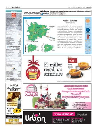 2

d’interès

Dijous, 2 De gener Del 2014

INFONEU

90
160
Pols
Oberts
13/15
27/27
739 600

EL TEMPS meteo@bondia.ad

Núvols i clarianes
Vent fort als cims
-5/3

90
120
Pols
Oberts
18/18
23/23
878 000

arinsal
Cota mínima cm
Cota màxima cm
Qualitat de la neu
Accessos
Instal·lacions obertes
Pistes obertes
Telèfon estació

90
120
Pols
Oberts
11/12
18/19
878 000

Pas de la casa-grau rOig
Cota mínima cm
100
Cota màxima cm
170
Qualitat de la neu
Pols
Accessos
Oberts
Instal·lacions obertes
29/29
Pistes obertes
47/50
Telèfon estació
872 900

Circuit de fons
Cota mínima cm
Cota màxima cm
Qualitat de la neu
Accessos
Telèfon estació

-4/5

-3/6

-5/4
-3/6

-6/3

-2/7
-1/8

-3/9
-6/7
-4/10

divendres

Pal
Cota mínima cm
Cota màxima cm
Qualitat de la neu
Accessos
Instal·lacions obertes
Pistes obertes
Telèfon estació

sOldeu el tarter
Cota mínima cm
Cota màxima cm
Qualitat de la neu
Accessos
Instal·lacions obertes
Pistes obertes
Telèfon estació

,

dissabte

OrdinO arcalís
Cota mínima cm
Cota màxima cm
Qualitat de la neu
Accessos
Instal·lacions obertes
Pistes obertes
Telèfon estació

Aquesta setmana hem de continuar parlant de
canvis ràpids en el temps que ens porten els
fronts que vénen de l’Atlàntic. Avui tornarà a
ser el cas. Durant el matí el cel estarà cobert
amb núvols abundants, sense precipitacions o
com a molt alguna espurna aïllada. Al migdia
i a primera hora de la tarda les clarianes aniran arraconant la nuvolositat, que no acabarà
de desaparèixer. De nou a la tarda i al vespre
arriba una massa de núvols a causa d’un front
que també ens afectarà divendres. Les temperatures seran una mica més elevades en conjunt.
El vent bufarà de l’oest, amb cops forts als cims
i febles a la resta. Que tingueu un BONDIA.

08.24 h
17.31 h

Lluna nova

90
160
Pols
Oberts
36/36
58/64
890 500

15 km
60
100
Humida
Oberts
741 444

aquesta previsió i cotes poden
variar en funció de les condicions
meteorològiques.

Especialistes en gossos petits
Cadells seleccionats
Perruqueria canina especialitzada
Alimentació
Complements i roba per a gossos
Botigues del Fener
C/ Maria Pla, local 18
(al costat de l’Hotel Plaza)
AD500 Andorra la vella
Tel.: 846 366

Cuina casolana
amb un toc italià

Migdia
i nit
menú a

16 €

CUINA PERMANENT 7/7
A PARTIR DE LES 8.30 h

836 063

Carretera general · PAL · La Massana

www.urban.ad
ANDORRA LA VELLA

LA MASSANA

Av. Prat de la Creu, 16
Tel.: 81 18 18

Av. Sant Antoni, 41
Tel.: 83 56 78

 