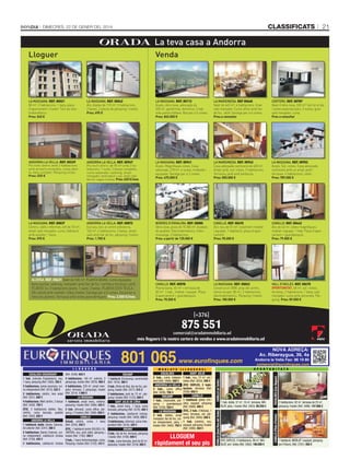 classificats

Dimecres, 22 De gener Del 2014

La teva casa a Andorra
Venda
Venda

Lloguer
Lloguer

LA MArgInedA. Ref 00660
Xalet de 645 m², 6 habitacions. Gran
saló menjador. Cuina office amb llar
de foc. Jardí. Garatge per a 6 cotxes.
Preu a consultar

Certers. Ref. 00787
Xalet d’obra nova, 330 m². Sol tot el dia
i vistes espectaculars, 3 suites, gran
saló menjador, cuina.
Preu a consultar

AndorrA LA VeLLA. Ref. 00967

LA MAssAnA. Ref. 00941
Anyós. Magnífiques vistes. Casa
adossada, 270 m², 4 suites, moblada i
equipada. Garatge per a 2 cotxes.
Preu: 675.000 €

LA MArgInedA. Ref. 00942
Casa adossada cantonera de 450 m².
Ampli jardí, sol i vistes. 5 habitacions.
Terrassa, jardí amb barbacoa.
Preu: 850.000 €

LA MAssAnA. Ref. 00952
Anyós. Sol i vistes. Casa adossada
cantonera amb un ampli jardí i
terrassa. 4 habitacions, celler.
Preu: 789.000 €

AndorrA LA VeLLA. Ref. 00872
Exclusiu àtic al centre d’Andorra,
140 m², 4 habitacions, 2 banys, ampli
saló amb llar de foc, pàrquing i traster.
Preu: 1.700 €

Bordes d’enVALIrA. Ref. 00080
Obra nova, pisos de 70 /80 m². Acabats
de qualitat. Electrodomèstics, hidromassatge, 2 habitacions.
Preu: a partir de 135.000 €

CAnILLo. Ref. 00492
Àtic nou de 51 m², totalment moblat
i equipat. 1 habitació, plaça d’aparcament.
Preu: 90.000 €

CAnILLo. Ref. 00442
Àtic de 43 m2, vistes magnífiques,
moblat i equipat. 1 hab. Plaça d’aparcament + guardaesquís.
Preu: 79.000 €

CAnILLo. Ref. 00598
Planta baixa, 40 m² + terrassa de
50 m². 1 hab., moblat i equipat. Plaça
d’aparcament + guardaesquís.
Preu: 70.000 €

LA MAssAnA. Ref. 00063
Construcció 2008, prop del centre,
sense ocupar. 80 m², 2 habitacions,
electrodomèstics. Pàrquing i traster.
Preu: 180.000 €

VALL d’InCLes. Ref. 00670
OPORTUNITAT. 68 m², sol i vistes,
terrassa, 2 habitacions, 1 bany, saló
menjador, cuina amb xemeneia. Pàrquing. Preu: 89.000 €

ALdosA. REF. 00631 Xalet de 500 m². PLANTA BAIXA: cuina equipada,
bany auxiliar, safareig, menjador amb llar de foc i sortida a terrassa i jardí.
PLANTA 1a: 3 habitacions grans, 1 suite, 2 banys. PLANTA SOTA TEULADA: estudi amb vestidor i bany, traster. Garatge per a 5 cotxes. Ascensor a
totes les plantes. Terrassa amb vistes panoràmiques. Preu: 2.000 €/mes

L L O G U E R S

(Ref. 3348). 650 €
4 habitacions, 140 m2, exterior, 2
pàrquings, traster (Ref. 2978). 900 €
4 habitacions, 220 m2, ampli menjador, terrassa, 2 pàrquings, traster
(Ref. 3314). 1.900 €
LA MASSANA
1 habitació, ampli menj., exterior,
pàrquing i traster (Ref. 2490). 425 €
3 hab. (Arinsal), cuina office, pàrquing i 2 trasters (Ref. 3360). 650 €
CANILLO
Estudi, cèntric, cuina, 1 bany
(Ref. 2235). 250 €
ÀTIC, 1 habitació (entre SOLDEU i EL
TARTER), nou, amb altell, pàrquing i
traster (Ref. 1792). 350 €
2 hab., 1 bany hidromassatge, cuina.
Pàrquing i traster (Ref. 2152). 450 €

801 065
M O B L AT S

ENCAMP
1 habitació (Funicamp), semimoblat
(Ref. 1918). 380 €
2 hab. (Pleta de Vila), llar de foc, pàrquing, traster (Ref. 3477). 575 €
2 habitacions, jardí de 72 m2, pàrquing i traster (Ref. 2123). 600 €
SANT JULIÀ DE LÒRIA
1 hab., ampli menj., 1 bany, cuina
tancada, pàrquing (Ref. 3370). 400 €
2 habitacions, calefacció inclosa,
pàrquing i traster (Ref. 3409). 535 €
3 habitacions, reformat, cuina independent (Ref. 3416). 420 €
ORDINO
2 hab., llar de foc, terrassa, pàrquing
i traster (Ref. 2169). 600 €
3 hab., cuina tancada, jardí de 82 m2,
pàrquing i traster (Ref. 3319). 950 €

www.eurofinques.com
( L L O G U E R S )

ESCALDES
2 hab., cuina independent (Ref. 3466). 560 €
ANDORRA LA VELLA
3 hab., cuina office
(Ref. 3436). 700 €
ENCAMP
1 hab., impecable, pàrquing i guardaesquís
(Ref. 2236). 550 €
LA MASSANA
3 hab. dobles, ampli
menjador, llar de foc, cuina independent, pàrq. i
traster (Ref. 3482). 750 €

SANT JULIÀ
1 hab., nou, 73 m2, sol i
vistes (Ref. 2654). 500 €
ÀTIC DÚPLEX, 2 habitacions, terrassa (Ref.
2556). 650 €
CANILLO
1 habitació (pleta d’Incles), equipat, pàrquing
(Ref. 2999). 400 €
ÀTIC, 2 hab. (l’Aldosa), 1
bany, terrassa, sol, pàrquing (Ref. 2940). 500 €
1 hab. (cèntric), nou,
equipat, pàrquing i traster
(Ref. 3490). 450 €

LLOGUEM
ràpidament el seu pis

NOVA ADREÇA:
Av. Riberaygua, 39, 4a

Andorra la Vella Fax: 86 19 80
comercial@eurofinques.com

O P O R T U N I T A T S

1 hab. doble, 37 m2, 16 m2, terrassa, MOBLAT, pàrq. i traster (Ref. 3403). 89.250 €

ÀTIC DÚPLEX, 3 habitacions, 99 m2, MOBLAT, sol i vistes (Ref. 3462). 190.000 €

ESCALDES (Can Noguer)

Pis molt cèntric de 90 m² amb 3 habitacions, 1 suite, 2 banys complets,
cuina separada i safareig, ampli
menjador amb balcó i sol, amb calefacció i aigua inclosa. Preu: 620 €/mes

CANILLO (Pleta d’Incles)

LA MAssAnA. Ref. 00837
Cèntric, edifici reformat, loft de 70 m²,
ampli saló menjador, cuina, habitació
amb vestidor, 1 bany.
Preu: 595 €

LA MAssAnA. Ref. 00113
Anyós, obra nova, adossada de
330 m², geotèrmia, domòtica, 3 hab.
més planta diàfana. Box per a 5 cotxes.
Preu: 845.000 €

CANILLO (el Tarter)

AndorrA LA VeLLA. Ref. 00229
Pis molt cèntric amb 2 habitacions
amb armaris encastats, cuina oberta, bany complet. Pàrquing inclòs.
Preu: 525 €

LA MAssAnA. Ref. 00042
Àtic dúplex de 110 m², 3 habitacions,
2 banys, 2 places de pàrquing i traster.
Preu: 695 €

CANILLO (Sant Pere del Tarter)

LA MAssAnA. Ref. 00021
80 m², 2 habitacions, 1 bany, plaça
d’aparcament i traster. Tots els electrodomèstics.
Preu: 545 €

ESCALDES-ENGORDANY
1 hab. (rotonda Engolasters), nou,
1 bany, pàrquing (Ref. 3365). 350 €
3 habitacions, sense ascensor, cuina independent (Ref. 3013). 525 €
2 habitacions, cèntric, bon estat
(Ref. 3251). 680 €
4 habitacions. Molt cèntric, 2 banys
(Ref. 3426). 750 €
ÀTIC, 3 habitacions dobles. Nou,
cèntric, cuina tancada, qualitat
(Ref. 3302). 850 €
ANDORRA LA VELLA
1 habitació doble (Santa Coloma),
tot exterior (Ref. 2241). 380 €
2 habitacions (Santa Coloma), cuina independent, calefacció inclosa
(Ref. 2738). 425 €
3 habitacions, calefacció inclosa

21

2 habitacions, 92 m2, terrassa de 25 m2,
pàrquing i traster (Ref. 3486). 147.000 €

1 habitació, MOBLAT i equipat, pàrquing
(wi-fi lliure). (Ref. 2767). 450 €

 