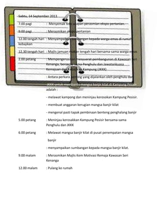 Sabtu, 14 September 2013
7.00 pagi

: Menyemak teks ucapan perasmian ekspo pertanian.

9.00 pagi

: Merasmikan akspo pertanian

12.00 tengah hari : Menyampaikan sumbangan kepada warga emas di rumah
kebajikan
12.30 tengah hari : Majlis jamuan makan tengah hari bersama-sama warga emas
2.00 petang

: Mempengerusikan mesyuarat pembangunan di Kawasan Seri
Kenanga, bersama-sama Penghulu dan Jawatankuasa
Kemajuan dan Kebajikan Kampung (JKKK)
: Antara perkara penting yang dijalankan oleh penghulu dan
JKKK untuk membantu mangsa banjir kilat di Kampung Pesisir
adalah :
- melawat kampong dan meninjau kerosokan Kampung Pesisir.
- membuat anggaran kerugian mangsa banjir kilat
- mengenal pasti tapak pembinaan benteng penghalang banjir

5.00 petang

: Meninjau kerosakkan Kampung Pesisir bersama-sama
Penghulu dan JKKK

6.00 petang

: Melawat mangsa banjir kilat di pusat penempatan mangsa
banjir
: menyampaikan sumbangan kepada mangsa banjir kilat.

9.00 malam

: Merasmikan Majlis Kem Motivasi Remaja Kawasan Seri
Kenanga

12.00 malam

: Pulang ke rumah

 