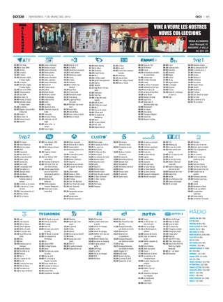 oci

DivenDres, 7 De març Del 2014

MODA
A
L
E
X
A
N
D
R
A

31

VINE A VEURE LES NOSTRES
NOVES COL.LECCIONS
MODA ALEXANDRA
Joan Maragall,18.
ANDORRA LA VELLA
tel. 854 125

07.00 Club Piolet
08.00 Ara i Aquí (RNA)
12.00 Info Neu
12.55 La rèplica
13.40 El Trànsit
13.45 Informatiu migdia.
El temps migdia
14.15 La rotonda
15.00 Informatiu migdia.
El temps migdia
15.30 Cara o creu (RNA)
18.00 Fórmula musical
19.15 Club Piolet
20.15 Ara i Aquí 2.0
20.40 Pionews. El Trànsit
20.45 Informatiu vespre.
El temps vespre
21.20 La rotonda
22.05 Magazín. Copa del Món
d’esquí alpí
22.30 Fanzivid
22.55 Ara i Aquí 2.0
23.55 Fórmula musical
01.00 Àrea ATV

08.00 Serveis informatius
08.30 Notícies en xarxa
10.00 Serveis informatius
10.30 Efectes positius
11.30 Central de neu
12.00 Serveis informatius
12.30 Cakes i pastissos
13.00 Serveis informatius
13.30 Aventura’t
14.30 El temps oportú
15.15 Cafeïna
16.15 Minuts Revival
16.45 Aliments i territori
17.00 Fins diumenge
17.00 Central de Neu
18.00 Promo
19.00 La 7mana
19.30 Esports en xarxa
20.00 L’informatiu vespre de
Lleida
20.30 L’informatiu
21.00 La7mana Pirineus
21.50 L’Informatiu de L’Alt
Urgell
22.00 Lleida al dia - La
Tertúlia
23.00 Estació digital

06.00 Notícies 3/24
08.00 Els Matins
14.00 Telenotícies comarques
14.20 El medi ambient
14.30 Telenotícies migdia
15.40 Cuines
15.50 La Riera
16.35 Divendres
18.50 Els misteris d’en
Murdoch
19.40 Espai Terra
20.15 El Gran Dictat
21.00 Telenotícies vespre
21.55 Zona zàping
22.25 La gran pel·lícula:
Tres-cents
00.25 Pel·lícula: Una nit per
morir
01.54 Doctor Who
02.39 Cava de Blues
03.24 Fusió i swing a l’estudi
04.08 Blues a l’estudi

06.24 Martin Mystery
07.10 Els Dalton
07.30 Doraemon
08.45 El petit Nicolas
09.00 Mic 3
09.55 El Clifford cadell
10.49 EspieZ! Nova generació
11.35 Sabrina
12.02 WordGirl
12.31 Bugs Bunny i els seus
amics
13.02 Sailormoon
13.51 Shin Chan
14.40 La lliga dels supermalvats
15.26 Bola de Drac
16.14 El llibre de la selva
17.05 Mic 3
17.55 Una mà de contes
18.05 L’Spirou petit
18.44 Els pingüins de
Madagascar
19.30 Info K
19.47 La casa d’Anubis
20.14 Tom i Jerry
20.56 Bola de Drac GT

21.20 La Riera
22.05 Riu avall
22.56 Cronos: Rom, sodomia i
fuetades
00.41 Catmúsica
03.14 Cava de Blues
04.00 Fusió i swing a l’estudi
04.46 Blues a l’estudi

08.30 Tocats de l’ala
09.13 GR Pirineus
10.06 A taula
10.34 Les aventures culinàries
de Sarah Wiener
11.00 Cultures vives
12.41 El millor d’Austràlia
13.33 A taula
14.30 La ciència al descobert
15.20 Catalunya des de l’aire
16.34 Amb els teus ulls
17.27 La costa de Sud-àfrica
18.20 Xarxa Natura
18.55 Bàsquet. Eurolliga
20.45 Esport Club
21.10 Futbol sala: FC
Barcelona-Azkar Lugo
23.00 Efectivament
00.05 Tot l’esport
00.30 Zona zàping
02.00 Champions Magazín
02.25 Futbol sala
04.10 Bàsquet. Eurolliga

08.00 8 de 8
08.30 Catalunya blues
09.05 Televenda
11.05 Dinamita
12.00 Migdia
14.00 Arucitys
17.00 Jet lag
17.30 Psycho-express
18.00 Lo Cartanyà
18.30 Dinamita
19.00 8 al dia
22.30 Sessió XL: Cambiadas
al nacer (I)
00.40 Clips

06.30 Telediario matinal
08.30 Los desayunos de TVE
10.05 La mañana de La 1
14.00 L’informatiu
14.30 Corazón
15.00 Telediario 1
16.00 L’informatiu
16.05 Entre todos
18.45 España directo
20.30 Corazón
21.00 Telediario 2
22.10 El tiempo
22.15 Cine: Deuda de sangre
23.55 Los Tudor
01.35 La noche en 24 H
03.25 TVE es música

08.00 TVE English
09.10 Zoom Tendencias
09.30 Aquí hay trabajo
10.00 UNED
11.00 Documental
11.50 Para todos La 2
13.25 La Casa Encendida
15.30 Saber y ganar
16.05 Grandes doc.
18.00 Jara y sedal
18.30 El escarabajo verde
19.00 Para todos La 2
20.00 ¡Atención obras!
20.55 Capitulares
21.00 Imprescindibles: Gil
Parrondo, desde mi
ventana
22.00 La suerte en tus manos
22.20 El cine de La 2: Locos
de amor
23.55 El documental de La 2
01.35 Ritmo urbano
03.45 TVE es música

07.00 Tenis. Masters 1000
Indian Wells
10.15 Vela. Semana olímpica
andaluza
10.30 Programa. Estudio
Estadio
12.15 Tenis. Masters 1000
Indian Wells
16.45 Reportaje Paralímpicos
15.00 JJOO Sochi 2014. Hockey hielo femenino
17.00 Directo Juegos Paralímpicos de Sochi 2014.
Ceremonia de apertura
desde Sochi
20.15 Mountain Bike
Andalucía
19.30 Directo programa
Conexión Teledeporte
20.00 Directo tenis. Torneo
Indian Wells

06.00 Videos musicales
06.15 Noticias de la mañana
08.55 Espejo público
12.15 Karlos Arguiñano en tu
cocina
12.50 La ruleta de la suerte
14.00 Los Simpson
15.00 Antena 3 Noticias 1
15.45 Deportes
16.30 Amar es para siempre
17.30 El secreto de Puente
Viejo
18.45 ¡Ahora caigo!
20.00 Atrapa un millón
21.00 Antena 3 Noticias 2
21.40 El tiempo
22.10 Cine: The Mechanic
23.45 Cine: Crank: alto voltaje
01.20 Cine: Seducción
obsesiva
02.30 Campeonato europeo
de póker
03.00 Ganing casino
03.15 Minutos musicales

06.30 Malas pulgas
07.30 El zapping de Surferos
08.30 O el perro o yo
09.30 Alerta Cobra
10.30 El último poli duro
11.30 Alerta Cobra
12.20 Las mañanas de Cuatro
14.00 Noticias Cuatro
14.45 Deportes Cuatro
15.55 Castle
18.30 Hawai 5.0
20.00 Noticias Cuatro
20.30 Deportes Cuatro
21.30 Deja sitio para el postre
00.00 21 días: Sin dormir
01.00 21 días: Erotismo
02.30 House
03.10 Puro Cuatro
04.00 Shopping

06.30 Informativos
Telecinco matinal
08.55 El programa de Ana
Rosa
12.45 Mujeres y hombres
y viceversa
14.30 De buena ley
15.00 Informativos Telecinco
16.00 Sálvame diario
20.15 Pasapalabra
21.05 Informativos Telecinco
22.00 Deluxe
02.30 Premier casino
05.00 En concierto
05.15 Fusión sonora

06.00 La Sexta en concierto
07.45 Al rojo vivo
09.30 Crímenes imperfectos
10.30 Informe criminal
12.20 Al rojo vivo
14.00 La Sexta Noticias
14.55 Jugones
15.30 La Sexta Méteo
15.45 Zapeando
17.15 Más vale tarde
20.00 La Sexta Noticias
21.00 La Sexta Deportes
21.30 La Sexta Columna
22.30 Equipo de investigación
02.30 Minutos musicales

06.30 TFou
08.30 Téléshopping
09.25 Au nom de la vérité
10.25 Petits secrets entre
voisins
12.00 Les 12 coups de midi!
13.00 Journal
13.55 Les feux de l’amour
15.20 Téléfilm: Obsession
maternelle
17.05 Quatre mariages pour
une lune de miel
18.05 Bienvenue chez nous
19.05 Money Drop
20.00 Journal
20.55 Les enfants de la télé
23.30 L’amour est aveugle
03.25 50 mn Inside

06.30 Télématin
09.10 Des jours et des vies
09.30 Amour, gloire et beauté
09.55 C’est au programme
11.00 Motus
11.30 Les z’amours
12.00 Tout le monde veut
prendre sa place
13.00 Journal
14.05 Toute une histoire
15.50 Comment ça va bien!
17.00 Dans la peau d’un chef
17.50 N’oubliez pas les
paroles!
18.35 L’émission pour tous
19.30 L’émission pour tous,
la suite
20.00 Journal
20.45 Boulevard du Palais
22.25 Ce soir (ou jamais!)
00.05 La parenthèse
inattendue
02.10 Envoyé spécial
03.40 Complément d’enquête

RÀDIO
06.45 Ludo
08.25 Ludo vacances
10.50 Midi en France
12.01 Édition régionale
12.55 Météo à la carte
13.50 Un cas pour deux
16.10 Des chiffres et des
lettres
16.50 Harry
17.30 Slam
18.10 Questions pour un
champion
19.30 Journal national
20.15 Plus belle la vie
20.45 Thalassa
22.40 Soir/3
23.11 Le procès du viol
00.00 Doc 24
00.00 Si près de chez vous
00.55 Midi en France
01.50 Plus belle la vie
02.15 Au coeur du Vatican

08.30 TV5 Monde. Le journal
08.45 Silence, ça pousse!
09.30 En voyage
10.00 Flash info
10.05 Des trains pas comme
les autres
11.00 TV5 Monde. Le journal
12.00 Les escapades de
Petitrenaud
12.30 Cut
13.30 Journal (RTBF)
14.00 Un village français
15.45 Nouvo
16.00 Des trains pas comme
les autres
17.00 Mise au point
18.00 64’, le monde en
français, 1re partie
19.35 Tout le monde veut...
20.30 Le journal de France 2
21.00 Alcaline, le concert
22.35 Journal (RTS)
23.05 Complément d’enquête

08.00 Téléachat
09.00 Touche pas à mon
poste!
10.50 Le grand 8
12.05 Friends
13.35 Navarro
17.00 Est-ce que ça marche?
17.30 Friends
18.30 Touche pas à mon
poste!
20.30 D8 le JT
20.50 En quête d’actualité
02.00 Programme de nuit

09.05 M6 boutique
10.10 La petite maison dans
la prairie
12.00 Scènes de ménages
12.45 Le 12.45
13.05 Scènes de ménages
13.45 Téléfilm: Pas à pas vers
son destin
15.45 Women’s Murder Club
16.30 Les reines du shopping
17.30 Un dîner presque
parfait
18.40 100% mag
19.45 Le 19 45
20.05 Scènes de ménages
20.50 NCIS
02.45 M6 Music

06.45 Télé achat
09.45 Real Housewives: New
York City
11.30 Giuseppe Ristorante,
une histoire de famille
13.35 Tellement vrai
15.15 Tellement vrai La quotidienne
16.20 Giuseppe Ristorante,
une histoire de famille
17.35 Le mag
18.15 Giuseppe Ristorante,
une histoire de famille
18.55 Stargate SG-1
20.50 Vérité oblige
00.45 Sauveur Giordano
02.30 La maison du bluff
03.30 Programme de nuit

08.30 X:enius
08.55 La ville du futur - Le
futur de la ville
09.45 Vues sur la plage
11.15 Les Britanniques en
raffolent
12.00 Cuisines des terroirs
12.41 Japon, les reines de
la mer
13.40 Téléfilm: Querelles de
clocher
15.45 Ports d’attache
16.35 Héros sans patrie
17.20 X:enius
17.45 Médecines d’ailleurs
18.15 Les splendeurs de
l’ancienne Russie
19.00 Le grand chapiteau des
animaux
20.05 28 minutes
20.50 Téléfilm: Tout est
permis
22.15 Fukushima, chronique
d’un désastre
23.00 Le monde après
Fukushima
00.00 Court-circuit

06.30 Bom dia Portugal
10.00 Praça da alegria
13.00 Jornal da tarde
14.12 Os nossos dias
15.05 Portugal no coração
18.00 Portugal em direito
19.10 O preço certo
20.00 Telejornal
21.07 Gala RTP 57 Anos
01.00 Filme: Assim Assim
02.36 Road to the 2014 Fifa
World Cup: Argélia Alemanha
03.02 Ler +, ler melhor
04.15 Televendas

Cadena dial 88.1 MHz
R7P 89.0 MHz
PRòxima Fm 89.5 MHz
Ràdio TeleTaxi 90.2 MHz
màxima Fm 92.1 MHz
m80 Ràdio 92.6 MHz
Ràdio ValiRa 93.3/98.9 MHz
Flaix Fm 93.8 MHz
Rna 94.2 MHz
ona Rambla 95.0 MHz
andoRRa 1 96.0 MHz
andoRRa músiCa 97.0 MHz
nRJ 100.6 MHz
andoRRa 7 101.5 MHz
FRanCe inTeR 101.8 MHz
seR 102.3 MHz
FRanCe musique 102.6 MHz
40 PRinCiPals 103.3 MHz
FRanCe CulTuRe 104.0 MHz
CaTalunya Ràdio 104.6 MHz
Ràdio 4 106.0 MHz
Ràdio 1 106.8 MHz
Ràdio PRinCiPaT 107.5 MHz
Ràdio 3 107.9 MHz

 