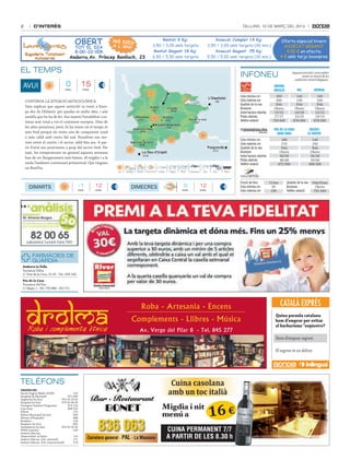 2

D’interès

Dilluns, 10 De març Del 2014

Oferta especial hivern
ASSECAT GEGANT
4,50 € en efectiu
4 € amb tarja lavaxpres

EL TEMPS
Avui

INFONEU
0

15

mín.

OrdinO
arcalís

màx.

CONTINUA LA SITUACIÓ ANTICICLÒNICA
Vam explicar que aquest anticicló va venir a Europa des de l’Atlàntic per quedar-se molts dies, i així
sembla que ho ha de fer. Ara mateix l’estabilitat continua sent total a tot el continent europeu. Dins de
les altes pressions, però, hi ha zones on el temps és
més fred perquè els vents són de component nord
o més càlid amb vents del sud. Nosaltres ens movem entre el centre i el sector càlid fins ara. A partir d’avui ens posicionen a prop del sector fred. Per
tant, les temperatures en general aquesta setmana
han de ser lleugerament més baixes. Al migdia i a la
tarda l’ambient continuarà primaveral. Que tingueu
un BonDia.

DimArts

-1

mín.

Aquesta previsió i cotes poden
variar en funció de les
condicions meteorològiques.

12

màx.

-3/9
-2/11

-2/12

-3/10
-2/12

-4/7

Cota mínima cm
Cota màxima cm
Qualitat de la neu
Accessos
Instal·lacions obertes
Pistes obertes
Telèfon estació

-1/14

arinsal

140
190
Pols
Oberts
18/18
23/23
878 000

160
200
Pols
Oberts
12/12
18/19
878 000

pas de la casa
grau rOig

0/15

-2/16
-2/12
-2/18

Dimecres

pal

200
300
Pols
Oberts
15/15
27/27
739 600

0

mín.

Cota mínima cm
Cota màxima cm
Qualitat de la neu
Accessos
Instal·lacions obertes
Pistes obertes
Telèfon estació

Circuit de fons
Cota mínima cm
Cota màxima cm

12

màx.

sOldeu
el TarTer

180
270
Pols
Oberts
30/30
48/48
872 900

140
250
Pols
Oberts
35/36
59/64
890 500

15 km
90
130

Qualitat de la neu
Accessos
Telèfon estació

Pols/Dura
Oberts
741 444

FARMÀCIES DE
GUÀRDIA
Andorra la Vella
Farmàcia Valira
C/ Prat de la Creu, 15-25 - Tel.: 829 160
Pas de la Casa
Farmàcia del Pas
C/ Major, 1 - Tel.: 755 860 - 352 711

Roba - Artesania - Encens
Complements - Llibres - Música
Av. Verge del Pilar 8 - Tel. 845 277

CATALÀ EXPRÉS
Quina paraula catalana
hem d’emprar per evitar
el barbarisme *seqüestro?
Hem d’emprar segrest.
El segrest és un delicte.

TELÈFONS
URGÈNCIES
Servei Urgent Mèdic (SUM)
116
Hospital de Meritxell
871 000
Urgències (la Seu)
973 35 29 42
Hospital (la Seu)
973 35 00 50
Transport Sanitari Programat
871 116
Creu Roja
808 225
Policia
110
Policia Municipal (la Seu)
092
Mossos d’Esquadra
088
Bombers
118
Bombers (la Seu)
085
Ambulància (la Seu)
973 35 33 35
FEDA (avaries)
145
Andorra Telecom:
(Avaries/Aten. al client)
115
111
Andorra Telecom (Inf. nacional)
Andorra Telecom (Inf. internacional)
119

Cuina casolana
amb un toc italià

836 063

Carretera general · PAL · La Massana

Migdia i nit
menú a

16 €

CUINA PERMANENT 7/7
A PARTIR DE LES 8.30 h

 