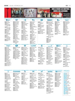 oci

Dilluns, 10 De març Del 2014

MODA
A
L
E
X
A
N
D
R
A

31

VINE A VEURE LES NOSTRES
NOVES COL.LECCIONS
MODA ALEXANDRA
Joan Maragall,18.
ANDORRA LA VELLA
tel. 854 125

07.00 Club Piolet
08.00 Ara i Aquí (RNA)
12.00 Info Neu
13.10 Recull setmanal
13.45 Informatiu migdia.
El temps migdia
14.15 Dia E
15.00 Informatiu migdia.
El temps migdia
15.30 Cara o creu (RNA)
18.00 Fórmula musical
19.15 Club Piolet
20.15 Ara i Aquí 2.0
20.40 El Trànsit
20.45 Informatiu vespre.
El temps vespre
21.20 Dia E
22.05 Fanzivid
22.30 Ara i Aquí 2.0
22.55 Informatiu vespre.
El temps vespre
23.30 Fórmula musical
00.00 Informatiu vespre
01.00 Àrea ATV

08.00 Serveis informatius
08.30 Notícies en Xarxa
08.45 Rutes del Pirineu
09.00 Informatiu Pallars
09.30 Hemicicle
10.00 Efectes positius
10.30 Zona natural
11.30 Cafeïna
12.00 La7mana Girona
12.30 Aventura’t
13.00 Caminant per Catalunya
13.30 Actual comarques
14.30 La7mana Pirineus
15.00 Càpsules de ciència
16.15 Promo
16.45 Rutes pel Pirineu
17.00 La Qüestió
17.30 Banda sonora
18.00 Top clàssics
19.00 Última sessió
19.30 Esports en Xarxa
20.00 L’informatiu vespre de
Lleida
20.30 L’informatiu
21.00 Cakes i pastissos
21.30 L’Informatiu de
Cerdanya

06.00 Notícies 3/24
08.00 Els Matins
14.00 Telenotícies comarques
14.20 El medi ambient
14.30 Telenotícies migdia
15.40 Cuines
15.50 La Riera
16.35 Divendres
18.50 Els misteris d’en
Murdoch
19.40 Espai Terra
20.15 El Gran Dictat
21.00 Telenotícies vespre
21.55 Crackòvia
22.35 Afers exteriors:
Bolívia I
23.17 Afers exteriors: Dubai
00.46 Bombers de Nova York
01.26 Doctor Who
02.10 Dues dones divines
02.42 Cava de Blues
03.27 Fusió i swing a l’estudi
04.11 Blues a l’estudi

06.24 Martin Mystery
07.10 Els Dalton
07.30 Doraemon
08.45 El petit Nicolas
09.00 Mic 3
09.55 El Clifford cadell
10.49 EspieZ! Nova generació
11.35 Sabrina
12.02 WordGirl
12.31 Bugs Bunny i els seus
amics
13.02 Sailormoon
13.51 Shin Chan
14.40 Bugs Bunny i els seus
amics
15.26 Bola de Drac Z
16.14 One piece
16.40 El llibre de la selva
17.05 Mic 3
17.55 Una mà de contes
18.05 L’Spirou petit
18.44 Els pingüins de
Madagascar
19.30 Info K
19.47 La casa d’Anubis
20.14 Tom i Jerry
20.55 Bola de Drac GT

21.20 La Riera
22.05 Mestres (cap. 8).
Senyoreta 2.0
22.58 Ànima
23.30 Mestres de mestres
23.50 Material sensible
00.26 Mals temps per al
planeta
01.18 Cavalls
02.12 Tresors del món, patrimoni de la humanitat
02.26 Waterloo Road
03.15 Cava de Blues
04.00 Fusió i swing a l’estudi
04.46 Blues a l’estudi

08.35 Coses que es mouen
09.20 Catalunya salvatge
10.39 Les aventures culinàries
de Sarah Wiener
11.57 La Xina salvatge
12.45 El millor d’Austràlia
13.37 A taula
14.30 Ciència bàsica
15.26 Catalunya des de l’aire
16.40 Batecs de natura
17.41 El Pacífic del sud
18.31 Catalunya salvatge
19.30 Champions Magazín
20.00 Esport Club
21.00 Futbol Cat.
21.30 Documental: Sebastian
Vettel: rodant pel bon
camí
22.00 Ral·li: WRC Ral·li Mèxic.
Resum final
22.55 ZZ
23.00 Efectivament
00.05 Tot l’esport
00.35 Efectivament
02.00 Crackòvia
03.20 Km 0

06.00 Televenda
07.00 Clips musicals
08.05 8 de 8
08.35 Catalunya blues
09.05 Televenda
11.05 Dinamita
11.30 Jet lag
12.00 Migdia
14.00 Arucitys
16.55 Jet lag
17.35 Perry Mason
19.15 8 al dia
22.30 Cinema: Un dels
nostres
01.10 Equip de reporters
02.00 Clips

06.30 Telediario matinal
08.30 Los desayunos de TVE
10.05 La mañana de La 1
14.00 L’informatiu
14.30 Corazón
15.00 Telediario 1
16.00 L’informatiu
16.05 Entre todos
18.45 España directo
20.30 Corazón
21.00 Telediario 2
22.15 El tiempo
22.30 ¡Mira quién baila!
01.00 Viaje al centro de
la tele
02.00 La noche en 24 H
04.30 TVE es música

08.00 TVE English
09.00 Solo moda
09.30 Aquí hay trabajo
10.00 La aventura del saber
11.00 Documental
11.50 Para todos La 2
13.30 Don Matteo
14.30 Documental
15.30 Saber y ganar
16.05 Grandes doc.
18.00 Docufilia
18.55 Para todos La 2
19.30 Fiesta suprema
20.00 Don Matteo
21.00 Docufilia
22.00 Cinefilia: Pago justo
23.50 La 2 Noticias
00.20 El cine de La 2: El
sueño de Valentín
01.40 Conciertos de Radio-3
02.10 Fiesta Suprema
02.40 Cine: Antes del olvido
04.15 TVE es música

06.00 Masters de Indian Wells
07.45 Asobal
09.15 Rugby: European
Nations Cup
11.00 Automovilismo: WRC
11.30 Masters de Indian Wells
14.45 Ciclismo: París-Niza
16.00 Masters de Indian Wells
17.05 Automovilismo: WRC
18.00 Desafío Champions
19.00 Masters de Indian Wells
23.30 Juegos Paralímpicos
00.00 Estudio Estadio
01.45 Masters de Indiana
Wells

06.00 Videos musicales
06.15 Noticias de la mañana
08.55 Espejo público
12.15 Karlos Arguiñano en tu
cocina
12.50 La ruleta de la suerte
14.00 Los Simpson
15.00 Antena 3 Noticias 1
15.45 Deportes
16.30 Amar es para siempre
17.30 El secreto de Puente
Viejo
18.45 ¡Ahora caigo!
20.00 Atrapa un millón
21.00 Antena 3 Noticias 2
21.45 El hormiguero 3.0
22.40 Velvet (episodio 4)
00.15 Más de... Velvet
00.45 Policías en acción
02.10 Ganing Casino
02.25 Minutos musicales

06.30 El zapping de surferos
08.30 O el perro o yo
09.30 Alerta Cobra
12.20 Las mañanas de Cuatro
14.00 Noticias Cuatro
14.45 Deportes Cuatro
15.55 Castle
18.30 Hawai 5.0
20.00 Noticias Cuatro
21.00 Deportes Cuatro
21.30 Noche del fútbol
22.00 La Liga: R. Sociedad
- Rayo
00.00 Tiki Taka
02.00 House: Dar vueltas
03.00 Puro Cuatro
04.00 Shopping
05.15 Puro Cuatro

06.30 Informativos
Telecinco matinal
08.55 El programa de Ana
Rosa
12.45 Mujeres y hombres
y viceversa
14.30 De buena ley
15.00 Informativos Telecinco
16.00 Sálvame diario
20.15 Pasapalabra
21.05 Informativos Telecinco
22.00 La Voz Kids: los
elegidos
22.30 La que se avecina: Una
escapada, un operativo
y una custodia
00.30 La que se avecina
02.00 Making of La que se
avecina
02.30 Premier casino
05.00 Fusión sonora

06.00 La Sexta en concierto
07.45 Al rojo vivo
09.30 Crímenes imperfectos
11.30 Historias criminales
12.20 Al rojo vivo
14.00 La Sexta Noticias
14.55 Jugones
15.35 La Sexta Méteo
15.45 Zapeando
17.15 Más vale tarde
20.00 La Sexta Noticias
21.00 La Sexta Deportes
21.30 El intermedio
22.30 Pesadilla en la cocina
23.45 Cocineros españoles
por el mundo:
Marrakech
00.15 En el aire
01.45 Pokker Caribbean
Adventure
02.30 Minutos musicales

06.30 TFou
08.30 Téléshopping
09.25 Au nom de la vérité
10.25 Petits secrets entre
voisins
12.00 Les 12 coups de midi!
13.00 Journal
13.55 Les feux de l’amour
15.20 Film: Où sont passés
les Morgan?
17.05 Quatre mariages pour
une lune de miel
18.05 Bienvenue chez nous
18.20 Une famille en or
19.05 Money Drop
20.00 Journal
20.50 Joséphine, ange gardien
23.40 New York, unité spéciale
01.25 Au Field de la nuit
02.35 Sept à huit

06.30 Télématin
09.10 Des jours et des vies
09.35 Amour, gloire et beauté
10.00 C’est au programme
11.00 Motus
11.30 Les z’amours
12.00 Tout le monde veut
prendre sa place
13.00 Journal
14.00 Toute une histoire
15.45 Comment ça va bien!
16.55 Dans la peau d’un chef
17.45 N’oubliez pas les
paroles!
18.30 L’émission pour tous
19.25 L’émission pour tous,
la suite
20.00 Journal
20.45 Rizzoli & Isles: autopsie
d’un meurtre
23.05 Mots croisés
00.31 Film: Mortelle
randonnée
02.15 Toute une histoire

RÀDIO
06.45 Ludo
08.25 Ludo vacances
10.50 Midi en France
12.01 Journal régional
12.55 Météo à la carte
13.50 Un cas pour deux
14.55 Cyclisme: Paris-Nice
16.10 Des chiffres et des
lettres
16.50 Harry
17.30 Slam
18.10 Questions pour un
champion
19.30 Journal national
20.15 Plus belle la vie
20.45 Leçons de vie
22.40 Grand Soir/3
23.46 Cendrillon en route
pour Versailles
00.40 Midi en France
01.35 Plus belle la vie
02.05 Ensemble, c’est mieux

08.30 TV5 Monde. Le journal
08.45 Jardins et loisirs
09.30 Le tour du Cervin
10.00 Flash info
10.05 La reine bicyclette:
l’histoire des Français
à vélo
11.00 TV5 Monde. Le journal
12.00 Épicerie fine
12.30 Cut
13.30 Journal (RTBF)
14.00 Le cerveau d’Hugo
16.00 Jean-Jacques Rousseau
musicien
17.00 Arte reportage
18.00 64’, le monde en
français, 1re partie
19.35 Tout le monde veut...
20.30 Journal (France 2)
21.00 Film: Le trou
23.10 Journal (RTS)
23.40 Mémoires vives

08.00 Téléachat
09.00 Touche pas à mon
poste!
10.50 Le grand 8
12.05 Friends
13.30 Navarro
17.00 Est-ce que ça marche?
17.30 Friends
18.30 Touche pas à mon
poste!
20.30 D8 le JT
20.50 Film: Cellular
22.35 Film: Seven
00.45 Programme de nuit

09.00 M6 boutique
10.10 Petite maison dans la
prairie
12.00 Scènes de ménages
12.45 Le 12.45
13.05 Scènes de ménages
13.45 Téléfilm: Le spa de tous
les dangers
15.45 Women’s Murder Club
16.30 Les reines du shopping
17.30 Un dîner presque
parfait
18.40 100% mag
19.45 Le 19 45
20.05 Scènes de ménages
20.50 Top Chef
23.50 Norbert et Jean: le défi!
01.50 A Gifted Man
02.35 M6 Music

06.45 Télé achat
09.45 Real housewives:
Beverly Hills
11.30 Les anges vous disent
tout
14.40 Les anges de la téléréalité 6
16.55 Le mag
17.35 Les anges de la téléréalité 6 - Australie
18.15 Giuseppe Ristorante,
une histoire de famille
18.55 Stargate SG-1
20.50 Crimes en Picardie
22.40 Crimes à ClermontFerrand
00.30 Crimes dans la Somme
02.15 La maison du bluff
03.30 Programme de nuit

08.30 X:enius
08.55 Le ventre, notre
deuxième cerveau
09.50 Les étonnants pouvoirs
de transformation du
cerveau
11.15 Ports d’attache
12.00 Cuisines des terroirs
12.51 Les mamas des
Bahamas
13.40 Film: Frida
15.40 Le folklore des Cholitas
16.25 Marie Curie, au-delà
du mythe
17.20 X:enius
18.15 L’Allemagne sauvage
19.00 Histoire(s) made in
France
20.05 28 minutes
20.50 Film: La leçon de piano
22.45 Film: Amateur
00.30 Mékong hôtel
01.30 Film: Un garçon fragile,
le projet Frankenstein
03.15 Metropolis

06.30 Bom dia Portugal
10.00 Praça da alegria
13.00 Jornal da tarde
14.15 Os nossos dias
15.00 Portugal no coração
18.00 Portugal em direito
19.00 O preço certo
20.00 Telejornal
21.00 Bem-vindos a Beirais
21.45 Quem quer ser
milionário
22.45 Prós e contras
00.45 5 para a meia-noite
02.00 Ripper Street
02.45 Ler, ler melhor
03.00 Éramos seis
04.30 Televendas

Cadena dial 88.1 MHz
R7P 89.0 MHz
PRòxima Fm 89.5 MHz
Ràdio TeleTaxi 90.2 MHz
màxima Fm 92.1 MHz
m80 Ràdio 92.6 MHz
Ràdio ValiRa 93.3/98.9 MHz
Flaix Fm 93.8 MHz
Rna 94.2 MHz
ona Rambla 95.0 MHz
andoRRa 1 96.0 MHz
andoRRa músiCa 97.0 MHz
nRJ 100.6 MHz
andoRRa 7 101.5 MHz
FRanCe inTeR 101.8 MHz
seR 102.3 MHz
FRanCe musique 102.6 MHz
40 PRinCiPals 103.3 MHz
FRanCe CulTuRe 104.0 MHz
CaTalunya Ràdio 104.6 MHz
Ràdio 4 106.0 MHz
Ràdio 1 106.8 MHz
Ràdio PRinCiPaT 107.5 MHz
Ràdio 3 107.9 MHz

 