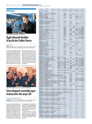 12
PROPOSTES BONDIA
DIVENDRES, 21 DE MARÇ DEL 2014
Cinemes
Rambla C/ Anselm Clavé, 11 - Tel.: 973 23 27 26 Lleida
12 años de esclavitud (+16) (català) (HD) 16.40 19.00 21.20
Agosto (+16) (HD) 16.00 18.10
París a toda costa (+7) 20.20 22.00
Non-Stop (+12) (HD) 16.30 18.30 20.30
La Venus de las pieles (+16) (HD) 22.30
Principal Pl/ Paeria, 8 Lleida- Tel.: 902 17 09 38
300: el origen de un imperio (+16) (HD) 16.30
La bella y la bestia (+7) (HD) 18.30
La hermandad (+12) (HD) 20.35 22.15
Lauren C/ Pere Cabrera, 6-8 -Lleida Tel.: 973 20 54 48 - www.laurenfilm.es Dimecres no festius: Dia del Cinema (3,90 €)
El lobo de Wall Street (+16) 16.15 19.30 •23.00
Her (+12) 16.30 19.15 22.15 •00.30
Una vida en tres días (+12) 16.00 18.10 20.20 22.30 •00.35
Las aventuras de Peabody y Sherman (apta) 16.00 18.00 20.00 22.00•00.05
Monuments Men (+7) 16.20 19.20 22.10 •00.20
Dallas Buyers Club (+12) 16.30 19.00 22.00•00.15
Ocho apellidos vascos (apta) 16.20 18.20 20.20 22.20•00.25
Philomena (apta) 16.15 18.15 20.15 22.15 •00.15
La gran estafa americana (+16) 16.20 19.00
Robocop (+12) 22.20•00.30
Jack Ryan: operación sombra (+12) 20.25 22.30•00.30
Nebraska (apta) 16.10 18.15
Funatic C/ Pi i Margall, 26 - Lleida Tel.: 902 12 59 02. - www.funatic.es Dimecres no festius: Sessió Low Cost (3€)
Joven y bonita (+16) 19.15 22.40
Alabama Monroe (+16) 15.00 20.50
La gran belleza (+12) 17.00
Los canallas (+16) (VOS) 15.00 19.50
Pelo malo (+12) 16.45
The Exam (+12) 18.20
Las maestras de la República (apta) 21.30
La partida (+16) 22.40
En tierra de nadie (+16) 15.00
Emperador (+7) 18.45
Byzantium (+12) (VOS) 16.45 20.30
Oh Boy (+12) (VOS) 22.40
JCA Alpicat C/ K. Pla parcial 2 del Pla de Montsó. Alpicat - Tel.: 973 70 63 50
300: el origen de un imperio (+16) °12.25 °14.25 16.25 18.25 20.25 22.25 •00.25
300: el origen de un imperio (+16) °13.05 15.05 17.05 19.05 21.05 •23.05
300: el origen de un imperio (+16) (3D) 20.05 22.00 •00.00
8 apellidos vascos (apta) °11.30 13.20 15.10 17.00 18.50 20.40 22.30 •00.20
8 apellidos vascos (apta) °12.20 14.10 16.00 17.50 19.40 21.30 •23.20
Monuments Men (+7) °11.30 °13.40 15.50 18.00 20.10 22.20 •00.30
El Gran Hotel Budapest (+12) °11.40 13.30 15.20 17.10 19.00 20.50 22.40 •00.30
El Gran Hotel Budapest (+12) °12.30 14.20 16.10 18.00 19.50 21.40 •23.30
El lobo de Wall Street (+16) °12.35 15.45 18.50 22.00
La lego película (+7) °11.30 13.15 15.00 16.45 18.30
Robocop (2014) (+12) 20.25 22.30 •00.35
Frozen, el reino del hielo (apta) °11.50 °13.50 15.50 17.45
La gran estafa americana (+16) 19.45 22.15 •00.45
Lluvia de albóndigas 2 (apta) °11.45 °13.25 15.05 16.50
Jack Ryan: operación sombra (+12) 18.45 20.40 22.35 •00.30
“Tú y yo” David Bisbal (HD) (curmetratge musical) °12.00
“Tú y yo” David Bisbal (HD) (curmetratge musical) (dv/ds) 15.10 18.00
La bella y la bestia (+7) (HD) °13.10 16.35
La bella y la bestia (+7) (dv/ds) °11.45 °13.50 16.00 18.05 20.10 22.15 •00.20
Non Stop (+12) (HD) 18.35 20.35 22.30 •00.25
Las aventuras de Peabody y Sherman (apta) °12.40 °14.30 16.30 18.25 20.15 22.00 •23.50
Las aventuras de Peabody y Sherman (3D) °11.30 °13.30 16.05 18.05
Las aventuras de Peabody y Sherman (3D) (dv/ds) 16.05
Jo crec (apta) (HD) (dv/ds) 19.00
Una vida en tres días (+12) (dv/ds) °12.10 °14.15 16.20 18.25
Alabama Monroe (+16) (dv/ds( 20.25 22.25 •00.25
Urgell C/ Navarra, 7. Mollerussa - Tel.: 973 60 03 13. www.circusa.com - Preu dilluns: 3,90€
Una vida en tres días (+12) (Digital HD). Dv. 22.30; Ds. 18.10, 20.10, 22.30; Dg. 16.10, 18.10, 20.10; Dl. 22.15
Majèstic Av. Catalunya, 54. Tàrrega - Tel.: 973 31 07 30. www.circusa.com - Preu dilluns: 3,90€
Agosto (+16). Dv. 22.30; Ds. 18.00, 20.15, 22.30; Dg. 16.00, 18.15, 20.30; Dl. 22.15
De tal padre, tal hijo (+7). Dv. 22.30; Ds. 20.15; Dg. 20.15
El caballero Don Latón (apta). Ds. 18.15; Dg. 16.15
Robocop (+12). Ds. 22.30; Dg. 18.15; Dl. 22.15
Casal C/ Hospital, s/n. Cervera - Tel.: 973 53 22 64. www.circusa.com Preu divendres: 3,90€
La gran estafa americana (+16). Dv. 22.15; Ds. 22.15; Dg. 19.30
El caballero Don Latón (apta). Ds. 19.15; Dg. 17.30
Armengol Plaça Ramon Folch, 17. Bellpuig. www.circusa.com - Preu dilluns: 3,90€
París a toda costa (+7). Ds. 18.15; Dg. 17.00
Jack Ryan: operación sombra (+12). Ds. 22.30; Dg. 19.30; Dl. 22.15
Casal C/Baixada Mercadal, 9. Agramunt - Tel.: 973 39 00 64. www.circusa.com - Preu dilluns: 3,90€
Robocop (+12). Ds. 18.15; Dg. 19.30
Monuments Men (+7). Ds. 22.30; Dg. 17.00; Dl. 22.15
El Casal C/ Major, 36. Almacelles - Tel.: 973 74 23 47. www.circusa.com
¿Qué hacemos con Maisie? (+7) Dh. 17.00
Sobran las palabras (+7). Dg. 20.00
La Lira C/ Barcelona, 1. Tremp - Tel.: 973 11 92 11. www.circusa.com - Preu dilluns: 3,90€
Al encuentro de Mr. Banks (+7) (Digital HD). Ds. 22.15; Dg. 19.30; Dl. 22.15
Las aventuras de Peabody y Sherman (apta) (Digital HD). Dg. 17.00
Àgilidivertitthriller
d’acciódeCollet-Serra
Non-Stop
Trhiller.EUA, 2014. 106’. Dir.: Jaume Collet-Serra. Int.: Liam Neeson, Julianne
Moore, Michelle Dockery, Lupita Nyong’o. Cinemes: Rambla, JCAAlpicat.
EldirectorcatalàJaumeCollet-
Serraestrenaaquestthrillerde
suspensambLiamNeesoniJu-
lianneMooreenelrepartiment.
La pel·lícula ha triomfat a Es-
tats Units i va arribar fins i tot
asernúmero1detaquilla.Ne-
eson interpreta l’oficial de
l’exèrcit nord-americà Bill
Marks. Durant el vol transat-
làntic de NovaYork a Londres,
Marksrepunasèriedemissat-
ges de text anònims que li exi-
geixen que les línies aèries
transfereixin 150 milions de
dòlars a un compte estranger,
amenaçant de matar un pas-
satger cada 20 minuts mentre
notinguielsdiners.Lahistòria
se centra en la recerca de l’as-
sassíienesbrinarelmisterique
s’hi amaga.
Liam Neeson, un heroic policía en els núvols.
Unaelegantcomèdiaque
transcorrealsanys30
El Gran Hotel Budapest
Comèdia. EUA, 2014. 100’. Dir.: Wes Anderson. Int.: Ralph Fiennes, Adrien
Brody,Willem Dafoe, HarveyKeitel, Jude Law. Cinemes: JCAAlpicat
Aquesta comèdia dramàtica
tractasobrelahistòriad’unlle-
gendari conserge d’un hotel
enmig de l’Europa en guerra i
lasevaamistatambundelstre-
balladors. Així mateix, el film
també relata el robatori i la re-
cuperació d’una pintura renai-
xentista i la batalla per una
enormefortunaentrediferents
personatges. La filmografia
de Wes Anderson eclosiona
enunapropostatremenda,tan
impol·lutaenlasevaposadaen
escena com delicada, tendra i
intel·ligent en els seus contin-
guts,untreballfonamental idi-
ferent de tots.
Destaca també un reparti-
ment de luxe on, a més dels
actorsqueconstenalafitxa,hi
trobemJeffGoldblum,BillMur-
ray, Edward Norton i Tilda
Swinton.
Ralph Fiennes ofereix una vis còmica que no se li coneixia.
Pel·lícules
PROGRAMACIÓ I HORARIS DEL 21 AL27 DE MARÇ - CIRCUITURGELLENC DEL21 AL24 DE MARÇ. (°)
Matinal de diumenge. (•) Sessió golfa: divendres, dissabtes ivigílies de festius.
 