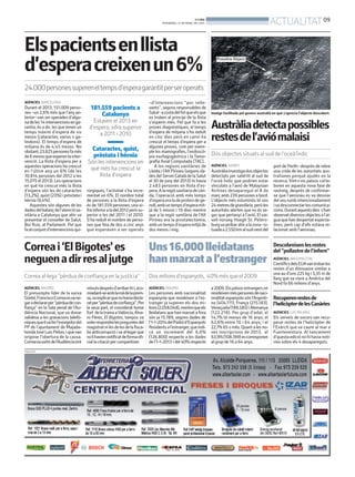 BONDIA
DIVENDRES, 21 DE MARÇ DEL 2014
09
ACTUALITAT
Correai‘ElBigotes’es
neguenadirresaljutge
Correa al·lega “pèrdua de confiança en la justícia”
AGÈNCIES. MADRID
El presumpte líder de la xarxa
Gürtel,FranciscoCorreaesvane-
garadeclararper“pèrduadecon-
fiança” en la Sala penal de l’Au-
diència Nacional, que va donar
validesa a les gravacions telefò-
niquesquelivaferl’exregidordel
PP de l’ajuntament de Majada-
hondaJoséLuisPeñas,iquevan
originar l’obertura de la causa.
Correavasortirdel’Audiènciavint
minutsdesprésd’arribar-hii,aco-
miadant-seamblamàdelaprem-
sa,vaexplicarquenohaviadecla-
ratper“pèrduadeconfiança”.Per
la seua part, el considerat home
fort delatramaaValència,Álva-
ro Pérez, El Bigotes, tampoc va
volerrespondrelespreguntesdel
magistratnilesdelesdelafisca-
lia anticorrupció iva al·legar que
nolihaviennotificatdeformaofi-
cial la citació per comparèixer.
Uns16.000lleidatans
hanmarxatal’estranger
Dosmilionsd’espanyols, 40%mésqueel2009
AGÈNCIES. MADRID
Les persones amb nacionalitat
espanyola que resideixen a l’es-
tranger ja superen els dos mi-
lions(2.058.048),mentrequeels
lleidatans que han marxat a fora
són ja 15.789, segons dades de
l’1-1-2014delPadród’Espanyols
Residentsal’estranger,queindi-
ca un increment del 6,6%
(126.800) respecte a les dades
de l’1-1-2013 i del 40% respecte
a2009.Elspaïsosestrangerson
resideixenméspersonesdenaci-
onalitatespanyolasónl’Argenti-
na (404.111), França (215.183),
Veneçuela(188.585)iAlemanya
(122.218). Per grup d’edat, el
14,7% té menys de 16 anys; el
62,6% entre 16 i 64 anys; i el
22,7% 65 o més. Quant a les no-
ves inscripcions de 2013, el
63,9%(108.789)escorresponen
al grup de 16 a 64 anys.
Descobreixenlesrestes
del“pollastredel’infern”
AGÈNCIES. WASHINGTON
CientíficsdelsEUAvantrobarles
restes d’un dinosaure similar a
una au d’uns 225 kg i 3,35 m de
llarg que va viure a Amèrica del
Nord fa 66 milions d’anys.
Recuperenrestesde
l’helicòpterdelesCanàries
AGÈNCIES. LAS PALMAS
Els serveis de socors van recu-
perar restes de l’helicòpter de
l’Exèrcit que va caure al mar a
Fuerteventura. Al tancament
d’questaediciónohihavianotí-
cies sobre els 4 desapareguts.
AGÈNCIES. BARCELONA
Durant el 2013, 151.009 perso-
nes –un 2,6% més que l’anyan-
terior–vanseroperadesd’algu-
nadeles14intervencionsenga-
rantia, és a dir, les que tenen un
temps màxim d’espera de sis
mesos (cataractes, varius o ga-
lindons). El temps d’espera de
mitjana és de 4,45 mesos. No
obstant,23.825personesfamés
de6mesosqueesperenlainter-
venció. La llista d’espera per a
aquestes operacions ha crescut
en l’últim any un 6% (de les
70.814 persones del 2012 a les
75.075el2013).Lesoperacions
en què ha crescut més la llista
d’espera són les de cataractes
(13,2%),quist(23%)ipròstatai
hèrnia (9,4%).
Aquestes són algunes de les
dadesdelbalançdel’atenciósa-
nitària a Catalunya que ahir va
presentar el conseller de Salut,
Boi Ruiz, al Parlament. Pel que
faalconjuntd’intervencionsqui-
Elspacientsenllista
d’esperacreixenun6%
24.000personessupereneltempsd’esperagarantitperseroperats
rúrgiques, l’activitat s’ha incre-
mentat un 6%. El nombre total
de persones a la llista d’espera
és de 181.559 persones, una xi-
frainferioraladel2012peròsu-
perior a les del 2011 i el 2010.
S’ha reduït el nombre de perso-
nes que feia de dos a cinc anys
que esperaven a ser operats
–d’intervencions “poc relle-
vants”, segons responsables de
Salut–acostadelfetqueelsque
es troben al principi de la llista
s’esperin més. Pel que fa a les
proves diagnòstiques, el temps
d’espera de mitjana s’ha reduït
en cinc dies però en canvi ha
crescut el temps d’espera per a
algunes proves, com per exem-
ple les mamografies, l’endoscò-
pia esofagogàstrica i la Tamo-
grafia Axial Computada (TAC).
A les regions sanitàries de
Lleida i l’Alt Pirineu (segons da-
desdelServeiCatalàdelaSalut
el 30 de juny del 2013) hi havia
2.483 persones en llista d’es-
pera.AlaregiósanitariadeLlei-
da, l’operació amb més temps
d’esperaeraladeprotesidege-
noll,ambuntempsd’esperamit-
jà de 5 mesos i 19 dies mentre
que a la regió sanitària de l’Alt
Pirineu era la prostatectomia,
ambuntempsd’esperamitjàde
dos mesos i mig.
AGÈNCIES. SIDNEY
Austràliainvestigadosobjectes
detectats per satèl·lit al sud de
l’oceà Índic que podrien estar
vinculats a l’avió de Malaysian
Airlines desaparegut el 8 de
març amb 239 persones a bord.
L’objecte més voluminós té uns
24metresdegrandària,peròles
autoritats alerten que no és se-
gur que pertanyi a l’avió. El vai-
xell norueg Hoegh St. Peters-
burgvaarribarahiralazona–si-
tuadaa2.550kmalsud-oestdel
port de Perth– després de rebre
una crida de les autoritats aus-
tralianes perquè ajudés en la
recerca. Vint-i-sis països col·la-
boren en aquesta nova fase de
rastreig, després de confirmar-
se que l’aeronau es va desviar
delseurumbintencionadament
ivadesconnectarlescomunica-
cions.Durantaquestsdies s’han
observatdiversosobjectesal’ai-
guaquehandespertatexpecta-
tives, però cap d’ells estava re-
lacionat amb l’aeronau.
Austràliadetectapossibles
restesdel’aviómalaisi
Dos objectes situats al sud de l’oceà Índic
Imatge facilitada pel govern australià en què s’aprecia l’objecte descobert.
181.559 pacients a
Catalunya
Estaven el 2013 en
d’espera, xifra superior
a 2011 i 2010
Cataractes, quist,
pròstata i hèrnia
Són les intervencions en
què més ha crescut la
llista d’espera
PUBLICITAT
 