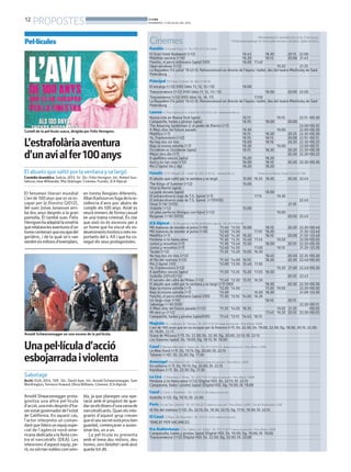 12
PROPOSTES BONDIA
DIVENDRES, 11 DE JULIOL DEL 2014
Cinemes
Rambla C/ Anselm Clavé, 11 - Tel.: 973 23 27 26 Lleida
El Gran Hotel Budapest (+12) 16.45 18.30 20.15 22.00
Malditos vecinos (+16) 16.30 18.15 20.00 21.45
Pancho, el perro millonario (apta) (HD) 16.00 17.40
Open windows (+12) 19.20 21.25
La Bayadère (14 juliol: 19.45 h). Retransmissió en directe de l’ópera i ballet, des del teatre Marlinsky de Sant
Petersburg
Principal Pl/ Paeria, 8 Lleida- Tel.: 902 17 09 38
El encargo (+12) (HD) (dies 11, 12, 13 i 15) 16.00
Transcendence (+12) (HD) (dies 11, 12, 13 i 15) 18.00 20.00 22.00
Trascendence (+12) (HD) (dies 14, 16, 17) 17.00
La Bayadère (14 juliol: 19.45 h). Retransmissió en directe de l’ópera i ballet, des del teatre Marlinsky de Sant
Petersburg
Lauren C/ Pere Cabrera, 6-8 -Lleida Tel.: 973 20 54 48 - www.laurenfilm.es
Nueva vida en Nueva York (apta) 16.15 19.10 22.15 •00.30
Campanilla, hadas y piratas (apta) 16.10 18.00 20.00
The Amazing Spiderman 2: el poder de Electro (+7) 22.00•00.35
X-Men: días del futuro pasado 16.30 19.00 22.00•00.30
Maléfica (+7) 16.15 18.20 20.25 22.30•00.30
Yo, Frankenstein (+12) 16.10 18.15 20.00 22.10 •00.15
No hay dos sin tres 16.00 18.10 20.20 22.30•00.35
Bajo la misma estrella (+7) 16.30 19.00 22.00•00.15
Occidente es Occidente (apta) 16.15 18.20 20.20 22.30•00.30
Mejor otro día (+7) 20.20 22.20•00.25
8 apellidos vascos (apta) 16.20 18.20
Azul y no tan rosa (+12) 16.00 18.10 20.20 22.30•00.30
Rio 2 (apta) (ds / dg) 16.20 18.20
Funatic C/ Pi i Margall, 26 - Lleida Tel.: 902 12 59 02. - www.funatic.es Dimecres no festius: Sessió Low Cost (3€)
El abuelo que saltó por la ventana y se largó 15.00 16.55 18.50 20.50 22.45
The Kings of Summer (+12) 15.00
Viva la libertà (apta).
La jaula dorada (apta) 18.00
El extraordinario viaje de T.S. Spivet (+7) 17.15 19.30
El extraordinario viaje de T.S. Spivet (+7)(VOS) 22.45
Omar (+16) (VOS) 21.10
Violette (+12) 15.00
Un plan perfecto (Amigos con hijos) (+12) 19.00
Borgman (+16) (VOS) 20.50 22.45
JCA Alpicat C/ K. Pla parcial 2 del Pla de Montsó. Alpicat - Tel.: 973 70 63 50
Mil maneras de morder el polvo (+16) °11.40 °13.50 16.00 18.10 20.20 22.30•00.40
Mil maneras de morder el polvo (+16) °12.50 °15.00 17.10 19.20 21.30 •23.40
Maléfica (+7) °12.40 °14.30 16.20 18.10 20.00 21.50 •23.40
Perdona si te llamo amor °11.30 °13.35 15.40 17.45 19.50 22.00•00.05
Juntos y revueltos (+7) °11.30 °13.40 15.50 18.00 20.10 22.20•00.30
Juntos y revueltos (+7) °12.40 °14.50 17.00 19.10 21.20 •23.30
Tarzán (+12) °11.35 °13.20 15.05 16.50
No hay dos sin tres (+12) 18.45 20.40 22.35 •00.30
Al filo del mañana (+12) °11.40 °14.00 16.10 18.20 20.30 22.40•00.50
Rio 2 (apta) (3D) °12.00 °13.50 15.40 17.30
Yo, Frankenstein (+12) 19.20 21.00 22.40•00.20
8 apellidos vascos (apta) °11.50 °13.35 15.20 17.05 18.50
Godzilla (2014)(+12) 20.35 22.45
El secreto del cofre de Midas (+12) °11.40 °13.30 15.10 16.50
El abuelo que saltó por la ventana y se largó (+7) (HD) 18.30 20.30 22.30•00.30
Bajo la misma estrella (+7) °12.20 °14.50 17.20 19.50 22.20•00.50
Bajo la misma estrella (+7) °13.30 16.00 18.30 21.00 •23.30
Pancho, el perro millonario (apta) (HD) °11.30 °13.10 °14.50 16.30
Un largo viaje (+16) 18.10 20.15
Sabotage (+16) (HD) 22.20•00.15
X-Men: días del futuro pasado (+12) °11.35 °14.05 16.35 19.05 21.35 •00.05
Mi otro yo (+12) 17.45 19.20 20.55 22.30•00.05
Campanilla, hadas y piratas (apta)(HD) °11.45 °13.15 °14.45 16.15
Majèstic Av. Catalunya, 54. Tàrrega - Tel.: 973 31 07 30. www.circusa.com - Preu dilluns: 3,90€
L’avi de 100 anys que es va escapar per la finestra (+7). Dv. 22.30; Ds. 19.00, 22.30; Dg. 18.00, 20.15, 22.30;
Dl. 19.00, 22.15
Grace de Mónaco (+7). Dv. 22.30; Ds. 22.30; Dg. 20.00, 22.15; Dl. 22.15
Los Goonies (apta). Ds. 19.00; Dg. 18.15; Dl. 19.00
Casal C/Baixada Mercadal, 9. Agramunt - Tel.: 973 39 00 64. www.circusa.com - Preu dilluns: 3,90€
Le Wee-Kend (+7). Ds. 19.15; Dg. 20.00; Dl. 22.15
Tokarev (+16). Ds. 22.30; Dg. 17.30
Armengol Plaça Ramon Folch, 17. Bellpuig. www.circusa.com - Preu dilluns: 3,90€
En solitario (+7). Ds. 19.15; Dg. 20.00; Dl. 22.15
Kamikaze (+7). Ds. 22.30; Dg. 17.30
La Lira C/ Barcelona, 1. Tremp - Tel.: 973 11 92 11. www.circusa.com - Preu dilluns: 3,90€
Perdona si te llamo amor (+12) (Digital HD). Ds. 22.15; Dl. 22.15
Campaneta, fades i pirates (apta) (Digital HD). Dg. 19.00; Dl. 19.00
Casal C/ Casal, 2. Montblanc - Tel.: 627 57 12 38. www.circusa.com
Godzilla (+12). Dg. 19.15; Dl. 22.00
Paris Ctra de Torà. Solsona - Tel.: 973 48 02 77. www.circusa.com - Preu dilluns: 3,90€ - Dia de l’Espectador 5,50€
Al filo del mañana (+12). Dv. 22.15; Ds. 18.30, 22.15; Dg. 17.15, 19.30; Dl. 22.15
El Casal C/ Major, 36. Almacelles - Tel.: 973 74 23 45. www.circusa.com
TANCAT PER VACANCES
Era Audiovisuau C/ Av. Calbeto, s/n . Vielha - Tel.: 973 11 92 11. www.circusa.com - Preu dilluns: 3,90€
Campanailla, hadas y piratas (apta) (Digital HD). Ds. 19.00; Dg. 19.00; Dl. 19.00
Transcendence (+12) (Digital HD). Ds. 22.00; Dg. 22.00; Dl. 22.00
L’estrafolàriaaventura
d’unavialfer100anys
El abuelo que saltó por laventanayse largó
Comèdia dramàtica. Suècia, 2013. 14’. Dir.: Felix Herngren. Int.: Robert Gus-
tafsson, IwarWiklander, Mia Skäringer. Cinemes: Funatic, JCAAlpicat
El fenomen literari mundial
L’avi de 100 anys que es va es-
capar per la finestra (2012),
del suec Jonas Jonasson arri-
ba dos anys després a la gran
pantalla. El també suec Felix
Herngrenhaadaptatlanovel·la
querelatavalesaventuresd’un
homecentenariqueescapadel
geriàtric, i de la qual se’n van
vendresismilionsd’exemplars,
en trenta llengües diferents.
AllanKarlssonesfugadelare-
sidència d’avis poc abans de
complir els 100 anys. Aviat es
veurà immers de forma casual
en una trama criminal. És clar
que això no és excessiu per a
un home que ha viscut els es-
devenimentshistòricsmésim-
portants del s. XX i que ha co-
negut els seus protagonistes.
Cartell de la pel·lícula sueca, dirigida per Felix Herngren.
Unapel·lículad’acció
esbojarradaiviolenta
Sabotage
Acció. EUA, 2014. 109’. Dir.: David Ayer. Int.: Arnold Schwarzenegger, Sam
Worthington,Terrence Howard, OliviaWilliams. Cinemes: JCAAlpicat.
Arnold Shwarzenegger prota-
gonitza una altra pel·lícula
d’acció,unamésdesprésd’ha-
verestatgovernadordel’estat
de Califòrnia. En aquest cas,
l’actor interpreta un coman-
dant que lidera un equip espe-
cial de l’agència nord-ame-
ricana dedicada a la lluita con-
tra el narcotràfic (DEA). Les
intencions d’aquest equip, pe-
rò,nosóntannoblescomsem-
bla, ja que planegen una ope-
ració amb el propòsit de que-
dar-seelsdinersd’unaxarxade
narcotraficants.Quanelsinte-
grants d’aquest grup creuen
queelseusecretestàprouben
guardat, començaran a asses-
sinar-los, un a un.
La pel·lícula es presenta
amb el lema deu milions, deu
homes,zerolleialtatiambaixò
queda tot dit.
Arnold Schwarzenegger en una escena de la pel·lícula.
Pel·lícules
PROGRAMACIÓ I HORARIS DE L’11 AL17DE JULIOL.
(°) Matinal de diumenge. (•) Sessió golfa: divendres, dissabtes ivigílies de festius.
 