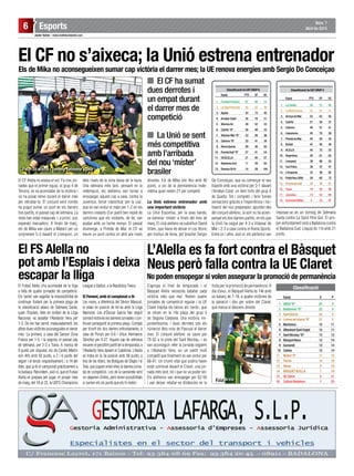 Núm. 284
Del 19/11 al 25/11 2010Esports6
Javier Torres - redaccio@diaridalella.com
Núm. 7
Abril de 2015
S’apropa el final de temporada i el
Bàsquet Alella necessita batallar cada
victòria més que mai. Resten quatre
jornades de competició regular i la UE
Claret trepitja els talons als ‘verds’, que
se situen en la 14a plaça del grup 3
de Segona Catalana. Una victòria, im-
portantíssima, i dues derrotes són els
números dels nois de Pascual el darrer
mes. El conjunt alellenc va caure per
75-52 a la pista del Sant Nicolau, i es
van aconseguir refer la jornada següent
a l’Abelardo Vera, en un partit molt
competit que finalment es van endur per
68-61. Un triomf vital que podria haver
estat culminat davant el Claret, una jor-
nada més tard, tot i que no va poder ser.
Els alellencs van ensopegar per 62-56
i van deixar retallar-se distàncies en la
El Futsal Alella s’ha acomiadat de la lliga
a falta de quatre jornades de competició.
Els ‘verds’ van segellar la impossibilitat de
continuar lluitant per la primera plaça de
la classificació abans de Setmana Santa,
quan l’Esplais, líder en solitari de la Lliga
Nacional, va assaltar l’Abelardo Vera per
1-3. De res han servit, malauradament, les
altres dues victòries aconseguides el darrer
mes. La primera, a casa del Sansur Zona
Franca per 1-5, i la segona, el passat cap
de setmana, per 2-3 a Tiana. A manca de
9 punts per disputar, els de Carles Martin
són 4rts amb 43 punts, a 2 i 6 punts del
segon i el tercer, respectivament, i a 14 del
líder, que ja té el campionat pràcticament a
la butxaca. Recordem, això sí, que el Futsal
Alella es prepara per jugar, el proper mes
de maig, del 18 al 23, la UEFS Champions
League a Valtice, a la República Txeca.
El Femení, amb el campionat a tir
Les noies, a diferència del Sènior Masculí,
sí estan en posició de fer-se amb la Lliga
Nacional. Les d’Òsccar Garcia han seguit
sumantvictòrieslesdarreresjornadesicon-
tinuen perseguint la primera plaça. Compte
per triomf els dos darrers enfrontaments, a
casa de Pony’s per 0-6 i d’Isur Hermanos
Sánchez per 0-27. Aquest cap de setmana
encaren el penúltim partit de la temporada, a
l’Abelardo Vera davant el Catalònia. L’Alella
es troba en la 3a posició amb 58 punts, a
tres de les líders, les Botigues de Sitges i el
Teià, que juguen entre elles la darrera jorna-
da de competició. Les de la samarreta verd
no depenen d’elles, però tenen possibilitats
si sumen els sis punts que els hi resten.
L’Alella es fa fort contra el Bàsquet
Neus però falla contra la UE Claret
El FS Alella no
pot amb l’Esplais i deixa
escapar la lliga
lluita per la promoció de permanència. A
dia d’avui, el Bàsquet Alella és 14è amb
un balanç de 7-18, a quatre victòries de
la salvació i dos per sobre del Claret,
que marca el descens directe.
El CF no s’aixeca; la Unió estrena entrenador
El CF Alella no aixeca el vol. Fa cinc jor-
nades que el primer equip, al grup 4 de
Tercera, es va acomiadar de la victòria i
no ha posat remei durant el darrer mes
per retrobar-la. El conjunt verd només
ha pogut sumar un punt en els darrers
tres partits, el passat cap de setmana. La
resta han estat malaurats i, a priori, poc
esperats marcadors. A finals de març,
els de Mika van caure a Mataró per un
sorprenent 5-3 davant el Liverpool, un
Els de Mika no aconsegueixen sumar cap victòria el darrer mes; la UE renova energies amb Sergio Do Conceiçao
Foto: UE Alella / Torneig Setmana Santa
dels rivals de la zona baixa de la taula.
Una setmana més tard, pensant en la
redempció, els alellencs van tornar a
ensopegar, aquest cop a casa, contra la
Juventus, tercer classificat ‘per la cua’,
que es van endur el matx per 1-2 en els
darrers instants d’un partit ben replet de
cartolines que els visitants, de fet, van
acabar amb un home menys. El passat
diumenge, a Pineda de Mar, el CF va
treure un punt contra un dels ara rivals
directes. Els de Mika són 9ns amb 40
punts, a sis de la permanència mate-
màtica quan resten 21 per competir.
La Unió estrena entrenador amb
una important victòria
La Unió Esportiva, per la seva banda,
va estrenar ‘míster’ a finals del mes de
març. El club alellenc va substituir David
Villen, que havia de deixar el cos tècnic
per motius de feina, pel brasiler Sergio
El CF ha sumat
dues derrotes i
un empat durant
el darrer mes de
competició
La Unió se sent
més competitiva
amb l’arribada
del nou ‘míster’
brasiler
Da Conceiçao, que va començar el seu
trajecte amb una victòria per 3-1 davant
l’Arrabal-Calaf, un dels forts del grup 6
de Quarta. Tot i competir i tenir bones
sensacions gràcies a l’experiència i mo-
tivació del nou preparador, apunten des
del conjunt alellenc, la sort no ha acom-
panyat els dos darrers partits, en els que
la Unió ha caigut per 4-3 a Vilassar de
Mar i 2-3 a casa contra el Roma Sports.
Entre un i altre, això sí, els alellencs van
imposar-se en un torneig de Setmana
Santa contra La Salut Pere Gol. El pro-
per enfrontament serà a Badalona contra
el Badalona Sud. L’equip és 11è amb 21
punts.
		 Equip	 PTS	 GF	 GC
	 1.	 LaLlàntia	 56	 73	 40
	 2.	 LaMataronesa	 55	 61	 27
	 3.	 ArenysdeMar	 52	63	50
	4.	 Cabrils	 51	56	37
	5.	 Cabrera	 49	 57	 41	
	6.	 Llavaneres	 45	 76	 59
	 7.	 PinedadeMar	 44	 50	 34
	8.	 Bufalà	 42	 56	 46
	9.	 ALELLA	 40	 70	 53
10.	Argentona	 40	 61	 62
	11.	 Liverpool	 39	 66	 53
	12.	 TuróPeira	 38	 47	 47
	13.	 L’Empenta	 32	 46	 62
	14.	 PobleNou2000	 29	 60	 72
	15.	 PremiàdeDalt	 24	 40	 61
	16.	 Tiana	 19	 30	 59
	17.	 Juventus	 14	 32	 69
	18.	 GramenetMilan	 5	 25	 97
Classificació 3a CAT GRUP 4
		 Equip	 PTS	 GF	 GC
	 1.	 FundacióGrama	 61	 98	 15
	 2.	 LaSalutPereGol	 45	 63	 39
	 3.	Àguila	 43	 73	 45
	4.	 Arrabal-Calaf	 42	 78	 31
	 5.	 MasnouAt.	 39	 52	 33	
	 6.	 Cabrils“B”	 36	 49	 33
	 7.	 VilassarMar“B”	 33	 48	 38
	 8.	 Cabrera“B”	 33	 41	 34
	 9.	 RomaSports	 29	 38	 50
10.	 PremiàDalt“B”	 27	 41	 54
	11.	 UEALELLA	 21	 40	 57
	12.	 BadalonaSud	 11	 29	 95	
13.	 Dosrius2010	 10	 28	 104
Classificació 4a CAT GRUP 6
		 Equip	 G	 P
	 1	 UBSA“B”	 22	 4
	 2	 Badalonès“B”	 22	 4
	 3	 SantQuirze	 22	 4
	 4	 LluïsosdeGràcia“B”	 21	 5	
5	 Martinenc	 15	 11
	 6	 QBaskeetSantCugat	 15	 11
	 7	 SantNicolau“B”	 13	 13
	 8	 BàsquetNeus	 12	 14
	 9	 Guinardó	 12	 14
	10	 Caldes	 12	 14
11		 Mollet“B”	 11	 15
12		 Parets	 10	 16
13		 Alisos	 8	 18
14		 BÀSQUETALELLA	 7	 19
15		 UEClaret	 5	 21
16		 CulturaBadalona	 1	 25
Classificació
No poden ensopegar si volen assegurar la promoció de permanència
Foto: Arxiu
 