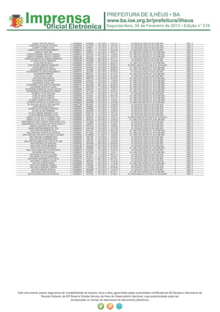 Segunda-feira, 04 de Fevereiro de 2013 • Edição n° 018



               ALBERT SANTOS ARAUJO          I100088220   NYW8803    18/11/2012   12:01:31      AV.OSVALDO CRUZ PX AO N 250 SCB        7463 / 0
           ALBERTINO ALVES DE OLIVEIRA       I100087866   ALU5547    15/11/2012   16:57:40      AV.OSVALDO CRUZ PX AO N 250 SBC        7455 / 0
               ALBERTO COSME COSTA           I100088198   GTB5071    18/11/2012   09:11:45      AV.OSVALDO CRUZ PX AO N 250 SCB        7455 / 0
        ALBERTO DA PAIXAO NASCIMENTO         I100088012    JSJ0811   17/11/2012   10:22:28      AV.OSVALDO CRUZ PX AO N 250 SBC        7455 / 0
                  ALBERTO LIRIO LIMA         I100089071   JSM3877    25/11/2012   08:57:13     AV. AMILTON CASTRO PX. AO N 958 SBC     7455 / 0
       ALBERTO ROMMEL ARAUJO CORREIA         I100088476   CHH1937    20/11/2012   13:35:03     AV. AMILTON CASTRO PX. AO N 958 SBC     7455 / 0
       ALBERTO ROMMEL ARAUJO CORREIA         I100088136   CHH1937    17/11/2012   12:57:24     AV. AMILTON CASTRO PX. AO N 958 SBC     7455 / 0
     ALBERVAN NEVES DE ALMEIDA SOBRINHO      I100089386   NTK5552    29/11/2012   20:47:11      AV.OSVALDO CRUZ PX AO N 250 SBC        7455 / 0
             ALCIDES DA SILVA MENEZES        I100089439   NYQ2356    28/11/2012   10:18:05      AV.OSVALDO CRUZ PX AO N 250 SBC        7455 / 0
                  ALCIR FREITAS NETO         I100088936   OKI0762    16/11/2012   08:02:13     AV. AMILTON CASTRO PX. AO N 958 SBC     7455 / 0
         ALDA REGINA BARBOZA MARQUES         I100088909   NYS6701    19/11/2012   05:20:37   AV.PROCLAMACAO PX N 944 S JD. SAVOIA/DI   7455 / 0
               ALDENI MARIA DE JESUS         I100087878   NTO0361    15/11/2012   09:29:25     AV. AMILTON CASTRO PX. AO N 958 SBC     7455 / 0
            ALECSANDRO SILVA SANTOS          I100088863   JNY2080    24/11/2012   08:00:23     AV. AMILTON CASTRO PX. AO N 958 SBC     7455 / 0
       ALESSANDRO DE JESUS NASCIMENTO        I100088773   JQQ1487    24/11/2012   07:20:09      AV.OSVALDO CRUZ PX AO N 250 SBC        7455 / 0
                 ALESSANDRO RIBEIRO          I100088935   MPI9712    16/11/2012   07:31:42     AV. AMILTON CASTRO PX. AO N 958 SBC     7455 / 0
                  ALEX DA SILVA LIMA         I100089389   JQQ0538    29/11/2012   23:18:39      AV.OSVALDO CRUZ PX AO N 250 SBC        7455 / 0
                ALEX SANTANA SANTOS          I100088643   NZB7702    22/11/2012   09:45:37     AV. AMILTON CASTRO PX. AO N 958 SBC     7455 / 0
              ALEXANDRA LIMA BOMFIM          I100088952   AOK4531    16/11/2012   11:59:08     AV. AMILTON CASTRO PX. AO N 958 SBC     7455 / 0
                ALEXANDRE ALVES LIMA         I100088953   NTS7999    16/11/2012   12:09:30     AV. AMILTON CASTRO PX. AO N 958 SBC     7455 / 0
       ALEXANDRE R DOS SANTOS SANTANA        I100089181   JRG2399    26/11/2012   06:29:29     AV. AMILTON CASTRO PX. AO N 958 SBC     7455 / 0
            ALEXANDRE REGIS DA CUNHA         I100088121   JRW3735    17/11/2012   08:59:20     AV. AMILTON CASTRO PX. AO N 958 SBC     7455 / 0
      ALEXANDRE SEBASTIAO SOUZA SANTOS       I100089096   NZE0754    25/11/2012   13:50:33     AV. AMILTON CASTRO PX. AO N 958 SBC     7455 / 0
       ALEXSANDRO ROTONDANO DE ANDRA         I100087874   HZT1859    15/11/2012   07:46:14     AV. AMILTON CASTRO PX. AO N 958 SBC     7463 / 0
              ALFREDO T B DE SANTANA         I100088353   JRY3127    19/11/2012   14:11:23      AV.OSVALDO CRUZ PX AO N 250 SCB        7455 / 0
               ALINE DA SILVA CAMPOS         I100088365    NYI5327   19/11/2012   08:57:00     AV. AMILTON CASTRO PX. AO N 958 SBC     7455 / 0
               ALINE DA SILVA CAMPOS         I100089189    NYI5327   26/11/2012   10:21:47     AV. AMILTON CASTRO PX. AO N 958 SBC     7455 / 0
          ALIOMAR FONSECA DOS SANTOS         I100088888   JME2055    24/11/2012   14:46:24     AV. AMILTON CASTRO PX. AO N 958 SBC     7463 / 0
       ALIOMAR FONTES DE OLIVEIRA FILHO      I100088387   NZU2666    19/11/2012   13:53:29     AV. AMILTON CASTRO PX. AO N 958 SBC     7455 / 0
        ALLAN RIVAIL BATISTA DOS SANTOS      I100087795   NZU2947    10/11/2012   15:44:58      AV.OSVALDO CRUZ PX AO N 250 SCB        7455 / 0
                ALMIR PINHEIRO ROCHA         I100088854   JQQ6263    24/11/2012   23:09:33      AV.OSVALDO CRUZ PX AO N 250 SBC        7455 / 0
         ALMIRO ALVES SOARES PINHEIRO        I100088354   NTR9960    19/11/2012   14:22:34      AV.OSVALDO CRUZ PX AO N 250 SCB        7455 / 0
               ALOISIO ALVES FERREIRA        I100087863   GSH3876    15/11/2012   16:30:35      AV.OSVALDO CRUZ PX AO N 250 SCB        7455 / 0
          ALOIZIO RIBEIRO MIRANDA FILHO      I100088085   NYK9132    17/11/2012   15:51:53      AV.OSVALDO CRUZ PX AO N 250 SBC        7455 / 0
          ALOIZIO RIBEIRO MIRANDA FILHO      I100088554   NYK9132    21/11/2012   15:43:57      AV.OSVALDO CRUZ PX AO N 250 SCB        7455 / 0
       AMADO LOC DE VEIC E TURISMO LTDA      I100088924   JRN3501    19/11/2012   13:23:10   AV.PROCLAMACAO PX N 944 S JD. SAVOIA/DI   7455 / 0
       AMADO LOC DE VEIC E TURISMO LTDA      I100089090   JRO8179    25/11/2012   12:45:20     AV. AMILTON CASTRO PX. AO N 958 SBC     7455 / 0
  AMAZONBAHIA COM E ARM DE PROD AGRIC LTDA   I100088530   NTT8825    21/11/2012   07:54:00      AV.OSVALDO CRUZ PX AO N 250 SCB        7455 / 0
  AMAZONBAHIA COM E ARMAZ DE PROD AGRIC LT   I100087952   JQB4878    16/11/2012   14:38:57      AV.OSVALDO CRUZ PX AO N 250 SBC        7455 / 0
           AMERICO ARCANJO DE SOUSA          I100089216   NYO1613    27/11/2012   10:09:22      AV.OSVALDO CRUZ PX AO N 250 SCB        7455 / 0
         AMORA EMPREENDIMENTOS LTDA          I100088259   GXK1995    18/11/2012   15:10:49      AV.OSVALDO CRUZ PX AO N 250 SBC        7455 / 0
            ANA CAROLINA BOMFIM SILVA        I100088723   NZG5131    23/11/2012   09:51:08     AV. AMILTON CASTRO PX. AO N 958 SBC     7455 / 0
       ANA CAROLINA CAMPOS DE AZEVEDO        I100088581   NYT3060    21/11/2012   16:23:06     AV. AMILTON CASTRO PX. AO N 958 SBC     7455 / 0
   ANA CAROLINA CARVALHO DE MELO S BLANES    I100088582   NYM4992    21/11/2012   16:48:46     AV. AMILTON CASTRO PX. AO N 958 SBC     7455 / 0
           ANA CRISTINA FUHRMANN RUIZ        I100088548    DIB7782   21/11/2012   12:56:53      AV.OSVALDO CRUZ PX AO N 250 SBC        7455 / 0
           ANA CRISTINA FUHRMANN RUIZ        I100088355    DIB7782   19/11/2012   14:31:55      AV.OSVALDO CRUZ PX AO N 250 SBC        7455 / 0
    ANA CRISTINA RIBEIRO DE CARVALHO LIMA    I100089282   LRR1630    28/11/2012   13:09:59      AV.OSVALDO CRUZ PX AO N 250 SBC        7455 / 0
            ANA CRISTINA S DE SANTANA        I100088764   OKS4946    24/11/2012   05:49:36      AV.OSVALDO CRUZ PX AO N 250 SBC        7455 / 0
            ANA ELVIRA COSTA BARBOSA         I100088188   JSQ3493    18/11/2012   07:50:49      AV.OSVALDO CRUZ PX AO N 250 SCB        7455 / 0
             ANA FLAVIA DE SOUZA MELO        I100089062   JPS8029    25/11/2012   07:22:05     AV. AMILTON CASTRO PX. AO N 958 SBC     7455 / 0
       ANA LUCIA CUNHA DE F COSTACURTA       I100089219   NYZ6704    27/11/2012   10:44:03      AV.OSVALDO CRUZ PX AO N 250 SBC        7455 / 0
               ANA MARIA ARRUDA DIAS         I100088576   NZT3698    21/11/2012   15:04:11     AV. AMILTON CASTRO PX. AO N 958 SBC     7463 / 0
           ANA MARIA DA SILVA OLIVEIRA       I100087991   NYY9317    17/11/2012   06:51:12      AV.OSVALDO CRUZ PX AO N 250 SCB        7463 / 0
           ANA MARIA LEAL DE ANDRADE         I100087846   NTJ8151    15/11/2012   14:53:07      AV.OSVALDO CRUZ PX AO N 250 SCB        7455 / 0
         ANA MARIA NASCIMENTO DA SILVA       I100089175   JPZ8773    26/11/2012   20:14:21      AV.OSVALDO CRUZ PX AO N 250 SBC        7455 / 0
            ANA MARIA O ARAGAO SOUZA         I100088223   JMX7090    18/11/2012   12:15:52      AV.OSVALDO CRUZ PX AO N 250 SCB        7455 / 0
               ANA PAULA BRITO MEIRA         I100088998   JSK8742    24/11/2012   17:43:46     AV. AMILTON CASTRO PX. AO N 958 SBC     7455 / 0
            ANA PAULA MOREIRA TORRES         I100088224   LUU0383    18/11/2012   12:19:19      AV.OSVALDO CRUZ PX AO N 250 SCB        7455 / 0
            ANA PAULA MOREIRA TORRES         I100089210   LUU0383    27/11/2012   07:08:38      AV.OSVALDO CRUZ PX AO N 250 SCB        7455 / 0
              ANA RITA RIBEIRO SPINOLA       I100088823   OKM3008    24/11/2012   14:22:39      AV.OSVALDO CRUZ PX AO N 250 SBC        7463 / 0
             ANA SELMA SANTOS SOUZA          I100088454   OKK9461    20/11/2012   09:19:11     AV. AMILTON CASTRO PX. AO N 958 SBC     7455 / 0
        ANATALIA MADALENA DOS SANTOS         I100088913   JQT3232    19/11/2012   07:58:27   AV.PROCLAMACAO PX N 944 S JD. SAVOIA/DI   7463 / 0




Este documento possui segurança de inviolabilidade de autoria, hora e data, garantidas pelas autoridades certiﬁcadoras AC/Serasa e Secretaria da
                Receita Federal, da ICP Brasil e Divisão Serviço da Hora do Observatório Nacional, cuja autenticidade pode ser
                                        comprovada no campo de assinatura do documento eletrônico.
 