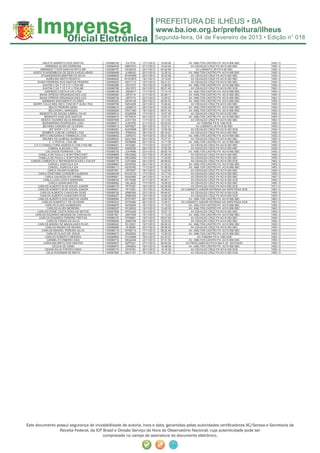 Segunda-feira, 04 de Fevereiro de 2013 • Edição n° 018



           ARLETE BARRETO DOS SANTOS          I100088150    CIL7218   17/11/2012   14:55:08        AV. AMILTON CASTRO PX. AO N 958 SBC     7455 / 0
             ARMANDO ALVES FERREIRA           I100089436   HBM1673    27/11/2012   15:44:45         AV.OSVALDO CRUZ PX AO N 250 SBC        7455 / 0
         ARMANDO T DOS SANTOS NETO ME         I100088757   EES8335    24/11/2012   04:22:58             AV.LOMANTO JR PX N 90 SBC          7455 / 0
   ASSOC B ASSEMBLEIA DE DEUS ILHEUS-ABADI    I100088469   JLM6242    20/11/2012   12:35:33        AV. AMILTON CASTRO PX. AO N 958 SBC     7455 / 0
         ATAANDERSON MARTINS DA SILVA         I100088835   NYW0609    24/11/2012   16:22:58         AV.OSVALDO CRUZ PX AO N 250 SBC        7455 / 0
              AURELINO BRITO PEIXOTO          I100088225   NYW3975    18/11/2012   12:19:25         AV.OSVALDO CRUZ PX AO N 250 SBC        7455 / 0
      AVANI FERREIRA DOS SANTOS PEREIRA       I100088200   NZC7113    18/11/2012   09:31:01         AV.OSVALDO CRUZ PX AO N 250 SBC        7455 / 0
           AVATIM C DA T I E C E I LTDA ME    I100088386   JSX1573    19/11/2012   13:29:52        AV. AMILTON CASTRO PX. AO N 958 SBC     7455 / 0
           AVATIM C DA T I E C E I LTDA ME    I100088766   JSX1573    24/11/2012   06:21:40         AV.OSVALDO CRUZ PX AO N 250 SCB        7463 / 0
             AZEREDO COSTA & CIA LTDA         I100088160   JSE9217    17/11/2012   17:14:18        AV. AMILTON CASTRO PX. AO N 958 SBC     7455 / 0
        BAHIA XPRESS ORGANIZACOES LOG         I100088585   JSP0174    21/11/2012   23:58:11        AV. AMILTON CASTRO PX. AO N 958 SBC     7455 / 0
        BAHIA XPRESS ORGANIZACOES LOG         I100088734   JSP0174    23/11/2012   13:30:27        AV. AMILTON CASTRO PX. AO N 958 SBC     7463 / 0
           BARBARA NASCIMENTO FLORES          I100089303   HEH6146    28/11/2012   09:54:33        AV. AMILTON CASTRO PX. AO N 958 SBC     7455 / 0
   BARRY CALLE BRA IND E COM DE P ALIM LTDA   I100088790   NZK4258    24/11/2012   10:46:42         AV.OSVALDO CRUZ PX AO N 250 SBC        7455 / 0
                 BEATO PEREIRA SENA           I100089419   JQQ9513    29/11/2012   14:52:25        AV. AMILTON CASTRO PX. AO N 958 SBC     7455 / 0
                 BELCHIOR L MARQUES           I100088290   CRC7480    18/11/2012   09:51:44        AV. AMILTON CASTRO PX. AO N 958 SBC     7455 / 0
        BENEDITO DE SOUSA CABRAL FILHO        I100088014   KQZ8558    17/11/2012   10:27:20         AV.OSVALDO CRUZ PX AO N 250 SBC        7455 / 0
             BENEDITO DIAS DOS SANTOS         I100088472   NTS3574    20/11/2012   13:07:31        AV. AMILTON CASTRO PX. AO N 958 SBC     7455 / 0
          BENITA TAVARES SILVA BRANDAO        I100087805   JOO1720    11/11/2012   12:13:53         AV.OSVALDO CRUZ PX AO N 250 SBC        7463 / 0
           BERNARDINO RODRIGUES LEAO          I100088517   JLM1976    21/11/2012   05:23:03              AV.ITABUNA PX N 1360 SCB          7455 / 0
           BETANIA CANDIDA DE OLIVEIRA        I100088413   NZF6627    20/11/2012   15:37:21             AV.LOMANTO JR PX N 90 SBC          7455 / 0
                  BIT SHOP I C E I LTDA       I100089281   AQH5968    28/11/2012   13:05:39         AV.OSVALDO CRUZ PX AO N 250 SCB        7455 / 0
           BOMBIFE COM DE CARNES LTDA         I100089358   JPM0542    29/11/2012   09:16:01         AV.OSVALDO CRUZ PX AO N 250 SBC        7455 / 0
        BRITO DROGARIA E FARMACIA LTDA        I100088942   JSP5372    16/11/2012   08:31:50        AV. AMILTON CASTRO PX. AO N 958 SBC     7455 / 0
           BRUNEK DE ALMEIDA SUSMAGA          I100088634   NZQ7364    22/11/2012   16:37:31         AV.OSVALDO CRUZ PX AO N 250 SBC        7455 / 0
                 C C POSTAL LTDA ME           I100088663   NZS8868    22/11/2012   14:17:36        AV. AMILTON CASTRO PX. AO N 958 SBC     7455 / 0
    C E C CONSULTORIA ASSESS E COB LTDA ME    I100088041    NTI0280   17/11/2012   12:23:27         AV.OSVALDO CRUZ PX AO N 250 SBC        7455 / 0
                CABRAL & SOUSA LTDA           I100089367   NZK2555    29/11/2012   12:52:59         AV.OSVALDO CRUZ PX AO N 250 SBC        7455 / 0
              CALCADOS FERREIRA LTDA          I100088720   JUV9496    23/11/2012   08:50:19        AV. AMILTON CASTRO PX. AO N 958 SBC     7455 / 0
       CAMILLA DE PAULA C M BITTENCOURT       I100088689   OKO2982    23/11/2012   07:38:20         AV.OSVALDO CRUZ PX AO N 250 SBC        7455 / 0
       CAMILLA DE PAULA C M BITTENCOURT       I100087868   OKO2982    15/11/2012   17:04:55         AV.OSVALDO CRUZ PX AO N 250 SBC        7455 / 0
  CARDIA COMERCIO E REPRESENTACOES LTDA-EP    I100088770   GZF4584    24/11/2012   06:58:52         AV.OSVALDO CRUZ PX AO N 250 SCB        7463 / 0
                CARGILL AGRICOLA S/A          I100088862   NZX9782    24/11/2012   07:42:21        AV. AMILTON CASTRO PX. AO N 958 SBC     7455 / 0
                CARGILL AGRICOLA S/A          I100088113   NZX9782    17/11/2012   07:48:20        AV. AMILTON CASTRO PX. AO N 958 SBC     7463 / 0
                CARLA AGUIAR ALMEIDA          I100087951   JSP5507    16/11/2012   14:22:40         AV.OSVALDO CRUZ PX AO N 250 SBC        7455 / 0
       CARLA CRISTIANE CORDEIRO ALMEIDA       I100088038   NYO6130    17/11/2012   12:17:33         AV.OSVALDO CRUZ PX AO N 250 SBC        7455 / 0
             CARLA GAVAZZA DO CARMO           I100088821   NZA2895    24/11/2012   14:19:41         AV.OSVALDO CRUZ PX AO N 250 SBC        7463 / 0
           CARLA LUIZA COSTA BANDEIRA         I100088534   NYT4096    21/11/2012   09:05:11         AV.OSVALDO CRUZ PX AO N 250 SCB        7455 / 0
                 CARLA USSAN BASTOS           I100088062   OKL4832    17/11/2012   14:09:20         AV.OSVALDO CRUZ PX AO N 250 SBC        7455 / 0
       CARLOS ALBERTO B DE SOUZA JUNIOR       I100088179    PFI7020   18/11/2012   05:39:58         AV.OSVALDO CRUZ PX AO N 250 SCB        7471 / 0
       CARLOS ALBERTO B DE SOUZA JUNIOR       I100088501    PFI7020   15/11/2012   15:39:42   AV.LOMANTO JUNIOR ENTRADA DA SAPETINGA SCB   7463 / 0
         CARLOS ALBERTO CHAGOURI OCKE         I100088700   JRM5395    23/11/2012   09:45:57         AV.OSVALDO CRUZ PX AO N 250 SCB        7455 / 0
         CARLOS ALBERTO CHAGOURI OCKE         I100088257   JRM5395    18/11/2012   14:50:26         AV.OSVALDO CRUZ PX AO N 250 SCB        7455 / 0
       CARLOS ALBERTO DOS SANTOS VIEIRA       I100089094   NTR1857    25/11/2012   12:59:34        AV. AMILTON CASTRO PX. AO N 958 SBC     7463 / 0
          CARLOS ALBERTO F DE OLIVEIRA        I100089333   NTP9485    28/11/2012   13:49:31   AV.LOMANTO JUNIOR ENTRADA DA SAPETINGA SCB   7463 / 0
             CARLOS ALVES GUIMARAES           I100088975   NZZ6265    16/11/2012   17:15:22        AV. AMILTON CASTRO PX. AO N 958 SBC     7455 / 0
               CARLOS ALVES MOREIRA           I100088297   NYJ9035    18/11/2012   12:40:35        AV. AMILTON CASTRO PX. AO N 958 SBC     7463 / 0
      CARLOS DIONE COSTA ROSA DE MATOS        I100087856   NTE5428    15/11/2012   15:57:12         AV.OSVALDO CRUZ PX AO N 250 SBC        7455 / 0
     CARLOS EDUARDO MESSIAS DE CARVALHO       I100087901   JMX7059    15/11/2012   17:13:30        AV. AMILTON CASTRO PX. AO N 958 SBC     7455 / 0
        CARLOS EDUARDO PEREIRA FREITAS        I100088197   NTN6081    18/11/2012   08:57:50         AV.OSVALDO CRUZ PX AO N 250 SBC        7455 / 0
               CARLOS FARIAS DA SILVA         I100088836   JSM2726    24/11/2012   16:23:02         AV.OSVALDO CRUZ PX AO N 250 SBC        7455 / 0
       CARLOS MAGNO DE MAGALHAES FILHO        I100088363   NYJ3521    19/11/2012   08:29:32        AV. AMILTON CASTRO PX. AO N 958 SBC     7455 / 0
              CARLOS MAGNO DE MOURA           I100088698   JPJ6006    23/11/2012   09:39:42         AV.OSVALDO CRUZ PX AO N 250 SBC        7455 / 0
          CARLOS MANOEL PEREIRA SILVA         I100088118   NTN6713    17/11/2012   08:32:48        AV. AMILTON CASTRO PX. AO N 958 SBC     7455 / 0
               CARLOS OLAVO DE JESUS          I100088473   JRG8083    20/11/2012   13:29:33        AV. AMILTON CASTRO PX. AO N 958 SBC     7455 / 0
             CARLOS ROBERTO MENDES            I100088893   GYL6998    19/11/2012   04:32:57              AV.ITABUNA PX N 1360 SCB          7463 / 0
               CARMELITO RIBEIRO DIAS         I100088718   OKQ2204    23/11/2012   07:41:59        AV. AMILTON CASTRO PX. AO N 958 SBC     7455 / 0
            CAROLINA BRITO DOS SANTOS         I100089457   NZP5321    27/11/2012   09:40:04      AV.PROCLAMACAO PX N 944 S JD. SAVOIA/DI   7455 / 0
                    CECILIA DE GAMA           I100088974   JSN4803    16/11/2012   16:48:38        AV. AMILTON CASTRO PX. AO N 958 SBC     7455 / 0
             CEDAR SILVA FONTES FARIA         I100089170   NYI0783    26/11/2012   14:19:39         AV.OSVALDO CRUZ PX AO N 250 SCB        7455 / 0
              CELIA ROZEMAR DE BRITO          I100087963   NZU1181    16/11/2012   16:21:35         AV.OSVALDO CRUZ PX AO N 250 SCB        7455 / 0




Este documento possui segurança de inviolabilidade de autoria, hora e data, garantidas pelas autoridades certiﬁcadoras AC/Serasa e Secretaria da
                Receita Federal, da ICP Brasil e Divisão Serviço da Hora do Observatório Nacional, cuja autenticidade pode ser
                                        comprovada no campo de assinatura do documento eletrônico.
 