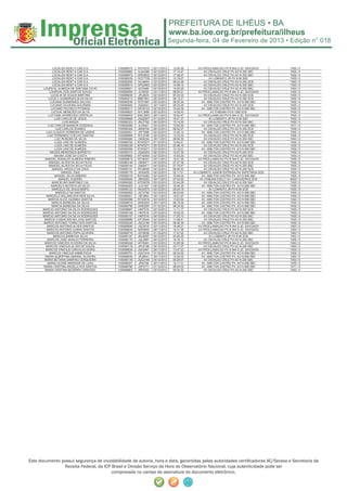 Segunda-feira, 04 de Fevereiro de 2013 • Edição n° 018



               LOCALIZA RENT A CAR S.A.     I100089575   NYF4319    22/11/2012    12:00:26      AV.PROCLAMACAO PX N 944 S JD. SAVOIA/DI   7455 / 0
               LOCALIZA RENT A CAR S.A.     I100089960   HJA4386    02/12/2012    17:14:47         AV.OSVALDO CRUZ PX AO N 250 SBC        7455 / 0
               LOCALIZA RENT A CAR S.A.     I100089972   GRE9932    02/12/2012    17:48:07         AV.OSVALDO CRUZ PX AO N 250 SBC        7455 / 0
               LOCALIZA RENT A CAR S.A.     I100090039   OOY7729    03/12/2012    12:19:27             AV.LOMANTO JR PX N 90 SBC          7455 / 0
               LOCALIZA RENT A CAR S.A.     I100090055   HGJ6844    03/12/2012    06:22:06         AV.OSVALDO CRUZ PX AO N 250 SCB        7463 / 0
               LOCALIZA RENT A CAR S.A.     I100089914   OPA2993    02/12/2012    14:09:14         AV.OSVALDO CRUZ PX AO N 250 SBC        7463 / 0
       LOURIVAL ALMEIDA DE SANTANA FILHO    I100089921   GZI3489    02/12/2012    14:25:25         AV.OSVALDO CRUZ PX AO N 250 SBC        7463 / 0
            LOURIVAL DOS SANTOS SOUZA       I100089594   JLV9553    24/11/2012    08:55:51      AV.PROCLAMACAO PX N 944 S JD. SAVOIA/DI   7455 / 0
             LUCELIA DE SOUZA MARTINS       I100089838   JPL6834    02/12/2012    05:34:33         AV.OSVALDO CRUZ PX AO N 250 SCB        7455 / 0
           LUCIA C GUIMARAES M DA SILVA     I100090212   MBE7931    05/12/2012    09:12:21         AV.OSVALDO CRUZ PX AO N 250 SCB        7455 / 0
            LUCIANA GUIMARAES GALVAO        I100090248   NTE1667    05/12/2012    08:20:24        AV. AMILTON CASTRO PX. AO N 958 SBC     7455 / 0
             LUCIANO OLIVEIRA GOLDMAN       I100089483   JQQ0021    30/11/2012    09:32:25         AV.OSVALDO CRUZ PX AO N 250 SCB        7455 / 0
             LUCIANO PACHECO PITANGA        I100090011   OKO5123    02/12/2012    15:44:39        AV. AMILTON CASTRO PX. AO N 958 SBC     7455 / 0
              LUCIVAL MENEZES DA SILVA      I100089822   NYL3989    02/12/2012    14:55:43              AV.ITABUNA PX N 1360 SCB          7455 / 0
           LUCYANE APARECIDA CREPALDI       I100089654   DWL3943    29/11/2012    16:52:47      AV.PROCLAMACAO PX N 944 S JD. SAVOIA/DI   7455 / 0
                LUIS CARLOS DE JESUS        I100089668   JQQ2907    01/12/2012    16:51:37             AV.LOMANTO JR PX N 90 SBC          7455 / 0
                       LUIS MASSA           I100090323   JRU7762    06/12/2012    13:14:25         AV.OSVALDO CRUZ PX AO N 250 SBC        7455 / 0
          LUIZ CARLOS MANSUR GONZAGA        I100090089   JLV8441    03/12/2012    10:00:55        AV. AMILTON CASTRO PX. AO N 958 SBC     7471 / 0
                  LUIZ CARLOS SOARES        I100090306   JMX8754    06/12/2012    08:52:27         AV.OSVALDO CRUZ PX AO N 250 SCB        7455 / 0
         LUIZ CLAUDIO FERREIRA DE LEMOS     I100090001   JPF7998    02/12/2012    13:40:14        AV. AMILTON CASTRO PX. AO N 958 SBC     7455 / 0
          LUIZ FERNANDO COELHO DANTAS       I100089906   NTL0185    02/12/2012    13:33:33         AV.OSVALDO CRUZ PX AO N 250 SCB        7455 / 0
                 LUIZ PEREIRA DA SILVA      I100089466   OKI6254    30/11/2012    06:06:30         AV.OSVALDO CRUZ PX AO N 250 SBC        7463 / 0
                 LUIZA LINS DE ALMEIDA      I100089792   NTW5271    01/12/2012    10:50:41        AV. AMILTON CASTRO PX. AO N 958 SBC     7455 / 0
                 LUIZA LINS DE ALMEIDA      I100090238   NTW5271    05/12/2012    20:46:16         AV.OSVALDO CRUZ PX AO N 250 SCB        7455 / 0
                 LUIZA LINS DE ALMEIDA      I100090099   NTW5271    03/12/2012    13:10:21        AV. AMILTON CASTRO PX. AO N 958 SBC     7455 / 0
             MAGDA MENDONCA BARRETO         I100090312   JQQ2093    06/12/2012    10:27:39         AV.OSVALDO CRUZ PX AO N 250 SCB        7455 / 0
                MAGNA JOSE DA COSTA         I100089882   NTH2084    02/12/2012    10:53:25         AV.OSVALDO CRUZ PX AO N 250 SBC        7455 / 0
        MANOEL AGNALDO ALMEIDA RIBEIRO      I100089619   NTH6247    25/11/2012    15:41:36      AV.PROCLAMACAO PX N 944 S JD. SAVOIA/DI   7455 / 0
           MANOEL ALVES DA SILVA FILHO      I100090146   JSK6471    04/12/2012    07:27:36         AV.OSVALDO CRUZ PX AO N 250 SCB        7455 / 0
           MANOEL ALVES DA SILVA FILHO      I100090144   JSK6471    04/12/2012    07:19:47         AV.OSVALDO CRUZ PX AO N 250 SBC        7455 / 0
              MANOEL ARGOLO DA CRUZ         I100090141   NTU8006    04/12/2012    06:50:53         AV.OSVALDO CRUZ PX AO N 250 SCB        7455 / 0
                      MANOEL DIAS           I100090179   JKX0429    04/12/2012    02:11:51   AV.LOMANTO JUNIOR ENTRADA DA SAPETINGA SCB   7455 / 0
                 MANOEL SILVA RIBEIRO       I100090016   BOV0483    02/12/2012    16:49:04        AV. AMILTON CASTRO PX. AO N 958 SBC     7455 / 0
                    MANUEL GUERRA           I100089459   JRK5283    30/11/2012    07:04:52       AV.ITABUNA ESQ.C/ AV. CANAVIEIRAS SCB    6050 / 3
              MARCELINO MARTINEZ CAL        I100090082   NTO0076    03/12/2012    23:44:28         AV.OSVALDO CRUZ PX AO N 250 SBC        7455 / 0
             MARCELO BATISTA DA SILVA       I100090263   JLS1357    05/12/2012    16:40:35        AV. AMILTON CASTRO PX. AO N 958 SBC     7455 / 0
               MARCELO DE JESUS BISPO       I100090122   OKU0070    04/12/2012    05:24:19             AV.LOMANTO JR PX N 90 SCB          7455 / 0
                  MARCELO SA SANTOS         I100090083   JQT3760    03/12/2012    06:22:46        AV. AMILTON CASTRO PX. AO N 958 SBC     7455 / 0
         MARCELO WILLIAM DOS REIS SILVA     I100089521   JSF2663    30/11/2012    10:01:07        AV. AMILTON CASTRO PX. AO N 958 SBC     7455 / 0
           MARCIA ALICE GUSMAO SANTOS       I100090098   NTD2916    03/12/2012    13:02:54        AV. AMILTON CASTRO PX. AO N 958 SBC     7463 / 0
              MARCIA BARBOSA DA SILVA       I100089516   OKN3297    30/11/2012    08:15:09        AV. AMILTON CASTRO PX. AO N 958 SBC     7455 / 0
              MARCIA BARBOSA DA SILVA       I100089790   OKN3297    01/12/2012    08:24:02        AV. AMILTON CASTRO PX. AO N 958 SBC     7455 / 0
       MARCIO ANTONIO DA SILVA RODRIGUES    I100089887   HNI7516    02/12/2012    11:11:17         AV.OSVALDO CRUZ PX AO N 250 SCB        7455 / 0
       MARCIO ANTONIO DA SILVA RODRIGUES    I100090108   HNI7516    03/12/2012    16:52:25        AV. AMILTON CASTRO PX. AO N 958 SBC     7455 / 0
       MARCIO ANTONIO DA SILVA RODRIGUES    I100090157   HNI7516    04/12/2012    11:25:13         AV.OSVALDO CRUZ PX AO N 250 SBC        7455 / 0
        MARCIO CUNHA RAFAEL DOS SANTOS      I100089886   NYV0944    02/12/2012    11:08:51         AV.OSVALDO CRUZ PX AO N 250 SBC        7455 / 0
       MARCO ANTONIO TOMAZ DOS SANTOS       I100090245   JQC5185    05/12/2012    06:40:39        AV. AMILTON CASTRO PX. AO N 958 SBC     7455 / 0
          MARCOS ANTONIO ALVES SANTOS       I100089590   JSZ3616    23/11/2012    16:49:21      AV.PROCLAMACAO PX N 944 S JD. SAVOIA/DI   7463 / 0
         MARCOS ANTONIO CUNHA SANTOS        I100089640   NZK9600    28/11/2012    14:31:36      AV.PROCLAMACAO PX N 944 S JD. SAVOIA/DI   7463 / 0
          MARCOS ANTONIO PAPA OLIVEIRA      I100089776   JOY8936    01/12/2012    17:41:02         AV.OSVALDO CRUZ PX AO N 250 SBC        7463 / 0
                MARCOS BARBOSA SILVA        I100090187   JRU9557    05/12/2012    05:26:05             AV.LOMANTO JR PX N 90 SCB          7463 / 0
          MARCOS JOSE ARAUJO FERREIRA       I100090170   JQL3987    04/12/2012    16:16:10         AV.OSVALDO CRUZ PX AO N 250 SBC        7455 / 0
        MARCOS VINICIOS OLIVEIRA DA SILVA   I100090048   HFF6461    03/12/2012    15:29:38      AV.PROCLAMACAO PX N 944 S JD. SAVOIA/DI   7463 / 0
         MARCOS VINICIUS ALVES DE SOUZA     I100090178   JRV5196    04/12/2012    23:11:07         AV.OSVALDO CRUZ PX AO N 250 SBC        7463 / 0
         MARCOS VINICIUS CARVALHO BORG      I100089635   JSA3467    26/11/2012    13:47:23      AV.PROCLAMACAO PX N 944 S JD. SAVOIA/DI   7455 / 0
            MARCUS VINICIUS HABIB PAIVA     I100089791   JQQ1919    01/12/2012    08:34:00        AV. AMILTON CASTRO PX. AO N 958 SBC     7455 / 0
        MARIA ALBERTINA AMARAL OLIVEIRA     I100089546   JRJ9641    30/11/2012    15:30:03        AV. AMILTON CASTRO PX. AO N 958 SBC     7463 / 0
        MARIA BETANIA SAMPAIO CERQUEIRA     I100090149   JQQ3166    04/12/2012    09:29:07         AV.OSVALDO CRUZ PX AO N 250 SBC        7463 / 0
          MARIA CILENE ANDRADE DE LUIGI     I100089527    JRI4758   30/11/2012    12:11:31        AV. AMILTON CASTRO PX. AO N 958 SBC     7455 / 0
       MARIA CRISTINA ANGELA DOS SANTOS     I100089786   JSP2771    01/12/2012    08:04:03        AV. AMILTON CASTRO PX. AO N 958 SBC     7471 / 0
        MARIA CRISTINA BEZERRA CARDOSO      I100089863   JRP6352    02/12/2012    09:34:32         AV.OSVALDO CRUZ PX AO N 250 SBC        7463 / 0




Este documento possui segurança de inviolabilidade de autoria, hora e data, garantidas pelas autoridades certiﬁcadoras AC/Serasa e Secretaria da
                Receita Federal, da ICP Brasil e Divisão Serviço da Hora do Observatório Nacional, cuja autenticidade pode ser
                                        comprovada no campo de assinatura do documento eletrônico.
 
