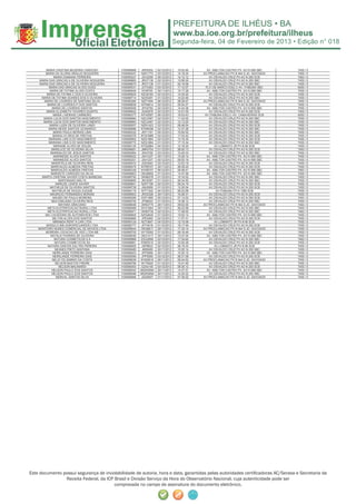 Segunda-feira, 04 de Fevereiro de 2013 • Edição n° 018



        MARIA CRISTINA BEZERRA CARDOSO         I100089989   JRP6352    02/12/2012    10:02:46     AV. AMILTON CASTRO PX. AO N 958 SBC     7455 / 0
        MARIA DA GLORIA ARAUJO NOGUEIRA        I100090047   NZK1773    03/12/2012    14:18:24   AV.PROCLAMACAO PX N 944 S JD. SAVOIA/DI   7455 / 0
              MARIA DAMIANA FERREIRA           I100090227   JSV2259    05/12/2012    14:12:12      AV.OSVALDO CRUZ PX AO N 250 SCB        7463 / 0
     MARIA DAS GRACAS A DE OLIVEIRA NOGUEIRA   I100089883   JRG7138    02/12/2012    10:56:00      AV.OSVALDO CRUZ PX AO N 250 SBC        7455 / 0
     MARIA DAS GRACAS A DE OLIVEIRA NOGUEIRA   I100089675   JRG7138    01/12/2012    00:19:58      AV.OSVALDO CRUZ PX AO N 250 SBC        7455 / 0
           MARIA DAS GRACAS ALVES GOES         I100090031   JOT4363    03/12/2012    17:12:07    R.31 DE MARCO ESQ C/ AV. ITABUNA SBC     6050 / 3
           MARIA DE FATIMA ALVES COSTA         I100089545    NYI6705   30/11/2012    15:17:28     AV. AMILTON CASTRO PX. AO N 958 SBC     7455 / 0
         MARIA DE FATIMA C DOS S OLIVEIRA      I100089925   NZO8183    02/12/2012    14:35:20      AV.OSVALDO CRUZ PX AO N 250 SCB        7455 / 0
      MARIA DE FATIMA SOARES DOS S OLIVEIRA    I100089714   NZX5291    01/12/2012    10:23:46      AV.OSVALDO CRUZ PX AO N 250 SBC        7455 / 0
       MARIA DE LOURDES DE SANTANA SILVA       I100090285   NZF7464    06/12/2012    08:29:57   AV.PROCLAMACAO PX N 944 S JD. SAVOIA/DI   7455 / 0
         MARIA DE LOURDES P DOS SANTOS         I100089839   NTR4614    02/12/2012    05:54:37      AV.OSVALDO CRUZ PX AO N 250 SCB        7455 / 0
             MARIA DE LOURDES SANTOS           I100090006   JPH2782    02/12/2012    14:44:36     AV. AMILTON CASTRO PX. AO N 958 SBC     7455 / 0
         MARIA ELIZABETH TAVARES DUARTE        I100089932   JQX4879    02/12/2012    14:51:05      AV.OSVALDO CRUZ PX AO N 250 SCB        7455 / 0
              MARIA J MORAIS CARNEIRO          I100090277   NYH5587    06/12/2012    16:03:43    AV.ITABUNA ESQ.C/ AV. CANAVIEIRAS SCB    6050 / 3
       MARIA LUCIA DOS SANTOS NASCIMENTO       I100089890   NZC4367    02/12/2012    11:43:02      AV.OSVALDO CRUZ PX AO N 250 SBC        7455 / 0
       MARIA LUCIA DOS SANTOS NASCIMENTO       I100089893   NZC4367    02/12/2012    12:13:20      AV.OSVALDO CRUZ PX AO N 250 SBC        7455 / 0
           MARIA LUZIA DE OLIVEIRA LANDI       I100090057   NZN1423    03/12/2012    06:49:54      AV.OSVALDO CRUZ PX AO N 250 SCB        7455 / 0
          MARIA NEIDE SANTOS LEONARDO          I100089896   NTM5058    02/12/2012    12:37:28      AV.OSVALDO CRUZ PX AO N 250 SBC        7455 / 0
              MARIA PAULA MORAIS LIMA          I100090232   JRY1161    05/12/2012    15:50:02      AV.OSVALDO CRUZ PX AO N 250 SBC        7455 / 0
              MARIALVO REIS DE FREITAS         I100090078   NTW3985    03/12/2012    17:54:42      AV.OSVALDO CRUZ PX AO N 250 SCB        7455 / 0
          MARIANA LINS S DO NASCIMENTO         I100089902   NZQ1884    02/12/2012    13:16:35      AV.OSVALDO CRUZ PX AO N 250 SCB        7455 / 0
          MARIANA LINS S DO NASCIMENTO         I100089772   NZQ1884    01/12/2012    17:15:34      AV.OSVALDO CRUZ PX AO N 250 SBC        7455 / 0
              MARIANE ALVES DE SOUZA           I100090125   NTQ2884    04/12/2012    12:16:20          AV.LOMANTO JR PX N 90 SCB          7455 / 0
             MARILUCE DE OLIVEIRA SILVA        I100089681   JMR4754    01/12/2012    06:00:13      AV.OSVALDO CRUZ PX AO N 250 SCB        7463 / 0
            MARINALDO DE JESUS SANTOS          I100090064   JRA3792    03/12/2012    10:45:33      AV.OSVALDO CRUZ PX AO N 250 SBC        7455 / 0
              MARINEIDE ALVES SANTOS           I100089522   JSH1207    30/11/2012    10:29:14     AV. AMILTON CASTRO PX. AO N 958 SBC     7455 / 0
              MARINEIDE ALVES SANTOS           I100090251   JSH1207    05/12/2012    09:50:18     AV. AMILTON CASTRO PX. AO N 958 SBC     7455 / 0
             MARISTELA DE OLIVEIRA REIS        I100090072   JOE0943    03/12/2012    12:53:19      AV.OSVALDO CRUZ PX AO N 250 SCB        7455 / 0
            MARIVALDO ALMEIDA FREITAS          I100089475   NYR8707    30/11/2012    06:39:25      AV.OSVALDO CRUZ PX AO N 250 SCB        7455 / 0
            MARIVALDO ALMEIDA FREITAS          I100090339   NYR8707    06/12/2012    09:48:41     AV. AMILTON CASTRO PX. AO N 958 SBC     7463 / 0
            MARIZETE CARDOSO DA SILVA          I100089803   OKQ9852    01/12/2012    14:57:56     AV. AMILTON CASTRO PX. AO N 958 SBC     7455 / 0
      MARTA CRISTINA XAVIER COSTA BARBOSA      I100089750   OKN8376    01/12/2012    15:16:02      AV.OSVALDO CRUZ PX AO N 250 SBC        7455 / 0
                  MARTINIANO MALTA             I100089685   JRC8367    01/12/2012    06:34:50      AV.OSVALDO CRUZ PX AO N 250 SBC        7455 / 0
                MARUZE LEMOS XAVIER            I100089841   NZK7199    02/12/2012    06:34:19      AV.OSVALDO CRUZ PX AO N 250 SCB        7455 / 0
            MATHEUS DE OLIVEIRA SANTOS         I100089728   JMJ0959    01/12/2012    12:30:04      AV.OSVALDO CRUZ PX AO N 250 SCB        7455 / 0
             MATHEUS DE SOUZA ZUGAIB           I100090119   NTF1302    04/12/2012    06:23:58           AV.ITABUNA PX N 1360 SCB          7455 / 0
            MAURICIO FERNANDES MORAIS          I100089503   JRO5326    30/11/2012    16:48:31      AV.OSVALDO CRUZ PX AO N 250 SCB        7455 / 0
              MAURO DE PAULA MOREIRA           I100090206   EDF1885    05/12/2012    07:13:52      AV.OSVALDO CRUZ PX AO N 250 SCB        7463 / 0
             MAX EMILIANO OLIVEIRA REIS        I100089755   JPS6043    01/12/2012    15:38:12      AV.OSVALDO CRUZ PX AO N 250 SBC        7455 / 0
                  MAYARA GRACIANO              I100089638   OKN3775    28/11/2012    09:02:05   AV.PROCLAMACAO PX N 944 S JD. SAVOIA/DI   7463 / 0
         META ELETRIFICACAO RURAL LTDA         I100089468   NYX1664    30/11/2012    06:23:58      AV.OSVALDO CRUZ PX AO N 250 SBC        7455 / 0
         META ELETRIFICACAO RURAL LTDA         I100089971   OKN0735    02/12/2012    17:48:02      AV.OSVALDO CRUZ PX AO N 250 SBC        7463 / 0
        MG LOCADORA DE AUTOMOVEIS LTDA         I100089805   NZQ4645    01/12/2012    15:02:14     AV. AMILTON CASTRO PX. AO N 958 SBC     7455 / 0
             MILTON ALVES DOS SANTOS           I100089885   JPE4065    02/12/2012    11:07:31      AV.OSVALDO CRUZ PX AO N 250 SCB        7455 / 0
              MIRANDA RENT A CAR LTDA          I100090124   NZT3847    04/12/2012    12:15:06          AV.LOMANTO JR PX N 90 SCB          7455 / 0
         MODULO INS AGROPECUARIOS LTDA         I100089777   JPY4918    01/12/2012    18:17:49      AV.OSVALDO CRUZ PX AO N 250 SCB        7455 / 0
    MONTEIRO NUNES COMERCIAL DE MOVEIS LTDA    I100089644   OKQ8817    28/11/2012    17:35:14   AV.PROCLAMACAO PX N 944 S JD. SAVOIA/DI   7455 / 0
        MOREIRA LOCACAO DE VEIC LTDA ME        I100089705   NYY5092    01/12/2012    09:16:48      AV.OSVALDO CRUZ PX AO N 250 SCB        7455 / 0
            NATALIA FAHNING DE OLIVEIRA        I100089536   OKO1417    30/11/2012    13:37:24     AV. AMILTON CASTRO PX. AO N 958 SBC     7455 / 0
               NATURA COSMETICOS S A           I100089968   EEQ3959    02/12/2012    17:34:45      AV.OSVALDO CRUZ PX AO N 250 SBC        7463 / 0
               NATURA COSMETICOS SA            I100089881   ENK5519    02/12/2012    10:52:09      AV.OSVALDO CRUZ PX AO N 250 SCB        7455 / 0
          NAYARA DANTAS DULTRA PEREIRA         I100089825   JSP8833    02/12/2012    06:19:33          AV.LOMANTO JR PX N 90 SCB          7455 / 0
               NEANES PINTO SANTANA            I100089485    JMI9499   30/11/2012    10:20:14      AV.OSVALDO CRUZ PX AO N 250 SBC        7455 / 0
              NEIRILANDE FERREIRA DIAS         I100089523   JPP5069    30/11/2012    10:30:15     AV. AMILTON CASTRO PX. AO N 958 SBC     7455 / 0
              NEIRILANDE FERREIRA DIAS         I100090056   JPP5069    03/12/2012    06:31:08      AV.OSVALDO CRUZ PX AO N 250 SCB        7455 / 0
             NELIO FELISMINIO DA COSTA         I100089639   NYM0619    28/11/2012    09:24:52   AV.PROCLAMACAO PX N 944 S JD. SAVOIA/DI   7455 / 0
               NELSON BASTOS FREIRE            I100089756   NYT6920    01/12/2012    15:41:46      AV.OSVALDO CRUZ PX AO N 250 SBC        7455 / 0
                  NELSON MALINARDI             I100090063   GZA4140    03/12/2012    09:35:12      AV.OSVALDO CRUZ PX AO N 250 SCB        7455 / 0
             NELSON PAULO DOS SANTOS           I100089542   MQW6094    30/11/2012    14:47:51     AV. AMILTON CASTRO PX. AO N 958 SBC     7455 / 0
             NELSON PAULO DOS SANTOS           I100089496   MQW6094    30/11/2012    14:20:22      AV.OSVALDO CRUZ PX AO N 250 SBC        7455 / 0
                NERIVAL SANTOS SILVA           I100089566   JQG9007    21/11/2012    07:36:02   AV.PROCLAMACAO PX N 944 S JD. SAVOIA/DI   7455 / 0




Este documento possui segurança de inviolabilidade de autoria, hora e data, garantidas pelas autoridades certiﬁcadoras AC/Serasa e Secretaria da
                Receita Federal, da ICP Brasil e Divisão Serviço da Hora do Observatório Nacional, cuja autenticidade pode ser
                                        comprovada no campo de assinatura do documento eletrônico.
 