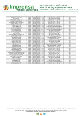 Segunda-feira, 04 de Fevereiro de 2013 • Edição n° 018



       CARLOS ROBERTO SANTOS CARNEIRO         I100091910   NYM9597    21/12/2012   12:07:30         AV.OSVALDO CRUZ PX AO N 250 SCB        7455 / 0
        CARLOS URBANO GOMES RODRIGUES         I100091899   JRF6283    21/12/2012   06:48:48         AV.OSVALDO CRUZ PX AO N 250 SCB        7455 / 0
          CELIA CRISTINA LUIZ DE ALMEIDA      I100091813   DDP2430    20/12/2012   07:10:30         AV.OSVALDO CRUZ PX AO N 250 SBC        7455 / 0
                   CELINA SILVA REIS          I100091647   JSD4549    04/12/2012   17:04:05        AV. AMILTON CASTRO PX. AO N 958 SBC     7455 / 0
        CENCOSUD BRASIL COMERCIAL LTDA        I100091693    IAA3237   18/12/2012   12:56:27         AV.OSVALDO CRUZ PX AO N 250 SCB        7455 / 0
        CIBELLE TARCILA LESSA DOS SANTOS      I100091837   NZC4590    20/12/2012   15:31:17         AV.OSVALDO CRUZ PX AO N 250 SBC        7455 / 0
               CINTIA SCHULTZ COIMBRA         I100091829   NZH0540    20/12/2012   13:29:58         AV.OSVALDO CRUZ PX AO N 250 SBC        7455 / 0
         CLAUDEMIR HENRIQUE GUIMARAES         I100091842   JRC0617    20/12/2012   16:29:45         AV.OSVALDO CRUZ PX AO N 250 SCB        7455 / 0
     CLAUDIA MARIA DE JESUS OLIVEIRA SANTOS   I100091835   NYT2057    20/12/2012   14:18:03         AV.OSVALDO CRUZ PX AO N 250 SCB        7455 / 0
           CLAUDIO D IMBASSAHY DA SILVA       I100091771   NZW5386    19/12/2012   17:27:21         AV.OSVALDO CRUZ PX AO N 250 SBC        7455 / 0
          CLAUDIO MAGALHAES GIANNETTO         I100091679   JRN0365    18/12/2012   12:21:43              AV.ITABUNA PX N 1360 SCB          7455 / 0
           CLEBER RODRIGUES DA COSTA          IL00023886   JMK4725    26/12/2012   08:35:40             RUA SETE DE SETEMBRO S/N           5452 / 2
              CLEMILDES PEREIRA ALVES         I100091820   NZX8419    20/12/2012   09:38:32         AV.OSVALDO CRUZ PX AO N 250 SCB        7455 / 0
             CONSTRUTORA VIEIRA LTDA          I100091973   NYI9430    21/12/2012   04:54:46   AV.LOMANTO JUNIOR ENTRADA DA SAPETINGA SCB   7455 / 0
          CRISTIANO MELGACO DO AMARAL         I100091821   NYK4037    20/12/2012   11:08:39         AV.OSVALDO CRUZ PX AO N 250 SBC        7455 / 0
          DAVI VIEIRA RAMOS DE OLIVEIRA       I100091908   NYJ9692    21/12/2012   10:47:14         AV.OSVALDO CRUZ PX AO N 250 SBC        7455 / 0
            DIEGO NASCIMENTO DE SOUZA         I100091913   GWA7330    21/12/2012   14:14:23         AV.OSVALDO CRUZ PX AO N 250 SBC        7455 / 0
            DIEGO NASCIMENTO DE SOUZA         I100091662   GWA7330    15/12/2012   06:48:12   AV.LOMANTO JUNIOR ENTRADA DA SAPETINGA SCB   7455 / 0
              DILTON CARVALHO SANTOS          I100091931   JLM5268    21/12/2012   07:16:04        AV. AMILTON CASTRO PX. AO N 958 SBC     7455 / 0
           DILTON MARIO ALVES DOS REIS        I100091682   JQC8588    18/12/2012   05:52:03             AV.LOMANTO JR PX N 90 SBC          7455 / 0
             DIVINO RIBEIRO DOS SANTOS        I100091992    JIR7327   22/12/2012   15:40:33      AV.PROCLAMACAO PX N 944 S JD. SAVOIA/DI   7463 / 0
                    DJ CAR LTDA ME            I100091743   OCV7473    19/12/2012   08:03:28         AV.OSVALDO CRUZ PX AO N 250 SCB        7455 / 0
                  DOLFINI HOTEL LTDA          IL00023879    NZI3242   20/12/2012   17:41:44             RUA EUSTAQUIO BASTOS S/N           6041 / 1
   DOM EDUARDO TRANSPORTE E TURISMO LTDA      I100091641   NZM0097    04/12/2012   14:31:50        AV. AMILTON CASTRO PX. AO N 958 SBC     7455 / 0
             DOUGLAS PELUZIO MELGACO          I100091852    JIB4657   20/12/2012   21:39:38         AV.OSVALDO CRUZ PX AO N 250 SCB        7455 / 0
               EDMAR IVO LEAO JUNIOR          I100091919   OKU5546    21/12/2012   17:16:16         AV.OSVALDO CRUZ PX AO N 250 SCB        7455 / 0
           EDMUNDO PAOLILO MANDARINO          IL00024822   NYN5994    21/12/2012   09:17:40         RUA VISCONDE DE OURO PRETO S/N         5452 / 1
             EDNEI MENDONCA OLIVEIRA          I100091987   OKS6413    22/12/2012   12:15:12      AV.PROCLAMACAO PX N 944 S JD. SAVOIA/DI   7455 / 0
             EDSON FERREIRA ANDRADE           I100091734   HGI7393    19/12/2012   04:28:46             AV.LOMANTO JR PX N 90 SBC          7455 / 0
             EDSON GOMES DOS SANTOS           I100091677   JRP2220    17/12/2012   14:04:53   AV.LOMANTO JUNIOR ENTRADA DA SAPETINGA SCB   7455 / 0
            EDUARDO ALENCAR DE SOUSA          I100091666   JRT4901    16/12/2012   02:29:08   AV.LOMANTO JUNIOR ENTRADA DA SAPETINGA SCB   7455 / 0
             ELIANA SANTOS DE OLIVEIRA        I100091724   JPW2989    18/12/2012   23:19:32        AV. AMILTON CASTRO PX. AO N 958 SBC     7455 / 0
            ELIENE NASCIMENTO SANTOS          I100091638   JSG8146    04/12/2012   14:02:00        AV. AMILTON CASTRO PX. AO N 958 SBC     7455 / 0
              EMANUEL LAPA DA C SILVA         I100091733   JRU1996    19/12/2012   22:57:11              AV.ITABUNA PX N 1360 SCB          7455 / 0
             EPIC EMPEENDIMENTOS LTD          I100091839   AVT3725    20/12/2012   15:53:44         AV.OSVALDO CRUZ PX AO N 250 SCB        7455 / 0
                   ERNESTO SGOBBA             I100091742   MQJ8899    19/12/2012   07:32:06         AV.OSVALDO CRUZ PX AO N 250 SBC        7455 / 0
                   EROTIDES O VIDAL           I100091880   JRF0894    20/12/2012   06:10:39   AV.LOMANTO JUNIOR ENTRADA DA SAPETINGA SCB   7455 / 0
              EUGENIO DE ABREU JUNIOR         I100091991   JOE8635    22/12/2012   13:20:37      AV.PROCLAMACAO PX N 944 S JD. SAVOIA/DI   7455 / 0
              EVANDRO NOTRAN SANTOS           I100091914   NZS2470    21/12/2012   14:16:09         AV.OSVALDO CRUZ PX AO N 250 SBC        7455 / 0
      EVERALDO BRANDAO RODRIGUES JUNIOR       I100091765   JSN7358    19/12/2012   15:47:01         AV.OSVALDO CRUZ PX AO N 250 SCB        7455 / 0
            EVERALDO DE SOUZA SANTOS          I100091812   NZN4515    20/12/2012   07:09:48         AV.OSVALDO CRUZ PX AO N 250 SBC        7455 / 0
              FABIANA PEREIRA CAMPOS          I100091900   NTD1322    21/12/2012   06:50:26         AV.OSVALDO CRUZ PX AO N 250 SBC        7455 / 0
           FABIANO DO NASCIMENTO SILVA        I100091847   NTJ2330    20/12/2012   17:37:52         AV.OSVALDO CRUZ PX AO N 250 SBC        7455 / 0
             FABIO FERNANDES DA SILVA         I100091699   NYH1633    18/12/2012   06:59:25        AV. AMILTON CASTRO PX. AO N 958 SBC     7463 / 0
             FABIO FERNANDES DA SILVA         I100091687   NYH1633    18/12/2012   06:45:53         AV.OSVALDO CRUZ PX AO N 250 SBC        7455 / 0
             FABIO FERNANDES DA SILVA         I100091627   NYH1633    04/12/2012   07:06:05        AV. AMILTON CASTRO PX. AO N 958 SBC     7455 / 0
  FC GOMES BARACHO EMPREENDIMENTOS TURISTI    I100091763   KPO0933    19/12/2012   14:55:11         AV.OSVALDO CRUZ PX AO N 250 SBC        7455 / 0
    FORCA DIESEL PEC E SERV PARA AUTOS LTDA   IL00023882   JSZ3809    21/12/2012   17:22:51             RUA EUSTAQUIO BASTOS S/N           7366 / 2
     FRANCISCO ALEXANDRE DE ARAUJO JESUS      I100091818   NZN9516    20/12/2012   08:22:17         AV.OSVALDO CRUZ PX AO N 250 SCB        7455 / 0
     FRANKEL CONFEC E MODA INTIMA LTDA ME     I100091655   JQQ1925    04/12/2012   23:00:59        AV. AMILTON CASTRO PX. AO N 958 SBC     7455 / 0
                G QUEIROZ SANTANA ME          I100091750   JSB8380    19/12/2012   12:48:34         AV.OSVALDO CRUZ PX AO N 250 SCB        7455 / 0
         GERALDO ARAUJO OLIVEIRA JUNIOR       I100091844   NYJ3244    20/12/2012   16:51:40         AV.OSVALDO CRUZ PX AO N 250 SCB        7455 / 0
               GILBERTO COUTO SEARA           I100091854   JOE8817    20/12/2012   03:04:06        AV. AMILTON CASTRO PX. AO N 958 SBC     7455 / 0
              GILBERTO SILVA DA COSTA         IL00024824   JQQ2054    21/12/2012   11:13:23                AVENIDA ITABUNA S/N             5550 / 0
       GILDA BARRETO MORENO SILVA SOUSA       I100091688   NYS4254    18/12/2012   06:48:50         AV.OSVALDO CRUZ PX AO N 250 SCB        7463 / 0
               GILMAR DOREA DA COSTA          I100091694   JQC0947    18/12/2012   13:45:50         AV.OSVALDO CRUZ PX AO N 250 SCB        7455 / 0
               GILSON PINHEIRO LOPES          I100091656   JMJ7280    04/12/2012   23:41:29        AV. AMILTON CASTRO PX. AO N 958 SBC     7455 / 0
                GILVAN OLIVEIRA SOUSA         I100091671   NZC7287    16/12/2012   15:10:13   AV.LOMANTO JUNIOR ENTRADA DA SAPETINGA SCB   7455 / 0
            GLAUBER BARBOZA FONSECA           I100091806   JMX5725    20/12/2012   00:18:03         AV.OSVALDO CRUZ PX AO N 250 SBC        7455 / 0
           GLAXOSMITHKLINE BRASIL LTDA        I100091689   KZG4297    18/12/2012   07:04:31         AV.OSVALDO CRUZ PX AO N 250 SBC        7455 / 0
           GLAXOSMITHKLINE BRASIL LTDA        I100091907   KZG4297    21/12/2012   09:09:34         AV.OSVALDO CRUZ PX AO N 250 SBC        7455 / 0




Este documento possui segurança de inviolabilidade de autoria, hora e data, garantidas pelas autoridades certiﬁcadoras AC/Serasa e Secretaria da
                Receita Federal, da ICP Brasil e Divisão Serviço da Hora do Observatório Nacional, cuja autenticidade pode ser
                                        comprovada no campo de assinatura do documento eletrônico.
 