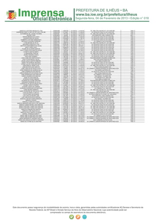 Segunda-feira, 04 de Fevereiro de 2013 • Edição n° 018



       GRAFICA E EDITORA MESQUITA LTDA        I100091958   JRQ0700    21/12/2012   14:40:49        AV. AMILTON CASTRO PX. AO N 958 SBC     7455 / 0
   GUERREIRO RENT A CAR LOC DE VEIC LTDA ME   I100091838   NTJ4657    20/12/2012   15:36:48         AV.OSVALDO CRUZ PX AO N 250 SCB        7463 / 0
        GUTEMBERG DE LUCENA TAVARES           I100091961   JRT7040    21/12/2012   15:20:55        AV. AMILTON CASTRO PX. AO N 958 SBC     7455 / 0
                       HELENA TUNO            IL00024000    JIZ0090   23/12/2012   09:12:18          RUA MINISTRO JOSE CANDIDO S/N         6041 / 1
               HERON MENDES DA COSTA          I100091764   JMX7358    19/12/2012   15:46:36         AV.OSVALDO CRUZ PX AO N 250 SBC        7455 / 0
                HUGSON DIAS DE SOUZA          I100091909   OGK0600    21/12/2012   11:56:16         AV.OSVALDO CRUZ PX AO N 250 SBC        7455 / 0
          HUMBERTO ANTONIO MENDONCA           I100091746   JQT2090    19/12/2012   10:47:11         AV.OSVALDO CRUZ PX AO N 250 SCB        7455 / 0
            IDEVALDO OLIVEIRA FERREIRA        I100091983   JQL3218    22/12/2012   12:44:24              AV.LOMANTO JR PX N 90 SBC         7455 / 0
                  ILTON MOURA DA SILVA        I100091775   JSM0709    19/12/2012   07:05:32        AV. AMILTON CASTRO PX. AO N 958 SBC     7455 / 0
               INACERES AGRICOLA LTDA         I100091851   NZS5185    20/12/2012   20:11:31         AV.OSVALDO CRUZ PX AO N 250 SCB        7455 / 0
         INSTITUTO BIOFABRICA DE CACAU        I100091684   OKT7344    18/12/2012   05:40:01         AV.OSVALDO CRUZ PX AO N 250 SCB        7455 / 0
                     IRACY GOES LAGO          I100091824   OKM4430    20/12/2012   11:51:54         AV.OSVALDO CRUZ PX AO N 250 SCB        7455 / 0
             ITAJIRA DE OLIVEIRA SANTOS       I100091768   JPM3914    19/12/2012   17:23:03         AV.OSVALDO CRUZ PX AO N 250 SBC        7455 / 0
        ITALO THIAGO DOS SANTOS SOUZA         I100091816   JSF9185    20/12/2012   07:32:04         AV.OSVALDO CRUZ PX AO N 250 SCB        7455 / 0
                 IVONETE SANTOS BISPO         I100091652   OKI9301    04/12/2012   18:11:30        AV. AMILTON CASTRO PX. AO N 958 SBC     7463 / 0
                  J LARANJEIRA FAISLON        I100091629   NTE4257    04/12/2012   09:40:19        AV. AMILTON CASTRO PX. AO N 958 SBC     7455 / 0
                 JACIRA TEIXEIRA COSTA        I100091901   NZG9368    21/12/2012   07:26:44         AV.OSVALDO CRUZ PX AO N 250 SCB        7463 / 0
                    JOAO DIAS GUSMAO          I100091832   JNP7042    20/12/2012   13:47:32         AV.OSVALDO CRUZ PX AO N 250 SBC        7455 / 0
           JOAO JOSE DOS SANTOS NETO          IL00024611   JPX9368    21/12/2012   11:29:15        RUA BRIGADEIRO EDUARDO GOMES S/N        5380 / 0
              JOAO VITOR ARGOLO SILVA.        IL00023881   JHS9272    21/12/2012   14:58:00             RUA EUSTAQUIO BASTOS S/N           7366 / 2
           JOILMA JESUS SANTOS RIBEIRO        IL00024446   NYY8125    20/12/2012   09:31:42                RUA AMELIA NUNES S/N            7366 / 2
            JONAILTON ALMEIDA ARCANJO         I100091994   JMX6864    22/12/2012   04:37:00         AV.OSVALDO CRUZ PX AO N 250 SBC        7455 / 0
           JORGE LUIZ DE FARIA BAPTISTA       I100091767   NZM1079    19/12/2012   17:07:49         AV.OSVALDO CRUZ PX AO N 250 SCB        7455 / 0
               JOSE BASILIO VIEIRA LEITE      I100091639   NYS2343    04/12/2012   14:05:08        AV. AMILTON CASTRO PX. AO N 958 SBC     7455 / 0
              JOSE BATISTA DOS SANTOS         IL00024703   JRC4091    24/12/2012   17:19:23               PRACA DOM EDUARDO S/N            5452 / 1
           JOSE CARLOS DE SOUZA FILHO         I100091667   JLM6827    16/12/2012   04:32:19   AV.LOMANTO JUNIOR ENTRADA DA SAPETINGA SCB   7463 / 0
        JOSE DOMINGOS DE ALMEIDA SILVA        IL00024449   JPU0093    23/12/2012   17:45:34                RUA MARIA QUITERIA S/N          7366 / 2
            JOSE DOMINGOS DOS SANTOS          I100091756   NYI0434    19/12/2012   13:44:54         AV.OSVALDO CRUZ PX AO N 250 SCB        7455 / 0
       JOSE EVANGELISTA DE SOUZA FILHO        IL00024608   JPQ6906    21/12/2012   10:57:59               RUA JOANA ANGELICA S/N           5541 / 4
           JOSE RODRIGUES DOS SANTOS          I100091735   JRB4621    19/12/2012   04:51:54              AV.LOMANTO JR PX N 90 SCB         7455 / 0
            JOSEFA SOARES DOS SANTOS          IL00024826   JSC2189    21/12/2012   14:53:37               RUA MISAEL TAVARES S/N           5460 / 0
                  JOSELITO DOS SANTOS         I100091680   JPQ0013    18/12/2012   12:21:49               AV.ITABUNA PX N 1360 SCB         7455 / 0
               JOVENILDO ROSA RIBEIRO         IL00024445   JQQ1116    20/12/2012   08:44:21                RUA AMELIA NUNES S/N            5991 / 0
           JUCINARA DE FATIMA SANTANA         IL00024612   EUU5058    21/12/2012   11:36:00        RUA BRIGADEIRO EDUARDO GOMES S/N        7366 / 2
            JURANDIR FERREIRA DA SILVA        I100091772   LNF4669    19/12/2012   20:45:52         AV.OSVALDO CRUZ PX AO N 250 SBC        7455 / 0
        LAURENCIO DE MATOS MAGALHAES          I100091736   NTO4907    19/12/2012   00:30:24         AV.OSVALDO CRUZ PX AO N 250 SBC        7455 / 0
                LEONEL CRISTO PONTES          I100091960   JOA9913    21/12/2012   15:01:13        AV. AMILTON CASTRO PX. AO N 958 SBC     7463 / 0
              LEONOR LADEIA DE ALMEIDA        I100091686   JQC1900    18/12/2012   06:20:50         AV.OSVALDO CRUZ PX AO N 250 SCB        7455 / 0
        LEONORA RODRIGUES DE SANTANA          I100091978   AKF5020    22/12/2012   13:04:25               AV.ITABUNA PX N 1360 SCB         7455 / 0
                 LIANE MOURA DARWICH          I100091774   NTP4344    19/12/2012   07:01:28        AV. AMILTON CASTRO PX. AO N 958 SBC     7455 / 0
      LIDER LOCADORA DE VEICULOS LTDA         IL00024613   NZA7251    21/12/2012   11:50:25                  RUA DAVID MAIA S/N            5487 / 0
               LOCALIZA RENT A CAR S.A.       I100091976   GRE9981    21/12/2012   07:53:42   AV.LOMANTO JUNIOR ENTRADA DA SAPETINGA SCB   7455 / 0
                LUIS AFONSO RAVAGNANI         I100091989   EDJ7260    22/12/2012   12:29:59      AV.PROCLAMACAO PX N 944 S JD. SAVOIA/DI   7463 / 0
               LUIS CARLOS MOURA LIMA         IL00024448   OKL7507    23/12/2012   10:22:59          RUA MINISTRO JOSE CANDIDO S/N         6041 / 1
            LUIZ CARLOS DA SILVA ROCHA        I100091748   NYZ0859    19/12/2012   11:12:34         AV.OSVALDO CRUZ PX AO N 250 SBC        7455 / 0
        MARCELO BATISTA MASCARENHAS           IL00024827   JSS8348    21/12/2012   14:56:30               RUA MISAEL TAVARES S/N           5541 / 4
                      MARCELO SOUZA           I100091920   JMX5716    21/12/2012   17:18:48         AV.OSVALDO CRUZ PX AO N 250 SBC        7455 / 0
               MARCELO VIANA DA CUNHA         I100091903   OKQ0394    21/12/2012   08:12:02         AV.OSVALDO CRUZ PX AO N 250 SCB        7455 / 0
    MARCIA MARQUES MELGACO A DE SANTANA       I100091628   NZM4383    04/12/2012   08:57:23        AV. AMILTON CASTRO PX. AO N 958 SBC     7455 / 0
      MARCIO CUNHA RAFAEL DOS SANTOS          I100091912   NYV0944    21/12/2012   13:01:31         AV.OSVALDO CRUZ PX AO N 250 SCB        7455 / 0
      MARCO ANTONIO TOMAZ DOS SANTOS          I100091773   JQC5185    19/12/2012   06:42:13        AV. AMILTON CASTRO PX. AO N 958 SBC     7455 / 0
      MARCO ANTONIO TOMAZ DOS SANTOS          I100091698   JQC5185    18/12/2012   06:41:46        AV. AMILTON CASTRO PX. AO N 958 SBC     7463 / 0
           MARCOS GONDIM DOS SANTOS           I100091766   NZN5974    19/12/2012   16:38:29         AV.OSVALDO CRUZ PX AO N 250 SCB        7455 / 0
              MARCOS JOSE SALES SILVA         I100091741   JSS3224    19/12/2012   06:45:05         AV.OSVALDO CRUZ PX AO N 250 SBC        7455 / 0
          MARCOS PAULO MURTA OLIVEIRA         I100091634   OKP6814    04/12/2012   11:24:09        AV. AMILTON CASTRO PX. AO N 958 SBC     7455 / 0
              MARDEL DOMINGOS BRAITT          I100091755   NYT1926    19/12/2012   13:29:28         AV.OSVALDO CRUZ PX AO N 250 SBC        7455 / 0
         MARIA AMELIA MARTINS DOS SANT        I100091889   JSC5186    21/12/2012   05:15:59              AV.LOMANTO JR PX N 90 SCB         7455 / 0
         MARIA AMELIA MARTINS DOS SANT        I100091974   JSC5186    21/12/2012   06:42:56   AV.LOMANTO JUNIOR ENTRADA DA SAPETINGA SCB   7463 / 0
      MARIA BERNADETE PEREIRA SANTOS          I100091674   JMX2833    17/12/2012   02:48:07   AV.LOMANTO JUNIOR ENTRADA DA SAPETINGA SCB   7455 / 0
     MARIA DAS GRACAS DE BRITO CARDOSO        IL00023884   NZZ6085    23/12/2012   18:18:25             RUA CARNEIRO DA ROCHA S/N          5525 / 0
         MARIA DE FATIMA SILVA SANTANA        I100091881   JRR2836    20/12/2012   09:08:26   AV.LOMANTO JUNIOR ENTRADA DA SAPETINGA SCB   7455 / 0




Este documento possui segurança de inviolabilidade de autoria, hora e data, garantidas pelas autoridades certiﬁcadoras AC/Serasa e Secretaria da
                Receita Federal, da ICP Brasil e Divisão Serviço da Hora do Observatório Nacional, cuja autenticidade pode ser
                                        comprovada no campo de assinatura do documento eletrônico.
 
