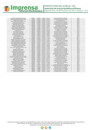 Segunda-feira, 04 de Fevereiro de 2013 • Edição n° 018



         MARIA DO SOCORRO ALVES DE LIMA       I100091917   JOU7659    21/12/2012   15:32:13         AV.OSVALDO CRUZ PX AO N 250 SCB        7455 / 0
     MARIA DO SOCORRO RODRIGUES HONORIO       I100091811   PEP3570    20/12/2012   06:03:40         AV.OSVALDO CRUZ PX AO N 250 SBC        7455 / 0
      MARIA EUGENIA PASSOS DA SILVA SOUZA     I100091815   NZS8265    20/12/2012   07:15:35         AV.OSVALDO CRUZ PX AO N 250 SCB        7463 / 0
              MARIA FELISA A FERREIRA         IL00024830   NTD7085    21/12/2012   16:43:38                 RUA TIRADENTES S/N             5509 / 0
       MARIA FILOMENA DA CONCEICAO SILVA      I100091836   GEL5599    20/12/2012   14:23:25         AV.OSVALDO CRUZ PX AO N 250 SCB        7455 / 0
             MARIA JOSE SOUZA MATOS           I100091691   DCF8948    18/12/2012   07:15:17         AV.OSVALDO CRUZ PX AO N 250 SBC        7455 / 0
          MARIA RAIMUNDA MACEDO FRAGA         I100091690   NYM5345    18/12/2012   07:08:08         AV.OSVALDO CRUZ PX AO N 250 SCB        7455 / 0
            MARIA SAO PEDRO DE JESUS          I100091801   JRQ7233    19/12/2012   22:23:32        AV. AMILTON CASTRO PX. AO N 958 SBC     7455 / 0
           MARIO CEZAR SANTOS DA SILVA        IL00024829   JQC5890    21/12/2012   15:03:25              RUA MISAEL TAVARES S/N            5541 / 4
         MARIZETE PELLEGRINE GRAMACHO         IL00024825   NTG4276    21/12/2012   14:48:54             RUA EUSTAQUIO BASTOS S/N           5452 / 6
           MATHEUS DE OLIVEIRA SANTOS         I100091855   JMJ0959    20/12/2012   06:39:52        AV. AMILTON CASTRO PX. AO N 958 SBC     7455 / 0
       MESSIAS GUIOMAR DIOGENES PESSOA        I100091810    LPJ0094   20/12/2012   05:47:34         AV.OSVALDO CRUZ PX AO N 250 SBC        7471 / 0
          META ELETRIFICACAO RURAL LTDA       I100091925   NZP2863    21/12/2012   18:13:11         AV.OSVALDO CRUZ PX AO N 250 SCB        7455 / 0
           MICHAEL ANDRADE FERNANDES          I100091888   NZY2066    21/12/2012   05:14:59             AV.LOMANTO JR PX N 90 SBC          7455 / 0
                   MIGUEL SANTOS              I100091681   NZV0923    18/12/2012   05:21:29             AV.LOMANTO JR PX N 90 SCB          7455 / 0
              NADIA VIEIRA DOS SANTOS         I100091752   JQW2823    19/12/2012   13:00:00         AV.OSVALDO CRUZ PX AO N 250 SBC        7463 / 0
              NAIALI SOUZA DE SANTANA         I100091924   NYZ6132    21/12/2012   17:39:50         AV.OSVALDO CRUZ PX AO N 250 SCB        7455 / 0
             NALDO SANTOS RODRIGUES           I100091918   JLM3752    21/12/2012   16:25:55         AV.OSVALDO CRUZ PX AO N 250 SCB        7455 / 0
          NELTON JORGE CORREIA CARDIM         I100091890   NMI5948    21/12/2012   02:35:38         AV.OSVALDO CRUZ PX AO N 250 SBC        7455 / 0
           NETONIAS ROCHA DOS SANTOS          I100091749   NYQ6100    19/12/2012   12:03:33         AV.OSVALDO CRUZ PX AO N 250 SCB        7455 / 0
                 NILZA PEREIRA SILVA          I100091990   NZN7185    22/12/2012   13:07:00      AV.PROCLAMACAO PX N 944 S JD. SAVOIA/DI   7455 / 0
             NIVALDO PEREIRA DA SILVA         I100091823   JQX5416    20/12/2012   11:44:17         AV.OSVALDO CRUZ PX AO N 250 SBC        7455 / 0
             OFICINA ADM DE C DIV LTDA        IL00023997   NYL2004    21/12/2012   11:59:42          RUA MINISTRO JOSE CANDIDO S/N         6041 / 1
             OSVALDO BARBOSA CHAVES           IL00024610   JNY9287    21/12/2012   11:13:46              RUA JOANA ANGELICA S/N            5541 / 4
      PANASOFT DES DE SOFT E SOL LTDA-ME      IL00024614   NOM1495    21/12/2012   17:31:01                RUA AMELIA NUNES S/N            5991 / 0
        PARTIDO DA MOBILIZACAO NACIONAL       I100091640   DYD1529    04/12/2012   14:25:04        AV. AMILTON CASTRO PX. AO N 958 SBC     7455 / 0
        PARTIDO DA MOBILIZACAO NACIONAL       I100091654   DYD1529    04/12/2012   22:38:54        AV. AMILTON CASTRO PX. AO N 958 SBC     7455 / 0
      PATRUS TRANSPORTES URGENTES LTDA        IL00023998   NTO0476    21/12/2012   16:19:17                PRACA J.J SEABRA S/N            7366 / 2
      PAULO EDUARDO BARRETO DAMASCENO         I100091754   NYO5915    19/12/2012   13:27:58         AV.OSVALDO CRUZ PX AO N 250 SBC        7455 / 0
       PAULO MARDSON COSTA DOS SANTOS         IL00024704   NYH6334    24/12/2012   17:27:39              PRACA DOM EDUARDO S/N             7366 / 2
          PAULO ROBERTO CAMPOS E SILVA        I100091643    JMI6700   04/12/2012   15:39:08        AV. AMILTON CASTRO PX. AO N 958 SBC     7455 / 0
       PAULO ROBERTO DA SILVA CEO JUNIOR      I100091744   EAN4360    19/12/2012   08:09:28         AV.OSVALDO CRUZ PX AO N 250 SCB        7455 / 0
              PHILLIPE OLIVEIRA FREIRE        IL00024705   NYL4837    24/12/2012   18:03:38                  PRACA CAIRU S/N               6050 / 1
    PRATINI IND E COM IMP E EXPORTACAO LTDA   IL00024447   NZM3612    20/12/2012   11:47:02                PRACA J.J SEABRA S/N            7366 / 2
                     R A R COSTA              I100091697   NZD2090    18/12/2012   18:35:28         AV.OSVALDO CRUZ PX AO N 250 SBC        7455 / 0
             RAPHAEL DE JESUS SANTOS          I100091737   JQC1912    19/12/2012   01:16:41         AV.OSVALDO CRUZ PX AO N 250 SBC        7455 / 0
             REGILMAR AZEVEDO COSTA           I100091635   NTG0369    04/12/2012   11:47:12        AV. AMILTON CASTRO PX. AO N 958 SBC     7455 / 0
            REGILSON DE OLIVEIRA SILVA        I100091831   LWK5904    20/12/2012   13:36:57         AV.OSVALDO CRUZ PX AO N 250 SBC        7455 / 0
         REINILDES SANTOS BORGES AGUIAR       I100091849   JSD3422    20/12/2012   18:14:17         AV.OSVALDO CRUZ PX AO N 250 SBC        7455 / 0
            RENATO VARGAS MADUREIRA           I100091904   NZO1526    21/12/2012   08:27:09         AV.OSVALDO CRUZ PX AO N 250 SBC        7455 / 0
            RICARDO EUGENIO PALMEIRA          I100091988   OHA3520    22/12/2012   12:20:34      AV.PROCLAMACAO PX N 944 S JD. SAVOIA/DI   7455 / 0
            RICARDO JOSE OLIVEIRA LIMA        I100091653   JQC9958    04/12/2012   20:21:33        AV. AMILTON CASTRO PX. AO N 958 SBC     7471 / 0
            RICARDO TADEU RUBIO VEIGA         IL00024702   OKM0308    23/12/2012   17:30:20            AVENIDA LOMANTO JUNIOR S/N          7366 / 2
    RITA HELENA RODRIGUES DE SOUSA CASTRO     I100091921    NZI6518   21/12/2012   17:20:08         AV.OSVALDO CRUZ PX AO N 250 SCB        7455 / 0
     RIVAIL DO N LAVINSKY-LO DE VEICULOS-ME   IL00024615   NZA5951    21/12/2012   17:58:07                RUA AMELIA NUNES S/N            7366 / 2
                RIZIA GONCALVES DIAS          I100091760   JQX2579    19/12/2012   14:28:12         AV.OSVALDO CRUZ PX AO N 250 SCB        7455 / 0
            ROBERT DE GODOY BARBOSA           I100091982   OKL3406    22/12/2012   08:41:39             AV.LOMANTO JR PX N 90 SBC          7455 / 0
           RODRIGO DOS SANTOS ZAMBOM          I100091897   MQY7835    21/12/2012   06:40:19         AV.OSVALDO CRUZ PX AO N 250 SCB        7455 / 0
              RODRIGO PEREIRA FARIAS          I100091738   NYN2435    19/12/2012   06:02:51         AV.OSVALDO CRUZ PX AO N 250 SBC        7455 / 0
       ROGERIO DAVID DA CRUZ CAVALCANTE       I100091981   HNP8003    22/12/2012   04:51:44             AV.LOMANTO JR PX N 90 SCB          7455 / 0
          ROSIMEIRE DE JESUS CONCEICAO        I100091650   OKL6711    04/12/2012   17:23:56        AV. AMILTON CASTRO PX. AO N 958 SBC     7455 / 0
          ROTA TRANSP RODOVIARIOS LTDA        IL00024444    JQI1481   19/12/2012   11:55:52                  PRACA CAIRU S/N               6050 / 1
     SAMUEL RODRIGUES MARTINS DE OLIVEIRA     I100091841   JMX8573    20/12/2012   16:25:43         AV.OSVALDO CRUZ PX AO N 250 SBC        7455 / 0
              SANIEL DOS SANTOS SILVA         I100091726   KYP3364    18/12/2012   08:02:58   AV.LOMANTO JUNIOR ENTRADA DA SAPETINGA SCB   7455 / 0
              SAYONARA SANTOS LESSA           I100091645   JQQ1591    04/12/2012   16:10:27        AV. AMILTON CASTRO PX. AO N 958 SBC     7463 / 0
                  SEBASTIAN GERLIC            I100091814   OKT9481    20/12/2012   07:13:00         AV.OSVALDO CRUZ PX AO N 250 SCB        7455 / 0
              SEBASTIAO BARROS BRITO          I100091911   JSU6829    21/12/2012   12:36:34         AV.OSVALDO CRUZ PX AO N 250 SBC        7455 / 0
            SERGIO MENDES DE OLIVEIRA         I100091636   JPX6988    04/12/2012   12:51:50        AV. AMILTON CASTRO PX. AO N 958 SBC     7455 / 0
               SERGIO RAIMUNDO SILVA          I100091644   JRV9594    04/12/2012   16:01:47        AV. AMILTON CASTRO PX. AO N 958 SBC     7455 / 0
        SILVIA REGINA TEIXEIRA NASCIMENTO     I100091759   NTF6085    19/12/2012   14:13:37         AV.OSVALDO CRUZ PX AO N 250 SCB        7455 / 0
             SIMONE MARIA B FERREIRA          I100091833   JPQ2037    20/12/2012   13:49:50         AV.OSVALDO CRUZ PX AO N 250 SBC        7455 / 0




Este documento possui segurança de inviolabilidade de autoria, hora e data, garantidas pelas autoridades certiﬁcadoras AC/Serasa e Secretaria da
                Receita Federal, da ICP Brasil e Divisão Serviço da Hora do Observatório Nacional, cuja autenticidade pode ser
                                        comprovada no campo de assinatura do documento eletrônico.
 