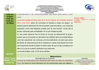 SECRETARÍA DEEDUCACIÓNPÚBLICA DEHIDALGO
SECRETARÌA DEEDUCACIÒNMEDIA SUPERIOR Y SUPERIOR
DEPARTAMENTO DEEDUCACIÒN NORMAL
DIRECCIÓNGENERAL DEFORMACIÓNY SUPERACIÓNDOCENTE
ESCUELA NORMAL SUPERIOR PÚBLICA DEL ESTADO DEHIDALGO
OBSERVACIÓN Y PRÁCTICA DOCENTE II
CUARTO SEMESTRE
8:50 am
8:50am
9:40 am
9:40 am
10:30am
comportamiento y las responsabilidades que tienen tanto alumno como
padre.
La reunión estaba prevista para las 8 de la mañana, sin embargo esta dio
inicio a las 8:30, antes de comenzar la maestra a cargo me asigno un
espacio para la aplicación de mis encuestas para los padres, y yo se las iba
asignando como iban llegando puesto que de esa manera se les dio el
tiempo suficiente para completarla en lo que iniciaba la junta.
Lo que pude observar fue la forma en la que se desenvolvió el grupo,
puesto que en la reunión se abordaron los distintos tipos de problemáticas
como las cuestiones de conducta y de incumplimiento en este caso sobre
las tareas, la soluciones que dio la maestra en cuanto a las tareas fue firmar
una responsiva donde el padre se haría cargo de que su hijo cumpliera con
ella o si no de lo contrario obtendría muy mala nota.
La reunión finalizo a las 10:30 de la mañana.
USO DEL TIEMPO
El tiempo cotidiano en la escuela
secundaria
Rafael Quiroz
MATERIA:
Matemáticas
FECHA Y HORA DESCRIPCIÓN DE EVENTOS ANALISIS
Martes 10 de
marzo de
La hora de matemáticas fue dispuesta para tener la clase de educación
física, los alumnos fueron llamados por los practicantes para que salieran a
Organización en el aula, Sylvia
Schmelkers: hacia una mejor calidad
en la escuela secundaria
uso del tiempo
 