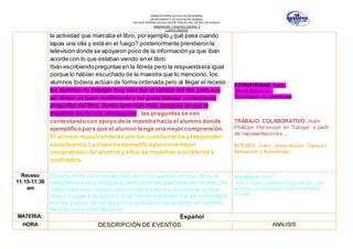 SUBSECRETARÍA DE EDUCACIÓN NORMAL
DEPARTAMENTO DE EDUCACIÓN NORMAL
ESCUELA NORMAL DE EDUCACIÓN PÚBLICA DEL ESTADO DE HIDALGO
OBSERVACION Y PRACTICA DOCENTE II
CUARTO SEMESTRE
la actividad que marcaba el libro, por ejemplo ¿qué pasa cuando
tapas una olla y está en el fuego? posteriormente prendieronla
televisión donde se apoyaron poco de la informaciónya que iban
acorde con lo que estaban viendo en el libro.
Iban escribiendopreguntas en la libreta pero la respuestaera igual
porque lo habían escuchado de la maestra que lo menciono, los
alumnos todavía actúan de forma ordenada pero al llegar el receso
los alumnos no trabajan muy bien por el cambio del día, pero aun
así tienen un buen rendimiento y les gusta trabajar contestando
preguntas del libro, donde aprendan más, después de que la
maestras les da una introducción , las preguntasse van
contestandocon apoyo de la maestrahacia el alumno donde
ejemplifico para que el alumno tenga una mejor comprensión.
El alumno muestrainterés por los cuestionarios y responden
socializando.La maestra ejemplifica para una mejor
comprensióndel alumno y ellos se muestran con interés y
motivados.
ESTRATEGIAS. Autor:
David Nunan en :
Estrategias de aprendizaje
TRABAJO COLABORATIVO Autor
Phillippe Perrenoud en Trabajar a partir
de representaciones….
INTERÉS. Autor: Jesús Alonzo Tapia en:
Motivación y Aprendizaje
Receso
11:15-11:30
am
Durante el receso solo algunos alumnos salieron porque otros no
cumplieron en los trabajos y por lo tanto se quedaron sin receso,los
demás alumnos salieron apresurados para ir a desayunar y otros
para ir a jugar a la cancha, ésta forma de trabajar fue ya comentada
con los padres de familia donde estuvieron de acuerdo en reprimir
de esa forma a los alumnos.
Disciplina: Autor:
Ana Cristina zubillaga Rodríguez en: Los
alumnos de secundaria ante la disciplina
escolar.
MATERIA: Español
HORA DESCRIPCIÓN DE EVENTOS ANALISIS
 
