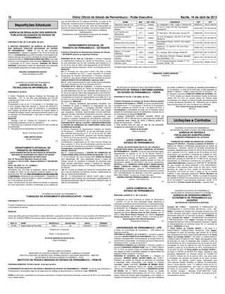 10 Diário Oficial do Estado de Pernambuco - Poder Executivo Recife, 18 de abril de 2013
SECRETARIA DE AGRICULTURA E REFORMA AGRÁRIA
INSTITUTO DE TERRAS E REFORMA AGRÁRIA
DO ESTADO DE PERNAMBUCO - ITERPE
PORTARIA Nº 016 DE 17 DE ABRIL DE 2013
O Diretor Presidente do Instituto de Terras e Reforma Agrária
do Estado de Pernambuco – ITERPE, no uso de suas atribuições,
constantes no art. 11, IV do Decreto nº 34.497 de 31 de dezembro
de 2009, publicado no DOE/PE do dia 1º de janeiro de 2010, e
Considerando a necessidade de evitar que os trabalhos sofram
solução de continuidade quando do afastamento eventual de um
dos ordenadores de despesas,RESOLVE:
1. Designar FERNANDO ANTÔNIO CESÁRIO RÉGIS DE
CARVALHO, CPF nº 089.440.244-72, para atuar como ordenador
de despesas deste Instituto de Terras e Reforma Agrária do
Estado de Pernambuco – ITERPE;
2. Esta Portaria entra em vigor na data de sua publicação,
revogadas as disposições em contrário.
Getúlio de Sá Gondim
Diretor Presidente
(F)
JUNTA COMERCIAL DO
ESTADO DE PERNAMBUCO
EDITAL DE NOTIFICAÇÃO SG Nº 010, DE 12/04/2013.
O SECRETÁRIO GERAL DA JUNTA COMERCIAL DO ESTADO
DE PERNAMBUCO - JUCEPE, no uso de suas atribuições legais,
especialmente do disposto no art. 67 do Decreto Federal nº
1.800, de 30.01.96, e o art. 4º da Instrução Normativa 85/2000,
do Departamento Nacional do Registro do Comércio – DNRC,
considerando que a notiﬁcação expedida através do Aviso de
Recebimento datado de 027/02/2013, não houve recebimento,
NOTIFICA os Srs. ROBERTO LOPES BURITY, MARIA SALETE
NINNO CARVALHO ANGELO, CLEIDE RODRIGUES DE
MENDONÇA, a apresentar, querendo, CONTRARRAZÕES ao
pedido de Desarquivamento da 4ª alteração contratual da empresa
PDV DISTRIBUIDORA DE BEBIDAS LTDA EPP, registrada sob
NIRE 26201300607, no prazo de 10 (dez) dias úteis.
ANDRÉA CRISTINA PEREIRA ALMEIDA - SECRETÁRIA
GERAL – EM EXERCÍCIO
(F)
JUNTA COMERCIAL DO
ESTADO DE PERNAMBUCO
PORTARIA JUCEPE Nº 17, DE 17.04.2013
O Presidente da Junta Comercial do Estado de Pernambuco
– JUCEPE, no uso de suas atribuições legais. Atendendo a
solicitação da Gerência Geral de Patrimônio e Logísticado Estado.
Conforne Dispositivo legal constante na Portaria da SAD nº 2.406
de 28/09/2007, Art, 4º Resolve: Formalizar a criação da Comissão
de Avaliação desta JUCEPE, tendo como componentes os
seguintes servidores: Marcela Alves da Silva Ferreira, mat. Nº
3220-4, Eliza Maria Pereira Fônseca, mat. 2055-9, Reginaldo
Pereira dos Santos, mat. Nº 2083-4 .Recife, 17 de Abril de 2013,
Bruno Augusto Paes Barreto Brennand
Presidente em Exercício (F)
UNIVERSIDADE DE PERNAMBUCO – UPE
O Reitor da Universidade de Pernambuco – UPE assinou as
seguintes portarias:
PORTARIA Nº 0255/2013, de 11.04.2013, I - Exonerar, a pedido,
o servidor JEHAN FONSECA DO NASCIMENTO, mat. nº 11465-0,
Professor Universitário M02 I FS-A/Assistente, do Quadro Efetivo de
Pessoal desta Universidade, com lotação na Escola Politécnica de
Pernambuco-POLI, a contar de 28.02.2013.
PORTARIA Nº 0256/2013, de 11.04.2013, I - Exonerar, a pedido, a
servidora FERNANDA CORREIA KUNZ, mat. nº 11066-3, Médico
F01 CI FS-B, do Quadro Efetivo de Pessoal desta Universidade,
com lotação no Centro Universitário Integrado de Saúde Amaury de
Medeiros-CISAM, a contar de 17.03.2013.
PORTARIA Nº 0276/2013, de 15.04.2013, I - Designar os
servidores: PATRÍCIA NEVES JACKES AIRES, mat. 11825-7,
Professor, do Quadro de Pessoal da Secretaria de Educação
à disposição desta Universidade, com lotação no Hospital
Universitário Oswaldo Cruz-HUOC, SEVERINA DE MORAIS SILVA,
mat. nº 1904-6, Assistente Técnico em Gestão Universitária/
Técnico em Contabilidade F04 CIII FS-A, e VANDÉRCIO ALVES
DE SOUZA, mat. nº 1884-8, Assistente Técnico em Gestão
Universitária/Assistente Administrativo F04 CIII FS-A, ambos do
Quadro Efetivo de Pessoal desta Universidade, e com lotação no
Hospital Universitário Oswaldo Cruz-HUOC, para sob a presidência
do primeiro, constituírem a Comissão de Sindicância Administrativa a
ﬁm de apurarem, no prazo de 20 (vinte) dias, os fatos apontados no
MEMO nº 160/2012 – GABR e Ofício SECTEC Nº 672/2012 - GS.
II - Designar a servidora IVONE DO CARMO DE OLIVEIRA, mat.
nº 7143-9, Auxiliar em Gestão Universitária/ Auxiliar de Serviços
Gerais F04 CII FS-A, do Quadro Efetivo de Pessoal desta
Universidade, com lotação no mesmo Hospital, para desempenhar
a função de Membro-Secretário. III - Determinar que os efeitos
desta portaria entrem em vigor na data de sua publicação.
Prof. Carlos Fernando de Araújo Calado
REITOR
(F)
Licitações e Contratos
GOVERNO DO ESTADO DE PERNAMBUCO
SECRETARIA DE AGRICULTURA E REFORMA AGRÁRIA
AGÊNCIA DE DEFESA E
FISCALIZAÇÃO AGROPECUÁRIA
COMISSÃO PERMANENTE DE LICITAÇÃO
CORREÇÃO DE TERMO DE DISPESA DE LICITAÇÃO
Dispensa Nº 003/2013 – Processo Licitatório Nº 003/2013 – A
Agência de Defesa e Fiscalização Agropecuária do Estado de
Pernambuco – ADAGRO, através da Comissão Permanente de
Licitações, designada pela Portaria Nº 025 de 29 de Fevereiro de
2012, publicada no D.O.E. edição do dia 02 de Março de 2012,
torna público que reconhece a Dispensa de Licitação em favor
de Ricardo Machado de Lima, menor impúbere, nascido em
26/05/1997, portador do CNPF/MF Nº 117.950.734-70, que segue
representado no instrumento contratual por sua genitora a Srª.
Josefa Maria Machado, portadora do CNPF/MF Nº 166.606.008-
92, para locação de imóvel destinado a ﬁns administrativos,
localizado à Rua Ananias Alves Costa, Nº 426, bairro Centro,
Município de Lagoa do Ouro, Estado de Pernambuco, Cep:
55.320-000, nos termos do inciso X, artigo 24, da Lei Federal
8.666/93 e suas alterações posteriores. Arimar Micheline da
Silva Lima – Presidente da CPL – Ratiﬁco a correção da Dispensa
de Licitação Nº 003/2013 em consonância com os termos do artigo
26 da Lei 8.666/93 e suas alterações posteriores. Recife, 15 de
Abril de 2013. Erivânia Camelo de Almeida – Gerente Geral
(F)
GOVERNO DO ESTADO DE PERNAMBUCO
SECRETARIA DE DESENVOLVIMENTO ECONÔMICO
AGÊNCIA DE DESENVOLVIMENTO
ECONÔMICO DE PERNAMBUCO S.A
AD/DIPER
EXTRATOS DE CONTRATOS E ADITIVOS
Contrato AD 17/2013 – USINAGEM E FABRICAÇÃO DE
FERRAMENTAS E ESTRUTURAS METÁLICAS LTDA - ME.
Objeto: Promessa de Doação com Encargos de área com 2,00
ha (dois hectares) onde após o registro do desmembramento se
denominará Gleba 06, no município de Moreno.. VIGÊNCIA: 05
anos. Contrato AD 18/2013 – ARGAMASSAS SOLOSSANTINI
E PRÉ-MOLDADOS LTDA. Objeto: Promessa de Doação com
Encargos de área com 3,00 ha (três hectares) onde após o registro
do desmembramento se dominará Gleba 5B, no município de
Moreno. VIGÊNCIA: 05 anos.
7º Termo Aditivo ao Contrato 26/2012 – AD Diper e a
ENGECONSULT CONSULTORES TÉCNICOS LTDA. Objeto:
prorrogação do prazo de execução, pelo período de 30 (trinta)
dias, iniciando-se em 08 de março à 06 de abril de 2013. 4º Termo
Aditivo ao Contrato 24/2012 – AD Diper e a ENGECONSULT
CONSULTORES TÉCNICOS LTDA. Objeto: prorrogação do prazo
de execução por mais 75 (sessenta) dias, contados a partir de
06 de fevereiro de 2013, encerrando-se em 22 de abril de 2013.
prorrogação do prazo de vigência por mais 04 (quatro) meses,
contados a partir de 16 de fevereiro de 2013, encerrando-se em
16 de junho de 2013. 2º Termo Aditivo ao Contrato 22/2012 –
AD Diper e a INTER LOCAÇÕES S/A. Objeto: reajuste do valor
contratual estabelecido na Cláusula Quinta do Contrato AD
Nº 22/2012, ﬁrmado em 02 de abril de 2012, que versa sobre
a contratação dos serviços de locação de 02 (dois) veículos,
tipo HATCH, de passeio, quatro portas, capacidade para
cinco pessoas, direção hidráulica ou elétrica, ar-condicionado,
vidros e travas elétricas, motor 1.0, potência mínima de 65 CV,
bicombustível (etanol/gasolina), com base no Índice Nacional
de Preços ao Consumidor – INPC, conforme a Cláusula Sexta
do Contrato. Dotação – Atividade 22.661.0995.4193; Fonte:
0241; Elemento de Despesa: 3.3.90. Recife, 16 de abril de 2013,
Coordenadoria Jurídica.
(F)
GOVERNO DO ESTADO DE PERNAMBUCO
FUNDAÇÃO DE ATENDIMENTO SÓCIOEDUCATIVO - FUNASE
PORTARIA Nº 117/13
O Diretor Presidente da Fundação de Atendimento Sócio educativo – FUNASE, no uso de suas atribuições, tendo em vista a necessidade
e conveniência do serviço,
RESOLVE:
Tornar sem efeito parte da Portaria 068/13, datada 08/03/2013, publicada no DOE em 13/03/2013, no que se refere à AUTORIZAÇÃO DO
GOZO DE LICENÇA PRÊMIO da servidora abaixo discriminada, conforme despacho da Gerência Jurídica, datado de 26/03/13:
REQ. Nº NOME MATRÍCULA QUANT.DIAS INÍCIO TÉRMINO
87.808 Rejane Maria da Silva Dias 1039-1 90 10/03/2013 07/06/2013
Publique-se e Cumpra-se.
Recife, 17 de abril de 2013.
EUTÁCIO BORGES DA SILVA FILHO
Diretor Presidente
(F)
SERVIÇO PÚBLICO FEDERAL
MINISTÉRIO DO DESENVOLVIMENTO, INDÚSTRIA E COMÉRCIO EXTERIOR
INSTITUTO NACIONAL DE METROLOGIA, NORMALIZAÇÃO E QUALIDADE INDUSTRIAL - INMETRO
SECRETARIA DE DESENVOLVIMENTO ECONÔMICO – SDEC
INSTITUTO DE PESOS E MEDIDAS DO ESTADO DE PERNAMBUCO – IPEM-PE
PORTARIA IPEM/PR/N° 012/2013 Recife, 16 de abril de 2013.
O PRESIDENTE DO INSTITUTO DE PESOS E MEDIDAS DO ESTADO DE PERNAMBUCO – IPEM/PE, no uso de suas atribuições e
Considerando a necessidade legal de dar seguimento às medidas de gerenciamento e Controle do Órgão, RESOLVE:
FIXAR em 09 (nove) o quantitativo de servidores autorizados a receber Suprimentos Individuais no exercício de 2013, em conformidade
com a relação abaixo:
Repartições Estaduais
AGÊNCIA DE REGULAÇÃO DOS SERVIÇOS
PÚBLICOS DELEGADOS DO ESTADO DE
PERNAMBUCO
PORTARIA Nº 008, DE 15 DE ABRIL DE 2013.
O DIRETOR PRESIDENTE DA AGÊNCIA DE REGULAÇÃO
DOS SERVIÇOS PÚBLICOS DELEGADOS DO ESTADO
DE PERNAMBUCO - ARPE, no uso de das atribuições;
Considerando o Disposto no Decreto nº 38.137 de 30 de abril de
2012; e, Considerando que a ARPE procedeu à convocação do 8º
(oitavo) colocado para exercer a atividade de Técnico Regulador –
Engenharia Elétrica, VANAILSON ALBINO MACÁRIO e que este
renunciou à convocação por motivo de saúde, RESOLVE: autorizar
a convocação do 9º (nono) colocado, ADRIANO DE PAULA
SANTANA, observando a ordem de classiﬁcação para realização
da contratação temporária na função acima mencionada.
ROLDÃO JOAQUIM DOS SANTOS
Diretor Presidente da ARPE
(F)
GOVERNO DO ESTADO DE PERNAMBUCO
AGENCIA ESTADUAL DE
TECNOLOGIA DA INFORMAÇÃO - ATI
PORTARIA N° 031/2013
O Diretor Presidente da Agência Estadual de Tecnologia da
Informação – ATI, no uso das suas atribuições que lhe são
conferidas pelo inciso V do art. 7º do Decreto Estadual n° 36.612,
de 03.06.2011;
Considerando o teor do art. 3º do Decreto nº 31.391/2008, com
a nova redação dada pelo Decreto nº 39.218, de 22/03/2013,
o qual determinar que a partir de 25/03/2013, a competência
para designar servidores para exercerem às funções ligadas à
comissão de licitação (mesmo que temporariamente) passou a ser
do Secretário de Administração, e não mais do titular do órgão
ou entidade;
RESOLVE:
I – Revogar o teor da Portaria ATI nº026/2013, de 15/04/13,
devidamente publicada no DOE em 16/04/2013;
II – Determinar que a presente Portaria entre em vigor na data de
sua publicação;
III – Revogando-se as disposições em contrário;
Recife, 16 de abril de 2013.
JAMIL MATOS SOUZA
Diretor Presidente
(F)
DEPARTAMENTO ESTADUAL DE
TRÂNSITO DE PERNAMBUCO
JUNTA ADMINISTRATIVA DE RECURSOS DE INFRAÇÕES
RECURSO DE SUSPENSÃO DO DIREITO DE DIRIGIR
COMUNICAÇÃO DE RESULTADO
Ilmo. Sr. Recorrente Reginaldo Gomes da Costa
Processo n.º 2012.217935 – Registro RENACH n º 005.546.009-
87/PE
Placa: KKL-8423 -A.I.: D – 2239963-4
Recife, 12 de março de 2013.
Informamos que, com base na legislação vigente, procedeu-se
à análise do mérito do seu Recurso conforme pleiteou V. Sa.,
decidindo esta JARI pelo NÃO PROVIMENTO DO RECURSO EM
1ª INSTÂNCIA, mantendo-se a(s) penalidade(s) – Suspensão do
Direito de Dirigir, conforme portaria nº 3249/12 publicada no DOE
em 10 de novembro de 2012/DP.
Caso o convencimento de seus direitos lhe animem ou disponha
de novos argumentos, proceda à continuação de sua defesa em
grau de RECURSO em 2ª Instância (CETRAN), no prazo de 30
(trinta) dias, contados à partir do recebimento desta notiﬁcação.
Por ﬁm, ﬁca a certeza de que esta Junta deu oportunidade ao
exercício do amplo direito de defesa, nos termos constitucionais,
e, conseqüentemente, assegurou o pleno direito à cidadania.
Atenciosamente,
Presidente da Junta Administrativa de Recursos de Infrações –
JARI /DETRAN/PE
(F)
DEPARTAMENTO ESTADUAL DE
TRÂNSITO DE PERNAMBUCO - DETRAN/PE
A Diretora Presidente do Departamento Estadual de Trânsito
– DETRAN/PE assinou as seguintes Portarias:
PORTARIA DP Nº 1623 de 17.04.2013- A Diretora Presidente
do Departamento Estadual de Trânsito de Pernambuco, no uso
de suas atribuições que lhe são conferidas pelo Decreto-Lei nº
23, de 24 de maio de 1969 e pelo Regulamento do DETRAN-PE,
aprovado pelo Decreto Estadual nº 38.447, de 23 de julho de 2012.
RESOLVE:
Art. 1º. Prorrogar, por mais cento e trinta (130) dias, a contar
de 16 de dezembro de 2012, o prazo concedido à Comissão
Permanente de Inquérito Administrativo e Processo Disciplinar
nº 002/2012, para apurar infração funcional imputada ao servidor
CARLOS RENATO DE SÁ ANDRADE, matrícula 1560-1.
Art. 2º - Esta Portaria entrará em vigor na data de sua publicação,
com efeito retroativo ao dia 16 de dezembro de 2012.
PORTARIA DP Nº 1624 de 17.04.2013 - A Diretora Presidente
do Departamento Estadual de Trânsito de Pernambuco, no uso
de suas atribuições que lhe são conferidas pelo Decreto-Lei nº
23, de 24 de maio de 1969 e pelo Regulamento do DETRAN-PE,
aprovado pelo Decreto Estadual nº 38.447, de 23 de julho de 2012.
Considerando os indícios de irregularidades na emissão de 2ª via
do CRLV do veículo de placa JPH-7900, por parte da CIRETRAN
de Garanhuns. RESOLVE:
Art. 1º - Instaurar Sindicância Administrativa Disciplinar com
a ﬁnalidade de apurar e identiﬁcar os responsáveis por tais
irregularidades, designando o Corregedor ANTONIO CARLOS
CAVENDISH MOREIRA, matrícula nº 900.279-0, para presidir
esta sindicância, GEORGE BARTOLOMEU ROLIM MARTINS,
matrícula 700.366 e ANTONIO FRANCISCO DA SILVA, matrícula
nº 700.373-0, membro e secretário respectivamente, para
comporem a presente comissão dos procedimentos pertinentes.
Art. 2º - Esta portaria entrará em vigor na data de sua publicação.
PORTARIA DP Nº 1625 de 17.04.2013 - CREDENCIA/REGISTRA
O CENTRO DE FORMAÇÃO DE CONDUTORES VERA LÚCIA
OLIVEIRA DA SILVA-ME.
A Diretora Presidente do Departamento Estadual de Trânsito
de Pernambuco – DETRAN/PE, no uso das atribuições que lhe
são conferidas pelo Decreto-Lei nº. 23, de 24 de maio de 1969,
Regulamento do DETRAN/PE, aprovado pelo Decreto Estadual
nº. 38.447 de 23 de julho de 2012 e, ﬁnalmente, pelo artigo 22, do
Código de Trânsito Brasileiro – CTB;
Considerando o requerimento do Srª. Vera Lúcia de Oliveira da
Silva, protocolo nº. 2010.192.419 solicitando a abertura de Centro
de Formação de Condutores no município de Pesqueira
Considerando os termos da Portaria nº. 1179/2002 e Portaria
2824/09. RESOLVE:
Art. 1º - Credenciar/Registrar o CENTRO DE FORMAÇÃO DE
CONDUTORES VERA LÚCIA OLIVEIRA DA SILVA-ME, CNPJ de
nº 10.759.738/0001-90, nome Fantasia CFC TERRA DA GRAÇA
para classiﬁcação “AB”, para capacitação teórica e prática de
direção veicular de candidatos à obtenção de permissão para
dirigir veículos automotores, adição e mudança de categoria,
situada à Av. Joaquim Nabuco, nº 29 Pitanga, Pesqueira PE CEP:
55.200-000
Art. 2º - O prazo de validade da Licença de Funcionamento será
até o mês de dezembro do exercício corrente, independente do
mês de Credenciamento/Registro.
Art. 3º - O funcionamento do referido Centro, após o prazo
estabelecido nesta Portaria, ﬁca condicionado à apresentação de
documentos atualizados. Art. 4º - Esta portaria entrará em vigor na
data de sua publicação.
(F)
NOME MAT. EST. CIVIL ENDEREÇO CEP CPF
Albecirone José da Cruz 01153-3 Casado Av. Integração n° 630 – Ingás II, Petrolina-PE 56328-010 136.811.505-59
Anna Patrícia C. Paes
Barreto
01038-3 Solteira
R. Dom D. Costa, 237/102, Pau Amarelo,
Paulista-PE
53433-500 707.554.934-00
Luiz Francisco do
Nascimento
47-7 Casado R. Terra Nova, 195, Boa Vista, Caruaru-PE 55000-000 147.013.244-34
Francisco de Assis D.
Moreira
00187-2 Casado
Av. Visc. de Itaparica, 142/1401, bl. B, Torre,
Recife-PE
50710-090 231.552.564-00
Samara Barros de Oliveira Solteira
Rua Baltazar Passos, 333/201, Boa Viagem,
Recife-PE
51130-290 020.947.494-79
Otaviano Ribeiro de Araújo 00172-4 Casado
Quadra D – 21, lote 02 n° 39, Ouro Preto,
Olinda-PE
53280-190 312.400.544-91
Nelson J. D’ Larmée
Rattacaso
185-6 Casado Av. Caxangá, 3405, Iputinga, Recife-PE 50670-000 497.733.304-78
Leonardo G. Santos
Cardoso
1139-8 Solteiro
Av. Beira Mar, 2333/401, Piedade, Jaboatão
dos Guararapes – PE
54410-100 033.002.974-00
Carlos Antônio Ribeiro
Ramalho Júnior
11.103-1 Casado
R. 4ª Travessa Alexandre Gusmão, nº 172,
Cordeiro, Recife – PE.
50.630-700 049367.414-42
Os efeitos desta Portaria valem para o exercício de 2013.
_____________________________________
EMMANUEL GOMES ANDRADE
Presidente
(F)
 