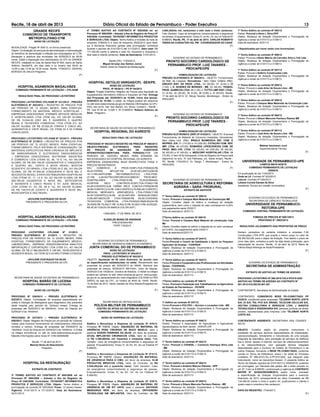 Recife, 18 de abril de 2013 Diário Oficial do Estado de Pernambuco - Poder Executivo 13
3.603,30(três mil, seiscentos e três reais e trinta centavos).
Fato Gerador: Caso de emergência comprometendo a segurança
de pessoa. Enquadramento: Inciso IV, do Art. 24, da Lei Federal Nº
8.666/93. Recife, PE, 17 de abril de 2013. CARLOS ROBERTO
VIEIRA DA CUNHA/TEN CEL PM - COORDENADOR DO CASIS.
(F)
GOVERNO DO ESTADO DE PERNAMBUCO
PRONTO SOCORRO CARDIOLÓGICO DE
PERNAMBUCO PROF. LUIZ TAVARES -
PROCAPE/UPE
HOMOLOGAÇÃO DE LICITAÇÃO
PREGÃO ELETRONICO Nº 008/2013 - OBJETO: Fornecimento
de Matl. de Limpeza. Vencedores / Item (Valor Unitário (R$)):
KREATO DIST. DE PROD. LTDA.: 04 (50,00), 07 (0,44) e 09
(1,04); l. O. SOARES DE MORAES - ME: 03 (46,30); TEQNOL
PROD. QUIMICOS LTDA: 08 (1,55); e, TUTTO LIMP DIST. LTDA.:
01 (4,30), 02 (45,00), 05 (0,30), 06 (0,85) e 10 (63,00). Recife,
17 de abril de 2013. Dr. Sérgio Tavares. Montenegro - Diretor do
PROCAPE
(F)
GOVERNO DO ESTADO DE PERNAMBUCO
PRONTO SOCORRO CARDIOLÓGICO DE
PERNAMBUCO PROF. LUIZ TAVARES -
PROCAPE/UPE
HOMOLOGAÇÃO DE LICITAÇÃO
PREGÃO ELETRONICO (SRP) Nº 016/2013 - OBJETO: Eventual
Fornecimento de Material de Consumo Hospitalar. Vencedores/
Item (Valor Unit. (R$)): BRAILE BIOMEDICA IND. COM. E
REPRES. S/A: 01 (110,00) e 10 (326,00); COTAÇÃO COM. REP.
IMP. LTDA: 09 (33,00); EDWARDS LIFESCIENCES COM. DE
PROD. MED.-CIR. LTDA: 03 (35,00), 04 (230,00), 05 (65,00),
06 (65,00) e 07 (65,00); e, MEDCORP HOSPITALAR LTDA: 08
(72,00). O item 02 foi fracassado. AAta de Registro de Preços está
disponível no end.: R. dos Palmares, s/n, Santo Amaro, Recife -
PE. Recife, 17/04/2013. Dr. Sérgio T. Montenegro - Diretor do
PROCAPE
(F)
GOVERNO DO ESTADO DE PERNAMBUCO
SECRETARIA DE AGRICULTURA E REFORMA
AGRÁRIA – SARA- PRORURAL
EXTRATO DE ADITIVOS
7º Termo Aditivo ao contrato Nº 008/10
Partes: Prorural e Campos Maia Material de Construção ME
Objeto: Constitui objeto do aditivo a mudança de dotação
orçamentária, bem como o reajuste do valor contratual em 5,24%
nos pagamentos após 23/02/11
Data de assinatura: 02/01/13
7ºTermo Aditivo ao contrato Nº 009/10
Partes: Prorural e Campos Maia Material de construção Ltda
Me
Objeto: Constitui objeto do aditivo o reajuste de no valor contratual
em 5,40%, nos pagamentos após 23/02/11
Data de assinatura:02/01/13
1º Termo Aditivo ao contrato Nº 044/12
Partes:Prorural e Centro de Habilitação e Apoio ao Pequeno
Agricultor do Araripe - CHAPADA
Objeto: Mudança de dotação Orçamentária e Prorrogação da
vigência a contar de 01/01/13 a 31/08/13
Data de assinatura: 02/01/13
1º Termo Aditivo ao contrato Nº 045/12
Partes:Prorural e Cooperativa dos Proﬁssionais em Atividades
Gerais - COOPAGEL
Objeto: Mudança de dotação Orçamentária e Prorrogação da
vigência a contar de 01/01/13 a 31/08/13
Data de assinatura: 02/01/13
1ºTermo Aditivo ao contrato Nº 046/12
Partes: Prorural e Federação dos Trabalhadores na Agricultura
do Estado de Pernambuco - FETAPE
Objeto: Mudança de dotação Orçamentária e Prorrogação da
vigência a contar de 01/01/13 a 31/08/13
Data de assinatura: 02/01/13
1º Aditivo ao contrato Nº 047/12
Partes:Prorural e POLITEC – Serviço e Locações Ltda - ME
Objeto: Mudança de dotação Orçamentária e Prorrogação da
vigência a contar de 01/01/13 a 31/08/13
Data de assinatura: 02/01/13
1º Termo Aditivo ao contrato Nº 048/12
Partes: Prorural e Associação de Agricultores e Agricultoras
Agroecológicos de Bom Jardim - AGROFLOR
Objeto: Mudança de dotação Orçamentária e Prorrogação da
vigência a contar de 01/01/13 a 31/08/13
Data de assinatura: 02/01/13
1º Termo Aditivo ao contrato Nº 053/12
Partes: Prorural e COHESIL – Comercio Henrique Silva Ltda
- ME
Objeto: Mudança de dotação Orçamentária e Prorrogação da
vigência a contar de 01/01/13 a 31/08/13
Data de assinatura: 02/01/13
1º Termo Aditivo ao contrato Nº 054/12
Partes: Prorural e Antônio Marcos Patriota - EPP
Objeto: Mudança de dotação Orçamentária e Prorrogação da
vigência a contar de 01/01/13 a 31/08/13
Data de assinatura: 02/01/13
1º Termo Aditivo ao contrato Nº 055/12
Partes: Prorural e Gilson Marcone Pacheco Ramos - ME
Objeto: Mudança de dotação Orçamentária e Prorrogação da
vigência a contar de 01/01/13 a 31/08/13
Data de assinatura: 02/01/13
1º Termo Aditivo ao contrato Nº 062/12
Partes: Prorural e Almir L Silva EPP
Objeto: Mudança de dotação Orçamentária e Prorrogação da
vigência a contar de 01/01/13 a 31/08/13
Data de assinatura: 02/01/13
( Republicados por haver saído com Incorreções)
1º Termo Aditivo ao contrato Nº 056/12
Partes: Prorural e Kênio Márcio de Carvalho Silva e CIA Ltda
Objeto: Mudança de dotação Orçamentária e Prorrogação da
vigência a contar de 01/01/13 a 31/08/13
1º Termo Aditivo ao contrato Nº 057/12
Partes: Prorural e Soferro Construções Ltda
Objeto: Mudança de dotação Orçamentária e Prorrogação da
vigência a contar de 01/01/13 a 31/08/13
1º Termo Aditivo ao contrato Nº 058/12
Partes: Prorural e José Artur de Souza Lima - ME
Objeto: Mudança de dotação Orçamentária e Prorrogação da
vigência a contar de 01/01/13 a 31/08/13
1º Termo Aditivo ao contrato Nº 059/12
Partes: Prorural e Campos Maia Materiais de Construção Ltda
Objeto: Mudança de dotação Orçamentária e Prorrogação da
vigência a contar de 01/01/13 a 31/08/13
1º Termo Aditivo ao contrato Nº 060/12
Partes: Prorural e Gilson Marcone Pacheco Ramos ME
Objeto: Mudança de dotação Orçamentária e Prorrogação da
vigência a contar de 01/01/13 a 31/08/13
1º Termo Aditivo ao contrato Nº 061/12
Partes: Prorural e José Artur de Souza Lima - ME
Objeto: Mudança de dotação Orçamentária e Prorrogação da
vigência a contar de 01/01/13 a 31/08/13
Walmar Isacksson Jucá
Superintendente Técnico
(F)
UNIVERSIDADE DE PERNAMBUCO-UPE
CAMPUS MATA NORTE
COMISSAO PERMANENTE DE LICITAÇAO
ERRATA
Em publicação do dia 11/04/2013
Onde se Lê: Contrato Nº 003/2013
Leia-se: Contrato Nº 004/2013
Leliana Correia Dantas da Silva
Assistente Técnico em Gestão Universitária
(F)
GOVERNO DO ESTADO DE PERNAMBUCO
SECRETARIA DE CIÊNCIA E TECNOLOGIA
UNIVERSIDADE DE PERNAMBUCO-
REITORIA-UPE
COMISSÃO CENTRAL PERMANENTE DE LICITAÇÃO
TOMADA DE PREÇOS Nº 0001/2013
PROCESSO N º 0003/2013
RESULTADO JULGAMENTO DAS PROPOSTAS DE PREÇO
Declaro vencedora do certame licitatório a empresa FJM
Construções LTDA EPP, que propôs o menor preço no valor de
R$ 500.522,99, para o objeto da licitação. Fica aberto o prazo de
cinco dias úteis, contados a partir da data desta publicação, para
interposição de recurso. Recife, 15 de abril de 2013. Maria de
Fátima Banja Nóbrega de Assis/Presidente.
(F)
GOVERNO DO ESTADO DE PERNAMBUCO
SECRETARIA DE ADMINISTRAÇÃO
EXTRATO DE ADITIVO AO TERMO DE ADESÃO
PROCESSO LICITATÓRIO Nº 066.2010.CELII.PP.010.SAD
ADITIVO AO TERMO DE ADESÃO AO CONTRATO Nº
001.2012.816.SECID.001.001
CONTRATANTE: Secretaria de Administração do Estado
CONTRATADO: CONSÓRCIO REDE PE-CONECTADO PP
10/2010, constituído pelas empresas: TELEMAR NORTE LESTE
S/A, OI S/A, TNL PCS S/A, BRASIL TELECOM CELULAR S/A,
VECTRA CONSULTORIA E SERVIÇOS LTDA. e AVANTIA
TECNOLOGIA E ENGENHARIA S/A, pessoas jurídicas de direito
privado, representadas pela Empresa Líder TELEMAR NORTE
LESTE S/A.
CONTRATANTE ADERENTE: SECRETARIA DAS CIDADES -
SECID
OBJETO: Constitui objeto do presente instrumento a
prestação de serviços técnicos especializados de implantação,
operacionalização, treinamento e manutenção de uma solução
integrada de telemática, para prestação de serviços de telefonia
ﬁxa e móvel, acesso à Internet, serviços de videomonitoramento
e de videoconferência, com operação técnica integrada
especializada para o Governo do Estado de Pernambuco e de
outros Poderes, formando a REDE PE-CONECTADO, conforme
consta no Termo de Referência, anexo I do edital do Processo
Licitatório Nº 066.2010.CEL.II.PP.010.SAD, que integram este
Instrumento, como se transcritos fossem. O presente Aditivo ao
Termo de Adesão vigorará de 01/01/2013 à 16/09/2016, podendo
ser prorrogado, por interesse das partes, até o limite previsto no
art. 57, II da Lei 8.666/93, condicionado à vigência do CONTRATO
MATER N° 02/SAD/SEADM/2012, assim como, proceder
a especiﬁcação da Dotação Orçamentária para o exercício
ﬁnanceiro de 2013 correspondente ao Valor Contratado de R$
134.484,93 (cento e trinta e quatro mil, quatrocentos e oitenta e
quatro reais e noventa e três centavos).
DATA DO REGISTRO: 17/04/2013.
(F)
GRANDE RECIFE
CONSÓRCIO DE TRANSPORTE
METROPOLITANO-CTM
AVISO DE LICITAÇÃO
MODALIDADE: Pregão Nº 008/13, na forma presencial.
Objeto: Contratação de serviços de administração e intermediação
do benefício de alimentação e refeição aos empregados do CTM.
Recepção e abertura dos envelopes dia 02/05/2013 às 09:00
horas. Edital a disposição dos interessados na CPL do GRANDE
RECIFE, instalada no Cais de Santa Rita Nº 600, bairro de Santo
Antônio, Recife/PE, em dias úteis e no horário das 08:00 às
12:00 e das 13:00 às 16:30 horas. Recife, 17/04/2013. GENIVAL
BORGES DE SALES-Pregoeiro.
(F)
HOSPITAL AGAMENON MAGALHÃES
COMISSÃO PERMANENTE DE LICITAÇÃO – CPL/HAM
RESULTADO FINAL DE PROCESSO LICITATÓRIO
PROCESSO LICITATÓRIO CPL/HAM Nº 221/2012 - PREGÃO
ELETRÔNICO Nº 202/2012 – REGISTRO DE PREÇOS POR
UM PERÍODO DE 12 (DOZE) MESES, PARA EVENTUAL
FORNECIMENTO DE MATERIAL MÉDICO HOSPITALAR –
EMPRESAS VENCEDORAS: STARMED ARTIGOS MÉDICOS
E HOSPITALARES LTDA (ITEM 04), AO VALOR GLOBAL
DE R$ 10.044,00 (DEZ MIL E QUARENTA E QUATRO
REAIS) E TECNOVIDA COMERCIAL LTDA (ITEM 01), AO
VALOR GLOBAL DE R$ 35.520,00 (TRINTA E CINCO MIL,
QUINHENTOS E VINTE REAIS). OS ITENS 02 E 03 FORAM
CANCELADOS.
PROCESSO LICITATÓRIO CPL/HAM Nº 35/2013 - PREGÃO
ELETRÔNICO Nº 27/2013 – REGISTRO DE PREÇOS POR
UM PERÍODO DE 12 (DOZE) MESES, PARA EVENTUAL
FORNECIMENTO, PELO SISTEMA DE CONSIGNAÇÃO, DE
MATERIAIS ESPECÍFICOS PARA CIRURGIA DE IMPLANTE
DE MARCAPASSOS E ELETRODOS ENDOCÁRDICOS
– EMPRESAS VENCEDORAS: BIOTRONIK INDÚSTRIA
E COMÉRCIO LTDA (ITENS 02, 06, 10 E 14), AO VALOR
GLOBAL DE R$ 554.109,00 (QUINHENTOS E CINQUENTA
E QUATRO MIL, CENTO E NOVE REAIS); BOSTON
SCIENTIFIC DO BRASIL LTDA (ITENS 04 E 08), AO VALOR
GLOBAL DE R$ 57.600,00 (CINQUENTA E SETE MIL E
SEICENTOS REAIS); EXATA DISTRIBUIDORA HOSPITALAR
LTDA (ITENS 07, 11, 13 E 15), AO VALOR GLOBAL DE R$
209.765,00 (DUZENTOS E NOVE MIL, SETECENTOS
E SESSENTA E CINCO REAIS) E ST JUDE MEDICAL
LTDA (ITENS 01, 03, 05, 09 E 12), AO VALOR GLOBAL
DE R$ 149.910,00 (CENTO E QUARENTA E NOVE MIL,
NOVECENTOS E DEZ REAIS).
JACILENE EUSTAQUIO DA SILVA
PRESIDENTE E PREGOEIRA DA CPL
(F)
HOSPITAL AGAMENON MAGALHÃES
COMISSÃO PERMANENTE DE LICITAÇÃO – CPL/HAM
RESULTADO FINAL DE PROCESSO LICITATÓRIO
PROCESSO LICITATÓRIO CPL/HAM Nº 01/2013 -
PREGÃO ELETRÔNICO Nº 01/2013 – REGISTRO DE
PREÇOS POR UM PERÍODO DE 12 (DOZE) MESES, PARA
EVENTUAL FORNECIMENTO DE EQUIPAMENTO MÉDICO-
LABORATORIAL– EMPRESA VENCEDORA:NOVA ANALITICA
IMPORTAÇÃO E EXPORTAÇÃO LTDA (ITEM 01), AO VALOR
GLOBAL DE R$ 21.960,00(VINTE E UM MIL, NOVECENTOS E
SESSENTA REAIS). OS ITENS 02 E 03 NÃO FORAM COTADOS.
JACILENE EUSTAQUIO DA SILVA
PRESIDENTE E PREGOEIRA DA CPL
(F)
SECRETARIA DE SAÚDE DO ESTADO DE PERNAMBUCO
HOSPITAL BARÃO DE LUCENA
COMISSÃO PERMANENTE DE LICITAÇÃO
AVISO DE LICITAÇÃO
PROCESSO Nº 030/2013 – PREGÃO ELETRÔNICO Nº
022/2013. Objeto: Contratação de empresa especializada em
coleta e citologia de Mielograma para diagnóstico dos pacientes
deste hospital pelo período de 12(doze) meses. Entrega de
propostas até 02/05/2013 às 09h00min. Início da Disputa em
02/05/2013 às 10h00min.
PROCESSO Nº 037/2013 – PREGÃO ELETRÔNICO Nº
026/2013. Objeto: Registro de Preços por um período de 12(doze)
meses para eventual fornecimento de medicamentos (Albumina
humana e outros). Entrega de propostas até 03/05/2013 às
10h00min. Início da Disputa em 03/05/2013 às 15h00min. O Edital
na íntegra encontra-se no site do www.redecompras.pe.gov.br.
Maiores informações pelos fones 81 3184-6469/6468
Recife, 17 de abril de 2013.
Manoel Alves do Nascimento
Pregoeiro
(F)
HOSPITAL DA RESTAURAÇÃO
EXTRATO DE CONTRATO
3º TERMO ADITIVO AO CONTRATO Nº 005/2009 ref. ao
Processo Nº 066/2009 – Adesão a Ata de Registro de
Preço Nº 036/2009. Contratada: TECNOSET INFORMÁTICA
PRODUTOS E SERVIÇOS LTDA. Objeto: Termo Aditivo a
prorrogação do contrato Nº 005/2009. Prazo: 12 (doze) meses.
Vigência: 01/01/2013 à 31/12/2013. Data de Assinatura:
02/01/2013.
4º TERMO ADITIVO AO CONTRATO Nº 005/2009 ref. ao
Processo Nº 066/2009 – Adesão a Ata de Registro de Preço Nº
036/2009. Contratada: TECNOSET INFORMÁTICA PRODUTOS
E SERVIÇOS LTDA; Objeto: Termo Aditivo a inclusão da nota de
empenho 0768/2013 e nota de empenho 0525/2013 para fazer
jus à demanda ﬁnanceira gerada pela prorrogação contratual
durante o período de 01/01/2013 até 31/12/2013. Valor total: R$
177.352,80 (cento e setenta e sete mil, trezentos e cinquenta e
dois reais e oitenta centavos). Data da Assinatura: 31/01/2013.
Recife (PE), 17/04/2013.
Miguel Arcanjo dos Santos Júnior
Diretor Geral do Hospital da Restauração
(F)
HOSPITAL GETÚLIO VARGAS/CPL -SES/PE.
AVISO DE LICITAÇÃO
PROC. Nº 05/2012 – PE Nº 04/2012
Objeto: Pregão Eletrônico Registro de Preços para Aquisição de
Equipamentos Dermátomo Elétrico e Expansor de Pele. Entrega
das Propostas até: 02/05/2013 ás 10:00h. Início dos lances:
02/05/2013 às 10:30h. O edital, na íntegra poderá ser adquirido
no site www.redecompras.pe.gov.br.Maiores informações na CPL/
HGV, sito na Av. Gal. San Martim, s/n, térreo, Cordeiro – Recife –
PE. Das 07:00 ás 13:00h F. 81-31845670. Robson Zeferino da
Silva - Pregoeiro
(F)
SECRETARIA DE SAÚDE DO ESTADO DE PERNAMBUCO
HOSPITAL REGIONAL DO AGRESTE
RESULTADO FINAL DE LICITAÇÃO
PROCESSO Nº 093/2012-REGISTRO DE PREÇOS Nº 080/2012
OBJETO:PREGÃO ELETRONICO PARA REGISTRO
DE PREÇOS DE AQUISIÇÃO DE CURATIVOS
INTERATIVOS(COBERTURA PARA FERIDAS)-POR UM
PERIODO DE 12(DOZE) MESES. PARA ATENDER AS
NECESSIDADES DO HOSPITAL REGIONAL DO AGRESTE
EMPRESAS GANHADORAS SEUS RESPECTIVOS ITENS E
PREÇOS REGISTRADOS
DDJ COMERCIO E PROD.HOSP.LTDA-ITENS(03-R$
48,45-FERRIS MFG)(07-R$ 25,00-HELIANTO)(09-R$
19,11-HELIANTO)FBM IND.FARMACEUTICA LTDA-ITEM-
(21-R$ 4,26-NUTRICORPORE)GOLDMEDIC PROD.MED.
HOSPITALARES LTDA-ITEM(10-R$ 70,00-B.BRAUN)
HOSPFAR IND.E COM.PROD.HOSP.LTDA-ITEM(01-R$
44,49-CONVATEC)LM FARMA IND.E COM.S/A-ITENS(06-R$
39,99-CURATEC)(14-R$ 5,98-CURATEC)(15-R$3,48-CURATEC)
MEDICAL MERCANTIL APAR.MEDICA LTDA-ITENS(17-R$
54,00-CONVATEC)(18-R$ 40,30-NATURA SKIN)QUALYMED
COM.ART.MEDICOS LTDA-ITEM(08-R$ 65,00-COVIDIEN)
TECNOVIDA COMERCIAL LTDA-ITENS(02-R$28,60)(04-R$
35,00(05-R$ 75,50)(11-R$ 15,50)(12-R$ 30,00)(13-R$ 40,00)(20-
R$ 45,00-TODOS DA MARCA COLOPLAST)
CARUARU, 17 DE ABRIL DE 2013
ELIEZILDE MUNIZ DE ANDRADE
PREGOEIRA/HRA
PORT.174/2010
(F)
GOVERNO DO ESTADO DE PERNAMBUCO
SECRETARIA DE DESENVOLVIMENTO ECONÔMICO
JUNTA COMERCIAL DO DE PERNAMBUCO
AVISO DE LICITAÇÃO
PROC. LICITATÓRIO Nº 004/2013
PREGÃO ELETRÔNICO Nº 002/2013
OBJETO: Aquisição de 08 (oito) Scanners, de acordo com
as especiﬁcações estabelecidas no edital. Recebimento das
propostas de preços até 30/04/2013 às 09h00. Abertura das
propostas de preços: 30/04/2013 09h10min. Inicio da disputa:
30/04/2013 às 10h30min. (horário de Brasília). O edital na íntegra
poderá ser retirado no site: www.compras.pe.gov.br; www.jucepe.
pe.gov.br ou pessoalmente por meio magnético (CD ROM ou PEN
DRIVE) na sala da CPL, no horário de 8h00 às 13h00. Recife,
15 de Abril de 2013. Vania Liberato da Silva Ribeiro/Pregoeira em
exercício.
(F)
SECRETARIA DE DEFESA SOCIAL
POLÍCIA MILITAR DE PERNAMBUCO
CENTRO DE APOIO AO SISTEMA DE SAÚDE
COMISSÃO PERMANENTE DE LICITAÇÃO
AVISO DE DISPENSA DE LICITAÇÃO
Ratiﬁco e Reconheço a Dispensa de Licitação Nº 075/13,
Processo Nº 112/13, Objeto: AQUISIÇÃO DE MATERIAL DE
URGÊNCIA PARA CIRURGIA DE BUCO MAXILO, para o
paciente EDSON FERREIRA DA SILVA, em favor da empresa,
ATUAL IMPLANTES CIRÚRGICOS LTDA, Valor do Contrato:
de R$ 3.350,00(três mil, trezentos e cinquenta reais). Fato
Gerador: Caso de emergência comprometendo a segurança de
pessoa. Enquadramento: Inciso IV, do Art. 24, da Lei Federal Nº
8.666/93.
Ratifico e Reconheço a Dispensa de Licitação Nº 074/13,
Processo Nº 110/13, Objeto: AQUISIÇÃO DE MATERIAL
DE URGÊNCIA PARA O CMH, em favor da empresa, ELM
PRODUTOS MÉDICOS LTDA, Valor do Contrato: de R$
3.040,00(três mil e quarenta reais). Fato Gerador: Caso
de emergência comprometendo a segurança de pessoa.
Enquadramento: Inciso IV, do Art. 24, da Lei Federal Nº
8.666/93.
Ratiﬁco e Reconheço a Dispensa de Licitação Nº 076/13,
Processo Nº 113/13, Objeto: AQUISIÇÃO DE MATERIAL DE
URGÊNCIA DE UM KIT OATS, para o paciente DAYVSON
MENDONÇA REIS, em favor da empresa, ORTHOSERV
TECNOLOGIA EM IMPLANTES, Valor do Contrato: de R$
 