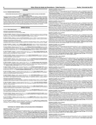 6 Diário Oficial do Estado de Pernambuco - Poder Executivo Recife, 18 de abril de 2013
CULTURA
Secretário: Fernando Duarte da Fonseca
CONVOCATÓRIA PARA SELEÇÃO DE PÔSTER – FESTIVAL PERNAMBUCO NAÇÃO CULTURAL 2013/ MATA NORTE
COMUNICADO
VENCEDOR/ETAPA DA MATA NORTE
A Secretaria de Cultura do Estado de Pernambuco - SECULT e a Fundação do Patrimônio Histórico e Artístico de Pernambuco
- FUNDARPE, através do seu secretário e seu diretor presidente, respectivamente, no uso de suas atribuições legais, tornam público,
para conhecimento dos interessados, que o vencedor do concurso para pôster da etapa da Mata Norte foi o designer gráﬁco Ayodê
França, cuja obra vencedora foi selecionada a partir da escolha da comissão julgadora composta por Leo Antunes coordenador do Festival
Pernambuco Nação Cultural; Bernardo Mendes, representante da Casa Civil do Governo de Pernambuco e os participantes da sociedade
civil, Sebba Cavalcante, mestre em design pela UFPE e curador das revistas Boca e UNARevista, ambas especializadas em artes visuais,
indicado pela comissão setorial da área; Lucídio Leão, mestre em design pela UFPE e sócio–diretor da Reserva Comunicação e Design
e Raoni Assis, publicitário, ilustrador e coordenador do espaço cultural ACasa do Cachorro Preto. Recife, 17 de abril de 2013. Fernando
Duarte da Fonseca. SECRETÁRIO DE CULTURA. Severino Pessoa dos Santos. DIRETOR PRESIDENTE DA FUNDARPE.
DEFESA SOCIAL
Secretário: Wilson Salles Damazio
PORTARIAS DO SECRETARIO DE DEFESA SOCIAL
O Secretário de Defesa Social no uso de suas atribuições, resolve:
Nº 1398, DE 17/04/2013 – Remover da Gerência de Tecnologia da Informação – GTI/SDS para a Gerência do Instituto de Identiﬁcação
Tavares Buril – IITB o Perito Papiloscopista OSCAR DE LIRA MENDES JUNIOR, matrícula nº 313632-9, ﬁcando dispensado da Função
Gratiﬁcada de Apoio 2, símbolo FGA-2, da Unidade de Planejamento e Tecnologia, a contar de 15/04/2013.
Nº 1399, DE 17/04/2013 – Atribuir ao 3º Sargento PM ELTON LUIZ DA SILVA, matrícula nº 103466-9, a Função Gratiﬁcada de Apoio 2,
símbolo FGA-2, da Unidade de Planejamento e Tecnologia, da Gerência de Tecnologia da Informação – GTI/SDS a contar de 01/05/2013.
PORTARIAS DO SECRETÁRIO DE DEFESA SOCIAL
O Secretário de Defesa Social, no uso de suas atribuições, e considerando a autorização expressa no Ofício nº 175/2013-GG/PE, pelo
Excelentíssimo Senhor Governador do Estado, em virtude do previsto no Art. 5º do Decreto nº 36.849, de 22 de julho de 2011, resolve:
Nº 1400, DE 17/04/2013 – Transferir o Cabo PM MANUEL FIRMINO LIMA DA SILVA, matrícula nº 28149-2, atualmente lotado no 2º
BPM para o 1º BPM, e deste para aquele o Soldado PM ALEXANDRE DUTRA DA SILVA, matrícula nº 113408-6, a contar de 01/05/2013.
Nº 1401, DE 17/04/2013 – Remover a Agente de Polícia, QPC, CL. I, FS-d, SIMONE COUTINHO DA SILVA AMORIM, matrícula nº 221426-
1, da Delegacia de Polícia da 38ª Circunscrição – São Lourenço da Mata, da 9ª DESEC, para a 5ª Equipe de Repressão Qualiﬁcada de
Crimes Violentos Letais Intencionais – CVLI, em operação no âmbito da 6ª DESEC – Jaboatão dos Guararapes, ambas da GCOM/DIM, e
desta para aquela, a Agente de Polícia, QPC, CL. I, FS-d, GILVANISE VIEIRA DE MELO, matrícula nº 297058-9, a contar de 01/05/2013.
Nº 1402, DE 17/04/2013 – Remover, o Comissário Especial de Polícia, QPC, CL. IV, FS-a, PAULO ROGÉRIO MARQUES DE LIMA,
matrícula nº 151925-5, da Delegacia de Polícia da 3ª Circunscrição – Joana Bezerra, da 1ª DESEC/GCOM/DIM, para a Gerência de
Recursos Humanos, da SUPC/GAB-PCPE, a contar de 01/05/2013.
Nº 1403, DE 17/04/2013 – Remover o Agente de Polícia, QPC, CL. II, FS-a, CARLOS TRAVASSOS MOTA, matrícula nº 221391-5, da
Unidade de Movimentação de Pessoal, da GRH/SUBCP/GAB-PCPE, para a Delegacia de Polícia da 3ª Circunscrição – Joana Bezerra,
da 1ª DESEC/GCOM/DIM, a contar de 01/05/2013.
Nº 1404, DE 17/04/2013 – Remover, a pedido, o Agente de Polícia, QPC, CL. I, FS-d, ALEXANDRE AUGUSTO DE BARROS MIRANDA,
matrícula nº 296782-0, da Delegacia de Polícia da 207ª Circunscrição – Santa Cruz de Malta, da 24ª DESEC/GCOI-2/DINTER-2, para a
Delegacia de Polícia de Roubos e Furtos, do DEPATRI/GCOE/DIRESP, a contar de 01/05/2013.
Nº 1405, DE 17/04/2013 – Permutar, a pedido, o Agente de Polícia, QPC, CL. I, FS-d, ANTÔNIO RISTANLEY MELO DOS SANTOS,
matrícula nº 272738-2, da Delegacia de Polícia da 45ª Circunscrição – Carpina, da 11ª DESEC/GCOI-1/DINTER-1, para a Delegacia de
Polícia da 22ª Circunscrição – Piedade, da 6ª DESEC/GCOM/DIM, e desta para aquela, também a pedido, o Agente de Polícia, QPC, CL.
I, FS-d, MANOEL ALUÍZIO DA SILVA JÚNIOR, matrícula nº 273159-2, a contar de 01/05/2013.
Nº 1406, DE 17/04/2013 – Permutar, a pedido, a Escrivã de Polícia, QPC, CL. I, FS-d, RENNATA ALENCAR VIEIRA COUTO, matrícula
nº 320354-9, da Delegacia de Polícia da 20ª Circunscrição – Jaboatão dos Guararapes, da 6ª DESEC/GCOM/DIM, para a Delegacia
de Polícia da 61ª Circunscrição – Vitória de Santo Antão, da 12ª DESEC/GCOI-1/DINTER-1, e desta para aquela, também a pedido, o
Escrivão de Polícia, QPC, CL. I, FS-d, STUVER ALEXANDRE GUIMARÃES MOURA, matrícula nº 319650-0, a contar de 01/05/2013.
Nº 1407, DE 17/04/2013 – Remover o Comissário Especial de Polícia, QPC, CL. IV, FS-a, PEDRO BARBOSA XAVIER, matrícula nº
140463-6, da Coordenação dos Procedimentos Policiais, da SUBCP/GAB-PCPE, para a Delegacia de Polícia da 31ª Circunscrição –
Itapissuma, da 8ª DESEC/GCOM/DIM, a contar de 01/05/2013.
Nº 1408, DE 17/04/2013 – Remover, a pedido, o Agente de Polícia, QPC, CL. I, FS-d, JUNEY PEREIRA SOARES, matrícula nº 273361-7,
da 3ª Equipe de Repressão Qualiﬁcada de Crimes Violentos Letais Intencionais – CVLI, em operação no âmbito da 14ª DESEC – Caruaru, da
GCOI-1/DINTER-1, para a Delegacia de Polícia da 49ª Circunscrição – Itambé, da 11ª DESEC/GCOI-1/DINTER-1, a contar de 01/05/2013.
PORTARIAS DO SECRETÁRIO DE DEFESA SOCIAL
O Secretário de Defesa Social, no uso de suas atribuições, e considerando a autorização expressa no Ofício nº 177/2013-GG/PE, pelo
Excelentíssimo Senhor Governador do Estado, em virtude do previsto no Art. 5º do Decreto nº 36.849, de 22 de julho de 2011, resolve:
Nº 1409, DE 17/04/2013 – Remover o Comissário Especial de Polícia, QPC, CL. IV, FS-a, LUCAS DAVID MONTEIRO SOBRINHO,
matrícula nº 134905-8, da UNISERG/GEAG/SUBCP/GAB-PCPE, para a Coordenação de Operações e Recursos Especiais, da SUBCP/
GAB-PCPE, a contar de 01/05/2013.
Nº 1410, DE 17/04/2013 – Remover o Comissário Especial de Polícia, QPC, CL. IV, FS-f, TADEU CARLOS DE SOUZA, matrícula nº
152808-4, da Delegacia de Polícia da 40ª Circunscrição – Cabo de Santo Agostinho, da 10ª DESEC/GCOM/DIM, para a Coordenação de
Operações e Recursos Especiais, da SUBCP/GAB-PCPE, a contar de 01/05/2013.
Nº 1411, DE 17/04/2013 – Remover, a pedido, a Agente de Polícia, QPC, CL. I, FS-d, CRUZ ANGELIM VASCO, matrícula nº 152-0, do
Núcleo de Inteligência da 26ª DESEC – Petrolina, da GCOI-2/DINTER-2, para o Núcleo de Inteligência do Departamento de Homicídios
e de Proteção à Pessoa, da GCOE/DIRESP, a contar de 01/05/2013.
Nº 1412, DE 17/04/2013 – Remover o Agente de Polícia, QPC, CL. I, FS-d, DILSON LINS MARQUES DOS SANTOS JUNIOR, matrícula
nº 221407-5, da Delegacia de Polícia da 10ª Circunscrição – Ibura, da 3ª DESEC/GCOM/DIM, para a 5ª Delegacia de Polícia da Mulher
– Paulista, do DPMUL/GCOE/DIRESP, a contar de 01/05/2013.
Nº 1413, DE 17/04/2013 – Remover o Agente de Polícia, QPC, CL. II, FS-a, BARBOSA VEIGA, matrícula nº 350-8, do Núcleo de
Inteligência do Departamento de Homicídios e de Proteção à Pessoa, da GCOE/DIRESP, para a Coordenação de Inteligência da Polícia
Civil, a contar de 01/05/2013.
Nº 1414, DE 17/04/2013 – Remover o Comissário Especial de Polícia, QPC, CL. IV, FS-a, PEDRO FÉLIX DE CARVALHO NETO,
matrícula nº 148757-4, da Delegacia de Polícia da 3ª Circunscrição – Joana Bezerra, da 1ª DESEC, para a Delegacia de Polícia da 26ª
Circunscrição – Rio Doce, da 7ª DESEC, ambas da GCOM/DIM, a contar de 01/05/2013.
WILSON SALLES DAMÁZIO
Secretário de Defesa Social
PORTARIAS DO COMANDO GERAL DA POLICIA MILITAR DE PERNAMBUCO
PORTARIA DO CG/PMPE nº 297, de 16/04/2013.
EMENTA: Transferência para a Reserva
O COMANDANTE GERAL, no uso das atribuições que lhe são conferidas pelo Artigo 101, Inciso I, do Regulamento Geral da PMPE, aprovado
por meio do Decreto n.° 17.589, de 16/06/1994. RESOLVE: I - Transferir para a Reserva (não remunerada), a contar de 12 de março de 2013,
com fundamento no Art. 100, § 3º da Constituição do Estado de Pernambuco, o Sd PM Mat. 106693-5/ADIDO A DGP – EDUARDO CARLOS
DA SILVA, praça de 27/08/2007, ﬁlho de Carlos Alberto da Silva e de Lindinalva Maria de Souza, por haver sido empossado no cargo público
efetivo de Agente de Polícia Civil do Estado de Pernambuco; II - O Chefe da DGP-6 deverá proceder o recolhimento do fardamento, da Carteira
de Identidade Militar, Carteira do SAME e de todos materiais da Fazenda Pública, postos à disposição do Militar do Estado ora transferido para
a reserva não remunerada para o desempenho de suas atribuições policiais militares, conforme dispõe a Portaria do Comando Geral n° 557,
publicada no SUNOR n° 021, de 11/06/2002; III – Publicar esta Portaria em Diário Oﬁcial do Estado; LUIS AURELIANO DE BARROS CORREIA
- COMANDANTE GERAL DA PMPE. POR DELEGAÇÃO: SEBASTIÃO JOSÉ PEREGRINO GONDIM CEL PM - Diretor de Gestão de Pessoas.
PORTARIA DO CG/PMPE nº 298, de 16/04/ 2013.
EMENTA: Transferência para a Reserva
O COMANDANTE GERAL, no uso das atribuições que lhe são conferidas pelo Artigo 101, Inciso I, do Regulamento Geral da PMPE,
aprovado por meio do Decreto n.° 17.589, de 16/06/1994. RESOLVE: I - Transferir para a Reserva (não remunerada), a contar de 12 de
março de 2013, com fundamento no Art. 100, § 3º da Constituição do Estado de Pernambuco, o Sd PM Mat. 103222-4/ADIDO A DGP
– ELIAS RICARDO DE OLIVEIRA, praça de 24/05/2004, ﬁlho de José Elias Pereira de Oliveira e de Janete Francisca Silva de Oliveira
por haver sido empossado no cargo público efetivo de Escrivão de Polícia Civil do Estado de Pernambuco; II - O Chefe da DGP-6 deverá
proceder o recolhimento do fardamento, da Carteira de Identidade Militar, Carteira do SAME e de todos materiais da Fazenda Pública,
postos à disposição do Militar do Estado ora transferido para a reserva não remunerada para o desempenho de suas atribuições policiais
militares, conforme dispõe a Portaria do Comando Geral n° 557, publicada no SUNOR n° 021, de 11/06/2002; III – Publicar esta Portaria
em Diário Oﬁcial do Estado; LUIS AURELIANO DE BARROS CORREIA - COMANDANTE GERAL DA PMPE. POR DELEGAÇÃO:
SEBASTIÃO JOSÉ PEREGRINO GONDIM CEL PM - Diretor de Gestão de Pessoas.
PORTARIA DO CG/PMPE nº 299, de 16/04/ 2013.
EMENTA: Transferência para a Reserva
O COMANDANTE GERAL, no uso das atribuições que lhe são conferidas pelo Artigo 101, Inciso I, do Regulamento Geral da PMPE,
aprovado por meio do Decreto n.° 17.589, de 16/06/1994. RESOLVE: I - Transferir para a Reserva (não remunerada), a contar de 12 de
março de 2013, com fundamento no Art. 100, § 3º da Constituição do Estado de Pernambuco, o Sd PM Mat. 103489-8/ADIDO A DGP
– CLAYTON FERREIRA DA CUNHA, praça de 24/05/2004, ﬁlho de Luiz de França Carneiro da Cunha e de Mirian Eteliana Ferreira
da Cunha, por haver sido empossado no cargo público efetivo de Agente de Polícia Civil do Estado de Pernambuco; II - O Chefe da
DGP-6 deverá proceder o recolhimento do fardamento, da Carteira de Identidade Militar, Carteira do SAME e de todos materiais da
Fazenda Pública, postos à disposição do Militar do Estado ora transferido para a reserva não remunerada para o desempenho de suas
atribuições policiais militares, conforme dispõe a Portaria do Comando Geral n° 557, publicada no SUNOR n° 021, de 11/06/2002; III –
Publicar esta Portaria em Diário Oﬁcial do Estado; LUIS AURELIANO DE BARROS CORREIA - COMANDANTE GERAL DA PMPE.
POR DELEGAÇÃO:SEBASTIÃO JOSÉ PEREGRINO GONDIM CEL PM - Diretor de Gestão de Pessoas.
PORTARIA DO CG/PMPE nº 300, de 16/04/2013.
EMENTA: Transferência para a Reserva
O COMANDANTE GERAL, no uso das atribuições que lhe são conferidas pelo Artigo 101, Inciso I, do Regulamento Geral da PMPE,
aprovado por meio do Decreto n.° 17.589, de 16/06/1994. RESOLVE: I - Transferir para a Reserva (não remunerada), a contar de 12 de
março de 2013, com fundamento no Art. 100, § 3º da Constituição do Estado de Pernambuco, a Sd PM Mat. 104204-1/ADIDO A DGP
– CRISTIANI DAMIANA RODRIGUES CHAVES, praça de 17/01/2005, ﬁlha de Plínio Rodrigues Chaves e de Maria Cristina Cavalcanti
de Albuquerque, por haver sido empossada no cargo público efetivo de Agente de Polícia Civil do Estado de Pernambuco; II - O Chefe
da DGP-6 deverá proceder o recolhimento do fardamento, da Carteira de Identidade Militar, Carteira do SAME e de todos materiais da
Fazenda Pública, postos à disposição da Militar do Estado ora transferida para a reserva não remunerada para o desempenho de suas
atribuições policiais militares, conforme dispõe a Portaria do Comando Geral n° 557, publicada no SUNOR n° 021, de 11/06/2002; III –
Publicar esta Portaria em Diário Oﬁcial do Estado; LUIS AURELIANO DE BARROS CORREIA - COMANDANTE GERAL DA PMPE.
POR DELEGAÇÃO: SEBASTIÃO JOSÉ PEREGRINO GONDIM - CEL PM - Diretor de Gestão de Pessoas.
PORTARIA DO CG/PMPE nº 301, de 16/04/2013.
EMENTA: Transferência para a Reserva
O COMANDANTE GERAL, no uso das atribuições que lhe são conferidas pelo Artigo 101, Inciso I, do Regulamento Geral da PMPE,
aprovado por meio do Decreto n.° 17.589, de 16/06/1994. RESOLVE: I - Transferir para a Reserva (não remunerada), a contar de 12
de março de 2013, com fundamento no Art. 100, § 3º da Constituição do Estado de Pernambuco, a Sd PM Mat. 103454-5/9º BPM –
PATRÍCIA RENATA PEIXOTO COSTA, praça de 24/05/2004, ﬁlha de Manoel Costa Neto e de Petrucia Vieira Peixoto Costa, por haver
sido empossada no cargo público efetivo de Agente de Polícia Civil do Estado de Pernambuco; II - O Comandante do 9ºBPM deverá
proceder o recolhimento do fardamento, da Carteira de Identidade Militar, Carteira do SAME e de todos materiais da Fazenda Pública,
postos à disposição da Militar do Estado ora transferida para a reserva não remunerada para o desempenho de suas atribuições policiais
militares, conforme dispõe a Portaria do Comando Geral n° 557, publicada no SUNOR n° 021, de 11/06/2002; III – Publicar esta Portaria
em Diário Oﬁcial do Estado; LUIS AURELIANO DE BARROS CORREIA - COMANDANTE GERAL DA PMPE. POR DELEGAÇÃO:
SEBASTIÃO JOSÉ PEREGRINO GONDIM - CEL PM - Diretor de Gestão de Pessoas.
PORTARIA DO CG / PMPE nº 302, de 16/04/2013.
EMENTA: Transferência para a Reserva
O COMANDANTE GERAL, no uso das atribuições que lhe são conferidas pelo Artigo 101, Inciso I, do Regulamento Geral da PMPE, aprovado
por meio do Decreto n.° 17.589, de 16/06/1994. RESOLVE: I - Transferir para a Reserva (não remunerada), a contar de 12 de março de 2013,
com fundamento no Art. 100, § 3º da Constituição do Estado de Pernambuco, o Sd PM Mat. 104005-7/18ºBPM – LAURO CESAR CAMPOS
praça de 17/01/2005, ﬁlho de José Veríssimo Campos e de Maria Francisca Campos, por haver sido empossado no cargo público efetivo de
Agente de Polícia Civil do Estado de Pernambuco; II - O Comandante do 18ºBPM deverá proceder o recolhimento do fardamento, da Carteira
de Identidade Militar, Carteira do SAME e de todos materiais da Fazenda Pública, postos à disposição do Militar do Estado ora transferido para
a reserva não remunerada para o desempenho de suas atribuições policiais militares, conforme dispõe a Portaria do Comando Geral n° 557,
publicada no SUNOR n° 021, de 11/06/2002; III – Publicar esta Portaria em Diário Oﬁcial do Estado; LUIS AURELIANO DE BARROS CORREIA -
COMANDANTE GERAL DA PMPE.POR DELEGAÇÃO: SEBASTIÃO JOSÉ PEREGRINO GONDIM - CEL PM - Diretor de Gestão de Pessoas.
PORTARIA DO CG/PMPE nº 303, de 16/04/2013.
EMENTA: Transferência para a Reserva
O COMANDANTE GERAL, no uso das atribuições que lhe são conferidas pelo Artigo 101, Inciso I, do Regulamento Geral da PMPE,
aprovado por meio do Decreto n.° 17.589, de 16/06/1994. RESOLVE: I - Transferir para a Reserva (não remunerada), a contar de 12
de março de 2013, com fundamento no Art. 100, § 3º da Constituição do Estado de Pernambuco, o Sd PM Mat. 110342-3/11ºBPM –
REMENSON CAVALCANTE DE CARVALHO praça de 09/03/2009, ﬁlho de Reginaldo Cavalcante de Carvalho e de Darlene Cruz de
Carvalho, por haver sido empossado no cargo público efetivo de Agente de Polícia Civil do Estado de Pernambuco; II - O Comandante
do 11ºBPM deverá proceder o recolhimento do fardamento, da Carteira de Identidade Militar, Carteira do SAME e de todos materiais da
Fazenda Pública, postos à disposição do Militar do Estado ora transferido para a reserva não remunerada para o desempenho de suas
atribuições policiais militares, conforme dispõe a Portaria do Comando Geral n° 557, publicada no SUNOR n° 021, de 11/06/2002; III –
Publicar esta Portaria em Diário Oﬁcial do Estado; LUIS AURELIANO DE BARROS CORREIA - COMANDANTE GERAL DA PMPE.
POR DELEGAÇÃO: SEBASTIÃO JOSÉ PEREGRINO GONDIM - CEL PM - Diretor de Gestão de Pessoas.
PORTARIA DO CG/PMPE nº 304, de 16/04/2013.
EMENTA: Transferência para a Reserva
O COMANDANTE GERAL, no uso das atribuições que lhe são conferidas pelo Artigo 101, Inciso I, do Regulamento Geral da PMPE,
aprovado por meio do Decreto n.° 17.589, de 16/06/1994. RESOLVE: I - Transferir para a Reserva (não remunerada), a contar de 12
de março de 2013, com fundamento no Art. 100, § 3º da Constituição do Estado de Pernambuco, a Sd PM Mat. 104693-4 CASIS –
WALNEIDE VALENÇA CORDEIRO REGO, praça de 17/01/2005, ﬁlha de Ezio Holanda Cordeiro e de Maria Geny Cordeiro Valença,
por haver sido empossada no cargo público efetivo de Agente de Polícia Civil do Estado de Pernambuco; II - O Chefe do CASIS deverá
proceder o recolhimento do fardamento, da Carteira de Identidade Militar, Carteira do SAME e de todos materiais da Fazenda Pública,
postos à disposição da Militar do Estado ora transferida para a reserva não remunerada para o desempenho de suas atribuições policiais
militares, conforme dispõe a Portaria do Comando Geral n° 557, publicada no SUNOR n° 021, de 11/06/2002; III – Publicar esta Portaria
em Diário Oﬁcial do Estado; LUIS AURELIANO DE BARROS CORREIA - COMANDANTE GERAL DA PMPE. POR DELEGAÇÃO:
SEBASTIÃO JOSÉ PEREGRINO GONDIM - CEL PM - Diretor de Gestão de Pessoas.
PORTARIA DO CG/PMPE nº 305, de 16/04/2013.
EMENTA: Transferência para a Reserva
O COMANDANTE GERAL, no uso das atribuições que lhe são conferidas pelo Artigo 101, Inciso I, do Regulamento Geral da PMPE,
aprovado por meio do Decreto n.° 17.589, de 16/06/1994. RESOLVE: I - Transferir para a Reserva (não remunerada), a contar de 12 de
março de 2013, com fundamento no Art. 100, § 3º da Constituição do Estado de Pernambuco, o Sd PM Mat. 104133-9/ 1º BPTRAN –
ROBSON DO MONTE ANDRE, praça de 17/01/2005, ﬁlho de José Ricardo André e de Vilma Clementino do Monte André, por haver sido
empossado no cargo público efetivo de Escrivão de Polícia Civil do Estado de Pernambuco; II - O Comandante do 1ºBPTRAN deverá
proceder o recolhimento do fardamento, da Carteira de Identidade Militar, Carteira do SAME e de todos materiais da Fazenda Pública,
postos à disposição do Militar do Estado ora transferido para a reserva não remunerada para o desempenho de suas atribuições policiais
militares, conforme dispõe a Portaria do Comando Geral n° 557, publicada no SUNOR n° 021, de 11/06/2002; III – Publicar esta Portaria
em Diário Oﬁcial do Estado; LUIS AURELIANO DE BARROS CORREIA - COMANDANTE GERAL DA PMPE. POR DELEGAÇÃO:
SEBASTIÃO JOSÉ PEREGRINO GONDIM - CEL PM - Diretor de Gestão de Pessoas.
PORTARIA DO CG/PMPE nº 306, de 16/04/2013.
EMENTA: Transferência para a Reserva
O COMANDANTE GERAL, no uso das atribuições que lhe são conferidas pelo Artigo 101, Inciso I, do Regulamento Geral da PMPE,
aprovado por meio do Decreto n.° 17.589, de 16/06/1994. RESOLVE: I - Transferir para a Reserva (não remunerada), a contar de 12
de março de 2013, com fundamento no Art. 100, § 3º da Constituição do Estado de Pernambuco, a Sd PM Mat. 103235-6/ACG –
FERNANDA GOMES DE ARAUJO, praça de 24/05/2004, ﬁlha de Fernando Alves de Araújo e de Creuza Maria Gomes, por haver sido
empossada no cargo público efetivo de Agente de Polícia Civil do Estado de Pernambuco; II - A Assistência do Comando Geral deverá
proceder o recolhimento do fardamento, da Carteira de Identidade Militar, Carteira do SAME e de todos materiais da Fazenda Pública,
postos à disposição da Militar do Estado ora transferida para a reserva não remunerada para o desempenho de suas atribuições policiais
militares, conforme dispõe a Portaria do Comando Geral n° 557, publicada no SUNOR n° 021, de 11/06/2002; III – Publicar esta Portaria
em Diário Oﬁcial do Estado; LUIS AURELIANO DE BARROS CORREIA - COMANDANTE GERAL DA PMPE. POR DELEGAÇÃO:
SEBASTIÃO JOSÉ PEREGRINO GONDIM - CEL PM - Diretor de Gestão de Pessoas.
PORTARIA DO CG/PMPE nº 307, de 16/04/2013.
EMENTA: Transferência para a Reserva
O COMANDANTE GERAL, no uso das atribuições que lhe são conferidas pelo Artigo 101, Inciso I, do Regulamento Geral da PMPE,
aprovado por meio do Decreto n.° 17.589, de 16/06/1994. RESOLVE: I - Transferir para a Reserva (não remunerada), a contar de 12 de
março de 2013, com fundamento no Art. 100, § 3º da Constituição do Estado de Pernambuco, a 3º SGT PM Mat. 104789-2/ 2ªEMG –
 