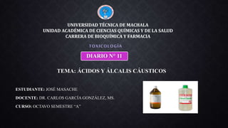 ESTUDIANTE: JOSÉ MASACHE
DOCENTE: DR. CARLOS GARCÍA GONZÁLEZ, MS.
CURSO: OCTAVO SEMESTRE “A”
TOXICOLOGÍA
UNIVERSIDAD TÉCNICA DE MACHALA
UNIDAD ACADÉMICA DE CIENCIAS QUÍMICAS Y DE LA SALUD
CARRERA DE BIOQUÍMICA Y FARMACIA
TEMA: ÁCIDOS Y ÁLCALIS CÁUSTICOS
DIARIO N° 11
 