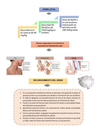 DOSIS LETAL
Dosis letal oral
en ratas es de 40
mg/Kg
Dosis letal 50
(DL50) es de
1350 mg/kg en
conejos.
Dosis de NaOH a
la cual produce
intoxicación en
personas es de
100-200 gramos.
Efectos a largo plazo en la salud de la
exposición de hidróxido de sodio
Resequedad,
agrietamient
o e
inflamación
de la piel
(dermatitis).
PIEL
Enfermedad
obstructiva
de las vías
respiratorias.
INHALACION
Cáncer de
esófago
CÁNCER
RECONOCIMIENTO DEL SODIO
1. Si a una pequeña cantidad de reactivo se adicionan unas gotas de muestra, se
produce primeroun precipitado azul debido a la formación de una sal básica.
2. El sodio al agregarle una pequeña porción de cloruro de níquel, produce un
precipitado verde claro de aspecto gelatinoso de hidróxido de níquel.
3. Frente a las sales férricas de sodio reacciona formando un precipitado blanco
del hidróxido correspondiente.
4. Igualmente reacciona frente a las soluciones de estaño, dando precipitados
blancos de hidróxido de estaño.
5. Conlas salesde cadmio,al agregarunasgotasde lasoluciónmuestra,formaun
precipitado blanco de hidróxido de cadmio.
6. Ensayoa lallama,al acercar unacantidadde muestra contenidaenlapuntade
un lápiz, arde con llama color amarilla intensa, en caso positivo.
 