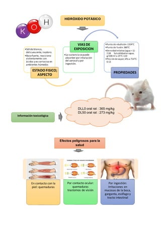 •Sólido blanco,
delicuescente, inodoro.
•Basefuerte, reacciona
violentamente con
ácidos y es corrosiva en
ambientes húmedos
ESTADO FISICO;
ASPECTO
•La sustanciasepuede
absorber por inhalación
del aerosol y por
ingestión.
VIAS DE
EXPOSICION
•Punto de ebullición:1324°C
•Punto de fusión:380°C
•Densidadrelativa (agua = 1):
2.04 Solubilidadenagua,
g/100 ml a 25°C:110
•Presiónde vapor, kPa a 714°C:
0.13
PROPIEDADES
En contacto con la
piel: quemaduras
Por contacto ocular:
quemaduras
trastornos de visión
Por ingestión:
Irritaciones en
mucosas de la boca,
garganta, esófago y
tracto intestinal
HIDRÓXIDO POTÁSICO
Información toxicológica
DLL0 oral rat : 365 mg/kg
DL50 oral rat : 273 mg/kg
Efectos peligrosos para la
salud
 