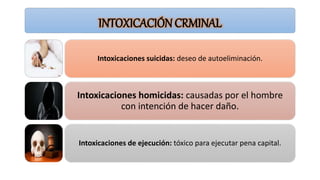 INTOXICACIÓN CRMINAL
Intoxicaciones suicidas: deseo de autoeliminación.
Intoxicaciones homicidas: causadas por el hombre
con intención de hacer daño.
Intoxicaciones de ejecución: tóxico para ejecutar pena capital.