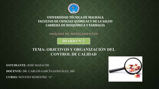 ESTUDIANTE: JOSÉ MASACHE
DOCENTE: DR. CARLOS GARCÍA GONZÁLEZ, MS.
CURSO: NOVENO SEMESTRE “A”
ANÁLISIS DE MEDICAMENTOS
UNIVERSIDAD TÉCNICA DE MACHALA
FACULTAD DE CIENCIAS QUÍMICAS Y DE LA SALUD
CARRERA DE BIOQUÍMICA Y FARMACIA
TEMA: OBJETIVOS Y ORGANIZACIÓN DEL
CONTROL DE CALIDAD
DIARIO N°2
 