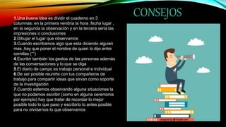 CONSEJOS
1.Una buena idea es dividir el cuaderno en 3
columnas: en la primera vendría la hora ,fecha lugar ,
en la segunda la observación y en la tercera seria las
impresiones o conclusiones
2.Dibujar el lugar que observamos
3.Cuando escribamos algo que esta diciendo alguien
mas ,hay que poner el nombre de quien lo dijo entre
comillas (“”)
4.Escribir también los gestos de las personas además
de las conversaciones y lo que se diga
5.El diario de campo es trabajo personal e individual
6.De ser posible reunirte con tus compañeros de
trabajo para compartir ideas que sirvan como soporte
de la investigación
7.Cuando estemos observando alguna situaciones la
que no podamos escribir (como en alguna ceremonia
por ejemplo) hay que tratar de recordar lo mejor
posible todo lo que paso y escribirlo lo antes posible
para no olvidarnos lo que observamos
 