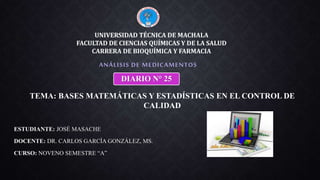 ESTUDIANTE: JOSÉ MASACHE
DOCENTE: DR. CARLOS GARCÍA GONZÁLEZ, MS.
CURSO: NOVENO SEMESTRE “A”
ANÁLISIS DE MEDICAMENTOS
UNIVERSIDAD TÉCNICA DE MACHALA
FACULTAD DE CIENCIAS QUÍMICAS Y DE LA SALUD
CARRERA DE BIOQUÍMICA Y FARMACIA
DIARIO N° 25
TEMA: BASES MATEMÁTICAS Y ESTADÍSTICAS EN EL CONTROL DE
CALIDAD
 