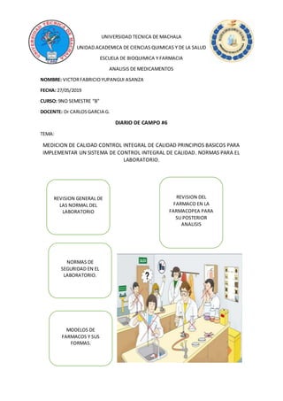 UNIVERSIDAD TECNICA DE MACHALA
UNIDAD ACADEMICA DE CIENCIAS QUIMICAS Y DE LA SALUD
ESCUELA DE BIOQUIMICA Y FARMACIA
ANALISIS DE MEDICAMENTOS
NOMBRE: VICTORFABRICIOYUPANGUI ASANZA
FECHA: 27/05/2019
CURSO: 9NO SEMESTRE “B”
DOCENTE: Dr CARLOSGARCIA G.
DIARIO DE CAMPO #6
TEMA:
MEDICION DE CALIDAD CONTROL INTEGRAL DE CALIDAD PRINCIPIOS BASICOS PARA
IMPLEMENTAR UN SISTEMA DE CONTROL INTEGRAL DE CALIDAD. NORMAS PARA EL
LABORATORIO.
REVISION GENERAL DE
LAS NORMAL DEL
LABORATORIO
REVISION DEL
FARMACO EN LA
FARMACOPEA PARA
SU POSTERIOR
ANALISIS
NORMAS DE
SEGURIDAD EN EL
LABORATORIO.
MODELOS DE
FARMACOS Y SUS
FORMAS.
 