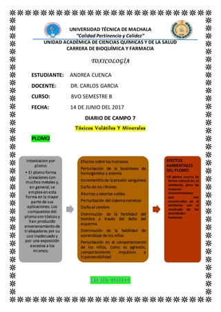 UNIVERSIDAD TÉCNICA DE MACHALA
“Calidad Pertinencia y Calidez”
UNIDAD ACADÉMICA DE CIENCIAS QUÍMICAS Y DE LA SALUD
CARRERA DE BIOQUÍMICA Y FARMACIA
TOXICOLOGÍA
ESTUDIANTE: ANDREA CUENCA
DOCENTE: DR. CARLOS GARCIA
CURSO: 8VO SEMESTRE B
FECHA: 14 DE JUNIO DEL 2017
DIARIO DE CAMPO 7
Tóxicos Volátiles Y Minerales
PLOMO
intoxicacion por
plomo
• El plomo forma
aleaciones con
muchos metales y,
en general, se
emplea en esta
forma en la mayor
parte de sus
aplicaciones. Los
compuestos del
plomo son tóxicos y
han producido
envenenamiento de
trabajadores por su
uso inadecuado y
por una exposición
excesiva a los
mismos.
Efectos sobre los humanos
Perturbación de la biosíntesis de
hemoglobina y anemia
Increment5o de la presión sanguínea
Daño de los riñones
Abortos y abortos sutiles
Perturbación del sistema nervioso
Daño al cerebro
Disminución de la fertilidad del
hombre a través del daño del
esperma
Disminución de la habilidad de
aprendizaje de los niños
Perturbación en el comportamiento
de los niños, como es agresión,
comportamiento impulsivo e
hipersensibilidad
EFECTOS
AMBIENTALES
DEL PLOMO
•El plomo ocurre de
forma natural en el
ambiente, pero las
mayores
concentraciones
que son
encontradas en el
ambiente son el
resultado de las
actividades
humanas.
 