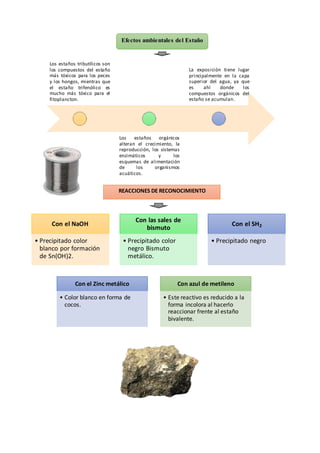 Efectos ambientales del Estaño
Los estaños tributílicos son
los compuestos del estaño
más tóxicos para los peces
y los hongos, mientras que
el estaño trifenólico es
mucho más tóxico para el
fitoplancton.
Los estaños orgánicos
alteran el crecimiento, la
reproducción, los sistemas
enzimáticos y los
esquemas de alimentación
de los organismos
acuáticos.
La exposición tiene lugar
principalmente en la capa
superior del agua, ya que
es ahí donde los
compuestos orgánicos del
estaño se acumulan.
REACCIONES DE RECONOCIMIENTO
Con el NaOH
• Precipitado color
blanco por formación
de Sn(OH)2.
Con las sales de
bismuto
• Precipitado color
negro Bismuto
metálico.
Con el SH2
• Precipitado negro
Con el Zinc metálico
• Color blanco en forma de
cocos.
Con azul de metileno
• Este reactivo es reducido a la
forma incolora al hacerlo
reaccionar frente al estaño
bivalente.
 