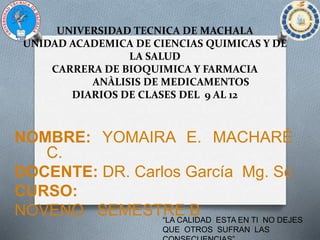 UNIVERSIDAD TECNICA DE MACHALA
UNIDAD ACADEMICA DE CIENCIAS QUIMICAS Y DE
LA SALUD
CARRERA DE BIOQUIMICA Y FARMACIA
ANÀLISIS DE MEDICAMENTOS
DIARIOS DE CLASES DEL 9 AL 12
NOMBRE: YOMAIRA E. MACHARÉ
C.
DOCENTE: DR. Carlos García Mg. Sc
CURSO:
NOVENO SEMESTRE B“LA CALIDAD ESTA EN TI NO DEJES
QUE OTROS SUFRAN LAS
 