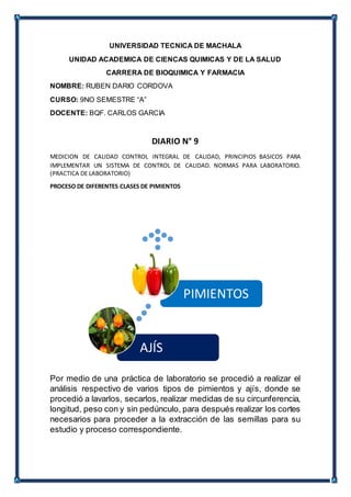UNIVERSIDAD TECNICA DE MACHALA
UNIDAD ACADEMICA DE CIENCAS QUIMICAS Y DE LA SALUD
CARRERA DE BIOQUIMICA Y FARMACIA
NOMBRE: RUBEN DARIO CORDOVA
CURSO: 9NO SEMESTRE “A”
DOCENTE: BQF. CARLOS GARCIA
DIARIO N° 9
MEDICION DE CALIDAD CONTROL INTEGRAL DE CALIDAD, PRINCIPIOS BASICOS PARA
IMPLEMENTAR UN SISTEMA DE CONTROL DE CALIDAD. NORMAS PARA LABORATORIO.
(PRACTICA DE LABORATORIO)
PROCESO DE DIFERENTES CLASES DE PIMIENTOS
Por medio de una práctica de laboratorio se procedió a realizar el
análisis respectivo de varios tipos de pimientos y ajís, donde se
procedió a lavarlos, secarlos, realizar medidas de su circunferencia,
longitud, peso con y sin pedúnculo, para después realizar los cortes
necesarios para proceder a la extracción de las semillas para su
estudio y proceso correspondiente.
AJÍS
PIMIENTOS
 