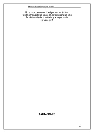 Didáctica de la Educación Infantil


   No somos personas si así pensamos todos,
Hoy la sonrisa de un niño/a lo es todo para un país,
   Es el destello de la estrella que esperabais.
                   ¡¡¡Basta ya!!!




                   ANOTACIONES




                                                       36
 