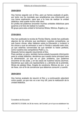 Didáctica de la Educación Infantil


25/01/2010

Hoy hemos seguido con el Doc, pero ya hemos acabado el guión,
por tanto nos ha mandado que ampliáramos esa información con
una breve explicación, para que a la hora de realizar la unidad
didáctica, todo quede mucho más claro.
En profes.net podemos encontrar muchas unidades didácticas para
guiarnos a la hora de realizar la nuestra.
Mi grupo para esta unidad lo formamos Mireia, Mónica, Ángela y yo.


27/01/2010

Hoy han publicado la revista de Florida Oberta, donde han publicado
algunos de los artículos que escribieron nuestras compañeras, ya
que fueron chicas, ellas hablaron sobre la Educación y invitaron a
los chicos a que se animaran a venir a Florida a estudiar este ciclo,
ya que estamos convencidas de que también lo harán perfecto,
como nuestros dos compañeros Pedro y J.L.
Después hemos seguido resumiendo el Doc.
Para cambiar un poco, también hemos estado buscando información
para la unidad didáctica, decidimos que nuestro tema principal fuera
la alimentación, ya que es un gran problema, que podemos
encontrar en las aulas, y en las casas de nuestros futuros alumnos.
Decidimos que cada uno representaría a u alimento de la pirámide,
Mireia de patatas fritas, Ángela de zanahoria, Mónica de ave y yo
de fresa, con el fin de concienciar que debemos consumir y cuando.


28/01/2010

Hoy hemos acabado de resumir el Doc y a continuación adjuntaré
como quedó, ya que nos va a ser muy útil, para la realización de la
unidad didáctica.




Conselleria de Educación

•DECRETO 37/2008, de 28 de marzo, del Consell, por el que se establecen los

                                                                         9
 