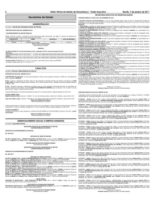 6                                                                                   Diário Oficial do Estado de Pernambuco - Poder Executivo                                                                               Recife, 7 de janeiro de 2011
                                                                                                                                                                       SECRETARIA EXECUTIVA DE RESSOCIALIZAÇÃO
                                           Secretarias de Estado                                                                        PORTARIA SERES Nº 419/2010, DE 27 DE DEZEMBRO DE 2010

                                                                                                                                        O Secretário Executivo de Ressocialização, no uso de suas atribuições legais, tendo em vista os requerimentos firmados por
                                                                                                                                        candidatos ao Concurso Público para provimento do cargo de Agente de Segurança Penitenciária, de que trata a Portaria Conjunta
                                                                                                                                        SAD/SERES nº 121, de 29 de outubro de 2009,
                                                   ADMINISTRAÇÃO                                                                        RESOLVE:
                                                                                                                                        I - Tornar público o resultado dos requerimentos administrativos firmados por Candidatos ao Concurso Público, na forma que se segue:
Secretário: José Ricardo Wanderley Dantas de Oliveira                                                                                   1) GERAILTON RODRIGUES DA SILVA BATISTA (Protocolo nº 748/10), entregar documentos e inclusão na Fase de Investigação
                                                                                                                                        Social. Despacho: Indeferido, fundamentado na Informação nº 11/SCR.
PORTARIA SAD DO DIA 06 DE JANEIRO DE 2011                                                                                               2) ANGELO DA SILVA BARBOSA, participação na Fase de Investigação Social. Despacho: Indeferido, em conformidade com a
                                                                                                                                        Informação nº 12/SCR.
O SUPERINTENDENTE DE GESTÃO RESOLVE:                                                                                                    3) ROSALYNN FERREIRA SUKAR ATIÊ CARVALHO, entrega de documentação e participação na Fase de Investigação Social.
                                                                                                                                        Despacho: Indeferido, em conformidade com a Informação nº 13/SCR.
Nº 03 - Rescindir, a pedido, o Contrato por Tempo Determinado abaixo discriminado, cujo objeto é o exercício de Assistente de           4) MANOEL EMILIANO DA COSTA FILHO, participação na Fase de Investigação Social. Despacho: Indeferido, em conformidade com
Atendimento ao Cidadão, a partir da data respectivamente indicada:                                                                      a Informação nº 14/SCR.
                                                                                                                                        5) ANDRÉ MAURO DE MORAIS BARROS, inscrição na Fase de Investigação Social. Despacho: Indeferido, em conformidade com a
       CONTRATO Nº                             NOME                              MATRÍCULA           DATA DE RESCISÃO
                                                                                                                                        Informação nº 15/SCR.
  Área: Assistente de Atendimento ao Cidadão                                                                                            6) PAULA CRISTINA GONÇALVES DOS SANTOS, entrega de documentação e inscrição na Fase de Investigação Social. Despacho:
          133/2009                    Leonardo Peixoto de Melo                    294.985-7                10/01/2011                   Indeferido, em conformidade com a Informação nº 16/SCR.
                                                  Ricardo Alberto Sales Monteiro                                                        7) GERAILTON RODRIGUES DA SILVA BATISTA (Protocolo nº 1465/10), participação na Fase de Investigação Social. Despacho:
                                                     Superintendente de Gestão                                                          Indeferido, fundamentado na Informação nº 20/SCR.
                                                                                                                                        8) GERAILTON RODRIGUES DA SILVA BATISTA (Protocolo nº 1464/10), matrícula na segunda turma no Curso de Formação de Agente
                                                             ERRATAS                                                                    de Segurança Penitenciária. Despacho: Indeferido, fundamentado na Informação nº 21/SCR.
                                                                                                                                        9) SÉRGIO RODRIGUES FERREIRA DOS SANTOS, inscrição na Fase de Investigação Social e convocação para matrícula no Curso
No EDITAL SAD/PE Nº 13 do dia 03 de janeiro de 2011, publicado no D.O.E. do dia 04 de janeiro de 2011,                                  de Formação de ASP. Despacho: Indeferido, em conformidade com a Informação nº 17/SCR.
Onde se lê:                                                                                                                             10) ROSÁLIA SIMONE PESSOA CHAGAS, inscrição na Fase de Investigação Social e convocação para matrícula no Curso de
                                                                                                                                        Formação de ASP. Despacho: Indeferido, na forma de Informação nº 19/SCR.
Artenize Monteiro de Farias 9,50 10,00 10,00      10,00 9,00   8,08 0,00% 0,00% 0,00% 0,00% 0,00% 0,00% 0,00% APTO
                                                                                                                                        11) JOSÉ SÁ BARRETO, inscrição na Fase de Investigação Social e convocação para matrícula no Curso de Formação de ASP.
Leia-se:                                                                                                                                Despacho: Indeferido, em conformidade com a Informação nº 18/SCR.
Artenize Monteiro de Farias 9,50 10,00 10,00 8,50 10,00 9,00   9,50 0,00% 0,00% 0,00% 0,00% 0,00% 0,00% 0,00% APTO                      12) CÍCERO JOSÉ DE SOUZA TORRES, inscrição na Fase de Investigação Social e convocação para matrícula no Curso de Formação
                                                                                                                                        de ASP. Despacho: Deferido, em conformidade com a Informação nº 22/SCR.
Na Portaria SAD nº 2.210 DOE de 31.12.10, ref. a servidora Lúcia Helena Ferraz Cordeiro, da PERPART                                     13) DOUGLAS JOSÉ ALBUQUERQUE DA SILVA, inscrição na Fase de Investigação Social e convocação para matrícula no Curso de
Considerar a cessão a partir de 01.12.10 até 31.12.11                                                                                   Formação de ASP. Despacho: Deferido, em conformidade com a Informação nº 23/SCR.
                                                                                                                                        14) WELLINGTON PEREIRA DE LIMA, inscrição na Fase de Investigação Social e convocação para matrícula no Curso de Formação
                                                                                                                                        de ASP. Despacho: Deferido, em conformidade com a Informação nº 24/SCR.
                                                                                                                                        15) MARCOS ROBERTO MORAES DE MOURA, inscrição na Fase de Investigação Social e convocação para matrícula no Curso de
                                                                                                                                        Formação de ASP. Despacho: Deferido, em conformidade com a Informação nº 25/SCR.
                                                        CASA CIVIL                                                                      16) ABIMAEL SILVA MOREIRA, inscrição na Fase de Investigação Social e convocação para matrícula no Curso de Formação de ASP.
                                                                                                                                        Despacho: Deferido, em conformidade com a Informação nº 26/SCR.
Secretário: Francisco Tadeu Barbosa de Alencar                                                                                          17) FLÁVIO ANTONIO DE LIRA BRITO, inscrição na Fase de Investigação Social e convocação para matrícula no Curso de Formação
                                                                                                                                        de ASP. Despacho: Deferido, em conformidade com a Informação nº 27/SCR.
PORTARIAS DO DIA 06 DE JANEIRO DE 2011.                                                                                                 18) OGMIMERON GITAÍ SANTOS, dispensa de disciplinas do Curso de Formação de ASP. Despacho: Indeferido, em conformidade com
                                                                                                                                        a Informação nº 28/SCR.
O SECRETÁRIO DA CASA CIVIL, no uso de suas atribuições, e tendo em vista o disposto no Decreto nº 25.845, de 11 de setembro de          II - Os Candidatos Cícero José de Souza Torres, Douglas José Albuquerque da Silva, Wellington Pereira de Lima, Marcos Roberto
2003, e alterações, RESOLVE:                                                                                                            Moraes de Moura, Abimael Silva Moreira e Flávio Antonio de Lira Brito, ficam convocados para realizarem matrícula no Curso de
                                                                                                                                        Formação Profissional (2ª ETAPA), no dia 14 de janeiro de 2011, às 08:00 horas, devendo comparecer ao Campus de Ensino da
Nº 017 – Autorizar o afastamento do Estado, tendo em vista solicitação do Secretário de Recursos Hídricos e Energéticos, de JOSÉ        Faculdade Maurício de Nassau, localizada à Rua Treze de Maio, nº 254, Bairro de Santo Amaro – Recife/PE, defronte ao SESC Santo
ALMIR CIRILO, da referida Secretaria, para, em Brasília - DF, no dia 07 de janeiro de 2011, participar de Reunião na Agência Nacional   Amaro e a Delegacia da Mulher, com suas respectivas documentações, em conformidade com a Portaria SERES 410, de 15.12.2010.
de Águas – ANA.                                                                                                                         III - Revogam-se as disposições em contrário.

Nº 018 - Considerar autorizado o afastamento do Estado, tendo em vista solicitação do Secretário Executivo da Casa Militar, da                                                            Publique-se e Cumpra-se.
Secretaria Especial da Casa Militar, do Cap PM JOSÉ FLÁVIO MORAIS DE SANTANA, para, em Brasília – DF, nos dias 01 e 02 de                                                   Humberto Vianna, Secretário Executivo de Ressocialização
janeiro de 2011, integrar a Comitiva Oficial do Estado.

A Gerente Administrativa e Financeira da Secretaria da Casa Civil, em exercício proferiu o seguinte despacho em 06.01.2011:             PORTARIAS SERES DO DIA 06 DE JANEIRO DE 2011

LICENÇA PRÊMIO GÔZO:                                                                                                                    O Secretário Executivo de Ressocialização, no uso de suas atribuições, e em conformidade com o disposto na Portaria nº 185/2008-
Reginês Barbosa da Silva, matrícula nº 148.604-7, 01 (um) mês de licença prêmio, referente ao 2º decênio, a partir de 03.01.2011.       SEDSDH/GAB, de 19.05.2008, publicada no Diário Oficial do Estado de 13.06.2008, RESOLVE:

João Tércio Solano Lopes, matrícula nº 159.498-2, 01 (um) mês de licença prêmio, referente ao 3º decênio, a partir de 03.01.2011        Nº 008/2011 – Atribuir, tendo em vista o Ofício s/nº/2010-GAB/PAISJ, a Função Gratificada de Supervisão, Símbolo FGS-2, da
                                             MARIA DO CARMO SILVA COELHO                                                                Penitenciária Agro-Industrial São João, a RUBSON FERNANDO VASCONCELOS, mat. 212.612-5, ficando dispensado da mesma,
                                              Gerente Administrativa e Financeira                                                       WELLINGTON OLIVEIRA DOS SANTOS, mat. 212.512-9, a contar de 01.01.2011.

                                                                                                                                        Nº 009/2011 – Atribuir, tendo em vista a CI nº 517/2010 (PJPS), a Função Gratificada de Apoio, Símbolo FGA-2, da Penitenciária Juiz
A Gerente Administrativa e Financeira, da Secretaria da Casa Civil, por delegação do Senhor Secretário de Administração, contida na     Plácido de Souza, a JOSÉ EDSON SANTOS DE ANDRADE, mat. 208.993-9, ficando dispensado da mesma, ANTÔNIO MARCOS
Portaria SAD nº 1.429, de 13.06.2007, publicada no D. O. E. de 14.06.2007, proferiu o seguinte despacho, em 06.01.2011:                 PEREIRA RIBEIRO, mat. 212.548-0, a contar de 01.01.2011.

LICENÇA CASAMENTO                                                                                                                       Nº 010/2011 – Atribuir, tendo em vista o Ofício nº 948/2010-DRH (PPBC), a Função Gratificada de Supervisão, Símbolo FGS-2, da
Concede 08 (oito) dias de Licença Casamento, a servidora KALLINE GABRIELLE DA SILVA ALMEIDA, matrícula nº 261.022-1, a partir           Penitenciária Professor Barreto Campelo, a MARCOS ANTONIO SIQUEIRA DO NASCIMENTO, mat. 212.463-7, ficando dispensado da
de 29/10/2010.                                                                                                                          mesma, ANDRÉ GUSTAVO MENEZES FREITAS, mat. 212.486-6, a contar de 01.01.2011.
                                              MARIA DO CARMO SILVA COELHO
                                               Gerente Administrativa e Financeira                                                      Nº 011/2011 – Atribuir, tendo em vista o Ofício nº 948/2010-DRH (PPBC), a Função Gratificada de Apoio, Símbolo FGA-2, da
                                                                                                                                        Penitenciária Professor Barreto Campelo, a ANDRÉ GUSTAVO MENEZES FREITAS, mat. 212.486-6, ficando dispensado da mesma,
                                                                                                                                        MARCOS ANTONIO SIQUEIRA DO NASCIMENTO, mat. 212.463-7, a contar de 01.01.2011.

                      DESENVOLVIMENTO SOCIAL E DIREITOS HUMANOS                                                                         Nº 012/2011 – Atribuir, tendo em vista o Ofício nº 161/2010-Gab. (PSAL), a Função Gratificada de Apoio, Símbolo FGA-2, do Presídio
                                                                                                                                        de Salgueiro, a JOÃO EUFRASIO FERREIRA, mat. 208.864-9, ficando dispensado da mesma, ELKSON BARBOSA DA SILVA, mat.
Secretária: Laura Mota Gomes                                                                                                            212.552-8, a contar de 01.01.2011.

                                   SECRETARIA EXECUTIVA DE COORDENAÇÃO DA GESTÃO                                                        Nº 013/2011 – Atribuir, tendo em vista o Ofício nº 161/2010-Gab. (PSAL), a Função Gratificada de Apoio, Símbolo FGA-2, do Presídio
                                             SUPERINTENDÊNCIA DE GESTÃO                                                                 de Salgueiro, a JEAN CLEBER FONSECA APOLINÁRIO, mat. 212.609-5, ficando dispensado da mesma, JOSÉ FELICIANO DOS
                                                                                                                                        SANTOS JÚNIOR, mat. 209.003-1, a contar de 01.01.2011.
DESPACHO DO SUPERINTENDENTE DE GESTÃO:
                                                                                                                                        Nº 014/2011 – Atribuir, tendo em vista o Ofício nº 001/2011-GAB (PAISJ), a Função Gratificada de Apoio, Símbolo FGA-2, da
Em, 05/01/2011                                                                                                                          Penitenciária Agro-Industrial São João, a CLÁUDIO ANTÔNIO ALVARES COSTA, mat. 179.317-9, ficando dispensado da mesma,
                                                                                                                                        FRANCISCO ALEXANDRE DE SIQUEIRA SILVA, mat. 215.609-1, a contar de 01.01.2011.
                                              ANOTAÇÃO DE TEMPO DE SERVIÇO
                                                                                                                                        Nº 015/2011 – Atribuir, tendo em vista o Ofício nº 0967/2011-GAB/PPAB, a Função Gratificada de Apoio, Símbolo FGA-2, do Presídio
SG NET Nº 4806226-1/2010 – JURIDIMO DE MORAES COUTINHO FILHO, matrícula 212.559-5: DEFIRO a Anotação do Tempo de                        Professor Aníbal Bruno, a SÉRGIO RICARDO VIEIRA DE SOUZA, mat. 179.871-5, ficando dispensada da mesma, ELIANE FERREIRA
Serviço de 00(zero) anos, 10(dez) meses e 17(dezessete) dias, conforme Parecer nº 158/2010 da COJUR/SEDSDH.                             DE SOUZA, mat. 179.442-6, a contar de 01.01.2011.

                                       ARTHUR AUGUSTO BAPTISTA FERREIRA PEREIRA                                                         Nº 016/2011 – Atribuir, tendo em vista o Ofício nº 001/2011-Ger. (PI), a Função Gratificada de Supervisão, Símbolo FGS-1, do Presídio
                                                Superintendente de Gestão                                                               de Igarassu, a FABIANO AUGUSTUS AZEVEDO DOS SANTOS, mat. 208.960-2, ficando dispensado da mesma, CÍCERO MARTINS
                                                                                                                                        DA SILVA JÚNIOR, mat. 186.374-6, a contar de 01.01.2011.
                                   SECRETARIA EXECUTIVA DE COORDENAÇÃO DA GESTÃO                                                        Nº 017/2011 – Atribuir, tendo em vista o Ofício nº 001/2011-Ger. (PI), a Função Gratificada de Supervisão, Símbolo FGS-2, do Presídio
                                             SUPERINTENDÊNCIA DE GESTÃO                                                                 de Igarassu, a JOSÉ SOUZA DE OLIVEIRA, mat. 212.898-5, ficando dispensado da mesma, JAIRO CANDIDO DE MELO, mat. 179.312-
                                                                                                                                        8, a contar de 01.01.2011.
DESPACHO DO SUPERINTENDENTE DE GESTÃO:
                                                                                                                                        Nº 018/2011 – Atribuir, tendo em vista o Ofício nº 001/2011-Ger. (PI), a Função Gratificada de Supervisão, Símbolo FGS-2, do Presídio
Em, 06/01/2011                                                                                                                          de Igarassu, a EVALDO JOSÉ CELESTINO RODRIGUES, mat. 209.042-2, ficando dispensado da mesma, SEVERINO LOURENÇO DA
                                                                                                                                        SILVA NETO, mat. 179.414-0, a contar de 01.01.2011.
                                             ANOTAÇÃO DE TEMPO DE SERVIÇO
SG NET Nº 4806646-7/2010 – SILVIO KLEBERSON MESSIAS DE OLIVEIRA, matrícula 208.824-0: DEFIRO a Anotação do Tempo de                     Nº 019/2011 – Atribuir, tendo em vista o Ofício nº 001/2011-Ger. (PI), a Função Gratificada de Apoio, Símbolo FGA-1, do Presídio de
Serviço de 04(quatro) anos, 02(dois) meses e 28(vinte e oito) dias, conforme Parecer nº 179/2010 da COJUR/SEDSDH.                       Igarassu, a SEVERINO LOURENÇO DA SILVA NETO, mat. 179.414-0, ficando dispensado da mesma, EVALDO JOSÉ CELESTINO
SG NET Nº 4807682-8/2010 – BRIVALDO BATISTA CAVALCANTE, matrícula 209.324-3: DEFIRO a Anotação do Tempo de Serviço de                   RODRIGUES, mat. 209.042-2, a contar de 01.01.2011.
02(dois) anos, 00(zero) meses e 24(vinte e quatro) dias, conforme Parecer nº 177/2010 da COJUR/SEDSDH.
SG NET Nº 4807888-7/2010 – ROSIVALDO JOSÉ DE LIMA, matrícula 209.695-1: DEFIRO a Anotação do Tempo de Serviço de 10(dez)                Nº 020/2011 – Atribuir, tendo em vista o Ofício nº 001/2011-Ger. (PI), a Função Gratificada de Apoio, Símbolo FGA-2, do Presídio de
meses, conforme Parecer nº 172/2010 da COJUR/SEDSDH.                                                                                    Igarassu, a CÍCERO MARTINS DA SILVA JÚNIOR, mat. 186.374-6, ficando dispensado da mesma, EDVALDO BERNARDO DE
SG NET Nº 4806550-1/2010 – JEAN CARLOS DA SILVA, matrícula 178.371-8: DEFIRO a Anotação do Tempo de Serviço de 02(dois)                 OLIVEIRA JÚNIOR, mat. 179.921-5, a contar de 01.01.2011.
anos, 10(dez) meses e 10(dez) dias, conforme Parecer nº 170/2010 da COJUR/SEDSDH.
SG NET Nº 4808061-0/2010 – GLEBSON MÁRCIO BARBOSA DE ARAÚJO, matrícula 209.680-3: DEFIRO a Anotação do Tempo de                         Nº 021/2011 – Atribuir, tendo em vista o Ofício nº 001/2011-Ger. (PI), a Função Gratificada de Apoio, Símbolo FGA-2, do Presídio de
Serviço de 08(oito) anos, 09(nove) meses e 07(sete) dias, conforme Parecer nº 168/2010 da COJUR/SEDSDH.                                 Igarassu, a ANTÔNIO ROCHA DA SILVA, mat. 212.878-0, ficando dispensado da mesma, JOSÉ SOUZA DE OLIVEIRA, mat. 212.898-
SG NET Nº 4806737-8/2010 – SANDOVAL CESAR LUCENA SILVA, matrícula 208.972-6: DEFIRO a Anotação do Tempo de Serviço de                   5, a contar de 01.01.2011.
08(oito) meses e 19(dezenove) dias, conforme Parecer nº 167/2010 da COJUR/SEDSDH.
SG NET Nº 4810952-2/2010 – SÉRGIO RICARDO BARBOSA DE ARAÚJO, matrícula 208.983-1: DEFIRO a Anotação do Tempo de                         Nº 022/2011 – Atribuir, tendo em vista a CI nº 003/2010 (GOS), a Função Gratificada de Supervisão, Símbolo FGS-2, da Gerência de
Serviço de 06(seis) anos, 00(zero) meses e 23(vinte e três) dias, conforme Parecer nº 179/2010 da COJUR/SEDSDH.                         Operações de Segurança, a ALEXANDRE JOSÉ SOARES, mat. 179.926-6, ficando dispensado da mesma, LEANDRO MONTE
                                                                                                                                        BUARQUE, mat. 209.341-3, a contar de 01.01.2011.
                                                          ABONO FAMILIA
PROCESSO Nº 4807623-3/2010 – JOSÉ FRANCISCO DE MELO FILHO, mat. nº 109.513-7: Defiro o pedido, com base nas                             Nº 023/2011 – Atribuir, tendo em vista o Ofício nº 005/2011 – GAB/GER-PAISJ, a Função Gratificada de Apoio, Símbolo FGA-2, da
informações cadastrais e Parecer Jurídico desta Secretaria.                                                                             Penitenciária Agro-Industrial São João, a REYVSON RICARDO ALBUQUERQUE DE FRANÇA, mat. 212.583-8, ficando dispensado da
                                                                                                                                        mesma, JULIÃO MAXIMIANO DE CARVALHO FILHO, mat. 208.836-3, a contar de 01.01.2011.
                                       ATUALIZAÇÃO DA ESTABILIDADE FINANCEIRA
PROCESSO Nº 4807235-2/2010 – ALEXANDRE ARTUR ALBUQUERQUE DE ALENCAR, mat. nº 167.714-4: INDEFIRO o pedido, com                          Nº 024/2011 – Atribuir, tendo em vista as CIs nº 316 e 317/2010 - CPFB, a Função Gratificada de Apoio, Símbolo FGA-2, da Colônia
base nas informações cadastrais e Parecer Jurídico desta Secretaria.                                                                    Penal Feminina de Buíque, a MARIA DE LOURDES PEREIRA DE CARVALHO, mat. 212.474-2, ficando dispensado da mesma, JOSÉ
                                                                                                                                        ROGÉRIO FERREIRA LIMA, mat. 212.457-2, a contar de 01.01.2011.
                                       ARTHUR AUGUSTO BAPTISTA FERREIRA PEREIRA                                                                                                              Publique-se e Cumpra-se.
                                                Superintendente de Gestão                                                                                                   Humberto Vianna, Secretário Executivo de Ressocialização
 