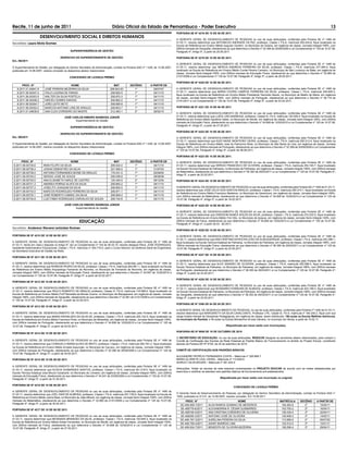 Recife, 11 de junho de 2011                                                       Diário Oficial do Estado de Pernambuco - Poder Executivo                                                                                                                           13
                                                                                                                                       PORTARIA SE Nº 4218 DE 10 DE 06 DE 2011.
                       DESENVOLVIMENTO SOCIAL E DIREITOS HUMANOS
                                                                                                                                       A GERENTE GERAL DE DESENVOLVIMENTO DE PESSOAS no uso de suas atribuições, conferidas pela Portaria SE nº 1495 de
Secretária: Laura Mota Gomes                                                                                                           01.03.11, resolve determinar que ANTONILDO ANDRADE DA PAZ, professor, Classe I, FS-A, matrícula 255.435-6, ﬁque localizado na
                                                                                                                                       Escola de Referência em Ensino Médio Augusto Gondim, no Município de Goiana, em regência de classe, Jornada Integral-199%, com
                                                                                                                                       200h/a mensais de Geograﬁa, obedecendo ao que determina o Decreto nº 32.399 de 30/09/2008 e Lei Complementar nº 125 de 10.07.08,
                                                SUPERINTENDÊNCIA DE GESTÃO                                                             Parágrafo 4º, Artigo 5º, a partir de 25.05.2011.

                                       DESPACHO DO SUPERINTENDENTE DE GESTÃO:                                                          PORTARIA SE Nº 4219 DE 10 DE 06 DE 2011.
Em, /06/2011
                                                                                                                                       A GERENTE GERAL DE DESENVOLVIMENTO DE PESSOAS no uso de suas atribuições, conferidas pela Portaria SE nº 1495 de
O Superintendente de Gestão, por delegação do Senhor Secretário de Administração, contida na Portaria SAD nº 1.429, de 13.06.2007,     01.03.11, resolve determinar que MERCIA ANDREZA FERREIRA DA SILVA, professor, Classe I, FS-A, matrícula 277.265-5, ﬁque
publicada em 14.06.2007, resolve conceder os despachos abaixo relacionados:                                                            localizado na Escola de Referência em Ensino Médio Conde Pereira Carneiro, no Município de São Lourenço da Mata, em regência de
                                                                                                                                       classe, Jornada Semi-Integral-159%, com 200h/a mensais de Educação Física, obedecendo ao que determina o Decreto nº 32.960 de
                                               CONCESSÃO DE LICENÇA PRÊMIO                                                             21/01/2009 e Lei Complementar nº 125 de 10.07.08, Parágrafo 4º, Artigo 5º, a partir de 26.05.2011.

                                                                                                                                       PORTARIA SE Nº 4220 DE 10 DE 06 DE 2011.
       PROC. Nº                             NOME                                   MAT           DECÊNIO          A PARTIR DE
   8.2011.01.04641.8      JOSÉ PEREIRA BEZERRA DA SILVA                         208.843-63          1º              29/07/07           A GERENTE GERAL DE DESENVOLVIMENTO DE PESSOAS no uso de suas atribuições, conferidas pela Portaria SE nº 1495 de
   8.2011.06.00347.4      ITALO LUCENA DE FARIAS                                 208.852-5          1º              04/11/10           01.03.11, resolve determinar que MARIA CICERA CAMPOS FERREIRA DA SILVA, professor, Classe I, FS-A, matrícula 240.945-3,
                                                                                                                                       ﬁque localizado na Escola de Referência em Ensino Médio Presidente Tancredo Neves, no Município de Belém de Maria, em regência
   8.2011.06.00353.9      WALTER DA SILVA PORTELA                               208.870-3           1º              04/11/10
                                                                                                                                       de classe, Jornada Semi-Integral-159%, com 200h/a mensais de Português, obedecendo ao que determina o Decreto nº 36.119 de
   8.2011.06.00348.2      DIRCEU GOMES DANTAS                                   208.862-2           1º              04/11/10           21/01/2011 e Lei Complementar nº 125 de 10.07.08, Parágrafo 4º, Artigo 5º, a partir de 03.02.2011.
   8.2011.06.00354.7      JOÃO LEITE NETO                                       208.906-8           1º              04/11/10
   8.2011.06.00352.0      MARCOS ANTONIO LINS DE ARAUJO                         208.803-7           1º              04/11/10           PORTARIA SE Nº 4221 DE 10 DE 06 DE 2011.
   8.2011.01.04638.8      ANA CLEA CORDEIRO DO MONTE                            212.483-1           2º              26/02/10
                                                                                                                                       A GERENTE GERAL DE DESENVOLVIMENTO DE PESSOAS no uso de suas atribuições, conferidas pela Portaria SE nº 1495 de
                                           JOSÉ CARLOS RIBEIRO BARBOSA JÚNIOR                                                          01.03.11, resolve determinar que LUEDI LINO BARBOSA, professor, Classe III, FS-A, matrícula 125.009-4, ﬁque localizado na Escola de
                                                  Superintendente de Gestão                                                            Referência em Ensino Médio Apolônio Sales, no Município de Recife, em regência de classe, Jornada Semi-Integral-159%, com 200h/a
                                                                                                                                       mensais de Educação Fisica, obedecendo ao que determina o Decreto nº 34.608 de 12/02/2010 e Lei Complementar nº 125 de 10.07.08,
                                                                                                                                       Parágrafo 4º, Artigo 5º, a partir de 27.05.2011.
                                                SUPERINTENDÊNCIA DE GESTÃO
                                                                                                                                       PORTARIA SE Nº 4222 DE 10 DE 06 DE 2011.
                                       DESPACHO DO SUPERINTENDENTE DE GESTÃO:
Em, /06/2011                                                                                                                           A GERENTE GERAL DE DESENVOLVIMENTO DE PESSOAS no uso de suas atribuições, conferidas pela Portaria SE nº 1495 de
                                                                                                                                       01.03.11, resolve determinar que AUDI NAIDE MONTEIRO VIEIRA, professor, Classe I, FS-A, matrícula 250.012-4, ﬁque localizado na
O Superintendente de Gestão, por delegação do Senhor Secretário de Administração, contida na Portaria SAD nº 1.429, de 13.06.2007,     Escola de Referência em Ensino Médio Jose do Patrocínio Mota, no Município de São Bento do Una, em regência de classe, Jornada
publicada em 14.06.2007, resolve conceder os despachos abaixo relacionados:                                                            Integral-199%, com 200h/a mensais de Português, obedecendo ao que determina o Decreto nº 32.399 de 30/09/2008 e Lei Complementar
                                                                                                                                       nº 125 de 10.07.08, Parágrafo 4º, Artigo 5º, a partir de 06.06.2011.
                                               CONCESSÃO DE LICENÇA PRÊMIO
                                                                                                                                       PORTARIA SE Nº 4223 DE 10 DE 06 DE 2011.
       PROC. Nº                             NOME                                   MAT           DECÊNIO          A PARTIR DE          A GERENTE GERAL DE DESENVOLVIMENTO DE PESSOAS no uso de suas atribuições, conferidas pela Portaria SE nº 1495 de
 8.2011.06.00735.6       IRAN FELIPE DA SILVA                                    209.024-4          1º              04/11/10           01.03.11, resolve determinar que SÉRGIO FRANCISCO DE OLIVEIRA, professor, Classe I, FS-A, matrícula 250.193-7, ﬁque localizado
 8.2011.06.00736.4       JOSIAS SEBASTIÃO DA SILVA                               221.908-5          1º              31/07/03           na Escola Técnica Estadual de Palmares, no Município de Palmares, em regência de classe, Jornada Integral-199%, com 200h/a mensais
 8.2011.06.00738.0       ANTONIO FERNANDES BIONE DE ARAUJO                       179.431-0          1º              02/09/04           de Matemática, obedecendo ao que determina o Decreto nº 36.355 de 29/03/2011 e Lei Complementar nº 125 de 10.07.08, Parágrafo 4º,
                                                                                                                                       Artigo 5º, a partir de 23.05.2011.
 8.2011.06.00740.2       SERGIO JOSÉ DE SOUZA                                    209.036-8          1º              08/08/08
 8.2011.06.00730.5       ANA ELISABETH HARLE DE CASTRO                           125.440-5          2º              09/12/04           PORTARIA SE Nº 4224 DE 10 DE 06 DE 2011.
 8.2011.06.00731.3       ANDREA FERRAZ ALVES DA SILVA                            208.800-2          1º              04/11/10
 8.2011.06.00737.2       JOSELITO JOAQUIM DA SILVA                               208.905-0          1º              04/11/10           A GERENTE GERAL DE DESENVOLVIMENTO DE PESSOAS no uso de suas atribuições, conferidas pela Portaria SE nº 1495 de 01.03.11,
 8.2011.06.00733.0       MARCOS RODRIGUES FERREIRA DA SILVA                      208.871-1          1º              04/11/10           resolve determinar que JOSÉ CÉLIO DOS SANTOS ARAÚJO, professor, Classe I, FS-A, matrícula 250.473-1, ﬁque localizado na Escola
                                                                                                                                       de Referência em Ensino Médio Francisco Madeiros, no Município de Garanhuns, em regência de classe, Jornada Semi-Integral-159%,
 8.2011.06.00732.1       JOSÉ ROBERTO CABRAL DA SILVA                            208.909-2          1º              04/11/10           com 200h/a mensais de Matemática, obedecendo ao que determina o Decreto nº 34.608 de 12/02/2010 e Lei Complementar nº 125 de
 8.2011.06.00734.8       LUIZ FÁBIO RODRIGUES CARVALHO DE SOUZA                  208.744-8          1º              04/11/10           10.07.08, Parágrafo 4º, Artigo 5º, a partir de 18.02.2011.

                                           JOSÉ CARLOS RIBEIRO BARBOSA JÚNIOR                                                          PORTARIA SE Nº 4225 DE 10 DE 06 DE 2011.
                                                  Superintendente de Gestão
                                                                                                                                       A GERENTE GERAL DE DESENVOLVIMENTO DE PESSOAS no uso de suas atribuições, conferidas pela Portaria SE nº 1495 de
                                                                                                                                       01.03.11, resolve determinar que DWEISON NUNES SOUZA DA SILVA, professor, Classe I, FS-A, matrícula 270.232-0, ﬁque localizado
                                                                                                                                       na Escola de Referência em Ensino Médio Frei Otto, no Município de Ipojuca, em regência de classe, Jornada Semi-Integral-159%, com
                                                       EDUCAÇ‹O                                                                        200h/a mensais de Fisica, obedecendo ao que determina o Decreto nº 34.608 de 12/02/2010 e Lei Complementar nº 125 de 10.07.08,
                                                                                                                                       Parágrafo 4º, Artigo 5º, a partir de 03. .60.2011.
Secretário: Anderson Stevens Leônidas Gomes
                                                                                                                                       PORTARIA SE Nº 4226 DE 10 DE 06 DE 2011.

PORTARIA SE Nº 4210 DE 10 DE 06 DE 2011.                                                                                               A GERENTE GERAL DE DESENVOLVIMENTO DE PESSOAS no uso de suas atribuições, conferidas pela Portaria SE nº 1495 de
                                                                                                                                       01.03.11, resolve determinar que ANA CRISTINA DA ROCHA LEÃO DE ALBUQUERQUE, professor, Classe I, FS-A, matrícula 252.398-1,
A GERENTE GERAL DE DESENVOLVIMENTO DE PESSOAS no uso de suas atribuições, conferidas pela Portaria SE nº 1495 de                       ﬁque localizado na Escola Técnica Estadual de Palmares, no Município de Palmares, em regência de classe, Jornada Integral-199%, com
01.03.11, tendo em vista o disposto no Artigo 5º, da Lei Complementar nº 154 de 26.03.10, resolve designar RAUL JOSE RODRIGUES,        150h/a mensais de Educação Física, obedecendo ao que determina o Decreto nº 36.355 de 29/03/2011 e Lei Complementar nº 125 de
Assistente Administrativo Educacional, Classe I, FS-A, matrícula nº 303.772-0, para o Curso Noturno na Gerência Geral de Engenharia,   10.07.08, Parágrafo 4º, Artigo 5º, a partir de 23.05.2011.
da Secretaria Executiva de Gestão da Rede.
                                                                                                                                       PORTARIA SE Nº 4227 DE 10 DE 06 DE 2011.
PORTARIA SE Nº 4211 DE 10 DE 06 DE 2011.
                                                                                                                                       A GERENTE GERAL DE DESENVOLVIMENTO DE PESSOAS no uso de suas atribuições, conferidas pela Portaria SE nº 1495 de
A GERENTE GERAL DE DESENVOLVIMENTO DE PESSOAS no uso de suas atribuições, conferidas pela Portaria SE nº 1495 de                       01.03.11, resolve determinar que ALEX SANDRO DE OLIVEIRA, professor, Classe I, FS-A, matrícula 255.588-3, ﬁque localizado na
01.03.11, resolve determinar que ROBSON PEDRO DA SILVA, professor, Classe I, FS-A, matrícula 264.891-1, ﬁque localizado na Escola      Escola Técnica Estadual de Palmares, no Município de Palmares, em regência de classe, Jornada Integral-199%, com 200h/a mensais
de Referência em Ensino Médio Arquipelogo Fernando de Noronha, no Município de Fernando de Noronha, em regência de classe,             de Português, obedecendo ao que determina o Decreto nº 36.355 de 29/03/2011 e Lei Complementar nº 125 de 10.07.08, Parágrafo 4º,
Jornada Integral-199%, com 200h/a mensais de Educação Física, obedecendo ao que determina o Decreto nº 34.607 de 12/02/2010 e          Artigo 5º, a partir de 23.05.2011.
Lei Complementar nº 125 de 10.07.08, Parágrafo 4º, Artigo 5º, a partir de 02.02.2011.
                                                                                                                                       PORTARIA SE Nº 4228 DE 10 DE 06 DE 2011.
PORTARIA SE Nº 4212 DE 10 DE 06 DE 2011.
                                                                                                                                       A GERENTE GERAL DE DESENVOLVIMENTO DE PESSOAS no uso de suas atribuições, conferidas pela Portaria SE nº 1495 de
A GERENTE GERAL DE DESENVOLVIMENTO DE PESSOAS no uso de suas atribuições, conferidas pela Portaria SE nº 1495 de                       01.03.11, resolve determinar que ROSEMIRO FERREIRA DE ALMEIDA, professor, Classe I, FS-A, matrícula 303.199-3, ﬁque localizado
01.03.11, resolve determinar que PAULO ROBERTO DE ARAUJO professor, Classe III, FS-A, matrícula 116.958-0, ﬁque localizado na          na Escola Técnica Estadual de Palmares, no Município de Palmares, em regência de classe, Jornada Integral-199%, com 200h/a mensais
Escola de Referência em Ensino Médio Profª Benedita de Morais Guerra, no Município de Macaparana, em regência de classe, Jornada       de Geograﬁa, obedecendo ao que determina o Decreto nº 36.355 de 29/03/2011 e Lei Complementar nº 125 de 10.07.08, Parágrafo 4º,
Integral-199%, com 200h/a mensais de Geograﬁa, obedecendo ao que determina o Decreto nº 32.961 de 21/01/2009 e Lei Complementar        Artigo 5º, a partir de 23.05.2011.
nº 125 de 10.07.08, Parágrafo 4º, Artigo 5º, a partir de 23.05.2011.
                                                                                                                                       PORTARIA SE Nº 3306 DE 04 DE 05 DE 2011.
PORTARIA SE Nº 4213 DE 10 DE 06 DE 2011.
                                                                                                                                       A GERENTE GERAL DE DESENVOLVIMENTO DE PESSOAS, no uso de suas atribuições, conferidas pela Portaria nº 1495 de 01.03.11,
A GERENTE GERAL DE DESENVOLVIMENTO DE PESSOAS no uso de suas atribuições, conferidas pela Portaria SE nº 1495 de                       resolve determinar que MARGARETH DA SILVA CAVALCANTE, Professor LPE, Classe III, FS-A, matrícula nº 164.345-2, ﬁque com sua
01.03.11, resolve determinar que MARIA ERONILDES DA SILVA SÁ, professor, Classe I, FS-A, matrícula 255.122-5, ﬁque localizado na       carga horária mensal de Disciplinas Pedagógicas, em regência de classe, assim distribuída: 150 aulas na Escola Walfrido Advíncula,
Escola de Referência em Ensino Médio Francisco Pires, no Município de Mirandiba, em regência de classe, Jornada Semi-Integral-159%,    no município de Paulista, e 50 aulas na Escola Monsenhor Arruda Câmara, no município de Olinda, a partir de 10.02.11.
com 200h/a mensais de Português, obedecendo ao que determina o Decreto nº 34.608 de 12/02/2010 e Lei Complementar nº 125 de
10.07.08, Parágrafo 4º, Artigo 5º, a partir de 02.02.2011.                                                                                                                     (Republicada por haver saído com incorreções).

                                                                                                                                       PORTARIA-SE Nº 8859 DE 19 DE OUTUBRO DE 2010
PORTARIA SE Nº 4214 DE 10 DE 06 DE 2011.
                                                                                                                                       O SECRETÁRIO DE EDUCAÇÃO, no uso de suas atribuições, RESOLVE designar os servidores abaixo relacionados, para compor o
A GERENTE GERAL DE DESENVOLVIMENTO DE PESSOAS no uso de suas atribuições, conferidas pela Portaria SE nº 1495 de                       Comitê de Certiﬁcação das Escolas da Rede Estadual ao Padrão Básico de Funcionamento no âmbito do Projeto Educar, constituído
01.03.11, resolve determinar que CONSUELO MARIA ALVES DE BRITO, professor, Classe I, FS-A, matrícula 262.761-2, ﬁque localizado        através da Portaria-SE Nº 8100, de 20 de setembro de 2010.
na Escola de Referência em Ensino Médio Arnaldo Assunção, no Município de Caruaru, em regência de classe, Jornada Integral-199%,
com 200h/a mensais de Português, obedecendo ao que determina o Decreto nº 32.399 de 30/09/2008 e Lei Complementar nº 125 de            COMITÊ DE CERTIFICAÇÃO AOS PADRÕES BÁSICOS
10.07.08, Parágrafo 4º, Artigo 5º, a partir de 30.05.2011.
                                                                                                                                       ALEXANDRE PATRÍCIO FERNANDES COSTA – Matrícula nº 326.866-7
PORTARIA SE Nº 4215 DE 10 DE 06 DE 2011.                                                                                               MARIA GLORIETE LEAL VIEIRA – Matrícula nº 112.628-8
                                                                                                                                       SHIRLEY SILVA MOURA – Matrícula nº 261.933-4
A GERENTE GERAL DE DESENVOLVIMENTO DE PESSOAS no uso de suas atribuições, conferidas pela Portaria SE nº 1495 de
01.03.11, resolve determinar que ACACIA GUIMARAES SANTOS, professor, Classe I, FS-A, matrícula 301.018-0, ﬁque localizado na           Atribuições: Visitar as escolas da rede estadual contempladas no PROJETO EDUCAR de acordo com as metas estabelecidas por
Escola Técnica Estadual Jose Moura Cavalcanti, no Município de Limoeiro, em regência de classe, Jornada Integral-199%, com 200h/a      exercícios e certiﬁcar se atendem aos padrões básicos de funcionamento pré-estabelecidos.
mensais de Educação Física, obedecendo ao que determina o Decreto nº 34.241 de 23/09/2009 e Lei Complementar nº 125 de 10.07.08,
Parágrafo 4º, Artigo 5º, a partir de 31.05.2011.                                                                                                                          (Republicada por haver saído com incorreção no original)

PORTARIA SE Nº 4216 DE 10 DE 06 DE 2011.
                                                                                                                                                                                      CONCESSÃO DE LICENÇA PRÊMIO
A GERENTE GERAL DE DESENVOLVIMENTO DE PESSOAS no uso de suas atribuições, conferidas pela Portaria SE nº 1495 de
01.03.11, resolve determinar que JOEL DIAS DE ALMEIDA, professor, Classe I, FS-A, matrícula 251.739-6, ﬁque localizado na Escola de    O Gerente Geral de Desenvolvimento de Pessoas, por delegação do Senhor Secretário de Administração, contida na Portaria SAD n°
Referência em Ensino Médio Jarina Maia, no Município de João Alfredo, em regência de classe, Jornada Semi-Integral-159%, com 200h/a    1429, publicada no D.O.E. de 14.06.2007, resolve conceder: Em 10.06.2011
mensais de Matemática, obedecendo ao que determina o Decreto nº 32.960 de 21/01/2009 e Lei Complementar nº 125 de 10.07.08,                   PROC. N°                               NOME                                   MATRÍCULA       DECÊNIO       A PARTIR DE
Parágrafo 4º, Artigo 5º, a partir de 30.05.2011.                                                                                          SE-406.609-7/2011      ALDA RAMOS GUSMAO DE MEDEIROS                               164.262-6         2º           15/02/11
PORTARIA SE Nº 4217 DE 10 DE 06 DE 2011.                                                                                                  SE-406779-6/2011       ALEXANDRINA R. CÉSAR GUIMARÃES                              163.700-2         2º           16/04/11
                                                                                                                                          SE-408190-4/2011       ANA CRISTINA CORDEIRO DE OLIVEIRA                           106.430-4         3º           22/04/11
A GERENTE GERAL DE DESENVOLVIMENTO DE PESSOAS no uso de suas atribuições, conferidas pela Portaria SE nº 1495 de                          SE-406290-3/2011       ANTONIO JOSÉ DE OLIVEIRA                                    105.948-3         3º           14/02/11
01.03.11, resolve determinar que NEHEMIAS BRANDÃO DA SILVA, professor, Classe I, FS-A, matrícula 193.845-2, ﬁque localizado na            SE-406.767-3/2011      AURELINA PEREIRA DA SILVA                                   113.995-9         2º           05/07/02
Escola de Referência em Ensino Médio Anibal Fernandes, no Município de Recife, em regência de classe, Jornada Semi-Integral-159%,
                                                                                                                                          SE-406.759-4/2011      AVANY BARROS LIMA                                           102.512-0         3º           12/01/11
com 200h/a mensais de Física, obedecendo ao que determina o Decreto nº 34.608 de 12/02/2010 e Lei Complementar nº 125 de
10.07.08, Parágrafo 4º, Artigo 5º, a partir de 27.05.2011.                                                                                SE-406.834-7/2011      BENEDITA DE OLIVEIRA BEZERRA                                106.296-4         3º           29/04/11
 