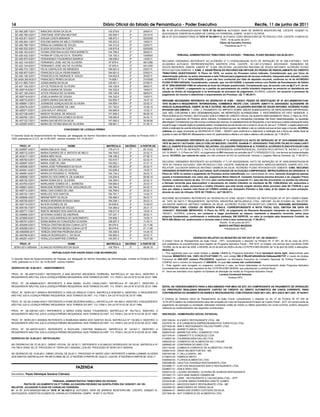 14                                                                             Diário Oficial do Estado de Pernambuco - Poder Executivo                                                                                         Recife, 11 de junho de 2011
  SE-406.285-7/2011      BIRACIRA VIEIRA DA SILVA                                  105.579-8         2º          29/04/11        02. AI SF 2010.0000033201420-93 TATE Nº 00.193/11-9. AUTUADO: NAIR DE BARROS MONTEIRO-ME. CACEPE: 0336267-15.
                                                                                                                                 ADVOGADOS: EWERTON KLEBER DE CARVALHO FERREIRA, OABPE: 18.907 E OUTROS.
  SE-406.785-3/2011      CRISTIANE VENTURA MILFONT                                 160.509-7         2º          23/10/10
                                                                                                                                 03. AI SF 2010.000003773935-16 TATE Nº 00.209/11-2. AUTUADO: ESSO BRASILEIRA DE PETRÓLEO LTDA. CACEPE: 0126910-03.
  SE-425.811-3/2011      EDILMA COSTA MIRANDA                                      198.973-1         1º          02/02/09
                                                                                                                                                                                  TATE, 10 de junho de 2011.
  SE-406.684-1/2011      EDILENE MARIA DE MELO FERREIRA                            165.253-2         2º          18/02/11                                                        Flávio de Carvalho Ferreira
  SE-406.789-7/2011      ERNALVA CARMINA DE SOUZA                                  164.312-6         2º          02/03/11                                                             Presidente da 5ª TJ
  SE-406.532-2/2011      ELIEDA GOUVEIA DA COSTA                                   126.870-8         2º          02/05/05
  SE-406.163-2/2011      FATIMA CRISTINA ALVES PAES BARRETO                        104.796-5         3º          08/02/11
  SE-426.432-3/2011      FATIMA Mª COELHO DO N. TENORIO                            124.192-3         2º          10/08/04                      TRIBUNAL ADMINISTRATIVO TRIBUTÁRIO DO ESTADO - TRIBUNAL PLENO REUNIÃO DIA 08.06.2011.
  SE-406.670-5/2011      FERDINANDO FIGUEIREDO BARROS                              106.638-2         3º          14/02/11
                                                                                                                                 RECURSO ORDINÁRIO REFERENTE AO ACÓRDÃO 2ª TJ Nº0034/2003(08) AUTO DE INFRAÇÃO SF Nº 008.01870/99-2. TATE
  SE-422.144-8/2011      FERNANDO JOSE VAZ DE OLIVEIRA                              97.678-4         2º          06/12/98
                                                                                                                                 20.020/99-6 AUTUADO: REPRESENTAÇÕES SANTISTA LTDA. CACEPE: 18.1.001.0121604-5. ADVOGADO: RAIMUNDO DE
  SE-422.144-8/2011      FERNANDO JOSE VAZ DE OLIVEIRA                              97.678-4         3º          04/12/08
                                                                                                                                 SOUZA MEDEIROS JÚNIOR, OAB/PE Nº 13.005. RELATORA: JULGADORA IRACEMA DE SOUZA ANTUNES. ACÓRDÃO PLENO
  SE-406.774-1/2011      FELIS CANTALICIO DE MENEZES                               165.091-2         2º          23/01/11        Nº0101/2011(05) EMENTA: 1. ICMS. 2. DESISTÊNCIA DO RECURSO EM VIRTUDE DO PEDIDO DE PARCELAMENTO DO CRÉDITO
  SE-406.607-5/2011      FRANCISCA CELIA VIEIRA RAMOS                              164.601-0         2º          03/02/11        TRIBUTÁRIO QUESTIONADO. O Pleno do TATE, no exame do Processo acima indicado, Considerando que, por força de
  SE-406.146-3/2011      FRANCISCA DE ANDRADE R. SOUZA                             164.602-8         2º          20/02/11        determinação judicial, os autos retornaram a este Tribunal para julgamento de recurso ordinário, interposto pelo autuado, contra
  SE-0425.393-8/2011     FRANCISCO PERES DA SILVA                                   74.508-1         3º          31/03/05        o ACÓRDÃO 2ª TJ n° 0034/2003(08) o qual não fora conhecido por falta de depósito recursal, conforme se vê do ACÓRDÃO
  SE-411.685-7/2011      JOANA MARIA DA SILVA                                      105.451-1         2º          07/05/11        PLENO N°0091/2003(05); Considerando, contudo, que, em 03/12/2008, o autuado entrou com Pedido de Parcelamento de Débito
  SE-407.126-2/2011      JOYCE PESSOA DE OLIVEIRA                                  165.126-9         2º          08/03/11        SF N° 2008.0000038011568-44 referente ao Auto de Infração questionado; Considerando que, de acordo com os §§ 2º e 4º, do art.
                                                                                                                                 42, da Lei 10.654/91, o pagamento ou o pedido de parcelamento do crédito tributário importam na renúncia ou desistência em
   SE-406716-6/2011      JOSELIA MARIA DE SOUSA                                    164.332-0         2º          15/03/11
                                                                                                                                 relação ao direito de impugnação e na terminação do processo de julgamento, ACORDA, unânime, em encerrar o processo de
  SE-407.126-2/2011      JOYCE PESSOA DE OLIVEIRA                                  165.126-9         2º          08/03/11
                                                                                                                                 julgamento do recurso e determinar o arquivamento do Processo. (dj: 1º.06.2011)
   SE-406716-6/2011      JOSELIA MARIA DE SOUSA                                    164.332-0         2º          15/03/11
   SE-406772-8/2011      JOSEFA MARIA DAS NEVES                                    162.650-7         2º          18.07.10        REEXAME NECESSÁRIO REFERENTE AO DESPACHO Nº ICMS - 192/2011 PEDIDO DE RESTITUIÇÃO SF Nº 2011.000000740174-65.
   SE-406681-7/2011      JOSINEIDE GONÇALVES DE OLIVEIRA                           164.656-7         2º          22.02.11        TATE 00.200/11-5 REQUERENTE: INTERNATIONAL COMMERCE RECIFE LTDA. CACEPE: 0288717-74. ADVOGADO: ALEXANDRE DE
   SE-406579-4/2011      LENIRA ALEXANDRE DE LIMA                                  161.740-0         2º          16.06.10        ARAÚJO ALBUQUERQUE, OAB/PE 25.108 E OUTROS. RELATORA: JULGADORA IRACEMA DE SOUZA ANTUNES. ACÓRDÃO PLENO
   SE-426371-5/2011      LIDIA AVÍLA P. ARAÚJO                                     164.669-9         2º          15.02.11        Nº0102/2011(05) EMENTA: 1. ICMS. 2. PAGAMENTO DO IMPOSTO SOBRE SAÍDAS SUBSEQUENTES DE MERCADORIAS IMPORTADAS,
   SE-407128-4/2011      MARCIA TELMA B. DE ARAÚJO                                 101.908-2         3º          08.06.10        QUE NÃO CHEGARAM A SER DESEMBARAÇADAS, NA REPARTIÇÃO ALFANDEGÁRIA. 3. INOCORRÊNCIA DO FATO GERADOR. 4.
                                                                                                                                 PROCEDÊNCIA DO PEDIDO. RESTITUIÇÃO SOB A FORMA DE CRÉDITO FISCAL DA QUANTIA INDEVIDAMENTE PAGA. O Pleno do TATE,
   SE-406765-1/2011      MARIA APARECIDA GOMES DA SILVA                            106.085-6         2º          24.02.11
                                                                                                                                 no exame e julgamento do Processo acima indicado, Considerando que as mercadorias importadas não foram desembaraçadas, na repartição
   SE-407122-7/2011      MARIA DAS NEVES DA SILVA                                  147.092-2         2º          30.06.06
                                                                                                                                 alfandegária; Considerando que não ocorreu a entrada das mesmas, no estabelecimento do Requerente, e nem tampouco a saída subsequente sobre
   SE-422567-8/2011      MARIA DE FÁTIMA MAIA DE OLIVEIRA                          106.891-1         3º          01.06.11        a qual foi pago o imposto objeto do presente pedido; Considerando que de acordo com o inciso IV, do art. 45, da Lei n° 10.654/91, o sujeito passivo tem
                                                                                                                                 direito à restituição de quantia indevidamente paga a título de tributo quando não efetivar o ato ou contrato sob que se tiver pago o imposto, ACORDA,
                                             CONCESSÃO DE LICENÇA PRÊMIO
                                                                                                                                 unânime, em negar provimento ao DESPACHO N° ICMS – 192/2011 para conﬁrmá-lo e determinar a restituição sob a forma de crédito ﬁscal da
                                                                                                                                 quantia no valor de R$69.481,88(sessenta e nove mil, quatrocentos e oitenta e um reais e oitenta e oito centavos). (dj: 1º.06.2011)
O Gerente Geral de Desenvolvimento de Pessoas, por delegação do Senhor Secretário de Administração, contida na Portaria SAD n°
1429, publicada no D.O.E. de 14.06.2007, resolve conceder: Em 10.06.2011
                                                                                                                                 RECURSO ORDINÁRIO REFERENTE AO ACÓRDÃO 4ª TJ Nº0022/2011(12) AUTO DE INFRAÇÃO SF Nº 2010.000000010581-09.
                                                                                                                                 TATE 00.304/10-7 AUTUADO: IDALCI COELHO MACEDO. CACEPE: 0244636-71. ADVOGADO: PHELIPPE FALBO DI CAVALCANTI
      PROC. N°                                NOME                               MATRÍCULA       DECÊNIO       A PARTIR DE       MELLO, OAB/PE Nº24.635 E OUTROS. RELATORA: JULGADORA TEREZINHA M. A. FONSECA. ACÓRDÃO PLENO Nº0103/2011(06)
   SE-406687-4/2011      MARIA EMILIA M. DIAS                                     176.411-0         1º           25.10.03        EMENTA: 1. AUTO DE INFRAÇÃO. 2. FALTA DE DIVERGÊNCIA JURISPRUDENCIAL, EXIGIDA PELO ARTIGO 78, INCISO II, § 1º DA
   SE-406712-2/2011      MARIA EURIDES DE S. BATISTA DE MELO                      164.749-0         2º           23.02.11        LEI 10.654/91. 3. O Pleno do TATE, no julgamento do RO interposto ao acórdão da 4ª TJ Nº0022/2011(12), nos termos da fundamentação
   SE-403417-1/2011      MARIA INÊS SILVA                                         106.168-2         3º           07.06.11        acima, ACORDA, por maioria de votos, em não conhecer do RO do contribuinte. Vencido o Julgador Marcos Gamboa. (dj: 1º.06.2011)
   SE-406782-0/2011      MARIA IZABEL DE CARVALHO LIMA                            163.815-7         2º           02.03.11
                                                                                                                                 RECURSO ORDINÁRIO REFERENTE AO ACÓRDÃO 1ª TJ Nº 0043/2009(09). AUTO DE INFRAÇÃO SF Nº 2009.000000754336-55
   SE-406697-5/2011      MARIA JOSÉ DE LIMA                                       163.902-1         2º           31.01.11
                                                                                                                                 TATE 00.175/09-9. AUTUADO: CMA PETRÓLEO LTDA. CACEPE: 0295308-06. ADVOGADO: MARCOS MENDES, OAB/PE Nº21.774.
   SE-406596-3/2011      MARIA JOSÉ FERNANDES DA SILVA                            165.263-0         2º           20.02.11        RELATOR: JULGADOR MARCOS ANTÔNIO GAMBOA DA SILVA. ACÓRDÃO PLENO Nº0104/2011(07) EMENTA: ICMS. RECURSO
   SE-404941-4/2011      MARIA MIRTIS COELHO DA PAZ                               163.826-2         2º           19.05.11        ORDINÁRIO INTERPOSTO PELA AUTUADA; DUPLICIDADE DE AUTUAÇÃO COMPROVADA; IMPROCEDÊNCIA DA DENÚNCIA. O
   SE-406581-6/2011      MARIA DO ROSÁRIO G. PEREIRA                              164.734-2         2º           29.03.11        Pleno do TATE no exame e julgamento do Processo acima indentiﬁcado, por unanimidade de votos, havendo divergência apenas
   SE-406699-7/2011      MARIA DO SOCORRO N. DE ALMEIDA                           129.204-8         3º           09.06.10        quanto à fundamentação nos votos das Julgadoras Maria Helena B. Campello (revisora),Iracema Antunes e do Julgador Flávio
   SE-406155-3/2011      MARIA SONIA DA S. OLIVEIRA                               164.394-0         2º           02.02.11        Ferreira, conforme trecho de Ata, DECIDIU pelo conhecimento do presente RO, para dar-lhe provimento no sentido de reformar
   SE-403763-5/2011      MARILANDE GOMES DE L. BARBOSA                            105.684-0         3º           25.03.11        a Decisão recorrida para desconstituir o lançamento do crédito tributário no montante de R$. 3.669,00(tres mil, seiscentos e
   SE-406601-8/2011      MARILENE ROBERTO M DE VASCONCELOS                        164.784-9         2º           04.02.11        sessenta e nove reais), porquanto o crédito tributário que está sendo exigido através deste processo (tate 00.175/09-9) e que
                                                                                                                                 teve por objeto a mesma nota ﬁscal (nf nº64923 emitida por Autopetro Petróleo e Gás Ltda), já foi objeto de outra autuação,
   SE-406713-3/2011      MARLI DAS DORES DE LIMA                                  164.789-0         2º           25.02.11
                                                                                                                                 através do auto de infração TATE 00.179/09-4-). (dj1º.06.2011).
   SE-406153-1/2011      MARLUCE DOS SANTOS                                       164.791-1         2º           14.02.11
   SE-406606-4/2011      MIRIAM NERY DA SILVA                                     165.468-3         2º           06.03.11        REEXAME NECESSÁRIO REFERENTE AO DESPACHO Nº ICMS 182/2011 PEDIDO DE RESTITUIÇÃO SF Nº 2011.000001132828-
   SE-406700-8/2011      MONICA MOREIRA ROSADO MAIA                               164.208-1         2º           29.03.11        45. TATE 00.182/11-7 REQUERENTE: NUTSTEEL INDÚSTRIA METALÚRGICA LTDA. CNPJ/MF: 62.261.813/0001-92. RELATOR:
   SE-406710-0/2011      NILSON GOMES DE SÁ                                        84.636-8         3º           15.06.07        JULGADOR MARCOS ANTÔNIO GAMBOA DA SILVA. ACÓRDÃO PLENO Nº0105/2011(07) EMENTA: REEXAME NECESSÁRIO.
   SE-406150-7/2011      NIVALDINA MARIA DE SOUZA                                 104.494-0         3º           25.01.11        RESTITUIÇÃO ICMS. CÓDIGO DE RECEITA Nº042-6. CORRESPONDENTE A NOTA FISCAL 6333, EMITIDA EM DATA DE
   SE-406771-7/2011      RISETE MENDES DOS SANTOS SILVA                           109.017-8         3º           19.02.11        12/04/2011. REEXAME IMPROVIDO. O Pleno do TATE, no julgamento do Reexame Necessário interposto ao despacho ICMS
   SE-406686-3/2011      SEVERINA GOMES DE ANDRADE                                107.247-1         3º           28.02.11        182/2011, ACORDA, unânime, em conhecer e negar provimento ao mesmo, mantendo o despacho recorrido, pelos seus
                                                                                                                                 próprios fundamentos, conﬁrmando a restituição pleiteada, EM ESPÉCIE, no valor já corrigido pela Assessoria Contábil, de
   SE-423809-8/2011      SILVIA LUIZA ANDRADA DO NASCIMENTO                       105.899-1         3º           19.05.11
                                                                                                                                 R$10.490,26(dez mil, quatrocentos e noventa reais e vinte e seis centavos).(dj: 1º.06.2011)
   SE-406791-0/2011      SONIA MARIA DA CONCEIÇÃO OLIVEIRA                        106.937-3         3º            11.03.11                                                        Recife, 10 de junho de 2011.
   SE-406296-0/2011      TERESA CRISTINA BESSA CUNHA LEITE                        89.076-6          2º           23.11.98                                                        MARCO ANTÔNIO MAZZONI
   SE-406296-0/2011      TERESA CRISTINA BESSA CUNHA LEITE                        89.076-6          3º           21.11.08                                                             Presidente do TATE.
   SE-4062958-2011       TEREZA CRISTINA PEDROSA SILVA                            100.358-5         3º           14.04.10
   SE-406788-6/2011      VANILDA RODRIGUES C. DA SILVA                            164.884-5         2º           20.03.11
   SE-406291-4/2011      VERALUCIA MARTINS CORREIA                                145.097-2         1º           18.07.06                                       DESPACHO RELATIVO AO REGISTRO DE PAF-ECF Nº 187, DE 09/06/2011
                                                                                                                                 O Diretor Geral de Planejamento da Ação Fiscal - DPC, considerando o disposto na Portaria SF nº 061, de 05 de maio de 2010,
      PROC. N°                             NOME                                  MATRÍCULA       DECÊNIO       A PARTIR DE       que estabelece os procedimentos para registro de Programa Aplicativo Fiscal – PAF-ECF no Estado, nos termos dos Convênios ICMS
  SERH-2011-0000404      ELINALDO RODRIGUES DA SILVA                              104.760-4         3º           08.08.10        15/2008, de 04 de abril de 2008 e 09/2009, de 03 de abril de 2009 e do Ato COTEPE/ICMS 06/2008, de 14 de abril de 2008, e alterações,
                                                                                                                                 RESOLVE:
                                   REPUBLICADO POR HAVER SAÍDO COM INCORREÇÃO                                                    I - Fica registrada para uso neste Estado a versão 1.6.0.0 do Programa Aplicativo Fiscal bematech farma light, desenvolvido pela
                                                                                                                                 Empresa BEMATECH S/A, CNPJ 82.373.077/0001-71, com código MD-5 ff0c487a954305c0e1b8beaaa3967757 e Laudo de Análise
O Gerente Geral de Desenvolvimento de Pessoas, por delegação do Senhor Secretário de Administração, contida na Portaria SAD n°   Funcional de PAF-ECF número POL4322010, registrado na Secretaria Executiva do Conselho Nacional de Política Fazendária -
1429, publicada no D.O.E. de 14.06.2007, resolve indeferir:                                                                      CONFAZ com o número do despacho nº 400/2010, no qual não consta não conformidade;
                                                                                                                                 II - Este registro será revogado ou suspenso, conforme o caso, se forem detectadas no funcionamento deste Programa Aplicativo
DESPACHO DE 10.06.2011. - INDEFERIMENTO                                                                                          inconsistências relativas aos requisitos do Ato COTEPE/ICMS 06/2008, que prejudiquem o controle ﬁscal;
                                                                                                                                 III - Deve ser solicitado novo registro na hipótese de alteração da versão do Programa Aplicativo Fiscal.
PROC. Nº, SE-406770-6/2011 REFERENTE A ANA BEATRIZ MEDEIROS FERREIRA, MATRÍCULA Nº 164.184-0, INDEFIRO: A                                                                               Luciana Cavalcanti Antunes
REQUERENTE NÃO FAZ JUS A LICENÇA PRÊMIO REQUERIDA, NOS TERMOS DO ART. 113, ITEM II, DA LEI Nº 6123 DE 20.07.1968.                                                                                Diretora DPC

PROC. Nº, SE-406680-6/2011 REFERENTE A ANA MABEL ALVES CAVALCANTI, MATRÍCULA Nº 164.267-7, INDEFIRO: A
REQUERENTE NÃO FAZ JUS A LICENÇA PRÊMIO REQUERIDA, NOS TERMOS DO ART. 113, ITEM II, DA LEI Nº 6123 DE 20.07.1968.                EDITAL DE CREDENCIAMENTO PARA A NÃO-EMISSÃO POR MEIO DE ECF, DO COMPROVANTE DE PAGAMENTO DE OPERAÇÃO
                                                                                                                                 OU PRESTAÇÃO REALIZADA MEDIANTE CARTÃO DE CRÉDITO OU DÉBITO AUTOMÁTICO EM CONTA CORRENTE, PARA
PROC. Nº, SERH-2011-0000914 REFERENTE A CARLOS ARAÚJO COSTA, MATRÍCULA Nº99.897-4, INDEFIRO: O REQUERENTE                        CONTRIBUINTES DO SEGMENTO DE BARES E RESTAURANTES, COM CÓDIGOS CNAE 5611-2/01, 5611-2/02 E 5611-2/03 , Nº 62/2011
NÃO FAZ JUS A LICENÇA PRÊMIO REQUERIDA, NOS TERMOS DO ART. 113, ITEM II, DA LEI Nº 6123 DE 20.07.1968.
                                                                                                                                 A Diretora da Diretoria Geral de Planejamento da Ação Fiscal, considerando o disposto no art. 2º da Portaria SF Nº 035 de
PROC. Nº, SE-SE-418283-8/2011 REFERENTE A IVONE BEZERRA AGRELLI, MATRÍCULA Nº 163.660-0, INDEFIRO: A REQUERENTE                  10.03.2010,relativo ao credenciamento para não-emissão por meio de Equipamento Emissor de Cupom Fiscal – ECF, do comprovante de
NÃO FAZ JUS A LICENÇA PRÊMIO REQUERIDA, NOS TERMOS DO ART. 113, ITEM II, DA LEI Nº 6123 DE 20.07.1968.                           pagamento de operação ou prestação realizadas mediante cartão de crédito ou débito automático em conta corrente, proferiu despacho
                                                                                                                                 referente ao credenciamento dos seguintes contribuintes:
PROC. Nº, SE-406162-1/2011 REFERENTE A MARIA EDNA MUNIZ FIGUEIREDO, MATRÍCULA Nº 164.744-0, INDEFIRO: A
REQUERENTE NÃO FAZ JUS A LICENÇA PRÊMIO REQUERIDA, NOS TERMOS DO ART. 113, ITEM II, DA LEI Nº 6123 DE 20.07.1968.                INSCRIÇÃO - NOME/RAZÃO SOCIAL ESTADUAL

PROC. Nº, SERH-2011-0000825 REFERENTE A RAIMUNDA MARIA DOS SANTOS SILVA, MATRÍCULA Nº 132.602-3, INDEFIRO: A                     0351338-64 - B 4 BAR E RESTAURANTE LTDA - ME
REQUERENTE NÃO FAZ JUS A LICENÇA PRÊMIO REQUERIDA, NOS TERMOS DO ART. 113, ITEM II, DA LEI Nº 6123 DE 20.07.1968.                0327679-19 - B B CARNEIROS EMPREENDIMENTOS TURISTICOS LTDA.
                                                                                                                                 0277402-00 - BAR E RESTAURANTE FALCAO FERRY LTDA
PROC. Nº, SE-406707-6/2011 REFERENTE A ROZILANE CRISTINA RAMALHO, MATRÍCULA Nº 142.821-7, INDEFIRO: A                            0295342-08 - BARRETO BROS LTDA
REQUERENTE NÃO FAZ JUS A LICENÇA PRÊMIO REQUERIDA, NOS TERMOS DO ART. 113, ITEM II, DA LEI Nº 6123 DE 20.07.1968.                0295479-62 - BARRETUS GRILL COMERCIO LTDA
                                                                                                                                 0271374-81 - CAMAROTTI E GONZALEZ LTDA
DESPACHO DE 10.06.2011- RETIFICAÇÃO:                                                                                             0132607-40 - CHURRASCARIA DALLAS LTDA
                                                                                                                                 0365230-03 - COMERCIO DE ALIMENTOS ACI LTDA ME
NO DESPACHO DE 27.05.2011, DIÁRIO OFICIAL DE 28.05.11, REFERENTE A ELINALDO RODRIGUES DA SILVA, MATRICULA Nº                     0269483-20 - CONFRARIA DO MAR LTDA
104.760-4 ONDE SE LÊ: PROCESSO N º SERH-2011-0000263, LEIA-SE: PROCESSO Nº SERH-2011-0000404                                     0301134-82 - CUMBUCA COMERCIO DE ALIMENTOS LTDA ME
                                                                                                                                 0336419-43 - DAVID KELNER FONTES - ME.
NO DESPACHO DE 19.05.2011, DIÁRIO OFICIAL DE 20.05.11, PROCESSO Nº 405757-1/2011 REFERENTE A MARIA LUSIMAR OLIVEIRA              0367457-66 - F. DELLA SANTA - ME
DOS SANTOS, MATRICULA Nº 164.387-8 ONDE SE LÊ: 2º DECÊNIO A PARTIR DE 19.02.01, LEIA-SE: 2º DECÊNIO A PARTIR DE 19.02.11         0178814-04 - FABRICIO BRITO
                                                                                                                                 0345930-63 - FLORIDA ALIMENTOS LTDA
                                                                                                                                 0393398-90 - GALETUS CAXANGA RESTAURANTE LTDA
                                                                                                                                 0374890-11 - ILHA DOS NAVEGANTES BAR E RESTAURANTE LTDA
                                                       FAZENDA                                                                   0338657-01 - KAN & WEN LTDA
                                                                                                                                 0352015-33 - LAZARO NATANAEL OLIVEIRA DE ALMEIDA RESTAURANTE
Secretário: Paulo Henrique Saraiva Câmara                                                                                        0372407-73 - LEDYJANE RAMOS CAMARA ME
                                                                                                                                 0368907-74 - LIBRE - RESTAURANTE E CACHACARIA LTDA. - EPP -
                                TRIBUNAL ADMINISTRATIVO TRIBUTÁRIO DO ESTADO                                                     0233434-86 - LUCIENE MARIA FERREIRA CADETE GOMES
          PAUTA DE JULGAMENTO DA 5ª TURMA JULGADORA REUNIÃO NA QUINTA-FEIRA DIA 16/06/2011 ÀS 10h                                0335070-31 - MACEDOS BAR E RESTAURANTE LTDA - ME
RELATOR: JULGADOR FLÁVIO DE CARVALHO FERREIRA                                                                                    0303562-02 - MARCONDES DE FARIAS SILVA
01. AI SF 2010.000003201480-24 TATE Nº 00.192/11-2. AUTUADO: NAIR DE BARROS MONTEIRO-ME. CACEPE: 0336267-15.                     0298444-01 - MARIA DAS DORES CUSTODIO DA SILVA
ADVOGADOS: EWERTON KLEBER DE CARVALHO FERREIRA, OABPE: 18.907 E OUTROS.                                                          0371904-90 - NUT COMERCIO DE ALIMENTOS LTDA
 