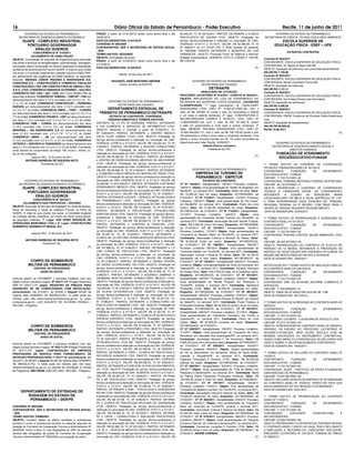 16                                                                                   Diário Oficial do Estado de Pernambuco - Poder Executivo                                                                                Recife, 11 de junho de 2011
        GOVERNO DO ESTADO DE PERNAMBUCO                                PRAZO: a partir de 01/01/2010, tendo como termo ﬁnal o dia       83.545,20; TC Nº 0214/2011. PARTES: DETRAN/PE e CLÍNICA                      GOVERNO DO ESTADO DE PERNAMBUCO
     SECRETARIA DE DESENVOLVIMENTO ECONÔMICO                           30/04/2010.                                                      PSICOLOGICA DE GOIANA LTDA. OBJETO: Prestação de                       SECRETARIA DE CIÊNCIA, TECNOLOGIA E MEIO AMBIENTE
        SUAPE - COMPLEXO INDUSTRIAL                                    DATA DA ASSINATURA: 01/01/2010                                   serviço técnico-proﬁssional à obtenção ou renovação de CNH.                       ESCOLA SUPERIOR DE
                                                                       CONVÊNIO Nº 009/2009                                             VIGÊNCIA: 01/01/11 a 31/12/11. VALOR: R$ 82.495,84; 5º TA                      EDUCAÇÃO FÍSICA - ESEF – UPE
          PORTUÁRIO GOVERNADOR
                                                                       CONTRATANTES: DER X SECRETARIA DE DEFESA SOCIAL                  Nº 058/2011 ao CV COOP TÉC E ADM (cessão de pessoal)
              ERALDO GUEIROS                                           - SDS                                                            Nº 185/2006. PARTES: DETRAN/PE e MUNICÍPIO DE CHÃ
                   CONCORRÊNCIA No 010/2011                                                                                                                                                                                      EXTRATOS CONTRATOS
                                                                       TERMO ADITIVO: SEGUNDO                                           GRANDE/PE. OBJETO: Prorrogar Prazo de Vigência e Informar
                 JULGAMENTO DE HABILITAÇÃO
                                                                       OBJETO: prorrogação de prazo                                     Dotação Orçamentária. VIGÊNCIA: 01/01/11 a 05/06/11. VALOR:            Contrato Nº 002/2011
OBJETO: Contratação de empresa de engenharia para execução
                                                                       PRAZO: a partir de 01/05/2010, tendo como termo ﬁnal o dia       R$ 3.500,00.                                                           CONTRATANTE: ESCOLA SUPERIOR DE EDUCAÇÃO FÍSICA
das obras e serviços de terraplanagem, pavimentação, drenagem,
                                                                       31/12/2010.                                                                                                                             CONTRATADA: W. Santos & Appa Ltda-ME
iluminação viária e sinalização em terreno destinado à implantação
                                                                       DATA DA ASSINATURA: 01/05/2010                                                                                                    (F)   OBJETO: Aquisição de poltronas com prancheta escamoteável
da fábrica de automóveis da Fiat em SUAPE. À vista do que consta
nos autos, a Comissão Especial de Licitação resolveu HABILITAR,                                                                                                                                                VALOR R$ 7.720,00
                                                                                        Recife, 10 de junho de 2011                                                                                            Contrato Nº 003/2011
por atendimento das exigências do Edital licitatório, as seguintes
licitantes: MENDES JÚNIOR TRADING E ENGENHARIA S/A;                                                                                                                                                            CONTRATANTE: ESCOLA SUPERIOR DE EDUCAÇÃO FÍSICA
                                                                                  EDUARDO JOSÉ MONTEIRO AMORIM                                    GOVERNO DO ESTADO DE PERNAMBUCO                              CONTRATADA: Miriam Cavalcanti Torres-ME
CONSTRAN S.A – CONSTRUÇÕES E COMÉRCIO; ENCALSO
                                                                                      Diretor Jurídico do DER-PE                                       SECRETARIA DAS CIDADES                                  OBJETO: Aquisição de poltronas
CONSTRUÇÕES LTDA; DM CONSTRUTORA DE OBRAS LTDA;
A.R.G. LTDA; CONSÓRCIO ANDRADE GUTIERREZ – GALVÃO;
                                                                                                                                  (F)                            DETRAN/PE                                     VALOR R$ 5.256,00
CONSÓRCIO FIAT CNO – QG – OAS; bem como INABILITAR as                                                                                                     RESULTADO DE LICITAÇÃO                               Contrato Nº 004/2011
seguintes licitantes: CONSÓRCIO TAMASA – CIMCOP – IVAÍ por                                                                              PROCESSO LICITATÓRIO Nº 014/2011. CONVITE Nº 002/2011.                 CONTRATANTE: ESCOLA SUPERIOR DE EDUCAÇÃO FÍSICA
descumprimento dos itens 3.1.8.2 cumulado com 3.2.3.2 (“a”, “b”,                                                                        OBJETO: IMPLANTAÇÃO DA LOJA DE ATENDIMENTO DO                          CONTRATADA: Ary Freitas Pereira Inet Informática
                                                                                GOVERNO DO ESTADO DE PERNAMBUCO                         DETRAN/PE NO SHOPPING COSTA DOURADA. LICITANTES                        OBJETO: Aquisição de televisores
“c” e “d”) do Edital; CONSÓRCIO CONSTRUCAP – FERREIRA
                                                                                     SECRETARIA DAS CIDADES                             CLASSIFICADAS: 1º lugar (vencedora): M. CAVALCANTI                     VALOR R$ 4.098,00
GUEDES por descumprimento dos itens 3.1.8.2 cumulado com
3.2.3.2 (“c”) do Edital; CONSÓRCIO EMPA – TORC – CONVAP                      DEPARTAMENTO ESTADUAL DE                                   ENGENHARIA LTDA, CNPJ Nº 13.563.871/0001-65, com o                     Contrato Nº 005/2011
por descumprimento dos itens 3.1.8.2 cumulado com 3.2.3.2 (“c” e         TRÂNSITO DE PERNAMBUCO-DETRAN/PE                               valor de R$ 106.981,70 (cento e seis mil novecentos e oitenta          CONTRATANTE: ESCOLA SUPERIOR DE EDUCAÇÃO FÍSICA
“d”) do Edital; CONSÓRCIO TRIUNFO – CMT por descumprimento                        EXTRATO DE CONTRATOS, CONVÊNIOS,                      e um reais e setenta centavos); 2º lugar: CONSTRUTORA E                CONTRATADA: DSPM -Comercio de Produtos Eletro-Eletrônicos
dos itens 3.1.8.2 cumulado com 3.2.3.2 (“b”, “c” e “d”) do Edital;               CREDENCIAMENTOS E TERMOS ADITIVOS                      INCORPORADORA CORREA E PEIXOTO LTDA, CNPJ Nº                           Ltda.
CONSÓRCIO CBM – COWAN por descumprimento dos itens                     DISTRATO do CT PS Nº 0034/2009. PARTES: DETRAN/PE                11.969.639/0001-04, com o valor de R$ 107.420,15 (cento                OBJETO: Aquisição de equipamentos
3.1.8.2 cumulado com 3.2.3.2 (“b”) do Edital; CONSÓRCIO                e IVIA COMÉRCIO E SERVIÇOS DE INFORMÁTICA LTDA.                  e sete mil quatrocentos e vinte reais e quinze centavos); 3º           VALOR R$ 58.080,00
SERVENG – VIA ENGENHARIA S.A por descumprimento dos                    OBJETO: Rescindir o Contrato a partir de 01/02/2011; TC          lugar: MENDES TRAJANO ENGENHARIA LTDA, CNPJ Nº                         Recife 10.06.2011
itens 3.1.8.2 cumulado com 3.2.3.2 (“b”, “c” e “d”) do Edital;         Nº 0338/2010. PARTES: DETRAN/PE e CENTRO MÉDICO                  10.484.584/0001-71, com o valor de R$ 108.735,50 (cento e oito                                                                   (F)
CONSÓRCIO EMSA – JM por descumprimento dos itens                       CÉLIO VILAR CABRAL FILHO LTDA. OBJETO: Prestação de              mil setecentos e trinta e cinco reais e cinqüenta centavos). Fica
3.1.8.2 cumulado com 3.2.3.2 (“c” e “d”) do Edital; CONSÓRCIO          serviço técnico-proﬁssional à obtenção ou renovação de CNH.      aberto o prazo recursal previsto em lei. Os autos encontram-se
CETENCO – AZEVEDO & TRAVASSOS por descumprimento dos                   VIGÊNCIA: 01/08/10 a 31/12/10. VALOR: R$ 100.052,44; TC Nº       disponíveis para vista. Recife, 10/06/2011.                                    GOVERNO DO ESTADO DE PERNAMBUCO
itens 3.1.8.2 cumulado com 3.2.3.2 (“c” e “d”) do Edital. O presente   0182/2011. PARTES: DETRAN/PE e BUSCAR CONSULTORIA                                    Gabriel Guerra Laranjeira                                SECRETARIA DE DESENVOLVIMENTO SOCIAL E
aviso atende ao cumprimento do Artigo 109, Inciso I, Alínea “a”,       LTDA. OBJETO: Prestação de serviço técnico-proﬁssional à                                 Presidente da CPL                                               DIREITOS HUMANOS
da Lei de Licitações.                                                  obtenção ou renovação de CNH. VIGÊNCIA: 01/01/11 a 31/12/11.                                                                                     FUNDAÇÃO DE ATENDIMENTO
                                                                       VALOR: R$ 54.082,40; TC Nº 0183/2011. PARTES: DETRAN/PE                                                                           (F)
                  Ipojuca (PE), 10 de junho de 2011                                                                                                                                                                      SÓCIOEDUCATIVO-FUNASE
            ANTONIO BARBOSA DE SIQUEIRA NETO                           e CENTRO DE ESPECIALIDADES MÉDICAS DE ARCOVERDE
                          Presidente da CEL                            LTDA. OBJETO: Prestação de serviço técnico-proﬁssional à                                                                                1º TERMO ADITIVO AO CONVÊNIO DE COOPERAÇÃO
                                                                 (F)   obtenção ou renovação de CNH. VIGÊNCIA: 01/01/11 a 31/12/11.                                                                            TÉCNICA E FINANCEIRA ASSEJ Nº 001/2010.
                                                                       VALOR: R$ 46.656,16; TC Nº 0184/2011. PARTES: DETRAN/PE                    GOVERNO DO ESTADO DE PERNAMBUCO
                                                                                                                                                                                                               CONTRATANTE:        FUNDAÇÃO     DE     ATENDIMENTO
                                                                       e CLIMESPA-CLÍNICA MÉDICA DO SERTÃO DO PAJEÚ LTDA.                            EMPRESA DE TURISMO DE                                     SOCIOEDUCATIVO - FUNASE.
                                                                       OBJETO: Prestação de serviço técnico-proﬁssional à obtenção ou                PERNAMBUCO - EMPETUR                                      CNPJ/MF: 11.722.741/0001-00.
        GOVERNO DO ESTADO DE PERNAMBUCO                                renovação de CNH. VIGÊNCIA: 01/01/11 a 31/12/11. VALOR: R$                            EXTRATO DE CONTRATO                               CONTRATADA: TRIBUNAL REGIONAL FEDERAL DA 5ª REGIÃO.
     SECRETARIA DE DESENVOLVIMENTO ECONÔMICO                           52.992,68; TC Nº 0185/2011. PARTES: DETRAN/PE e SR MUNIZ         CT Nº 184/2011, Inexigibilidade: 136/2011 Processo Licitatório:        CNPJ/MF: 24.130.072/0001-11.
        SUAPE - COMPLEXO INDUSTRIAL                                    ATENDIMENTO MÉDICO LTDA. OBJETO: Prestação de serviço            148/2011; Objeto: Uma apresentação de “Walter de Afogados” em          OBJETO: PRORROGAR O CONVÊNIO DE COOPERAÇÃO
                                                                       técnico-proﬁssional à obtenção ou renovação de CNH. VIGÊNCIA:    Recife/PE, no carnaval 2011; Contratada: Walter da Silva; Valor:       TÉCNICA E FINANCEIRA ENTRE OS CONVENENTES,
          PORTUÁRIO GOVERNADOR                                         01/01/11 a 31/12/11. VALOR: R$ 59.934,60; TC Nº 0190/2011.       R$ 10.000,00 (dez mil reais); Empenho: 2011NE000903, de                REFERENTE      À   CESSÃO     DA  SERVIDORA    MARIA
              ERALDO GUEIROS                                           PARTES: DETRAN/PE e SEOPE – SERVIÇO OFTALMOLÓGICO                01/03/2011. CT Nº 172/2011, Inexigibilidade: 137/2011 Processo         LÚCIACAVALCANTI DE MELO E SILVA, MATRÍCULA Nº 1127-
                 CONCORRÊNCIA No 003/2011                              DE PERNAMBUCO LTDA. OBJETO: Prestação de serviço                 Licitatório: 150/2011; Objeto: Uma apresentação de “Ed Carlos”         4, PARA DESEMPENHAR SUAS FUNÇÕES NO TRIBUNAL
         JULGAMENTO DAS PROPOSTAS – DECISÃO                            técnico-proﬁssional à obtenção ou renovação de CNH. VIGÊNCIA:    em Recife/PE, no carnaval 2011; Contratada: Pedro De Lima              REGIONAL FEDERAL DA 5ª REGIÃO, COM ÔNUS PARA O
OBJETO: Execução de serviços de dragagem do canal de acesso,           01/01/11 a 31/12/11. VALOR: R$ 72.042,60; TC Nº 0191/2011.       Castro; Valor: R$ 17.000,00 (dezessete mil reais); Empenho:            ORGÃO DE ORIGEM, MEDIANTE RESSARCIMENTO.
bacia de manobras e dique do estaleiro Promar no Porto de              PARTES: DETRAN/PE e PRO-AFTALMO OFTALMOLOGIA                     2011NE001233, de 01/03/2011. CT Nº 173/2011, Inexigibilidade:           DATA DE ASSINATURA: 20/04/2011.
SUAPE. À vista do que consta nos autos, a Comissão Especial            ESPECIALIZADA LTDA. OBJETO: Prestação de serviço técnico-        131/2011 Processo Licitatório: 144/2011; Objeto: Uma
de Licitação decidiu classiﬁcar, por ordem de menor preço global,      proﬁssional à obtenção ou renovação de CNH. VIGÊNCIA:            apresentação da “Orquestra Vereda Tropical” em Olinda/PE, no           1º TERMO ADITIVO DE PRORROGAÇÃO E ACRÉSCIMO AO
as seguintes licitantes: 1o Lugar: VAN OORD SERVIÇOS DE                01/01/11 a 31/12/11. VALOR: R$ 85.845,72; TC Nº 0192/2011.       carnaval 2011; Contratada: Associação Musical Vereda Tropical;         CONTRATO ASSEJ Nº 031/2010.
OPERAÇÕES MARÍTIMAS LTDA e 2º Lugar: CONSTRUTORA                       PARTES: DETRAN/PE e CARDOSO & CARDOSO LTDA.                      Valor: R$ 5.000,00 (cinco mil reais); Empenho: 2011NE000898,           CONTRATANTE:        FUNDAÇÃO    DE   ATENDIMENTO
NORBERTO ODEBRECHT BRASIL S/A.                                         OBJETO: Prestação de serviço técnico-proﬁssional à obtenção      de 01/03/2011. CT Nº 187/2011, Inexigibilidade: 124/2011               SOCIOEDUCATIVO - FUNASE.
                                                                       ou renovação de CNH. VIGÊNCIA: 01/01/11 a 31/12/11. VALOR:       Processo Licitatório: 137/2011 Objeto: Duas apresentações da           CNPJ/MF: 11.722.741/0001-00.
                Ipojuca (PE), 10 de junho de 2011                      R$ 53.557,72; TC Nº 0193/2011. PARTES: DETRAN/PE e               “Orquestra do Maestro Maia” em Recife/PE, no carnaval 2011;            CONTRATADA: PRAGAS CONTROL SAÚDE AMBIENTAL LTDA-
                                                                       CLÍNICA DE OLHOS DRA FÁTIMA SERVIÇOS MÉDICOS LTDA.               Contratada: Associação Cultural e Musical Os Maias; Valor:             ME.
           ANTONIO BARBOSA DE SIQUEIRA NETO                            OBJETO: Prestação de serviço técnico-proﬁssional à obtenção      R$ 30.000,00 (trinta mil reais); Empenho: 2011NE001232,                CNPJ/MF: 05.424.337/0001-40.
                     Presidente CEL                                    ou renovação de CNH. VIGÊNCIA: 01/01/11 a 31/12/11. VALOR:       de 01/03/2011. CT Nº 106/2011, Inexigibilidade: 082/2011               OBJETO: PRORROGAÇÃO DO CONTRATO DE N.031/10 NO
                                                                (F)    R$ 157.686,52; TC Nº 0194/2011. PARTES: DETRAN/PE e L.S          Processo Licitatório: 087/2011 Objeto: Uma apresentação de             PERÍODO DE 12 MESES, REFERENTE À PRESTAÇÃO DE
                                                                       LINS CLÍNICA DE PSICOLOGIA LTDA. OBJETO: Prestação               “Carlinhos Kaetés” em Triunfo/PE, no carnaval 2011; Contratada:        SERVIÇO DE DEDETIZAÇÃO NAS UNIDADES DA FUNASE DA
                                                                       de serviço técnico-proﬁssional à obtenção ou renovação de        Associação Cultural e Musical Os Maias; Valor: R$ 16.100,00            REGIÃO METROPOLITANA DO RECIFE E INTERIOR.
                                                                       CNH. VIGÊNCIA: 01/01/11 a 31/12/11. VALOR: R$ 18.686,68;         (dezesseis mil e cem reais); Empenho: 2011NE000727, de                 DATA DE ASSINATURA: 19/05/2011.
              CORPO DE BOMBEIROS                                       TC Nº 0195/2011. PARTES: DETRAN/PE e CENSO CENTRO                01/03/2011. CT Nº 148/2011, Inexigibilidade 049/2011, Processo
             MILITAR DE PERNAMBUCO                                     DE SAÚDE OCUPACIONAL S/S LTDA. OBJETO: Prestação de              Licitatório: Objeto: Uma apresentação de “Dudu do Acordeon” em         RETIFICAÇÃO AO1º TERMO ADITIVO DE ANULAÇÃO PARCIAL
                  CENTRAL DE PREGOEIROS                                serviço técnico-proﬁssional à obtenção ou renovação de CNH.      Catende/PE, no carnaval 2011; Contratada: Eduardo Henrique             AO CONTRATO ASSEJ Nº 029-A/2010.
                      AVISO DE EDITAL                                  VIGÊNCIA: 01/01/11 a 31/12/11. VALOR: R$ 67.845,16; TC Nº        De Araújo Silva; Valor: R$ 6.300,00 (seis mil e trezentos reais);      CONTRATANTE:        FUNDAÇÃO     DE     ATENDIMENTO
                                                                       0196/2011. PARTES: DETRAN/PE e EDUARDO SAMPAIO E                 Empenho: 2011NE000720, de 01/03/2011. CT Nº 051/2011,                  SOCIOEDUCATIVO - FUNASE.
Acha-se aberto na CP/CBMPE o processo licitatório com seu              GERMANA MONT’ALVERNE CONSULTÓRIO MÉDICO LTDA.                    Inexigibilidade: 024/2011 Processo Licitatório: 029/2011 Objeto:       CNPJ/MF: 11.722.741/0001-00.
objeto e prazo previsto a seguir: Nº 043/11-CP (Pregão Eletrônico      OBJETO: Prestação de serviço técnico-proﬁssional à obtenção ou   Duas apresentações da “Banda Pinguim” em Pesqueira e                   CONTRATADA: SMF DA SILVA-ME (NUTRINE COMÉRCIO E
SRP Nº 025/11-CP) objeto: REGISTRO DE PREÇOS PARA                      renovação de CNH. VIGÊNCIA: 01/01/11 a 31/12/11. VALOR: R$       Triunfo/PE, durante o carnaval 2011; Contratada: Itamaracá             SERVIÇOS).
AQUISIÇÃO DE AR CONDICIONADO COM INSTALAÇÃO;                           105.904,64; TC Nº 0197/2011. PARTES: DETRAN/PE e CENTRO          Produções LTDA; Valor: R$ 50.000,00 (cinqüenta mil reais);             CNPJ/MF: 11.030.605/0001-41.
encerramento: dia 27JUN11, às 09:00h e disputa 09:05h da               DE OLHOS OFTALMOPLUS LTDA. OBJETO: Prestação de                  Empenho: 2011NE000448, de 01/03/2011. CT Nº 067/2011,                  OBJETO: ONDE SE LÊ NE001768 LEIA-SE NE 1798.
mesma data (HORÁRIO DE BRASILIA-PE). O edital pode ser                 serviço técnico-proﬁssional à obtenção ou renovação de CNH.      Inexigibilidade: 065/2011 Processo Licitatório: 070/2011; Objeto:      DATA DE ASSINATURA: 28/10/2010.
retirado pelo site www.intranet.bombeiros.pe.gov.br ou www.            VIGÊNCIA: 01/01/11 a 31/12/11. VALOR: R$ 53.477,00; TC           Uma apresentação da “Orquestra Popular do Recife” em Nazaré
compras.pe.gov.br. LUIZ AUGUSTO DE OLIVEIRA FRANÇA –                   Nº 0198/2011. PARTES: DETRAN/PE e CONSULTORIO DE                 da Mata/PE, no carnaval 2011; Contratada: Plural Projetos e            1º TERMO ADITIVO DE ACRÉSCIMO AO CONTRATO ASSEJ Nº
MAJ BM – Pregoeiro.                                                    PSICOLOGIA DO ARARIPE LTDA - ME. OBJETO: Prestação de            Produções Artísticas; Valor: R$ 25.000,00 (vinte e cinco mil reais);   093/2010.
                                                                       serviço técnico-proﬁssional à obtenção ou renovação de CNH.      Empenho: 2011NE000479, de 01/03/2011. CT Nº 087/2011,                  CONTRATANTE:         FUNDAÇÃO     DE    ATENDIMENTO
                                                                (F)    VIGÊNCIA: 01/01/11 a 31/12/11. VALOR: R$ 57.391,92; TC Nº        Inexigibilidade: 006/2011 Processo Licitatório: 011/2011; Objeto:      SOCIOEDUCATIVO - FUNASE.
                                                                       0199/2011. PARTES: DETRAN/PE e CLÍNICA OFTALMOLÓGICA             Duas apresentações de “Claudionor Germano” em Triunfo e                CNPJ/MF: 11.722.741/0001-00.
                                                                       PATRÍCIA ESPÓSITO LTDA. OBJETO: Prestação de serviço             Catende/PE, no carnaval 2011; Contratada: Pedro de Lima                CONTRATADA: LOCSERV – LOCADORA DE VEÍCULO LTDA.
                                                                       técnico-proﬁssional à obtenção ou renovação de CNH. VIGÊNCIA:    Castro; Valor: R$ 90.000,00 (noventa mil reais); Empenho:              CNPJ/MF: 07.812.107/0001-83.
              CORPO DE BOMBEIROS                                       01/01/11 a 31/12/11. VALOR: R$ 57.634,08; TC Nº 0200/2011.       2011NE000432, de 01/03/2011.                                           OBJETO: ACRESCENTAR AO CONTRATO ASSEJ Nº 093/2010,
                                                                       PARTES: DETRAN/PE e PRESTMED LTDA. OBJETO: Prestação             CT Nº 036/2011, Inexigibilidade: 106/2011 Processo Licitatório:        ORIUNDO DA ADESÃO AO PROCESSO LICITATÓRIO Nº
             MILITAR DE PERNAMBUCO
                                                                       de serviço técnico-proﬁssional à obtenção ou renovação de        111/2011; Objeto: Uma apresentação de “Orquestra de Frevo              057/2009.V.P.P.028.SAD, MAIS 01(UM) VEÍCULO COM AS
                  CENTRAL DE PREGOEIROS
                                                                       CNH. VIGÊNCIA: 01/01/11 a 31/12/11. VALOR: R$ 83.101,24;         Revoltosa” em Jaboatão dos Guararapes/PE, no carnaval 2011;            MESMAS DISCRIÇÕES DO INSTRUMENTO CONTRATUAL,
                      AVISO DE EDITAL
                                                                       TC Nº 0201/2011. PARTES: DETRAN/PE e CLINOR – CLÍNICA            Contratada: Sociedade Musical 5 De Novembro; Valor: R$                 TENDO COMO IMPACTO O PERCENTUAL DE 20% (VINTE POR
                                                                       OFTALMOLOGICA LTDA ME. OBJETO: Prestação de serviço              5.800,00 (cinco mil e oitocentos reais); Empenho: 2011NE000517,        CENTO) SOBRE O VALOR INICIALMENTE CONTRATADO.
Acha-se aberto na CP/CBMPE o processo licitatório com seu
                                                                       técnico-proﬁssional à obtenção ou renovação de CNH. VIGÊNCIA:    de 01/03/2011. CT Nº 035/2011, Inexigibilidade: 043/2011               DATA DE ASSINATURA: 16/05/2011.
objeto e prazo previsto a seguir: Nº 042/11-CP (Pregão Presencial
                                                                       01/01/11 a 31/12/11. VALOR: R$ 54.768,52; TC Nº 0202/2011.       Processo Licitatório: 048/2011; Objeto: Quatro apresentações
Nº 007/11-CP) objeto: CONTRATAÇÃO DE EMPRESA
                                                                       PARTES: DETRAN/PE e CPRH – CLINICA DE PSICOLOGIA E               de “Só na Marosidade” em Itamaracá, Vitória de Santo Antão,            1º TERMO ADITIVO DE INCLUSÃO AO CONTRATO ASSEJ Nº
PRESTADORA DE SERVIÇO PARA FORNECIMENTO DE
                                                                       RECURSOS HUMANOS LTDA. OBJETO: Prestação de serviço              Catende e Paudalho/PE, no carnaval 2011; Contratada:                   103/2010.
REFEIÇÃO PREPARADA PARA 1ª SCI/1º GI; encerramento: dia
                                                                       técnico-proﬁssional à obtenção ou renovação de CNH. VIGÊNCIA:    Organiza Produções E Eventos LTDA; Valor: R$ 80.000,00                 CONTRATANTE:        FUNDAÇÃO    DE    ATENDIMENTO
22JUN11, às 08:00h e disputa 08:30h da mesma data (HORÁRIO
                                                                       01/01/11 a 31/12/11. VALOR: R$ 99.366,32; TC Nº 0204/2011.       (oitenta mil reais); Empenho: 2011NE000460, de 01/03/2011.             SOCIOEDUCATIVO - FUNASE.
DE BRASILIA-PE). O edital pode ser retirado pelo site www.
                                                                       PARTES: DETRAN/PE e CLÍNICA DE OLHOS HILTON PIMENTEL             CT Nº 026/2011, Inexigibilidade: 003/2011 Processo Licitatório:        CNPJ/MF: 11.722.741/0001-00.
intranet.bombeiros.pe.gov.br ou através de solicitação à Central
                                                                       JR. LTDA. OBJETO: Prestação de serviço técnico-proﬁssional à     008/2011 Objeto: Duas apresentações de “Fafá de Belém” em              CONTRATADA: IAUPE – INSTITUTO DE APOIO A FUNDAÇÃO
de Pregoeiros. WELTMAM JOÃO DE LIMA – MAJ BM – Pregoeiro.
                                                                       obtenção ou renovação de CNH. VIGÊNCIA: 01/01/11 a 31/12/11.     Pesqueira e Bezerros/PE, no carnaval 2011; Contratada: Maria           UNIVERSIDADE DE PERNAMBUCO.
                                                                       VALOR: R$ 80.881,44; TC Nº 0206/2011. PARTES: DETRAN/            de Fátima Palha Figueiredo Produções Artísticas; Valor: R$             CNPJ/MF: 03.507.661/0001-04.
                                                                (F)
                                                                       PE e MF PSICOLOGIA LTDA. OBJETO: Prestação de serviço            120.000,00 (cento e vinte mil reais); Empenho: 2011NE000431,           OBJETO: INCLUSÃO DA NOTA DE EMPENHO Nº 2010NE004483
                                                                       técnico-proﬁssional à obtenção ou renovação de CNH. VIGÊNCIA:    de 01/03/2011. CT Nº 107/2011, Inexigibilidade: 105/2011               AO CONTRATO ASSEJ Nº 103/2010, TENDO EM VISTA QUE
                                                                       01/01/11 a 31/12/11. VALOR: R$ 72.365,48; TC Nº 0208/2011.       Processo Licitatório: 110/2011; Objeto: Uma apresentação da            SUA ELABORAÇÃO SÓ FEZ MENÇÃO A 2010NE004051.
                                                                       PARTES: DETRAN/PE e ASM – PSICOLOGIA E ASSESSORIA                “Orquestra do Maestro Leonildo” em Triunfo/PE, no carnaval 2011;       DATA DE ASSINATURA: 03/01/2011.
       DEPARTAMENTO DE ESTRADAS DE                                     EM RH LTDA. OBJETO: Prestação de serviço técnico-proﬁssional     Contratada: Associação Cultural E Musical Os Maias; Valor: R$
          RODAGEM DO ESTADO DE                                         à obtenção ou renovação de CNH. VIGÊNCIA: 01/01/11 a 31/12/11.   19.000,00 (dezenove mil reais); Empenho: 2011NE000525, de              1º TERMO ADITIVO DE PRORROGAÇÃO AO CONTRATO
           PERNAMBUCO – DER/PE                                         VALOR: R$ 68.127,68; TC Nº 0209/2011. PARTES: DETRAN/            01/03/2011. CT Nº 084/2011, Inexigibilidade: 018/2011 Processo         ASSEJ Nº 112/2010.
                                                                       PE e CLINICA DE PSICOLOGIA APLICADA DE GARANHUNS                 Licitatório: 023/2011; Objeto: Uma apresentação da “Orquestra          CONTRATANTE:        FUNDAÇÃO    DE     ATENDIMENTO
CONVÊNIO Nº 009/2009                                                   LTDA. OBJETO: Prestação de serviço técnico-proﬁssional à         Maia” em município de Triunfo/PE, durante o carnaval 2011;             SOCIOEDUCATIVO - FUNASE.
CONTRATANTES: DER X SECRETARIA DE DEFESA SOCIAL                        obtenção ou renovação de CNH. VIGÊNCIA: 01/01/11 a 31/12/11.     Contratada: Associação Cultural E Musical Os Maias; Valor: R$          CNPJ/MF: 11.722.741/0001-00.
- SDS                                                                  VALOR: R$ 68.854,16; TC Nº 0210/2011. PARTES: DETRAN/            22.000,00 (vinte e dois mil reais); Empenho: 2011NE000444, de          CONTRATADA:        EDIFICARTE   CONSTRUTORA       E
TERMO ADITIVO: PRIMEIRO                                                PE e CAPSI – CONSULTORIA E AVALIAÇÃO PSICOLÓGICA                 01/03/2011. CT Nº 075/2011, Inexigibilidade: 084/2011 Processo         INCORPORADORA.
OBJETO: Constitui objeto do aditivo modiﬁcar a subcláusula             LTDA. OBJETO: Prestação de serviço técnico-proﬁssional à         Licitatório: 089/2011; Objeto: Duas apresentações de “Eduardo          CNPJ/MF: 03.828.764/0001-68.
primeira e incluir a subcláusula terceira na cláusula segunda da       obtenção ou renovação de CNH. VIGÊNCIA: 01/01/11 a 31/12/11.     Fonseca e Banda” em Catende e Itamaracá/PE, no carnaval 2011;          OBJETO: PRORROGAR O CONTRATATUAL POR MAIS 90 DIAS,
dotação do Convênio de Cooperação Técnica e Administrativa Nº          VALOR: R$ 62.800,16; TC Nº 0213/2011. PARTES: DETRAN/PE          Contratada: Famashow Locações E Eventos LTDA; Valor: R$                O CONTRATO ASSEJ 112/2010, AO QUAL TEM O SEU OBJETO
009/2009, incluir a letra “e” nas obrigações do SDS da cláusula        e S. M. C – SERVIÇOS MÉDICOS CREDENCIADOS LTDA - ME.             32.000,00 (trinta e dois mil reais); Empenho: 2011NE000501, de         A AMPLIAÇÃO E REFORMA DO CASE/CENIP- ARCOVERE.
terceira das obrigações da partes do Convênio de Cooperação            OBJETO: Prestação de serviço técnico-proﬁssional à obtenção ou   01/03/2011. ANDRÉ CORREIA.                                             PROCESSO LICITATÓRIO N° 047/2010- TOMADA DE PREÇO
Técnica e Administrativa Nº 009/2009 e prorrogação de prazo            renovação de CNH. VIGÊNCIA: 01/01/11 a 31/12/11. VALOR: R$                                                                       (F)    N° 006/2010.
 