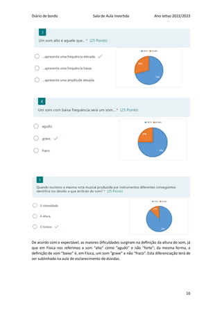 Diário de bordo Sala de Aula Invertida Ano letivo 2022/2023
16
De acordo com o expectável, as maiores dificuldades surgiram na definição da altura do som, já
que em Física nos referimos a som “alto” como “agudo” e não “forte”; da mesma forma, a
definição de som “baixo” é, em Física, um som “grave” e não “fraco”. Esta diferenciação terá de
ser sublinhada na aula de esclarecimento de dúvidas.
 