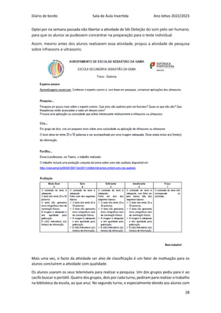 Diário de bordo Sala de Aula Invertida Ano letivo 2022/2023
28
Optei por na semana passada não libertar a atividade de SAI Deteção do som pelo ser humano,
para que os alunos se pudessem concentrar na preparação para o teste individual.
Assim, mesmo antes dos alunos realizarem essa atividade, propus a atividade de pesquisa
sobre infrassons e ultrassons:
Mais uma vez, o facto da atividade ser alvo de classificação é um fator de motivação para os
alunos concluírem a atividade com qualidade.
Os alunos usaram os seus telemóveis para realizar a pesquisa. Um dos grupos pediu para ir ao
cacifo buscar o portátil. Quatro dos grupos, dois por cada turno, pediram para realizar o trabalho
na biblioteca da escola, ao que anuí. No segundo turno, e especialmente devido aos alunos com
 