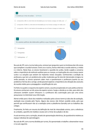 Diário de bordo Sala de Aula Invertida Ano letivo 2022/2023
33
Na aula de 2ªF, com a turma toda junta, comecei por perguntar quem se lembrava das três zonas
que compõem o ouvido humano. Entre uns e outros, fomos referindo o ouvido externo, o médio
e o interno. Nesta fase, os alunos levantaram a questão da surdez, tendo surgido a conversa
sobre a importância do estímulo auditivo para as crianças, as implicações de uma criança nascer
surda e as soluções que existem de implantes nestas situações. Conhecendo a condição da
professora, que tem um problema de surdez moderada que foi alvo de intervenção cirúrgica no
verão passado, os alunos quiseram saber mais e questionaram a professora quanto ao seu
problema e formas de o corrigir, sendo possível explorar a importância da vibração dos ossículos
do ouvido médio para a propagação e amplificação do som.
Foi feito no quadro o esquema do espetro sonoro, assunto já explorado em aula prática anterior.
Os alunos conheciam as três zonas do espetro sonoro. Surgiu a dúvida se os cães, para além dos
ultrassons também ouvem infrassons e a professora deu autorização para que uma aluna
pesquisasse no telemóvel essa informação.
Alertei então para o facto dos trabalhos realizados pelos alunos terem já sido alvo de avaliação,
avaliação essa enviada pelo Teams. Alguns dos alunos não tinham acedido ainda, pelo que
permiti que verificassem não só a avaliação como a plataforma Genially com os trabalhos dos
colegas.
Finalmente, foi feito um resumo da definição de nível de intensidade sonora, com a referência
às unidades, aparelho de medida e escala com o limiar de audição e de dor.
A aula terminou com a correção, através de apresentação eletrónica, do questionário relativo ao
espaço individual de aprendizagem.
Na aula de 4ªF, com a turma dividida por turnos, foi apresentado o trabalho a desenvolver nessa
e na aula seguinte:
 