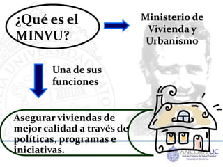 ¿Qué es el                  Ministerio de
                             Vivienda y
MINVU?                       Urbanismo

        Una de sus
        funciones


Asegurar viviendas de
mejor calidad a través de
políticas, programas e
iniciativas.
 