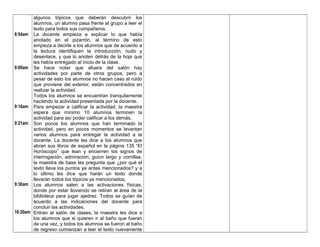 8:54am
9:00am
9:16am
9:21am
9:30am
10:20am
algunos tópicos que deberán descubrir los
alumnos, un alumno pasa frente al grupo a leer el
texto para todos sus compañeros.
La docente empieza a explicar lo que había
anotado en el pizarrón, al término de esto
empieza a decirle a los alumnos que de acuerdo a
la lectura identifiquen la introducción, nudo y
desenlace, y que lo anoten detrás de la hoja que
les había entregado al inicio de la clase.
Se hace notar que afuera del salón hay
actividades por parte de otros grupos, pero a
pesar de esto los alumnos no hacen caso al ruido
que proviene del exterior, están concentrados en
realizar la actividad.
Todos los alumnos se encuentran tranquilamente
haciendo la actividad presentada por la docente.
Para empezar a calificar la actividad, la maestra
espera que mínimo 10 alumnos terminen la
actividad para así poder calificar a los demás.
Son pocos los alumnos que han terminado la
actividad, pero en pocos momentos se levantan
varios alumnos para entregar la actividad a la
docente. La docente les dice a los alumnos que
abran sus libros de español en la página 135 “El
Horóscopo” que lean y encierren los signos de
interrogación, admiración, guion largo y comillas,
la maestra de base les pregunta que ¿por qué el
texto lleva los puntos ya antes mencionados? y a
lo último les dice que harán un texto donde
llevarán todos los tópicos ya mencionados,
Los alumnos salen a las activaciones físicas,
donde por estar lloviendo se retiran al área de la
biblioteca para jugar ajedrez. Todos se guían de
acuerdo a las indicaciones del docente para
concluir las actividades.
Entran al salón de clases, la maestra les dice a
los alumnos que si quieren ir al baño que fueran
de una vez, y todos los alumnos se fueron al baño
de regreso comienzan a leer el texto nuevamente
 